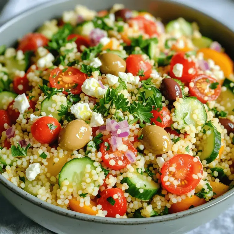 Für diesen leckeren Salat brauchst du: - 1 Tasse Couscous - 1 1/4 Tassen Gemüsebrühe - 1 Tasse Kirschtomaten, halbiert - 1 Gurke, gewürfelt - 1 rote Paprika, gewürfelt - 1/4 rote Zwiebel, fein gehackt - 1/2 Tasse Kalamata-Oliven, entsteint und in Scheiben geschnitten - 1/2 Tasse Feta-Käse, zerbröckelt - 1/4 Tasse frische Petersilie, gehackt Diese Zutaten bringen frische Farben und Geschmäcker in deinen Salat. Couscous ist die Basis, und Gemüse macht ihn knackig. Kirschtomaten und Paprika geben Süße und Knusprigkeit. Feta und Oliven sorgen für einen herzhaften, salzigen Kick. Um deinen mediterranen Couscous-Salat zuzubereiten, benötigst du: - Kochtopf - Große Schüssel - Kleine Schüssel - Gabel Die Küchengeräte sind einfach und leicht zu finden. Ein Kochtopf hilft dir, die Brühe zu erwärmen. Eine große Schüssel ist ideal, um alle Zutaten zu vermengen. Mit einer Gabel kannst du den Couscous auflockern. Diese Utensilien machen das Kochen einfach und schnell. Für das vollständige Rezept schau dir die [Full Recipe] an. Um den perfekten Couscous zu machen, beginne mit der Gemüsebrühe. Koche sie in einem mittelgroßen Topf. Wenn die Brühe kocht, nimm den Topf vom Herd. Füge den Couscous hinzu und rühre gut um. Decke den Topf ab und lasse den Couscous etwa fünf Minuten quellen. Er wird die Brühe aufnehmen und weich werden. Danach lockere den Couscous mit einer Gabel auf und lasse ihn abkühlen. Jetzt kommt der Spaß! Nimm eine große Schüssel und füge die folgenden Zutaten hinzu: halbierte Kirschtomaten, gewürfelte Gurke, rote Paprika, fein gehackte Zwiebel, geschnittene Kalamata-Oliven und zerbröckelten Feta-Käse. Mische alles gut durch. Die Farben sind ein echter Hingucker! In einer kleinen Schüssel mische das Olivenöl, den frischen Zitronensaft, Salz und Pfeffer. Rühre es gut durch, bis alles vermischt ist. Träufle das Dressing über den Salat. Jetzt kommt der letzte Schritt: Mische alles vorsichtig, sodass das Dressing alle Zutaten gut umhüllt. Abschmecken und gegebenenfalls nachwürzen. Du wirst den frischen Geschmack lieben! Für die vollständige Anleitung und Zutatenliste, schau dir das Full Recipe an. Frische Zutaten machen einen großen Unterschied. Wählen Sie reife Kirschtomaten und knackige Gurken. Diese Zutaten geben dem Salat Geschmack und Textur. Auch frische Kräuter sind wichtig. Petersilie oder Minze sorgen für einen frischen Kick. Beim Würzen des Dressings sollten Sie das richtige Gleichgewicht finden. Ein gutes Dressing hat eine Mischung aus Säure und Fett. Verwenden Sie extra natives Olivenöl und frischen Zitronensaft. Fügen Sie Salz und Pfeffer nach Geschmack hinzu. Probieren Sie das Dressing aus, bevor Sie es über den Salat träufeln. So stellen Sie sicher, dass der Geschmack perfekt ist. Sie können viele Zutaten im Voraus vorbereiten. Schneiden Sie Gemüse und lagern Sie es in einem Behälter. So sparen Sie Zeit am Tag der Zubereitung. Couscous kann auch im Voraus gekocht werden. Lassen Sie ihn einfach abkühlen, bevor Sie ihn lagern. Eine einfache Methode zur Verkürzung der Zubereitungszeit ist die Verwendung von vorgekochtem Couscous. Viele Geschäfte bieten dies an. Sie müssen ihn nur mit heißem Wasser übergießen. Das spart Ihnen wertvolle Minuten in der Küche. Die Präsentation des Salats ist wichtig. Servieren Sie ihn in einer großen Schüssel. Garnieren Sie ihn mit frischer Petersilie und ganzen Oliven. Diese kleinen Details machen den Salat noch ansprechender. Ein weiterer Vorschlag ist, ein paar Scheiben Zitrone obendrauf zu legen. Das sieht nicht nur schön aus, sondern bringt auch frischen Geschmack. Träufeln Sie kurz vor dem Servieren mehr Olivenöl und Zitronensaft darüber. So wird der Geschmack intensiviert. Sie finden die vollständige Anleitung in der [Full Recipe]. {{image_4}} Du kannst deinen Couscous-Salat leicht anpassen. Eine tolle Variante ist, Quinoa anstelle von Couscous zu verwenden. Quinoa ist glutenfrei und hat einen nussigen Geschmack. Das macht deinen Salat noch gesünder und interessanter. Überlege auch, Avocado oder Artischocken hinzuzufügen. Beide Zutaten bringen eine cremige Textur und einen frischen Geschmack. Avocado macht den Salat reichhaltiger, während Artischocken einen herzhaften Kick geben. Die Saison beeinflusst, was du in deinen Salat gibst. Im Winter sind Mandarinen oder Granatapfelkerne eine gute Wahl. Sie bringen Süße und Farbe in dein Gericht. Frische Kräuter wie Basilikum oder Minze sind perfekt für den Sommer. Diese Kräuter geben deinem Salat ein frisches Aroma und einen tollen Duft. Wenn du eine vegane Version machen möchtest, ersetze den Feta mit veganem Käse. Es gibt viele Marken, die einen tollen Geschmack bieten. Außerdem kannst du ein Dressing ohne tierische Produkte machen. Verwende einfach Olivenöl, Zitronensaft, und Gewürze. So bleibt der Salat frisch und lecker. Für das komplette Rezept schau dir die [Full Recipe] an. Der mediterrane Couscous-Salat bleibt frisch, wenn du ihn richtig lagerst. Die beste Kühltemperatur liegt bei etwa 4 °C. Achte darauf, den Salat in einem luftdichten Behälter zu lagern. So bleibt er länger knackig und lecker. Frische Zutaten wie Tomaten und Gurken solltest du erst kurz vor dem Servieren hinzufügen. Das hält sie frisch und saftig. Wenn du für eine Party planst, kannst du den Salat leicht im Voraus zubereiten. Bereite den Couscous und das Gemüse einen Tag vorher vor. Lagere sie getrennt im Kühlschrank. Am Tag der Feier mischst du alles zusammen. Reste sind kein Problem. Du kannst sie in einem luftdichten Behälter für bis zu drei Tage aufbewahren. Nach dem Kühlen ist der Salat am besten. Du kannst ihn in einer großen Schüssel anrichten und mit frischer Petersilie garnieren. Das sieht schön aus und zieht die Blicke an. Der Salat schmeckt am besten, wenn du ihn innerhalb von zwei Tagen nach der Zubereitung isst. So bleiben die Aromen frisch und intensiv. Für das beste Geschmackserlebnis, träufel kurz vor dem Servieren etwas zusätzliches Olivenöl und Zitronensaft darüber. Der mediterrane Couscous-Salat hält sich etwa drei bis fünf Tage im Kühlschrank. Es ist wichtig, den Salat in einem luftdichten Behälter zu lagern. So bleibt er frisch und lecker. Achten Sie darauf, den Salat nicht bei Zimmertemperatur stehen zu lassen. Das kann die Haltbarkeit verkürzen. Ja, Sie können den Salat im Voraus zubereiten. Tatsächlich schmeckt er nach ein paar Stunden im Kühlschrank noch besser. Bereiten Sie den Salat einfach nach dem Rezept vor. Lagern Sie ihn dann abgedeckt im Kühlschrank. So können sich die Aromen gut vermischen. Wenn Sie ihn servieren, rühren Sie ihn kurz um und fügen Sie etwas frisches Dressing hinzu. Wenn Sie keinen Feta mögen oder eine andere Diät haben, gibt es viele Alternativen. Sie können Hüttenkäse oder veganen Käse verwenden. Auch Avocado gibt einen tollen Geschmack. Für eine salzige Note können Sie auch geräucherten Tofu probieren. So bleibt der Salat lecker und passt zu Ihren Bedürfnissen. Couscous gilt als gesundes Lebensmittel. Es ist reich an Kohlenhydraten, was Ihnen Energie gibt. Zudem enthält es Ballaststoffe, die gut für die Verdauung sind. Couscous hat auch einige Vitamine und Mineralstoffe. Es ist eine gute Wahl für eine ausgewogene Ernährung. Wenn Sie Vollkorn-Couscous wählen, haben Sie noch mehr Nährstoffe. Der mediterrane Couscous-Salat ist einfach und lecker. Wir haben die Zutaten, die Zubereitung und Tipps besprochen. Frische Produkte machen den Salat besonders. Variieren Sie gerne, um ihn Ihrem Geschmack anzupassen. Denken Sie daran, den Salat kühl zu lagern, um ihn frisch zu halten. Mit diesen Ideen und Hinweisen gelingt Ihnen der perfekte Salat für jede Gelegenheit. Viel Spaß beim Ausprobieren!