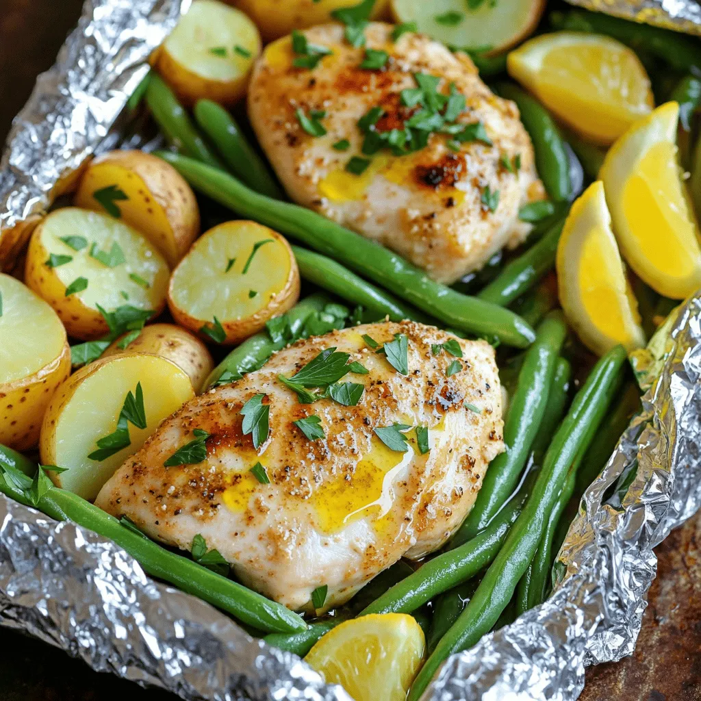 - Hähnchenbrustfilets - Ranch-Gewürzmischung - Babykartoffeln - Grüne Bohnen - Olivenöl - Gewürze: Salz und Pfeffer - Garnitur und Beilagen Für die Ranch Chicken Foil Packets brauchen wir einige frische Zutaten. Zuerst sind da die Hähnchenbrustfilets. Sie sind mager und saftig. Dann verwenden wir eine Ranch-Gewürzmischung. Diese Mischung bringt einen tollen Geschmack. Die Babykartoffeln sind klein und perfekt für dieses Gericht. Sie schmecken köstlich, wenn sie garen. Grüne Bohnen sind der nächste wichtige Teil. Sie fügen Farbe und Crunch hinzu. Vergessen Sie nicht das Olivenöl. Es hilft, die Aromen zu verbinden. Salz und Pfeffer sind wichtig für den Geschmack. Schließlich können Sie frische Petersilie als Garnitur verwenden. Zitronenspalten sind eine tolle Beilage. Sie geben einen frischen Kick. Insgesamt sind diese Zutaten einfach zu finden. Sie bringen das Gericht zu einem neuen Level. Probieren Sie die Ranch Chicken Foil Packets mit diesen frischen Zutaten. Es wird lecker! Heizen Sie Ihren Grill oder Ofen auf 200°C (400°F) vor. Dies sorgt dafür, dass die Päckchen gleichmäßig garen. Schneiden Sie vier große Stücke Alufolie aus, etwa 30 cm lang. Achten Sie darauf, dass die Folie groß genug ist, um die Zutaten gut einzupacken. Geben Sie die Hähnchenbrustfilets in eine mittlere Schüssel. Träufeln Sie das Olivenöl darüber. Streuen Sie die Ranch-Gewürzmischung gleichmäßig über die Hähnchen. Reiben Sie die Mischung gut ein, damit der Geschmack durchdringt. Dies macht Ihr Hähnchen zart und würzig. In der Mitte jedes Aluminiumfolienstücks platzieren Sie eine Portion der halbierten Babykartoffeln und die geputzten grünen Bohnen. Diese Gemüsemischung sorgt für eine gesunde Beilage. Legen Sie ein gewürztes Hähnchenbrustfilet auf das Gemüse in jedem Päckchen. Würzen Sie nach Belieben mit zusätzlichem Salz und Pfeffer. Falten Sie die Folienpakete sorgfältig zusammen. Achten Sie darauf, dass kein Dampf entweichen kann. Legen Sie die Pakete direkt auf den Grill oder in den Ofen. Garen Sie sie etwa 25-30 Minuten, bis das Hähnchen durchgegart und das Gemüse zart ist. Öffnen Sie die Pakete vorsichtig, um den Dampf nicht zu verletzen. Überprüfen Sie, dass das Hähnchen innen nicht mehr rosa ist. Wenn alles gut aussieht, garnieren Sie die Päckchen mit frischer Petersilie. Servieren Sie sie mit Zitronenspalten, um den Geschmack zu verstärken. Für das vollständige Rezept schauen Sie sich die [Full Recipe] an. Die Garzeit ist der Schlüssel für zartes Hähnchen. Bei einem Grill verwenden Sie eine mittlere Hitze. Das Hähnchen sollte etwa 25-30 Minuten garen. Im Ofen sind die 200°C ideal. Die Zeit bleibt gleich. Prüfen Sie das Hähnchen nach etwa 25 Minuten. Es sollte nicht mehr rosa sein. Variieren Sie die Zutaten nach Ihrem Geschmack. Sie können das Gemüse ändern. Brokkoli und Paprika passen gut. Möchten Sie etwas Schärfe? Fügen Sie Jalapeños hinzu. Für eine süßere Note probieren Sie Karotten anstelle von grünen Bohnen. Die Ranch-Gewürzmischung kann auch durch Barbecue-Gewürz ersetzt werden. Suchen Sie leichtere Alternativen? Nutzen Sie Hähnchenbrust ohne Haut. Statt Olivenöl können Sie auch Brühe verwenden. Für weniger Kohlenhydrate ersetzen Sie die Babykartoffeln durch Blumenkohl. Das macht das Gericht gesünder, ohne den Geschmack zu verlieren. {{image_4}} Für eine vegetarische Version kannst du Hähnchen durch Tofu ersetzen. Achte darauf, festen Tofu zu verwenden. Schneide ihn in Würfel und mariniere ihn in der Ranch-Gewürzmischung. Du kannst auch glutenfreies Gemüse wie Zucchini, Paprika und Karotten verwenden. Diese bringen Farbe und Geschmack in dein Gericht. Möchtest du einen asiatischen Twist? Nutze Sojasauce und frischen Ingwer. Anstatt der Ranch-Gewürzmischung, wähle eine Mischung aus Sojasauce und Sesamöl. Füge einige geschnittene Frühlingszwiebeln und Brokkoli hinzu. So erhältst du einen ganz neuen Geschmack in deinen Päckchen. Für die Kinder kannst du die Gewürze anpassen. Halte die Ranch-Gewürzmischung leicht. Du kannst auch weniger Salz verwenden. Füge etwas Honig hinzu, um das Essen süßer zu machen. Kinder mögen oft mildere Aromen, also wähle Gemüse, das sie gerne essen, wie Erbsen oder Karotten. Um die Reste von Ranch Chicken Foil Packets frisch zu halten, sollten Sie sie schnell kühlen. Stellen Sie die Päckchen zuerst auf Raumtemperatur ab. Dann legen Sie sie in einen luftdichten Behälter. Sie können sie auch in Frischhaltefolie einwickeln. Lagern Sie die Reste im Kühlschrank. Dort bleiben sie bis zu drei Tage frisch. Im Gefrierschrank halten sie bis zu drei Monate. Achten Sie darauf, die Päckchen gut zu versiegeln. Der beste Weg, um den Geschmack und die Textur zu erhalten, ist das Erwärmen im Ofen. Heizen Sie den Ofen auf 180°C vor. Legen Sie die Päckchen auf ein Backblech und backen Sie sie für etwa 15-20 Minuten. Alternativ können Sie die Päckchen in der Mikrowelle erwärmen. Decken Sie sie mit einem feuchten Papiertuch ab, um die Feuchtigkeit zu halten. So bleibt das Hähnchen zart und das Gemüse knackig. Die Haltbarkeit der Zutaten ist wichtig. Frische Hähnchenbrust sollte innerhalb von ein bis zwei Tagen verwendet werden. Lagern Sie sie im Kühlschrank. Babykartoffeln und grüne Bohnen bleiben länger frisch, etwa eine Woche. Achten Sie darauf, dass die Bohnen knackig und hellgrün sind. Wenn Sie die Zutaten gut lagern, erhalten Sie den besten Geschmack in Ihren Päckchen. Ja, du kannst Ranch Chicken Foil Packets im Ofen zubereiten. Heize deinen Ofen auf 200°C (400°F) vor. Der Garprozess bleibt gleich. Lege die Päckchen auf ein Backblech und backe sie 25-30 Minuten lang. Achte darauf, dass das Hähnchen gut durchgegart ist. Diese Methode gibt dir ein tolles Ergebnis. Du kannst die Päckchen im Kühlschrank bis zu drei Tage aufbewahren. Stelle sicher, dass sie gut abgedeckt sind. Wenn du Reste hast, friere sie ein. So bleiben sie bis zu drei Monate frisch. Vor dem Essen musst du sie gut aufwärmen. Achte darauf, dass das Hähnchen nicht mehr rosa ist. Es gibt viele schnelle und einfache Beilagen. Hier sind einige Ideen: - Reis oder Quinoa - Gemischter Salat - Gegrilltes Gemüse - Baguette oder Brötchen Diese Beilagen ergänzen das Gericht gut und machen es noch schmackhafter. Du kannst deine Beilagen nach dem Geschmack deiner Familie auswählen. Die Zubereitung von Ranch Chicken Foil Packets ist einfach und lecker. Wir haben die Zutaten, die Schritt-für-Schritt-Anleitung und nützliche Tipps behandelt. Auch Variationen für verschiedene Geschmäcker wurden angeboten. Denke daran, kreativ zu sein und Anpassungen vorzunehmen. Ob vegetarisch oder kinderfreundlich, es gibt viele Optionen. Reste lassen sich leicht lagern und wieder aufwärmen. Mit diesen Tipps wirst du bald selbst zum Grillprofi. Erfreue dich an diesem köstlichen und praktischen Gericht!