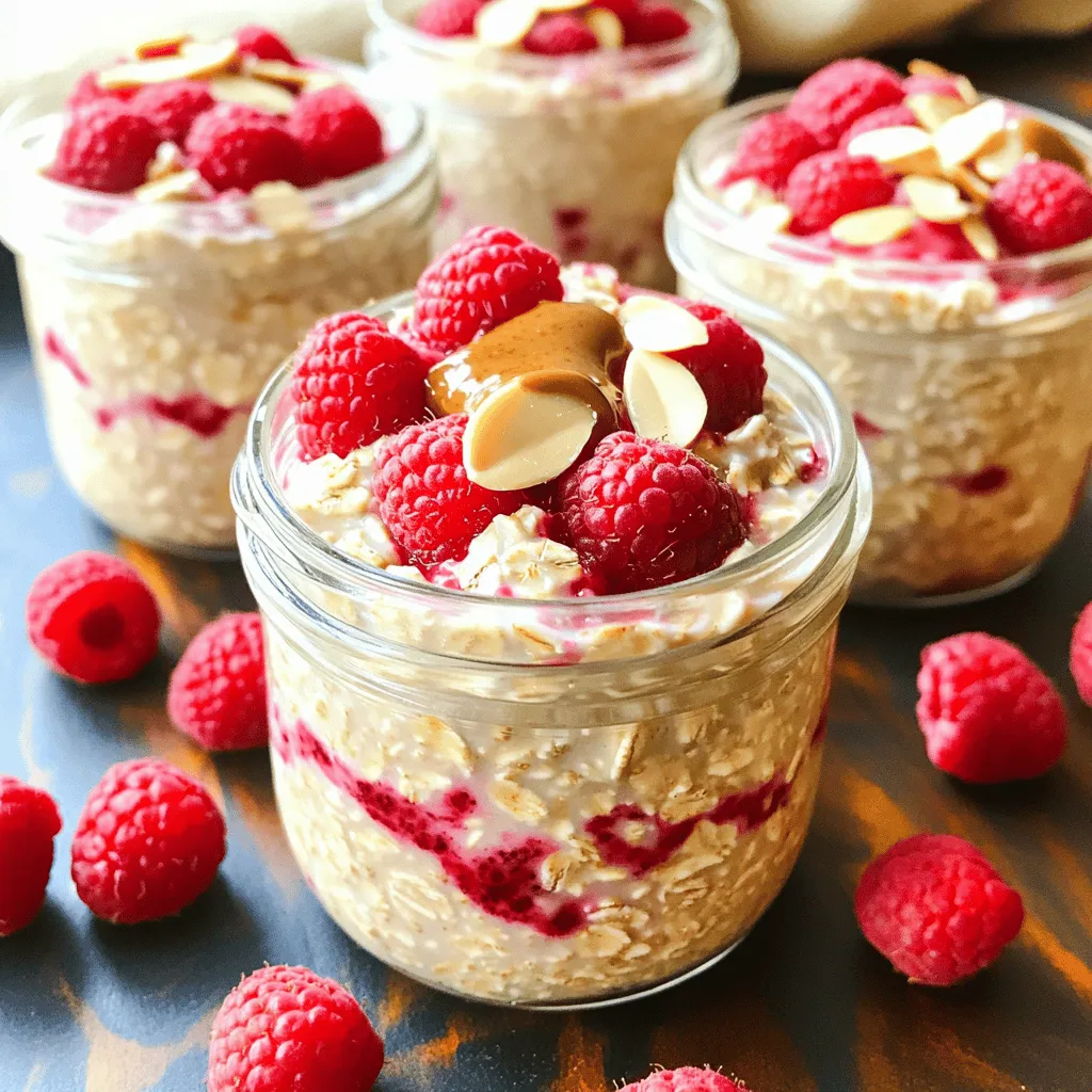 Für diese gesunde Morgenmahlzeit brauchst du nur einige einfache Zutaten: - 1 Tasse Haferflocken - 1 Tasse Mandelmilch (oder eine Milch nach Wahl) - 1/2 Tasse frische Himbeeren (plus extra zum Garnieren) - 1 Esslöffel Mandelbutter - 1 Esslöffel Chiasamen - 1 Esslöffel Ahornsirup (oder Honig) - 1/2 Teelöffel Vanilleextrakt - Eine Prise Salz - Gespaltene Mandeln zur Dekoration Diese Zutaten bilden die Basis für ein cremiges und leckeres Frühstück. Haferflocken geben dir Ballaststoffe. Mandelmilch sorgt für einen nussigen Geschmack. Himbeeren bringen Frische und eine süße Note. Du kannst die Overnight Oats nach deinem Geschmack anpassen. Hier sind einige Vorschläge: - Andere Beeren wie Erdbeeren oder Blaubeeren - Griechischer Joghurt für mehr Protein - Zimt für einen wärmenden Geschmack - Kokosraspeln für zusätzlichen Crunch Diese Variationen helfen dir, jeden Tag etwas Neues zu genießen. Probiere verschiedene Kombinationen aus, um deine Lieblinge zu finden. Jede Zutat in diesen Himbeer-Mandel Overnight Oats hat ihre Vorteile: - Haferflocken: Reich an Ballaststoffen, gut für die Verdauung. - Mandelmilch: Kalorienarm und enthält gesunde Fette. - Himbeeren: Voller Antioxidantien und Vitamine, gut für dein Immunsystem. - Chiasamen: Sie liefern Omega-3-Fettsäuren und Ballaststoffe. - Mandelbutter: Bietet Eiweiß und gesunde Fette für mehr Energie. Diese Zutaten sorgen zusammen für eine nahrhafte und sättigende Mahlzeit. Du bekommst nicht nur Energie, sondern auch viele Nährstoffe. Für das vollständige Rezept schau dir den Full Recipe an. Um die Himbeer-Mandel Overnight Oats zuzubereiten, benötigst du frische und hochwertige Zutaten. Das sind: - 1 Tasse Haferflocken - 1 Tasse Mandelmilch (oder eine Milch nach Wahl) - 1/2 Tasse frische Himbeeren (plus extra zum Garnieren) - 1 Esslöffel Mandelbutter - 1 Esslöffel Chiasamen - 1 Esslöffel Ahornsirup (oder Honig) - 1/2 Teelöffel Vanilleextrakt - Eine Prise Salz - Gespaltene Mandeln zur Dekoration Stelle sicher, dass deine Himbeeren frisch sind. Das gibt den Overnight Oats einen tollen Geschmack. Nimm eine mittelgroße Schüssel und füge die Haferflocken, Mandelmilch und Mandelbutter hinzu. Dann kommen die Chiasamen, Ahornsirup, Vanilleextrakt und eine Prise Salz dazu. Mische alles gut. Achte darauf, dass alles gleichmäßig verteilt ist. Jetzt ist es Zeit, die Himbeeren vorsichtig unterzuheben. Du möchtest, dass ein paar ganze Himbeeren bleiben. Diese geben der Mischung eine schöne Textur. Fülle die Mischung in Gläser oder einen Behälter. Verschließe sie gut und stelle sie in den Kühlschrank. Lass die Overnight Oats über Nacht einweichen. Wenn du am Morgen aufwachst, rühre die Oats gut um. Wenn sie zu dick sind, füge etwas mehr Mandelmilch hinzu. Garniere die Oats mit frischen Himbeeren und gesplitterten Mandeln. So machst du das Frühstück nicht nur lecker, sondern auch schön! Um die Himbeer-Mandel Overnight Oats zuzubereiten, benutze eine große Schüssel. Mische zuerst die trockenen Zutaten gut. Das sorgt für einen gleichmäßigen Geschmack. Dann füge die flüssigen Zutaten hinzu. Rühre alles vorsichtig um. So bleiben die Himbeeren ganz und geben einen frischen Biss. Ein häufiger Fehler ist, die Himbeeren zu stark zu zerdrücken. Das macht die Oats matschig. Achte darauf, dass du sie sanft unterhebst. Ein weiterer Fehler ist, die Overnight Oats zu kurz einzuweichen. Lass sie mindestens 4-6 Stunden im Kühlschrank. So werden die Haferflocken weich und nehmen die Aromen auf. Die perfekte Konsistenz hängt von der Flüssigkeitsmenge ab. Wenn deine Mischung zu dick ist, füge mehr Mandelmilch hinzu. Rühre gut um, bis die gewünschte Konsistenz erreicht ist. Manchmal mag ich auch einen Löffel Joghurt für eine cremigere Textur. Probiere es aus! So kannst du deine eigene Note hinzufügen. {{image_4}} Du kannst die Himbeeren leicht gegen andere Früchte austauschen. Erdbeeren sind eine gute Wahl. Sie bieten eine süße Note. Blaubeeren sind ebenfalls lecker und voller Antioxidantien. Du kannst sogar gefrorene Früchte nutzen. Diese sind oft günstiger und halten länger. Einfach am Abend vorher aufgetaut in die Mischung geben. Falls du Nüsse meiden musst, gibt es tolle Alternativen. Statt Mandelbutter kannst du Sonnenblumenbutter nutzen. Diese hat einen ähnlichen Geschmack und ist nussfrei. Sojamilch oder Hafermilch sind auch gute Optionen. Sie sind cremig und passen gut zu den Haferflocken. So bleibt dein Frühstück nussfrei und trotzdem lecker. Du kannst die Süße nach deinem Geschmack anpassen. Anstelle von Ahornsirup kannst du Honig verwenden. Wenn du es vegan magst, probiere Agavendicksaft. Auch Kokosblütenzucker ist eine tolle Option. Er hat einen leichten Karamellgeschmack und ist weniger süß. Spiele mit den Süßungsmitteln, um deine ideale Mischung zu finden. Für das komplette Rezept besuche die Seite [Full Recipe]. Um die Himbeer-Mandel Overnight Oats frisch zu halten, benutze einen luftdichten Behälter. Das hilft, Feuchtigkeit und Gerüche fernzuhalten. Du kannst sie in Gläsern oder speziellen Vorratsbehältern aufbewahren. Achte darauf, die Oats gut zu verschließen, um die Frische zu bewahren. Im Kühlschrank halten sich die Overnight Oats bis zu fünf Tage. Das bedeutet, dass du sie am Sonntag zubereiten und für die ganze Woche genießen kannst. Achte darauf, die Oats vor dem Essen gut umzurühren. Falls sie zu dick sind, füge einfach einen Schuss Mandelmilch hinzu, um die Konsistenz zu verbessern. Du kannst die Overnight Oats auch einfrieren, wenn du sie länger aufbewahren möchtest. Fülle die Mischung in gefrierfeste Behälter oder Beutel. Achte darauf, etwas Platz zu lassen, da die Oats beim Einfrieren expandieren. Wenn du bereit bist zu essen, taue die Oats im Kühlschrank über Nacht auf. So bleiben die Aromen und die Textur in bester Form. Du kannst die Overnight Oats bis zu fünf Tage im Voraus zubereiten. Das macht sie ideal für eine schnelle Frühstücksoption. Stelle sicher, dass du die Oats in einem luftdichten Behälter aufbewahrst. So bleiben sie frisch. Ja, du kannst die Haferflocken auch warm servieren. Erwärme sie einfach in der Mikrowelle oder auf dem Herd. Füge ein wenig mehr Mandelmilch hinzu, um die gewünschte Konsistenz zu erreichen. Es ist eine tolle Abwechslung, vor allem an kalten Tagen. Wenn du keine Mandelmilch verwenden möchtest, gibt es viele Alternativen. Du kannst Hafermilch, Sojamilch oder Kokosmilch nehmen. Jede Milch hat ihren eigenen Geschmack. Probiere verschiedene Sorten aus, um zu sehen, was dir am besten gefällt. Über Nacht Haferflocken sind einfach zuzubereiten und gesund. Wir haben die Haupt- und weitere Zutaten besprochen, um den besten Geschmack und Nährwerte zu erreichen. Die Schritt-für-Schritt-Anleitung zeigt, wie du sie richtig machst. Denk an Tipps, um Fehler zu vermeiden. Du kannst kreativ sein mit verschiedenen Früchten und Süßungsmitteln. Bei der Lagerung bleibt alles frisch. Letztlich sind diese Haferflocken eine tolle Idee für Snacks oder Frühstück. Mach es einfach selbst und genieße!