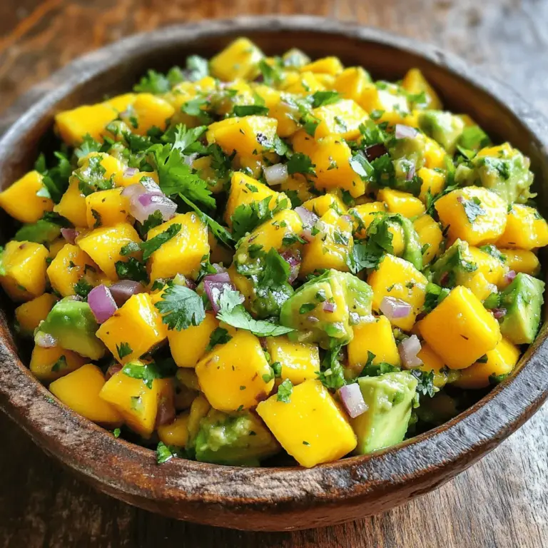 Für eine leckere Mango Salsa mit Avocado brauchst du folgende Hauptzutaten: - 1 reife Mango, gewürfelt - 2 reife Avocados, gewürfelt - 1 kleine rote Zwiebel, fein gehackt - 1 Jalapeño-Paprika, entkernt und fein gehackt - 1/4 Tasse frischer Koriander, gehackt - Saft von 1 Limette Diese Zutaten bringen frische und Farbe auf deinen Tisch. Die Mango gibt süßen Geschmack, während die Avocado eine cremige Textur liefert. Um die Aromen zu verstärken, füge Salz und Pfeffer nach Geschmack hinzu. Optional kannst du auch 1/2 Teelöffel gemahlenen Kreuzkümmel für extra Tiefe verwenden. Diese Gewürze sind wichtig, um das Gericht abzurunden. Für die Zubereitung benötigst du: - Ein scharfes Messer - Ein Schneidebrett - Eine große Schüssel zum Mischen - Einen Löffel zum Mischen Mit diesen Utensilien wird das Kochen zum Kinderspiel. Halte alles bereit, um die Mango Salsa schnell und einfach zuzubereiten. Wenn du mehr über die Zubereitung erfahren möchtest, schau dir das [Full Recipe] an. Zuerst nimmst du die reife Mango. Schale sie vorsichtig ab, damit du das Fruchtfleisch nicht verletzt. Schneide die Mango in kleine Würfel. Achte darauf, die Würfel gleichmäßig zu schneiden, damit die Salsa gut aussieht. Gib die gewürfelte Mango in eine große Schüssel. Jetzt ist die Avocado dran. Nimm zwei reife Avocados, schäle sie und würfle sie ebenfalls. Sei vorsichtig, dass du die Avocados nicht zerdrückst. Füge die Avocados in die Schüssel mit der Mango hinzu. Danach hacke eine kleine rote Zwiebel fein und gib sie zur Mischung. Schneide eine Jalapeño in kleine Stücke und füge sie hinzu. Du kannst die Menge anpassen, je nach deinem Geschmack. Schneide frischen Koriander und füge ihn zur Schüssel hinzu. Presse den Saft einer Limette darüber. Das gibt der Salsa eine frische Note. Wenn du magst, streue etwas Kreuzkümmel für mehr Geschmack hinein. Mische alle Zutaten vorsichtig untereinander. Schmecke die Salsa mit Salz und Pfeffer ab. Rühre alles gut um, damit sich die Gewürze verteilen. Lass die Salsa etwa 10 Minuten ruhen, damit die Aromen sich entfalten. Diese klare Anleitung hilft dir, die perfekte Mango Salsa mit Avocado zu machen. Du kannst das komplette Rezept auch [hier finden](#). Wähle eine Mango, die leicht auf Druck gibt. Eine reife Mango hat eine schöne Farbe. Sie sollte nicht zu hart sein. Bei Avocados drücke sanft, um die Reife zu testen. Die perfekte Avocado gibt leicht nach. Um sicher zu sein, schaue auf die Farbe. Eine dunkle Haut zeigt oft, dass sie reif ist. Jalapeños sind toll, um deiner Salsa einen Kick zu geben. Du kannst die Menge leicht anpassen. Für weniger Schärfe entferne die Kerne. Schneide den Jalapeño in kleine Stücke. Wenn du mehr Schärfe magst, füge einfach mehr hinzu. Achte darauf, dass die Schärfe nicht die anderen Aromen überdeckt. Serviere die Mango Salsa in einer hübschen Schüssel. Sie sieht toll aus mit frischen Korianderblättern oben drauf. Limettenscheiben geben einen tollen Akzent. Diese Salsa passt super zu Tortillachips. Du kannst sie auch zu gegrilltem Fleisch anbieten. Sie bringt Farbe und Geschmack auf den Teller. Für die volle Erfahrung, probiere sie mit frischen Tacos oder Burritos. Für das vollständige Rezept, schau dir die [Full Recipe] an. {{image_4}} Eine großartige Art, Mango Salsa zu variieren, ist, andere Früchte hinzuzufügen. Du kannst Ananas oder Pfirsiche verwenden. Diese Früchte bringen eine süße Note. Sie passen gut zur Mango und Avocado. - Füge gewürfelte Ananas hinzu. - Verwende frische Pfirsiche für einen fruchtigen Kick. - Probiere auch Kiwi für eine besondere Farbe. Kräuter sind der Schlüssel zu gutem Geschmack. Du kannst den Koriander durch andere Kräuter ersetzen. Dill oder Minze geben der Salsa eine frische Note. - Verwende frische Minze für einen kühlenden Effekt. - Dill passt gut zu Fischgerichten. - Experimentiere mit Basilikum für eine italienische Note. Die Mango Salsa ist bereits vegan und glutenfrei. Du kannst sie ganz einfach anpassen. Verwende Limettensaft und frische Zutaten. So bleibt die Salsa frisch und gesund. - Achte darauf, keine tierischen Produkte hinzuzufügen. - Verwende glutenfreie Tortillachips dazu. - Du kannst auch Quinoa oder Reis hinzufügen, um die Salsa herzhaft zu machen. Mit diesen Variationen wird deine Mango Salsa jedes Mal anders und spannend. Teile sie mit Freunden oder genieße sie allein! Für die vollständige Zubereitung, sieh dir das Full Recipe an. Lagere deine Mango Salsa in einem luftdichten Behälter. Verwende einen Behälter, der gut schließt. Dies hilft, die Frische zu bewahren. Du kannst die Salsa auch in kleinen Portionen einfrieren. So hast du immer einen leckeren Snack bereit. Achte darauf, die Salsa vor dem Einfrieren gut zu mischen. Im Kühlschrank hält sich die Mango Salsa etwa 2 bis 3 Tage. Nach dieser Zeit kann die Salsa matschig werden. Wenn du eine Veränderung im Geruch bemerkst, schmeiß sie weg. Wenn die Salsa frisch aussieht, kannst du sie noch verwenden. Restliche Mango Salsa kannst du vielseitig nutzen. Verwende sie als Topping für Tacos oder Burritos. Sie passt auch gut zu gegrilltem Fisch oder Hühnchen. Du kannst die Salsa auch in Salate mischen. So erhält dein Gericht einen fruchtigen Kick. Eine weitere Idee ist, sie auf Sandwiches zu streichen. Sie gibt jedem Biss eine frische Note. Ja, du kannst die Salsa im Voraus machen. Lass sie einfach im Kühlschrank stehen. Die Aromen werden stärker, wenn sie etwas Zeit haben, um zu ziehen. Ich empfehle, die Salsa nicht länger als einen Tag vorher zu machen. So bleibt die Frische der Avocados und Mango erhalten. Tortillachips sind die beste Wahl für diese Salsa. Sie sind knusprig und haben einen tollen Geschmack. Du kannst auch Gemüsesnacks probieren, wie Karotten oder Sellerie. Diese geben einen frischen Biss und passen gut zu der fruchtigen Salsa. Für eine große Party kannst du die Menge einfach verdoppeln oder verdreifachen. Achte darauf, alle Zutaten gleichmäßig zu erhöhen. Wenn du Gäste mit verschiedenen Geschmäckern hast, kannst du auch etwas weniger Jalapeño verwenden. So kann jeder die Salsa genießen. Für mehr Vielfalt, biete verschiedene Chips oder Brot an, um die Salsa zu servieren. Diese Informationen helfen dir, das Beste aus deiner Mango Salsa mit Avocado herauszuholen. Schau dir auch das Full Recipe an, um alle Schritte zu sehen! Mango Salsa ist einfach zu machen und voll guter Aromen. Wir haben die Hauptzutaten, Gewürze und wichtige Utensilien behandelt. Die Schritt-für-Schritt-Anleitung hilft dir, die perfekte Mischung zu schaffen. Du kannst die Reife der Früchte beachten und die Schärfe anpassen. Außerdem zeigen wir dir kreative Variationen und die richtige Lagerung. Nutze die Tipps, um Reste lecker zu verwerten. Probier es aus und genieße diese frische Salsa bei deinem nächsten Snack oder Fest!