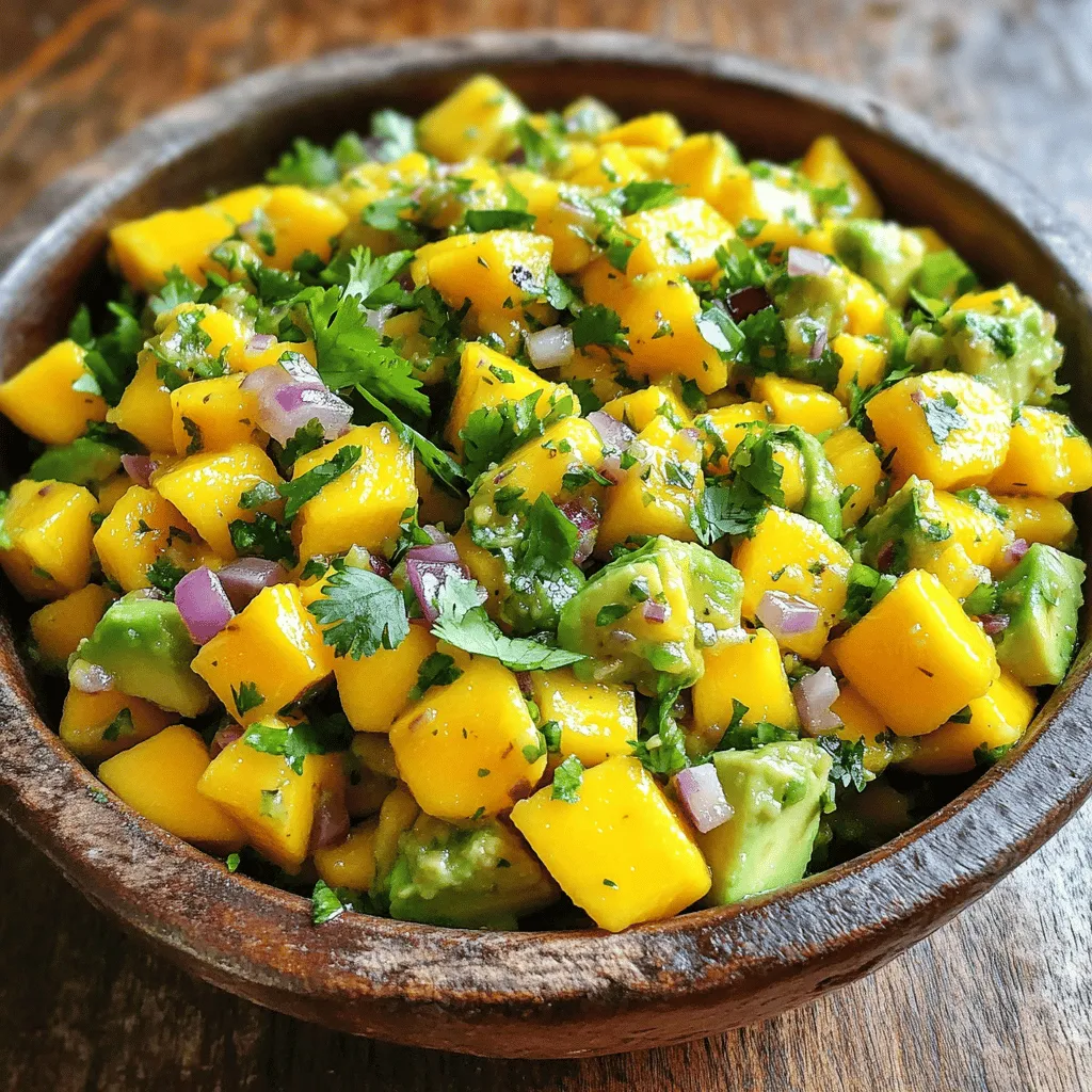 Für eine leckere Mango Salsa mit Avocado brauchst du folgende Hauptzutaten: - 1 reife Mango, gewürfelt - 2 reife Avocados, gewürfelt - 1 kleine rote Zwiebel, fein gehackt - 1 Jalapeño-Paprika, entkernt und fein gehackt - 1/4 Tasse frischer Koriander, gehackt - Saft von 1 Limette Diese Zutaten bringen frische und Farbe auf deinen Tisch. Die Mango gibt süßen Geschmack, während die Avocado eine cremige Textur liefert. Um die Aromen zu verstärken, füge Salz und Pfeffer nach Geschmack hinzu. Optional kannst du auch 1/2 Teelöffel gemahlenen Kreuzkümmel für extra Tiefe verwenden. Diese Gewürze sind wichtig, um das Gericht abzurunden. Für die Zubereitung benötigst du: - Ein scharfes Messer - Ein Schneidebrett - Eine große Schüssel zum Mischen - Einen Löffel zum Mischen Mit diesen Utensilien wird das Kochen zum Kinderspiel. Halte alles bereit, um die Mango Salsa schnell und einfach zuzubereiten. Wenn du mehr über die Zubereitung erfahren möchtest, schau dir das [Full Recipe] an. Zuerst nimmst du die reife Mango. Schale sie vorsichtig ab, damit du das Fruchtfleisch nicht verletzt. Schneide die Mango in kleine Würfel. Achte darauf, die Würfel gleichmäßig zu schneiden, damit die Salsa gut aussieht. Gib die gewürfelte Mango in eine große Schüssel. Jetzt ist die Avocado dran. Nimm zwei reife Avocados, schäle sie und würfle sie ebenfalls. Sei vorsichtig, dass du die Avocados nicht zerdrückst. Füge die Avocados in die Schüssel mit der Mango hinzu. Danach hacke eine kleine rote Zwiebel fein und gib sie zur Mischung. Schneide eine Jalapeño in kleine Stücke und füge sie hinzu. Du kannst die Menge anpassen, je nach deinem Geschmack. Schneide frischen Koriander und füge ihn zur Schüssel hinzu. Presse den Saft einer Limette darüber. Das gibt der Salsa eine frische Note. Wenn du magst, streue etwas Kreuzkümmel für mehr Geschmack hinein. Mische alle Zutaten vorsichtig untereinander. Schmecke die Salsa mit Salz und Pfeffer ab. Rühre alles gut um, damit sich die Gewürze verteilen. Lass die Salsa etwa 10 Minuten ruhen, damit die Aromen sich entfalten. Diese klare Anleitung hilft dir, die perfekte Mango Salsa mit Avocado zu machen. Du kannst das komplette Rezept auch [hier finden](#). Wähle eine Mango, die leicht auf Druck gibt. Eine reife Mango hat eine schöne Farbe. Sie sollte nicht zu hart sein. Bei Avocados drücke sanft, um die Reife zu testen. Die perfekte Avocado gibt leicht nach. Um sicher zu sein, schaue auf die Farbe. Eine dunkle Haut zeigt oft, dass sie reif ist. Jalapeños sind toll, um deiner Salsa einen Kick zu geben. Du kannst die Menge leicht anpassen. Für weniger Schärfe entferne die Kerne. Schneide den Jalapeño in kleine Stücke. Wenn du mehr Schärfe magst, füge einfach mehr hinzu. Achte darauf, dass die Schärfe nicht die anderen Aromen überdeckt. Serviere die Mango Salsa in einer hübschen Schüssel. Sie sieht toll aus mit frischen Korianderblättern oben drauf. Limettenscheiben geben einen tollen Akzent. Diese Salsa passt super zu Tortillachips. Du kannst sie auch zu gegrilltem Fleisch anbieten. Sie bringt Farbe und Geschmack auf den Teller. Für die volle Erfahrung, probiere sie mit frischen Tacos oder Burritos. Für das vollständige Rezept, schau dir die [Full Recipe] an. {{image_4}} Eine großartige Art, Mango Salsa zu variieren, ist, andere Früchte hinzuzufügen. Du kannst Ananas oder Pfirsiche verwenden. Diese Früchte bringen eine süße Note. Sie passen gut zur Mango und Avocado. - Füge gewürfelte Ananas hinzu. - Verwende frische Pfirsiche für einen fruchtigen Kick. - Probiere auch Kiwi für eine besondere Farbe. Kräuter sind der Schlüssel zu gutem Geschmack. Du kannst den Koriander durch andere Kräuter ersetzen. Dill oder Minze geben der Salsa eine frische Note. - Verwende frische Minze für einen kühlenden Effekt. - Dill passt gut zu Fischgerichten. - Experimentiere mit Basilikum für eine italienische Note. Die Mango Salsa ist bereits vegan und glutenfrei. Du kannst sie ganz einfach anpassen. Verwende Limettensaft und frische Zutaten. So bleibt die Salsa frisch und gesund. - Achte darauf, keine tierischen Produkte hinzuzufügen. - Verwende glutenfreie Tortillachips dazu. - Du kannst auch Quinoa oder Reis hinzufügen, um die Salsa herzhaft zu machen. Mit diesen Variationen wird deine Mango Salsa jedes Mal anders und spannend. Teile sie mit Freunden oder genieße sie allein! Für die vollständige Zubereitung, sieh dir das Full Recipe an. Lagere deine Mango Salsa in einem luftdichten Behälter. Verwende einen Behälter, der gut schließt. Dies hilft, die Frische zu bewahren. Du kannst die Salsa auch in kleinen Portionen einfrieren. So hast du immer einen leckeren Snack bereit. Achte darauf, die Salsa vor dem Einfrieren gut zu mischen. Im Kühlschrank hält sich die Mango Salsa etwa 2 bis 3 Tage. Nach dieser Zeit kann die Salsa matschig werden. Wenn du eine Veränderung im Geruch bemerkst, schmeiß sie weg. Wenn die Salsa frisch aussieht, kannst du sie noch verwenden. Restliche Mango Salsa kannst du vielseitig nutzen. Verwende sie als Topping für Tacos oder Burritos. Sie passt auch gut zu gegrilltem Fisch oder Hühnchen. Du kannst die Salsa auch in Salate mischen. So erhält dein Gericht einen fruchtigen Kick. Eine weitere Idee ist, sie auf Sandwiches zu streichen. Sie gibt jedem Biss eine frische Note. Ja, du kannst die Salsa im Voraus machen. Lass sie einfach im Kühlschrank stehen. Die Aromen werden stärker, wenn sie etwas Zeit haben, um zu ziehen. Ich empfehle, die Salsa nicht länger als einen Tag vorher zu machen. So bleibt die Frische der Avocados und Mango erhalten. Tortillachips sind die beste Wahl für diese Salsa. Sie sind knusprig und haben einen tollen Geschmack. Du kannst auch Gemüsesnacks probieren, wie Karotten oder Sellerie. Diese geben einen frischen Biss und passen gut zu der fruchtigen Salsa. Für eine große Party kannst du die Menge einfach verdoppeln oder verdreifachen. Achte darauf, alle Zutaten gleichmäßig zu erhöhen. Wenn du Gäste mit verschiedenen Geschmäckern hast, kannst du auch etwas weniger Jalapeño verwenden. So kann jeder die Salsa genießen. Für mehr Vielfalt, biete verschiedene Chips oder Brot an, um die Salsa zu servieren. Diese Informationen helfen dir, das Beste aus deiner Mango Salsa mit Avocado herauszuholen. Schau dir auch das Full Recipe an, um alle Schritte zu sehen! Mango Salsa ist einfach zu machen und voll guter Aromen. Wir haben die Hauptzutaten, Gewürze und wichtige Utensilien behandelt. Die Schritt-für-Schritt-Anleitung hilft dir, die perfekte Mischung zu schaffen. Du kannst die Reife der Früchte beachten und die Schärfe anpassen. Außerdem zeigen wir dir kreative Variationen und die richtige Lagerung. Nutze die Tipps, um Reste lecker zu verwerten. Probier es aus und genieße diese frische Salsa bei deinem nächsten Snack oder Fest!