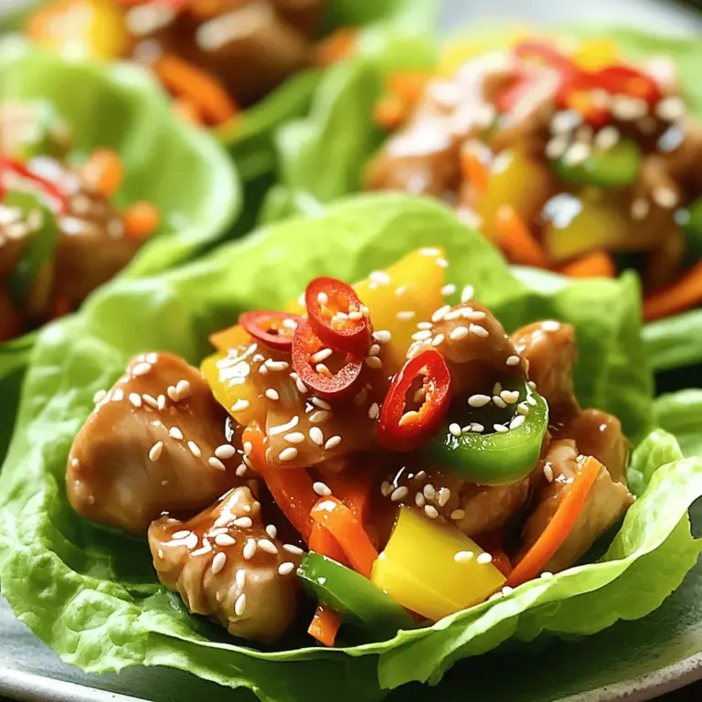Für Teriyaki Chicken Lettuce Wraps brauchen Sie die folgenden Hauptzutaten: - 450 g Hähnchenschenkel, entbeint und ohne Haut, gewürfelt - 100 g Karotten, gerieben - 75 g Paprika, fein gewürfelt (nach Wahl) - 30 g Frühlingszwiebeln, gehackt - 30 g Koriander, gehackt - 1 Kopf Butter- oder Eisbergsalat, Blätter getrennt Diese Zutaten machen die Wraps frisch und knackig. Das Hähnchen sorgt für Geschmack und Protein. Die Marinade gibt den Wraps ihren charakteristischen Teriyaki-Geschmack. Hier sind die Gewürze und Marinade-Zutaten: - 60 ml natriumarme Sojasauce - 30 g brauner Zucker - 15 ml Sesamöl - 15 ml Reisessig - 15 ml frisch geriebener Ingwer - 2 Knoblauchzehen, fein gehackt Diese Zutaten verleihen dem Hähnchen eine süßliche und salzige Note. Die Kombination macht es besonders lecker. Falls Sie keine frischen Zutaten haben, gibt es auch einige Alternativen: - Verwenden Sie gefrorenes Hähnchen, wenn Sie keine frischen finden. - Für Gemüse können Sie auch TK-Mischungen nutzen. - Anstelle von frischem Koriander können Sie auch Petersilie verwenden. Diese Alternativen sind nützlich, wenn Sie schnell etwas zubereiten wollen. Frisch ist ideal, aber auch die anderen Optionen funktionieren gut. Für die vollständige Anleitung zur Zubereitung, schauen Sie sich unbedingt das Full Recipe an. Um die Marinade für Ihre Teriyaki Chicken Lettuce Wraps zu machen, benötigen Sie eine Schüssel. Geben Sie 60 ml natriumarme Sojasauce, 30 g braunen Zucker, 15 ml Sesamöl, 15 ml Reisessig, 15 ml frisch geriebenen Ingwer und 2 fein gehackte Knoblauchzehen in die Schüssel. Rühren Sie alles gut um, bis die Zutaten gut vermischt sind. Diese Mischung gibt dem Hähnchen viel Geschmack. Nehmen Sie 450 g gewürfelte Hähnchenschenkel und legen Sie sie in die Marinade. Stellen Sie sicher, dass das Hähnchen gut bedeckt ist. Lassen Sie das Hähnchen mindestens 15 Minuten marinieren. So können die Aromen gut einziehen. Wenn Sie mehr Zeit haben, marinieren Sie das Hähnchen länger. Diese zusätzliche Zeit macht das Hähnchen zarter und geschmackvoller. Erhitzen Sie eine große Pfanne bei mittlerer Hitze. Geben Sie das marinierte Hähnchen und die gesamte Marinade in die Pfanne. Kochen Sie das Hähnchen unter gelegentlichem Rühren. Nach 8 bis 10 Minuten sollte das Hähnchen durchgegart und die Sauce eingedickt sein. Fügen Sie 100 g geriebene Karotten und 75 g gewürfelte Paprika hinzu. Kochen Sie das Gemüse 2 bis 3 Minuten, bis es zart, aber noch knackig ist. Nehmen Sie die Pfanne vom Herd und rühren Sie 30 g gehackte Frühlingszwiebeln und 30 g Koriander unter. Jetzt ist Ihr Hähnchen bereit, um in die Salatblätter gefüllt zu werden! Für das vollständige Rezept schauen Sie sich [Full Recipe] an. Die Marinierzeit ist entscheidend für den Geschmack des Hähnchens. Ich empfehle, das Hähnchen mindestens 15 Minuten zu marinieren. So zieht die Marinade gut ein. Wenn du mehr Zeit hast, marinier es bis zu 2 Stunden. Das gibt einen noch intensiveren Geschmack. Für saftiges Hähnchen ist die Garzeit wichtig. Koche das Hähnchen bei mittlerer Hitze für 8 bis 10 Minuten. Rühre dabei regelmäßig um. Achte darauf, dass das Hähnchen vollständig durchgegart ist. Es sollte nicht trocken sein, sondern saftig und zart. Die Präsentation macht viel aus. Serviere die Lettuce Wraps auf einem großen Teller. So kann jeder seine Wraps selbst zusammenstellen. Garnieren mit frischem Koriander und Sesamsamen sieht toll aus. Ein paar rote Chilis geben einen schönen Farbkontrast und einen Hauch von Schärfe. {{image_4}} Wenn Sie eine vegetarische Option möchten, nutzen Sie Tofu. Tofu hat eine tolle Textur. Schneiden Sie es in Würfel und marinieren Sie es wie das Hähnchen. Achten Sie darauf, dass Sie es gut anbraten, bis es goldbraun ist. So erhält es einen köstlichen Geschmack. Seitan ist eine weitere tolle Wahl. Es hat eine fleischige Konsistenz und nimmt die Aromen gut auf. Fügen Sie frisches Gemüse hinzu, um mehr Geschmack und Farbe zu bekommen. Paprika, Karotten und Gurken passen perfekt. Sie bringen Frische und Crunch. Auch Nüsse sind eine gute Idee. Cashews oder Mandeln bringen einen nussigen Geschmack. Zerkleinern Sie die Nüsse und streuen Sie sie über die Wraps. Das macht die Wraps noch spannender. Wenn Sie es scharf mögen, fügen Sie rote Chilis hinzu. Sie können frische oder getrocknete Chilis verwenden. Einfach in Scheiben schneiden und über die Wraps streuen. Eine andere Möglichkeit ist, Sriracha oder eine andere scharfe Sauce zu verwenden. Mischen Sie diese in die Marinade für extra Kick. Diese kleinen Änderungen machen Ihre Teriyaki Chicken Lettuce Wraps zu einem aufregenden Erlebnis. Die Reste von Teriyaki Chicken Lettuce Wraps lassen sich einfach im Kühlschrank aufbewahren. Stellen Sie sicher, dass Sie die Hähnchenmischung und die Salatblätter getrennt lagern. Verwenden Sie luftdichte Behälter. So bleiben die Wraps frisch und lecker. Sie können die Hähnchenmischung bis zu drei Tage im Kühlschrank lagern. Die Salatblätter bleiben knusprig, wenn sie in einem feuchten Tuch eingewickelt sind. Um den besten Geschmack zu erzielen, sollten Sie die Hähnchenmischung in einer Pfanne aufwärmen. Erhitzen Sie sie bei mittlerer Hitze. Fügen Sie einen Spritzer Wasser oder Brühe hinzu, um die Mischung saftig zu halten. Rühren Sie gut um, bis das Hähnchen heiß ist. Servieren Sie die Mischung wieder in frischen Salatblättern. So bleibt das Gericht frisch und schmackhaft. Die Haltbarkeit der Zutaten variiert. Frisches Gemüse wie Paprika und Karotten bleibt etwa fünf bis sieben Tage im Kühlschrank frisch. Hähnchen sollte innerhalb von zwei Tagen nach dem Kauf zubereitet werden. Die zubereiteten Wraps sind am besten, wenn sie frisch serviert werden. Wenn Sie sie aufbewahren, essen Sie sie innerhalb von drei Tagen. So vermeiden Sie, dass die Aromen verblassen oder das Gemüse matschig wird. Um Teriyaki Chicken Lettuce Wraps zu machen, folgen Sie diesen Schritten: - Mischen Sie Sojasauce, braunen Zucker, Sesamöl, Reisessig, Ingwer und Knoblauch in einer Schüssel. - Marinieren Sie die gewürfelten Hähnchenschenkel in dieser Mischung für mindestens 15 Minuten. - Kochen Sie das Hähnchen in einer Pfanne, bis es gar ist. - Fügen Sie Karotten und Paprika hinzu und kochen Sie sie kurz. - Servieren Sie die Hähnchenmischung in den Salatblättern und garnieren Sie nach Wunsch. Diese Wraps sind einfach und lecker. Sie passen perfekt zu einem leichten Mittagessen oder Abendessen. Für das vollständige Rezept, schauen Sie sich die Full Recipe an. Die Wraps sind im Kühlschrank etwa 3 Tage haltbar. Achten Sie darauf, sie in einem luftdichten Behälter zu lagern. So bleiben sie frisch und lecker. Wenn Sie die Wraps länger aufbewahren möchten, können Sie die Hähnchenmischung auch separat lagern. Ja, Sie können die Wraps im Voraus zubereiten! Marinieren Sie das Hähnchen am Morgen und kochen Sie es dann später. Das Gemüse kann ebenfalls am selben Tag oder einen Tag vorher vorbereitet werden. Lagern Sie alles getrennt, bis Sie bereit sind, die Wraps zu servieren. Das macht es einfach, eine schnelle und gesunde Mahlzeit zu genießen. Teriyaki Chicken Lettuce Wraps sind einfach und lecker. Wir haben die Hauptzutaten und Gewürze besprochen. Dann habe ich erklärt, wie du das Hähnchen marinierst und kochst. Tipps helfen dir, den besten Geschmack und die perfekte Präsentation zu erreichen. Außerdem kannst du Variationen ausprobieren, wie Gemüse oder Schärfe. Schließlich gibt es hilfreiche Infos zur Aufbewahrung und Haltbarkeit. Probiere es aus und genieße diese Wraps in deiner Küche!