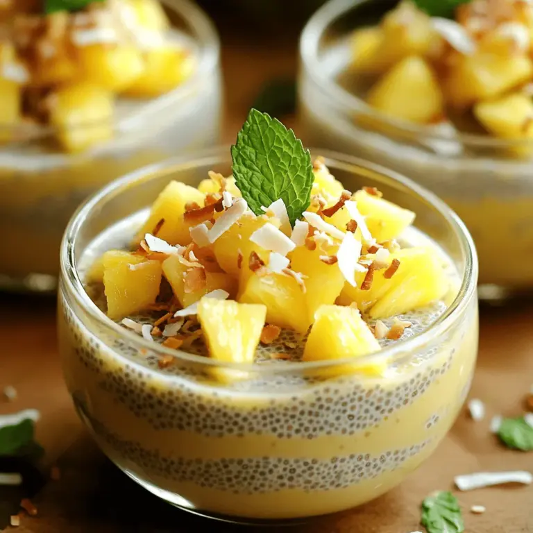 Für den Ananas-Kokos-Chia-Pudding brauche ich frische und einfache Zutaten. Hier sind die Hauptzutaten: - 1 Tasse Kokosmilch (aus der Dose oder im Karton) - 1/2 Tasse frische Ananas, gewürfelt - 1/4 Tasse Chiasamen - 2 Esslöffel Ahornsirup oder Honig (nach Geschmack) - 1 Teelöffel Vanilleextrakt - Eine Prise Salz Diese Zutaten machen den Pudding cremig und lecker. Die Kokosmilch gibt einen reichhaltigen Geschmack. Die Ananas bringt Frische. Die Chiasamen sorgen für die perfekte Konsistenz. Wenn ich einen anderen Geschmack will, kann ich verschiedene Süßstoffe nutzen. Hier sind einige Optionen: - Agavendicksaft - Kokosblütenzucker - Stevia Jeder Süßstoff hat einen eigenen Geschmack. Agavendicksaft ist flüssig und süß. Kokosblütenzucker hat einen leicht karamelligen Geschmack. Stevia ist sehr süß und kalorienarm. Die Dekoration macht den Pudding noch schöner. Hier sind meine Vorschläge: - Geröstete Kokosflocken - Frische Minzblätter (optional) - Weitere gewürfelte Ananasstücke Die gerösteten Kokosflocken geben einen schönen Crunch. Die Minzblätter sorgen für einen frischen Farbkontrast. Diese kleinen Extras machen das Gericht noch ansprechender und köstlicher. Für das vollständige Rezept, schau dir den [Full Recipe] an. Um den Ananas-Kokos-Chia-Pudding zuzubereiten, beginne mit der Vorbereitung der Zutaten. Du benötigst: - 1 Tasse Kokosmilch - 1/2 Tasse frische Ananas, gewürfelt - 1/4 Tasse Chiasamen - 2 Esslöffel Ahornsirup oder Honig - 1 Teelöffel Vanilleextrakt - Eine Prise Salz - Geröstete Kokosflocken (zur Dekoration) - Frische Minzblätter (optional) Stelle sicher, dass alles frisch ist. Frische Ananas macht einen großen Unterschied. Wenn du die Zutaten bereit hast, kannst du mit der Zubereitung beginnen. Jetzt kommt der spaßige Teil! Nimm eine Rührschüssel und gib die Kokosmilch, die gewürfelte Ananas, die Chiasamen, den Ahornsirup oder Honig, den Vanilleextrakt und die Prise Salz hinzu. Rühre alles gut mit einem Schneebesen um. Es ist wichtig, dass die Chiasamen gleichmäßig verteilt sind. Dann decke die Schüssel ab und stelle sie für mindestens 4 Stunden oder über Nacht in den Kühlschrank. Die Chiasamen quellen auf und verwandeln die Mischung in einen Pudding. Nach der Kühlzeit nimm die Schüssel heraus und rühre die Mischung nochmals gut um, um Klumpen zu vermeiden. Wenn du bereit bist zu servieren, löffle den Chia-Pudding in kleine Schalen oder Tassen. Dekoriere ihn mit zusätzlichen Ananasstücken. Streue geröstete Kokosflocken darüber für einen knusprigen Biss. Für einen frischen Kick kannst du auch einige Minzblätter hinzufügen. Diese machen das Gericht noch ansprechender. Du wirst sehen, dass dieser Pudding nicht nur gut aussieht, sondern auch köstlich schmeckt! Für das gesamte Rezept, schau dir die Full Recipe an. Um die perfekte Konsistenz für Ihren Ananas-Kokos-Chia-Pudding zu erreichen, ist Geduld wichtig. Chiasamen brauchen Zeit, um Flüssigkeit aufzusaugen. Ich empfehle, den Pudding mindestens vier Stunden oder über Nacht im Kühlschrank zu lassen. So wird er schön dick und cremig. Rühren Sie nach der Kühlzeit erneut um. Dadurch brechen Sie Klumpen und sorgen für eine glatte Textur. Der Geschmack Ihres Puddings kann leicht angepasst werden. Für mehr Süße fügen Sie einfach mehr Ahornsirup oder Honig hinzu. Wenn Sie es fruchtiger mögen, probieren Sie andere Früchte wie Mango oder Beeren. Ein Spritzer Limettensaft kann ebenfalls Frische bringen. Experimentieren Sie mit verschiedenen Zutaten, um Ihren perfekten Pudding zu finden. Ein häufiger Fehler ist, die Chiasamen nicht gut genug in die Flüssigkeit zu vermengen. Dies kann Klumpen verursachen. Achten Sie darauf, die Mischung gut zu rühren, bis die Samen gleichmäßig verteilt sind. Ein weiterer Fehler ist, die Kühlzeit zu verkürzen. Lassen Sie den Pudding immer lange genug stehen, damit die Chiasamen die Flüssigkeit aufnehmen können. Halten Sie sich an die Anleitung im Full Recipe, um die besten Ergebnisse zu erzielen. {{image_4}} Ich liebe es, neue Wege zu finden, um Rezepte anzupassen. Für vegane und glutenfreie Versionen des Ananas-Kokos-Chia-Puddings ist es ganz einfach. Verwenden Sie einfach Kokosmilch ohne Zusatzstoffe. Dies funktioniert gut mit den Chiasamen. Wenn Sie etwas Süße brauchen, greifen Sie zu Ahornsirup. Dieser ist vegan und glutenfrei. So bleibt der Pudding leicht und lecker. Sie können mit vielen Früchten experimentieren. Ananas und Kokos sind toll, aber auch andere Kombinationen sind lecker. Probieren Sie Mango und Passionsfrucht oder Erdbeeren und Banane. Jedes Mal, wenn Sie eine neue Frucht wählen, wird der Pudding anders und spannend. Mischen Sie die Früchte, um die Farben und Geschmäcker zu variieren. Das macht Spaß und schmeckt frisch! Die Toppings machen den Pudding noch besser. Sie können geröstete Kokosflocken verwenden, um einen knusprigen Biss hinzuzufügen. Frische Minzblätter bringen einen tollen Duft und Geschmack. Sie können auch Nüsse oder Samen für etwas Crunch hinzufügen. Für einen extra süßen Kick, probieren Sie ein paar Schokoladenstückchen. So wird jeder Löffel zum Genuss! Ich finde es spannend, neue Varianten zu kreieren. Der Ananas-Kokos-Chia-Pudding bleibt dabei immer frisch und nahrhaft! Der Ananas-Kokos-Chia-Pudding bleibt frisch, wenn du ihn im Kühlschrank aufbewahrst. Nutze dafür einen luftdichten Behälter. So bleibt der Geschmack erhalten. Du kannst ihn einfach für bis zu fünf Tage lagern. Vergiss nicht, vor dem Servieren gut umzurühren. Der Pudding hat eine Haltbarkeit von etwa fünf Tagen im Kühlschrank. Nach dieser Zeit kann die Konsistenz jedoch abnehmen. Die Chiasamen können die Flüssigkeit weiter aufnehmen. Das kann den Pudding dicker machen. Wenn du also etwas überbleibst, prüfe den Pudding gut, bevor du ihn isst. Du kannst den Chia-Pudding auch einfrieren. Fülle ihn in einen gefriergeeigneten Behälter. Achte darauf, etwas Platz zu lassen, damit der Pudding beim Einfrieren expandieren kann. Der Pudding hält sich bis zu drei Monate im Gefrierfach. Lass ihn einfach über Nacht im Kühlschrank auftauen, wenn du ihn genießen möchtest. Lassen Sie den Pudding mindestens vier Stunden quellen. Ich empfehle, ihn über Nacht im Kühlschrank zu lassen. So können die Chiasamen die Flüssigkeit gut aufnehmen. Das Ergebnis ist eine schöne, dicke Konsistenz. Wenn Sie weniger Zeit haben, sind vier Stunden ausreichend. Aber glauben Sie mir, die Wartezeit lohnt sich! Ja, frische Früchte sind eine tolle Ergänzung! Sie bringen zusätzlichen Geschmack und Nährstoffe. Ich liebe es, Ananasstücke oder Beeren hinzuzufügen. Diese sorgen für mehr Frische und Farbe. Fügen Sie die Früchte kurz vor dem Servieren hinzu. So bleiben sie knackig und frisch. Chiasamen sind kleine Kraftpakete! Sie sind reich an Ballaststoffen, Omega-3-Fettsäuren und Antioxidantien. Diese Nährstoffe fördern Ihre Gesundheit auf verschiedene Weise. Sie unterstützen die Verdauung und helfen, den Blutzuckerspiegel zu regulieren. Außerdem geben sie Ihnen ein langanhaltendes Sättigungsgefühl. Das macht sie perfekt für gesunde Snacks oder Frühstücke. Der Ananas-Kokos-Chia-Pudding verbindet leckere Zutaten und einfache Zubereitung. Ich habe die Hauptzutaten, Alternativen und Dekorationen in den einzelnen Abschnitten behandelt. Tipps zur Konsistenz, Geschmack und häufige Fehler helfen Ihnen, den Pudding perfekt hinzubekommen. Variationen bieten Raum für Kreativität, und Lagerinformationen zeigen, wie lange der Pudding frisch bleibt. Experimentieren Sie mit verschiedenen Obstsorten und Toppings. So wird Ihr Pudding immer neu und spannend. Nutzen Sie diese Tipps und genießen Sie jeden Bissen!