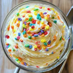 Für das Fruity Pebbles Frosting brauche ich einige einfache Zutaten. Hier ist die Liste: - 250 g ungesalzene Butter, weich - 500 g Puderzucker - 60 ml Vollmilch - 1 Teelöffel Vanilleextrakt - 100 g Fruity Pebbles Cerealien - Eine Prise Salz Diese Zutaten sind wichtig für den Geschmack und die Textur des Frostings. Die Butter macht das Frosting cremig, während der Puderzucker für die Süße sorgt. Fruity Pebbles bringen den bunten Look und den fruchtigen Geschmack. Die Menge dieser Zutaten ist entscheidend. Ich benutze 250 g Butter für eine schöne Basis. 500 g Puderzucker sorgen für die perfekte Süße. Die Qualität ist auch wichtig. Ich wähle frische Zutaten. Hochwertige Butter und Puderzucker machen einen großen Unterschied. Wenn du die besten Zutaten verwendest, schmeckt dein Frosting besser. Falls du spezielle Diäten hast, gibt es Alternativen. Für eine vegane Option kannst du pflanzliche Butter und pflanzliche Milch verwenden. Achte darauf, dass die Puderzucker-Marke vegan ist. Wenn du glutenfrei bist, überprüfe die Cerealien. Es gibt auch glutenfreie Varianten von Fruity Pebbles. So kannst du das Frosting an deine Bedürfnisse anpassen. Für das vollständige Rezept, siehe den Abschnitt "Full Recipe". Zuerst nimmst du die ungesalzene Butter. Lass sie bei Raumtemperatur weich werden. Das macht das Mixen einfacher. Gib die Butter in eine große Rührschüssel. Mit einem elektrischen Mixer schlägst du die Butter für 2-3 Minuten. Sie sollte cremig und hell sein. Füge dann nach und nach den Puderzucker hinzu. Nimm etwa 125 g pro Runde. Mische gut, um einen Zuckerschauer zu vermeiden. Jetzt ist es Zeit für die Flüssigkeiten. Gib die Vollmilch und den Vanilleextrakt dazu. Mische alles auf mittelhoher Geschwindigkeit. Schlage die Mischung weitere 2 Minuten. Sie sollte fluffig und leicht sein. Wenn die Mischung zu süß ist, füge eine Prise Salz hinzu. Das hilft, die Süße auszugleichen. Wenn die Glasur zu dick ist, kannst du einen Esslöffel Milch hinzufügen. Jetzt kommt der Spaß! Nimm die Fruity Pebbles und füge sie vorsichtig hinzu. Benutze einen Spatel, um sie unter die Glasur zu heben. Achte darauf, sie nicht zu zerdrücken. Mische sie gleichmäßig in der Glasur. So bekommst du den bunten Crunch. Jetzt kannst du die Glasur sofort verwenden oder in einem luftdichten Behälter im Kühlschrank aufbewahren. Das Frosting ist perfekt für Cupcakes oder Torten! Für das vollständige Rezept schau dir die [Full Recipe] an. Beim Herstellen der Fruity Pebbles Frosting gibt es einige häufige Fehler. Ein großer Fehler ist, die Zutaten zu schnell zu mischen. Achte darauf, die Butter zuerst cremig zu schlagen. Das hilft, eine luftige und leichte Textur zu erreichen. Vermeide auch, zu viel Puderzucker auf einmal hinzuzufügen. Füge ihn schrittweise hinzu, um einen Zuckerschauer zu vermeiden und eine glatte Mischung zu erhalten. Die Konsistenz der Glasur ist wichtig. Manchmal kann sie zu dick sein. Wenn das passiert, füge einfach einen Esslöffel Milch hinzu. Mische gut und prüfe die Konsistenz. Die Glasur sollte weich genug sein, um sich leicht auf Cupcakes zu verteilen. Ist sie zu dünn? Füge mehr Puderzucker hinzu, bis du die gewünschte Dicke erreichst. Fruity Pebbles machen das Frosting nicht nur bunt, sondern auch knusprig. Verwende die Cerealien als Dekoration. Streue sie einfach über die frisch glasierten Cupcakes oder Torten. Du kannst auch Fruchtstücke oder Schokoladenstückchen hinzufügen, um den Look zu verändern. Für einen festlichen Touch kannst du bunte Streusel oder essbare Glitzer hinzufügen. Experimentiere und finde deinen eigenen Stil! {{image_4}} Wenn du Schokolade magst, probiere eine Schokoladenversion des Frostings. Du kannst 50 g Kakaopulver hinzufügen, wenn du den Puderzucker einrührst. Dadurch bekommst du einen schönen Schokoladengeschmack. Mische die Zutaten gut, bis alles gleichmäßig ist. Diese Schokoladenversion passt perfekt zu vielen Kuchen und Cupcakes. Du kannst auch andere Cerealien verwenden, um das Frosting zu variieren. Probiere zum Beispiel Froot Loops oder Cinnamon Toast Crunch. Diese Cerealien bieten unterschiedliche Geschmäcker und Farben. Zerbrich die Cerealien grob, bevor du sie hinzufügst. So bleibt die Textur spannend und knusprig. Achte darauf, dass die Cerealien gut mit dem Frosting vermischt sind. Um das Frosting noch interessanter zu machen, füge zusätzliche Extrakte hinzu. Ein Hauch von Mandel- oder Erdbeerextrakt kann das Frosting aufpeppen. Beginne mit einem halben Teelöffel und schmecke dann das Frosting ab. So kannst du die Aromen anpassen, bis es perfekt ist. Diese kleinen Anpassungen machen dein Frosting einzigartig und lecker. Um Fruity Pebbles Frosting frisch zu halten, lagere es in einem luftdichten Behälter. Das schützt es vor Luft und Feuchtigkeit. Stelle sicher, dass der Behälter sauber und trocken ist, bevor du das Frosting hineinlegst. So bleibt die Glasur cremig und lecker. Der Kühlschrank ist der beste Ort dafür. Im Kühlschrank hält sich das Frosting bis zu einer Woche. Achte darauf, es gut abzudecken, damit keine Gerüche eindringen. Bei Bedarf kannst du das Frosting auch leicht aufschlagen, bevor du es wieder verwendest. Das gibt ihm seine fluffige Textur zurück. Wenn du das Frosting länger aufbewahren möchtest, kannst du es einfrieren. Fülle es in einen gefrierfesten Behälter oder einen Gefrierbeutel. Vergiss nicht, das Datum darauf zu schreiben. So hast du immer etwas leckeres Frosting zur Hand. Es kann bis zu drei Monate eingefroren werden. Um es zu verwenden, lasse das Frosting einfach im Kühlschrank auftauen. Danach gut durchrühren und fertig! Ja, du kannst das Frosting vegan machen. Ersetze die Butter durch vegane Margarine. Nutze auch pflanzliche Milch, wie Mandel- oder Hafermilch, anstelle von Vollmilch. Achte darauf, dass der Vanilleextrakt vegan ist. So bleibt der Geschmack lecker und die Konsistenz toll. Das Frosting hält bei Zimmertemperatur etwa zwei Stunden. Danach solltest du es im Kühlschrank aufbewahren. Wenn du die Glasur für eine längere Zeit aufbewahren möchtest, ist der Kühlschrank der beste Platz. So bleibt es frisch und schmackhaft. Fruity Pebbles Frosting eignet sich hervorragend für Cupcakes und Torten. Verwende einen Spritzbeutel für schöne Muster. Du kannst die Frosting-Schichten auch glatt streichen. Streue zusätzlich Fruity Pebbles oben drauf für mehr Farbe und Crunch. Das macht deine Desserts lebendig und einladend. Das Fruity Pebbles Frosting ist einfach und macht Spaß. Wir haben über die besten Zutaten und deren Qualität gesprochen. Auch Alternativen für spezielle Diäten sind wichtig, um allen gerecht zu werden. Die Schritt-für-Schritt-Anleitung hilft dir, die perfekte Konsistenz zu erreichen. Tipps zeigen, was du vermeiden solltest und wie du dein Frosting dekorieren kannst. Variationen wie Schokoladenversionen und Lagerungsinformationen erweitern deine Möglichkeiten. Nutze diese Ideen, um einzigartig zu backen!