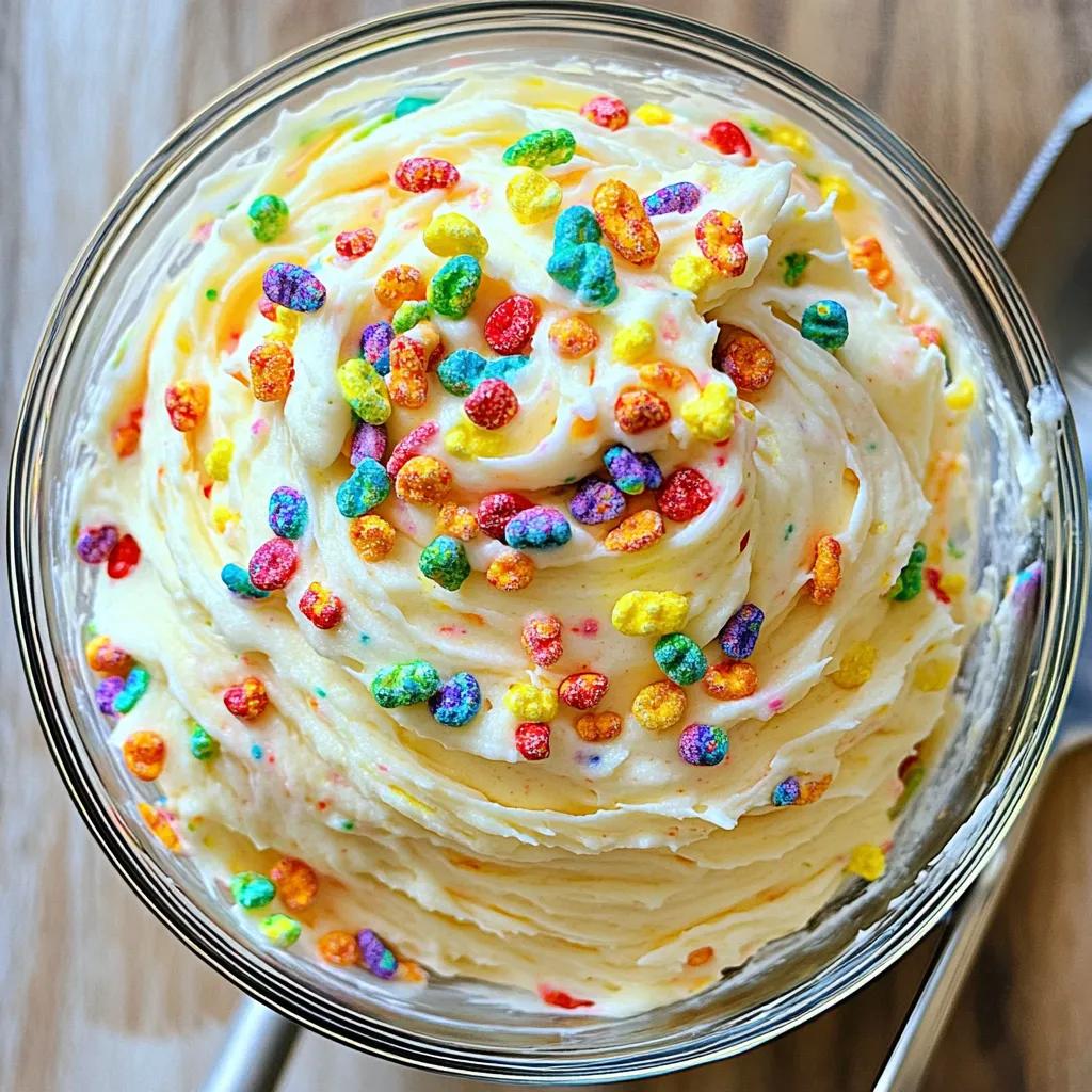 Für das Fruity Pebbles Frosting brauche ich einige einfache Zutaten. Hier ist die Liste: - 250 g ungesalzene Butter, weich - 500 g Puderzucker - 60 ml Vollmilch - 1 Teelöffel Vanilleextrakt - 100 g Fruity Pebbles Cerealien - Eine Prise Salz Diese Zutaten sind wichtig für den Geschmack und die Textur des Frostings. Die Butter macht das Frosting cremig, während der Puderzucker für die Süße sorgt. Fruity Pebbles bringen den bunten Look und den fruchtigen Geschmack. Die Menge dieser Zutaten ist entscheidend. Ich benutze 250 g Butter für eine schöne Basis. 500 g Puderzucker sorgen für die perfekte Süße. Die Qualität ist auch wichtig. Ich wähle frische Zutaten. Hochwertige Butter und Puderzucker machen einen großen Unterschied. Wenn du die besten Zutaten verwendest, schmeckt dein Frosting besser. Falls du spezielle Diäten hast, gibt es Alternativen. Für eine vegane Option kannst du pflanzliche Butter und pflanzliche Milch verwenden. Achte darauf, dass die Puderzucker-Marke vegan ist. Wenn du glutenfrei bist, überprüfe die Cerealien. Es gibt auch glutenfreie Varianten von Fruity Pebbles. So kannst du das Frosting an deine Bedürfnisse anpassen. Für das vollständige Rezept, siehe den Abschnitt "Full Recipe". Zuerst nimmst du die ungesalzene Butter. Lass sie bei Raumtemperatur weich werden. Das macht das Mixen einfacher. Gib die Butter in eine große Rührschüssel. Mit einem elektrischen Mixer schlägst du die Butter für 2-3 Minuten. Sie sollte cremig und hell sein. Füge dann nach und nach den Puderzucker hinzu. Nimm etwa 125 g pro Runde. Mische gut, um einen Zuckerschauer zu vermeiden. Jetzt ist es Zeit für die Flüssigkeiten. Gib die Vollmilch und den Vanilleextrakt dazu. Mische alles auf mittelhoher Geschwindigkeit. Schlage die Mischung weitere 2 Minuten. Sie sollte fluffig und leicht sein. Wenn die Mischung zu süß ist, füge eine Prise Salz hinzu. Das hilft, die Süße auszugleichen. Wenn die Glasur zu dick ist, kannst du einen Esslöffel Milch hinzufügen. Jetzt kommt der Spaß! Nimm die Fruity Pebbles und füge sie vorsichtig hinzu. Benutze einen Spatel, um sie unter die Glasur zu heben. Achte darauf, sie nicht zu zerdrücken. Mische sie gleichmäßig in der Glasur. So bekommst du den bunten Crunch. Jetzt kannst du die Glasur sofort verwenden oder in einem luftdichten Behälter im Kühlschrank aufbewahren. Das Frosting ist perfekt für Cupcakes oder Torten! Für das vollständige Rezept schau dir die [Full Recipe] an. Beim Herstellen der Fruity Pebbles Frosting gibt es einige häufige Fehler. Ein großer Fehler ist, die Zutaten zu schnell zu mischen. Achte darauf, die Butter zuerst cremig zu schlagen. Das hilft, eine luftige und leichte Textur zu erreichen. Vermeide auch, zu viel Puderzucker auf einmal hinzuzufügen. Füge ihn schrittweise hinzu, um einen Zuckerschauer zu vermeiden und eine glatte Mischung zu erhalten. Die Konsistenz der Glasur ist wichtig. Manchmal kann sie zu dick sein. Wenn das passiert, füge einfach einen Esslöffel Milch hinzu. Mische gut und prüfe die Konsistenz. Die Glasur sollte weich genug sein, um sich leicht auf Cupcakes zu verteilen. Ist sie zu dünn? Füge mehr Puderzucker hinzu, bis du die gewünschte Dicke erreichst. Fruity Pebbles machen das Frosting nicht nur bunt, sondern auch knusprig. Verwende die Cerealien als Dekoration. Streue sie einfach über die frisch glasierten Cupcakes oder Torten. Du kannst auch Fruchtstücke oder Schokoladenstückchen hinzufügen, um den Look zu verändern. Für einen festlichen Touch kannst du bunte Streusel oder essbare Glitzer hinzufügen. Experimentiere und finde deinen eigenen Stil! {{image_4}} Wenn du Schokolade magst, probiere eine Schokoladenversion des Frostings. Du kannst 50 g Kakaopulver hinzufügen, wenn du den Puderzucker einrührst. Dadurch bekommst du einen schönen Schokoladengeschmack. Mische die Zutaten gut, bis alles gleichmäßig ist. Diese Schokoladenversion passt perfekt zu vielen Kuchen und Cupcakes. Du kannst auch andere Cerealien verwenden, um das Frosting zu variieren. Probiere zum Beispiel Froot Loops oder Cinnamon Toast Crunch. Diese Cerealien bieten unterschiedliche Geschmäcker und Farben. Zerbrich die Cerealien grob, bevor du sie hinzufügst. So bleibt die Textur spannend und knusprig. Achte darauf, dass die Cerealien gut mit dem Frosting vermischt sind. Um das Frosting noch interessanter zu machen, füge zusätzliche Extrakte hinzu. Ein Hauch von Mandel- oder Erdbeerextrakt kann das Frosting aufpeppen. Beginne mit einem halben Teelöffel und schmecke dann das Frosting ab. So kannst du die Aromen anpassen, bis es perfekt ist. Diese kleinen Anpassungen machen dein Frosting einzigartig und lecker. Um Fruity Pebbles Frosting frisch zu halten, lagere es in einem luftdichten Behälter. Das schützt es vor Luft und Feuchtigkeit. Stelle sicher, dass der Behälter sauber und trocken ist, bevor du das Frosting hineinlegst. So bleibt die Glasur cremig und lecker. Der Kühlschrank ist der beste Ort dafür. Im Kühlschrank hält sich das Frosting bis zu einer Woche. Achte darauf, es gut abzudecken, damit keine Gerüche eindringen. Bei Bedarf kannst du das Frosting auch leicht aufschlagen, bevor du es wieder verwendest. Das gibt ihm seine fluffige Textur zurück. Wenn du das Frosting länger aufbewahren möchtest, kannst du es einfrieren. Fülle es in einen gefrierfesten Behälter oder einen Gefrierbeutel. Vergiss nicht, das Datum darauf zu schreiben. So hast du immer etwas leckeres Frosting zur Hand. Es kann bis zu drei Monate eingefroren werden. Um es zu verwenden, lasse das Frosting einfach im Kühlschrank auftauen. Danach gut durchrühren und fertig! Ja, du kannst das Frosting vegan machen. Ersetze die Butter durch vegane Margarine. Nutze auch pflanzliche Milch, wie Mandel- oder Hafermilch, anstelle von Vollmilch. Achte darauf, dass der Vanilleextrakt vegan ist. So bleibt der Geschmack lecker und die Konsistenz toll. Das Frosting hält bei Zimmertemperatur etwa zwei Stunden. Danach solltest du es im Kühlschrank aufbewahren. Wenn du die Glasur für eine längere Zeit aufbewahren möchtest, ist der Kühlschrank der beste Platz. So bleibt es frisch und schmackhaft. Fruity Pebbles Frosting eignet sich hervorragend für Cupcakes und Torten. Verwende einen Spritzbeutel für schöne Muster. Du kannst die Frosting-Schichten auch glatt streichen. Streue zusätzlich Fruity Pebbles oben drauf für mehr Farbe und Crunch. Das macht deine Desserts lebendig und einladend. Das Fruity Pebbles Frosting ist einfach und macht Spaß. Wir haben über die besten Zutaten und deren Qualität gesprochen. Auch Alternativen für spezielle Diäten sind wichtig, um allen gerecht zu werden. Die Schritt-für-Schritt-Anleitung hilft dir, die perfekte Konsistenz zu erreichen. Tipps zeigen, was du vermeiden solltest und wie du dein Frosting dekorieren kannst. Variationen wie Schokoladenversionen und Lagerungsinformationen erweitern deine Möglichkeiten. Nutze diese Ideen, um einzigartig zu backen!