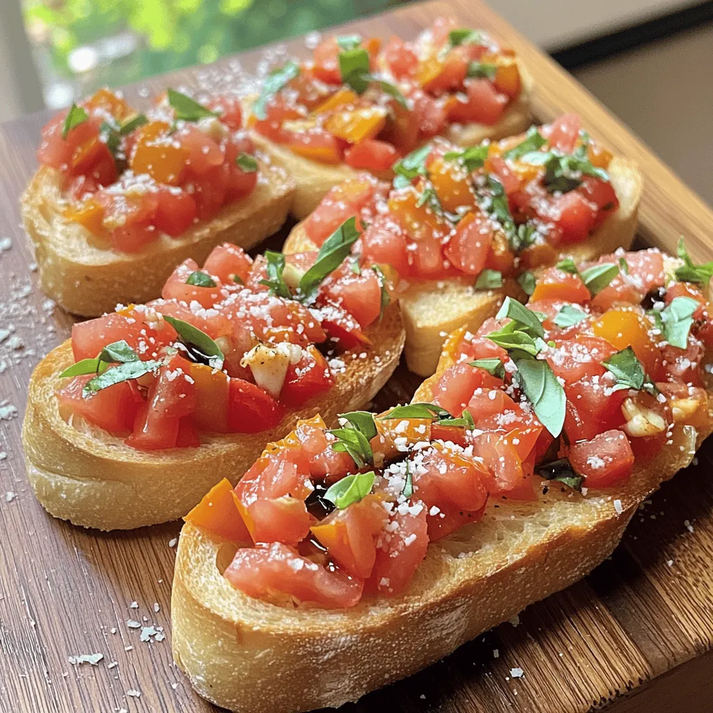 - 6 reife, mittelgroße Tomaten, gewürfelt - 1/2 Tasse frische Basilikumblätter, gehackt - 2 Knoblauchzehen, fein gehackt - 3 Esslöffel Balsamico-Essig - 2 Esslöffel natives Olivenöl extra - Salz und frisch gemahlener schwarzer Pfeffer nach Geschmack - 1 French Baguette oder italienisches Ciabatta, schräg aufgeschnitten - Optional: 1/4 Tasse geriebener Parmesan Um die perfekte Bruschetta zu machen, sind die Zutaten wichtig. Die Tomaten müssen reif und saftig sein. Ich wähle gern Tomaten aus dem Garten oder vom Markt. Basilikum gibt dem Gericht einen frischen Geschmack. Ich hacke die Blätter grob, damit sie gut sichtbar sind. Knoblauch verleiht einen tollen Kick, also nutze ich frische Zehen. Balsamico-Essig bringt eine süße Säure. Das native Olivenöl extra sorgt für einen reichen Geschmack. Salz und frisch gemahlener Pfeffer sind wichtig, um die Aromen zu betonen. Das Brot wähle ich sorgfältig aus. Ein French Baguette oder italienisches Ciabatta passt perfekt. Sie sind knusprig und halten die Beläge gut. Parmesan ist optional, aber er fügt einen leckeren, salzigen Geschmack hinzu. Für das vollständige Rezept schauen Sie sich bitte die [Full Recipe] an. In einer mittelgroßen Schüssel vermenge ich die gewürfelten Tomaten, gehackten Basilikum und den Knoblauch. Ich füge den Balsamico-Essig und das Olivenöl hinzu. Dann schmecke ich die Mischung mit Salz und Pfeffer ab. Ich rühre sanft um, um die Aromen gut zu kombinieren. Die Mischung lasse ich für etwa 15 Minuten bei Raumtemperatur ziehen. So entfalten sich die Aromen besser. Ich heize den Ofen auf 200°C vor. In der Zwischenzeit bereite ich die Baguette-Scheiben vor. Ich lege sie auf ein Backblech und bestreiche beide Seiten leicht mit Olivenöl. Das Brot backe ich für etwa 5-7 Minuten, bis es goldbraun und knusprig ist. Es duftet schon beim Rösten so gut! Nach dem Rösten nehme ich das Brot aus dem Ofen und lasse es kurz abkühlen. Dann gebe ich eine großzügige Menge der Tomatenmischung auf jede geröstete Brotscheibe. Wenn ich möchte, bestreue ich die Bruschetta mit geriebenem Parmesan. Nun kann ich die Bruschetta genießen! Es ist einfach und frisch. Wenn du mehr Details brauchst, schau dir das [Full Recipe] an. Wähle reife, saftige Tomaten für die beste Bruschetta. Diese Tomaten haben viel Geschmack. Ich bevorzuge die Sorte San Marzano oder Roma. Sie sind fest und süß. Frischer Basilikum ist ein weiteres Muss. Er bringt einen tollen Duft und Geschmack. Achte darauf, nur die besten Blätter zu verwenden. Zerreiße sie mit der Hand, um das Aroma zu bewahren. Es ist wichtig, die Tomatenmischung für 15 Minuten ruhen zu lassen. So ziehen die Aromen gut in die Tomaten ein. Diese kurze Wartezeit macht den Unterschied. Wenn du länger wartest, verändern sich die Aromen. Du erhältst eine intensivere Geschmackskombination. Experimentiere mit der Marinierzeit, um deinen Favoriten zu finden. Bruschetta ist ein toller Appetizer. Du kannst sie mit einem einfachen Salat servieren. Das gibt eine frische Note dazu. Auch ein Glas Weißwein passt gut dazu. Du kannst Bruschetta auch als Beilage zu Pasta nutzen. Sie sind vielseitig und immer ein Hit! Für weitere Details, sieh dir das [Full Recipe] an. {{image_4}} Eine tolle Option ist die Zugabe von Avocado oder Mozzarella. Beide geben der Bruschetta einen cremigen Geschmack. Avocado bringt gesunde Fette mit. Mozzarella schafft eine milde, schmelzende Textur. Du kannst auch mit unterschiedlichen Kräutern experimentieren. Petersilie oder Oregano ergänzen den Geschmack. Sie bringen frische Noten in dein Gericht. Für glutenfreie Alternativen empfehle ich, glutenfreies Brot zu verwenden. Viele Marken bieten schmackhafte Optionen an. Du kannst auch Gemüse wie Zucchini oder Auberginen grillen und als Basis nutzen. Wenn du eine Low-Carb-Option suchst, probiere Blätterteig oder Blumenkohlbrot. So bleibt der Genuss ohne viele Kohlenhydrate. Bruschetta lässt sich auch mit mediterranen Zutaten anpassen. Füge Oliven, Feta oder getrocknete Tomaten hinzu. Diese Zutaten verleihen dem Gericht einen herzhaften Touch. Asiatische Einflüsse sind ebenfalls spannend. Probiere, die Tomatenmischung mit Sojasauce oder Ingwer zu verfeinern. Das sorgt für einen aufregenden Twist in der klassischen Bruschetta. Für die detaillierte Zubereitung dieser leckeren Variationen siehe [Full Recipe]. Wenn du Bruschetta übrig hast, lagere die Tomatenmischung in einem luftdichten Behälter. So bleibt sie frisch. Achte darauf, das Brot separat aufzubewahren. Wickele es in Alufolie oder lege es in einen Papiertüte. Dadurch bleibt das Brot knusprig. Vermeide Plastiktüten, denn sie machen das Brot weich und gummiartig. Die Tomatenmischung hält sich im Kühlschrank etwa 2 Tage. Nach dieser Zeit kann der Geschmack nachlassen. Das Brot bleibt für 1 bis 2 Tage frisch, wenn du es richtig lagerst. Bewahre es an einem kühlen, trockenen Ort auf. Tomaten sind frisch am besten, kaufe sie also nicht zu lange im Voraus. Basilikum solltest du innerhalb von 3 Tagen verwenden, um den besten Geschmack zu genießen. Die Zubereitung der Bruschetta dauert insgesamt 30 Minuten. Die Vorbereitungszeit beträgt 15 Minuten. In dieser Zeit schneidest du die Tomaten und das Brot. Danach lässt du die Tomatenmischung 15 Minuten marinieren. Das Rösten des Brotes dauert etwa 5-7 Minuten. So kannst du schnell ein leckeres Gericht zaubern. Ja, du kannst Bruschetta im Voraus zubereiten. Bereite die Tomatenmischung einfach vorher zu und lagere sie im Kühlschrank. Achte darauf, das Brot erst kurz vor dem Servieren zu rösten. So bleibt es knusprig. Die Tomatenmischung hält sich bis zu zwei Tage im Kühlschrank. Achte darauf, sie in einem luftdichten Behälter aufzubewahren. Wenn du kein frisches Basilikum hast, gibt es viele Alternativen. Du kannst getrocknetes Basilikum verwenden, aber achte auf die Menge. Es ist stärker im Geschmack. Andere frische Kräuter sind auch gut. Petersilie oder Oregano passen gut zu Bruschetta. Diese Kräuter geben deinem Gericht einen neuen Geschmack. Probiere verschiedene Kräuter aus und finde deine Lieblingskombination! Bruschetta ist ein einfacher und leckerer Snack. Mit frischen Tomaten, Basilikum und knusprigem Brot macht jeder Biss Spaß. Du kannst verschiedene Variationen ausprobieren, sodass für jeden etwas dabei ist. Denk an die Lagerung, um die Frische zu erhalten. Lass dir die Zeit bei der Zubereitung und beim Marinieren. So wird dein Gericht noch besser! Probiere neue Ideen aus und genieße Bruschetta in deiner eigenen Art. Genieß das Kochen und die leckeren Aromen, die du kreieren kannst!