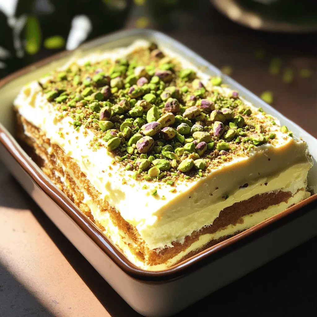 Um ein tolles Pistazien-Tiramisu zu machen, brauchen Sie folgende Hauptzutaten: - 1 Tasse geschälte Pistazien (plus extra für die Garnierung) - 1 Tasse Mascarpone-Käse - 1 Tasse Schlagsahne - 1/2 Tasse Puderzucker - 1 Teelöffel Vanilleextrakt - 1 Tasse stark gebrühter Kaffee (auf Zimmertemperatur abgekühlt) - 12 Löffelbiskuits - 1/4 Tasse Milch - Eine Prise Salz Diese Zutaten geben dem Tiramisu seinen einzigartigen Geschmack. Die Pistazien sorgen für eine nussige Note, während die Mascarpone-Creme für die cremige Textur sorgt. Für die Zubereitung benötigen Sie einige einfache Utensilien: - Eine Küchenmaschine zum Mahlen der Pistazien - Eine Rührschüssel für die Mascarpone-Creme - Einen elektrischen Mixer für die Schlagsahne - Eine flache Schale für den Kaffee - Eine Auflaufform zum Schichten des Tiramisu - Frischhaltefolie zum Abdecken Diese Utensilien helfen Ihnen, das Tiramisu schnell und einfach zuzubereiten. Sie sind leicht zu finden und machen die Arbeit viel einfacher. Achten Sie bei der Auswahl der Zutaten auf Qualität: - Wählen Sie frische Pistazien ohne Schalen. Sie sollten grün und knackig sein. - Der Mascarpone-Käse sollte cremig und nicht zu fest sein. - Verwenden Sie eine gute Schlagsahne für einen reichhaltigen Geschmack. - Der Kaffee sollte stark und aromatisch sein. Gute Zutaten machen den Unterschied. Wenn Sie die besten Produkte wählen, wird Ihr Tiramisu noch besser schmecken. Für das vollständige Rezept schauen Sie sich die Details unter [Full Recipe] an. Um die Pistazienbasis zu machen, mahle zuerst die geschälten Pistazien. Nutze dafür eine Küchenmaschine. Du solltest eine grobe Mehlkonsistenz erreichen. Behalte einen Esslöffel für die Garnierung. Diese Pistazien geben dem Dessert einen tollen Geschmack. In einer großen Schüssel vermischst du den Mascarpone-Käse mit Puderzucker und Vanilleextrakt. Nimm einen elektrischen Mixer und schlage die Mischung, bis sie glatt ist. In einer anderen Schüssel schlägst du die Schlagsahne mit einer Prise Salz. Achte darauf, dass sich weiche Spitzen bilden. Jetzt heb die geschlagene Sahne vorsichtig unter die Mascarpone-Mischung. Diese Kombination macht die Creme schön luftig. Für die Schichten mischst du den abgekühlten Kaffee mit der Milch. Tauche jedes Löffelbiskuit kurz in die Mischung. Sie sollten feucht, aber nicht matschig sein. Lege eine Schicht der getränkten Biskuits in eine Auflaufform. Danach verteile die Hälfte der Mascarpone-Creme gleichmäßig darüber. Wiederhole diesen Vorgang mit einer weiteren Schicht Biskuits und der restlichen Creme. Decke die Form mit Frischhaltefolie ab und stelle sie für mindestens vier Stunden in den Kühlschrank. So entfalten sich die Aromen. Vor dem Servieren streue die reservierten Pistazien darüber. Jetzt ist dein Pistazien-Tiramisu bereit zum Genießen! Du findest die genauen Schritte im Full Recipe. Um Ihr Pistazien-Tiramisu wirklich perfekt zu machen, folgen Sie diesen einfachen Tipps: - Pistazien frisch mahlen: Mahlen Sie die Pistazien nicht zu fein. Eine grobe Konsistenz sorgt für mehr Biss. - Kaffee richtig abkühlen: Lassen Sie den Kaffee auf Zimmertemperatur abkühlen. So weichen die Biskuits nicht zu stark auf. - Kühlen ist wichtig: Lassen Sie das Tiramisu mindestens vier Stunden im Kühlschrank. So verbinden sich die Aromen gut. Einige Fehler können Ihr Tiramisu beeinträchtigen. Hier sind häufige Probleme und Lösungen: - Zu viel Kaffee: Tauchen Sie die Biskuits nur kurz ein. Zu viel Kaffee macht sie matschig. - Sahne nicht richtig geschlagen: Schlagen Sie die Sahne bis zu weichen Spitzen. Dies gibt eine luftige Textur. - Falsches Verhältnis: Halten Sie das Verhältnis von Mascarpone zu Sahne im Auge. Zu viel Mascarpone macht es schwer. Die Präsentation macht viel aus. So richten Sie Ihr Tiramisu an: - Schöne Dessertteller: Verwenden Sie elegante Teller für die Präsentation. - Frische Garnierungen: Streuen Sie die reservierten Pistazien darüber. Das sieht nicht nur gut aus, sondern bringt auch Geschmack. - Minzblätter hinzufügen: Frische Minzblätter bringen einen Farbkontrast und frische Noten. Diese Tipps helfen Ihnen, ein köstliches und ansprechendes Pistazien-Tiramisu zu kreieren. Für das komplette Rezept schauen Sie sich die Anleitung im Full Recipe an. {{image_4}} Möchten Sie Ihr Pistazien-Tiramisu aufpeppen? Probieren Sie verschiedene Nüsse. Mandeln oder Haselnüsse bringen einen neuen Geschmack. Sie können auch andere Aromen hinzufügen. Etwas Orangen- oder Zitronenschale macht das Dessert frisch und fruchtig. Verwenden Sie auch andere Kekse. Anstelle von Löffelbiskuits können Sie Amarettini oder sogar Schokoladenkekse nutzen. Das gibt dem Tiramisu eine neue Note. Wenn Sie eine vegane Variante möchten, ersetzen Sie den Mascarpone. Probieren Sie Seidentofu oder Cashew-Creme als Basis. Für die Sahne können Sie Kokosnusscreme verwenden. Statt Milch nutzen Sie Pflanzenmilch. Achten Sie darauf, glutenfreie Löffelbiskuits zu wählen, wenn Sie glutenfrei bleiben möchten. Diese Optionen sind einfach und lecker. Sie verlieren nichts vom Genuss. Die Garnierung ist wichtig für die Präsentation. Streuen Sie die restlichen Pistazien darüber. Sie sehen toll aus und schmecken gut. Fügen Sie auch Schokoladenspäne hinzu. Dunkle Schokolade passt perfekt zu den Pistazien. Ein paar frische Minzblätter bringen Farbe und Frische. Oder garnieren Sie mit essbaren Blüten für einen Wow-Effekt. Diese kleinen Details machen Ihr Tiramisu zu einem echten Hingucker. Probieren Sie die Full Recipe für alle Schritte. Um Ihr Pistazien-Tiramisu frisch zu halten, lagern Sie es im Kühlschrank. Decken Sie die Form mit Frischhaltefolie ab. So bleibt die Creme schön cremig und die Aromen lebendig. Vermeiden Sie es, das Tiramisu zu lange offen zu lassen. So bleibt es frei von Gerüchen und trocknet nicht aus. Im Kühlschrank hält sich Ihr Pistazien-Tiramisu etwa 3 bis 5 Tage. Achten Sie darauf, dass es gut verpackt ist. Wenn Sie es länger aufbewahren möchten, können Sie es einfrieren. In einem luftdichten Behälter ist es bis zu einem Monat haltbar. Lassen Sie es vor dem Servieren im Kühlschrank auftauen. Haben Sie Reste? Nutzen Sie diese kreativ! Sie können das Tiramisu in kleinen Gläsern anrichten. Fügen Sie frische Beeren oder Schokoladensplitter hinzu. So wird es zu einem neuen Dessert. Auch als Füllung für Pfannkuchen oder Waffeln ist es ein Genuss. Seien Sie kreativ und genießen Sie jeden Bissen! Das Pistazien-Tiramisu sollte mindestens 4 Stunden kühlen. Am besten lassen Sie es über Nacht im Kühlschrank. So entfalten sich die Aromen gut. Eine längere Kühlzeit sorgt für eine bessere Textur. Ja, das Tiramisu eignet sich hervorragend zur Vorbereitung. Sie können es einen Tag vorher zubereiten. So haben Sie mehr Zeit für Ihre Gäste am Serviertag. Es bleibt frisch und lecker, wenn Sie es richtig lagern. Für ein pistazienfreies Tiramisu können Sie Mandeln oder Walnüsse verwenden. Mahlen Sie die Nüsse wie bei den Pistazien. Tauschen Sie einfach die Menge der Pistazien eins zu eins aus. So bleibt das Rezept einfach und lecker. Das Pistazien-Tiramisu ist ein einfacher Genuss. Wir haben die Hauptzutaten besprochen. Du weißt jetzt, wie du die beste Pistazienbasis und Mascarpone-Creme machst. Auch die Schichtung und das Abkühlen sind klar. Tipps helfen dir, Fehler zu vermeiden. Variationen zeigen dir, wie du kreativ werden kannst. Schließlich hast du gelernt, wie du dein Tiramisu lagern kannst. Nutze diese Schritte und Tipps, um dein perfektes Tiramisu zu zaubern. Viel Spaß beim Ausprobieren!