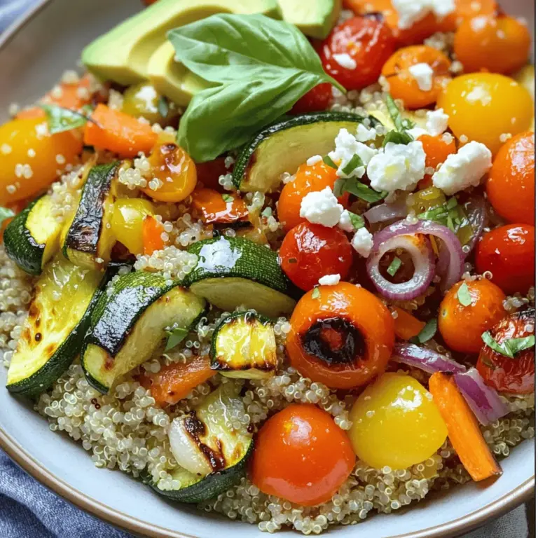 - 1 Tasse Quinoa, gründlich abgespült - 2 Tassen Gemüsebrühe oder Wasser - 1 mittelgroße Zucchini, gewürfelt - 1 Paprika (nach Wahl), gewürfelt - 1 Tasse Kirschtomaten, halbiert - 1 kleine rote Zwiebel, gehackt - 2 Karotten, in Scheiben geschnitten - 2 Esslöffel Olivenöl - 1 Teelöffel Knoblauchpulver - 1 Teelöffel geräuchertes Paprikapulver - Salz und Pfeffer nach Geschmack - Frisches Basilikum, zur Garnierung Quinoa ist die Basis für dieses Gericht. Sie hat einen nussigen Geschmack und ist sehr gesund. Das Gemüse bringt frische Farben und Geschmäcker ins Spiel. Ich liebe es, mit verschiedenen Gemüsesorten zu experimentieren, um neue Aromen zu entdecken. - Fetakäse - Avocado Das Topping macht dein Gericht noch besser. Fetakäse gibt einen salzigen Kick. Avocado bringt Cremigkeit und gesunde Fette. Du kannst auch andere Toppings ausprobieren. Denk an Nüsse oder Samen für mehr Textur. Wenn du mehr über die Zubereitung erfahren möchtest, schau dir das Full Recipe an. Zuerst spülen Sie die Quinoa. Das entfernt Bitterstoffe. Nehmen Sie eine Tasse Quinoa und geben Sie sie in ein Sieb. Spülen Sie sie gründlich unter kaltem Wasser ab. Kochen Sie dann die Quinoa. In einem Topf vermengen Sie die gespülte Quinoa mit zwei Tassen Gemüsebrühe oder Wasser. Bringen Sie alles zum Kochen. Reduzieren Sie die Hitze, decken Sie den Topf ab und lassen Sie die Quinoa etwa 15 Minuten köcheln. Wenn die Flüssigkeit aufgesogen ist, nehmen Sie den Topf vom Herd. Lassen Sie die Quinoa noch fünf Minuten zugedeckt ruhen. Jetzt kommt das Gemüse. Schneiden Sie die Zucchini, Paprika, Kirschtomaten, rote Zwiebel und Karotten in kleine Stücke. Verteilen Sie alles gleichmäßig auf einem Backblech. Würzen Sie das Gemüse. Träufeln Sie zwei Esslöffel Olivenöl über das Gemüse. Fügen Sie einen Teelöffel Knoblauchpulver, einen Teelöffel geräuchertes Paprikapulver, Salz und Pfeffer hinzu. Mischen Sie alles gut durch. Heizen Sie den Ofen auf 220°C vor. Rösten Sie das Gemüse etwa 20-25 Minuten. Es sollte zart und leicht karamellisiert sein. Rühren Sie es einmal während des Röstens um. Lockern Sie die Quinoa auf. Nutzen Sie eine Gabel, um sie fluffig zu machen. Verteilen Sie die Quinoa gleichmäßig in Schüsseln. Jetzt kommt das Beste: das Gemüse! Geben Sie das geröstete Gemüse über die Quinoa. Garnieren Sie die Schüssel mit frischem Basilikum. Für einen besonderen Kick können Sie Fetakäse oder Avocado oben drauflegen. Das gibt einen tollen Geschmack! Für die vollständige Rezeptanleitung schauen Sie sich die Full Recipe an. Um die perfekte Quinoa zuzubereiten, gibt es einfache Tipps. Erstens, spülen Sie die Quinoa gründlich. Dies entfernt Bitterstoffe. Verwenden Sie immer zwei Teile Flüssigkeit für jeden Teil Quinoa. Das gibt die richtige Konsistenz. Ein häufiger Fehler ist, die Quinoa zu lange zu kochen. Lassen Sie sie nur 15 Minuten köcheln. Danach sollte sie locker und fluffig sein. Wenn Sie sie zu lange kochen, wird sie matschig. Lassen Sie die Quinoa nach dem Kochen fünf Minuten ruhen. Das hilft, die Körner besser zu lockern. Es ist wichtig, das Gemüse zu variieren. Saisonale Optionen sind ideal. Im Frühling sind Spargel und Erbsen frisch. Im Sommer können Sie Zucchini und Paprika verwenden. Im Herbst sind Kürbis und Karotten lecker. Denken Sie an verschiedene Geschmackskombinationen. Fügen Sie etwas Knoblauch oder Zwiebel für mehr Tiefe hinzu. Auch frische Kräuter wie Basilikum oder Thymian bereichern den Geschmack. Experimentieren Sie mit dem Gemüse, das Sie mögen. Garnierungen machen das Gericht aufregender. Fügen Sie frisches Basilikum oder Petersilie hinzu. Dies gibt Farbe und Geschmack. Für mehr Nährstoffe können Sie Fetakäse oder Avocado verwenden. Fetakäse bringt eine salzige Note. Avocado sorgt für Cremigkeit. Auch Nüsse oder Samen sind tolle Optionen. Sie fügen Crunch und gesunde Fette hinzu. Für die vollständige Zubereitung und weitere Details sehen Sie sich das Full Recipe an. {{image_4}} - Hühnchen oder Tofu hinzufügen: Du kannst Hühnchenbrust oder Tofu für mehr Protein verwenden. Einfach in Würfel schneiden und vor dem Rösten zum Gemüse geben. Das gibt dem Gericht eine herzhaftere Note. - Weitere Proteinquellen: Bohnen oder Kichererbsen sind tolle Ergänzungen. Sie bringen noch mehr Nährstoffe mit und machen die Schüssel sättigender. - Vegane Käsealternativen: Nutze vegane Käsealternativen für den cremigen Geschmack. Diese Optionen sind lecker und passen gut zu geröstetem Gemüse. - Zusätzliche pflanzliche Zutaten: Füge Nüsse oder Samen hinzu. Sie geben einen tollen Crunch und steigern den Nährwert. - Herbstgemüse wie Kürbis: Im Herbst sind Kürbis und Süßkartoffeln großartig. Sie bringen Süße und Farbe in deine Schüssel. - Sommerliche Kräuter und Aromen: Im Sommer probiere frische Kräuter wie Basilikum oder Minze. Diese Kräuter bringen Frische und einen neuen Geschmack. Jede dieser Variationen macht die Röstendes Gemüse Quinoa Bowl noch interessanter. Du kannst sie nach deinem Geschmack anpassen. So wird jede Schüssel einzigartig und köstlich! Wenn du nach dem Essen Reste hast, kannst du sie im Kühlschrank aufbewahren. Die Reste halten sich dort bis zu drei Tage. Stelle sicher, dass du sie in einem luftdichten Behälter lagerst. So bleibt der Geschmack frisch. Bei der Lagerung ist es wichtig, die Reste gut abzukühlen, bevor du sie in den Kühlschrank stellst. Wenn du die Reste länger aufbewahren möchtest, kannst du sie auch einfrieren. Das Einfrieren hilft, die Nährstoffe und den Geschmack zu bewahren. Fülle die Reste in gefriergeeignete Behälter. Beschrifte die Behälter mit dem Datum. So weißt du, wie lange sie schon eingefroren sind. Die Reste halten sich im Gefrierfach bis zu drei Monate. Es gibt viele Möglichkeiten, die Reste kreativ zu nutzen. Du kannst sie zum Beispiel in einem Salat verwenden. Mische die Quinoa und das Gemüse mit frischen Blättern und einer Vinaigrette. So hast du ein schnelles und gesundes Mittagessen. Eine weitere Idee ist, die Reste in einer Suppe zu verwenden. Füge die Quinoa und das Gemüse zu einer Brühe hinzu. Das bringt neuen Geschmack und macht die Suppe herzhaft. Du kannst auch eine Gemüse-Pfanne machen. Brate die Reste in einer Pfanne mit etwas Öl an. Füge dazu Eier oder Tofu hinzu, um ein schnelles Abendessen zu zaubern. So kannst du einfach und schmackhaft mit den Resten arbeiten. Probier es mal aus! Quinoa bleibt im Kühlschrank etwa 4 bis 5 Tage frisch. Bewahre sie in einem luftdichten Behälter auf, um die Feuchtigkeit fernzuhalten. Wenn du Reste hast, erwärme die Quinoa vor dem Servieren. Ja, du kannst das Gemüse nach deinem Geschmack anpassen. Hier sind einige gute Optionen: - Brokkoli - Blumenkohl - Süßkartoffeln - Spinat - Kürbis Diese Gemüse geben dem Gericht einen neuen Twist und unterschiedliche Aromen. Experimentiere ruhig mit den Farben und Texturen. Ja, Quinoa ist von Natur aus glutenfrei. Es ist eine tolle Wahl für Menschen mit Glutenunverträglichkeit. Achte darauf, dass alle anderen Zutaten, wie Gewürze und Brühe, ebenfalls glutenfrei sind. Hier sind einige Ideen für komplette Mahlzeiten: - Gegrilltes Hähnchen oder Tofu - Ein frischer Salat mit Zitronen-Dressing - Eine cremige Avocado-Suppe Diese Beilagen ergänzen das Gericht perfekt und machen dein Essen noch schmackhafter. Für das vollständige Rezept schau dir die [Full Recipe] an. Diese Anleitung bietet alles, was du für eine köstliche Quinoa-Schüssel brauchst. Wir haben die Hauptzutaten, die Schritte zur Zubereitung, wertvolle Tipps und Variationen besprochen. Denke daran, Quinoa gut zuzubereiten, damit sie locker bleibt. Experimentiere mit Gemüse und Proteinquellen für deinen eigenen Geschmack. Nutze die Reste kreativ oder lagere sie richtig. So bleibt dieses Gericht frisch und lecker. Du hast nun die Werkzeuge, um deine Quinoa-Schüssel nach deinen Wünschen zu gestalten. Viel Spaß beim Ausprobieren!