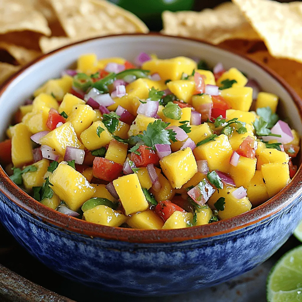 - 2 reife Mangos, in kleine Würfel geschnitten - 1 rote Paprika, fein gewürfelt - 1/2 rote Zwiebel, fein gehackt - 1 Jalapeño, entkernt und klein gehackt (nach Belieben anpassen) - 1/4 Tasse frischer Koriander, gehackt Die Hauptzutaten sind wichtig für den Geschmack. Reife Mangos bringen die nötige Süße. Achte darauf, dass die Mangos weich sind, aber nicht matschig. Rote Paprika und Zwiebel geben der Salsa Farbe und Crunch. Jalapeño sorgt für die Schärfe. Du kannst die Menge nach deinem Geschmack anpassen. Frischer Koriander bringt einen frischen Duft und ergänzt die Aromen perfekt. - Saft von 2 Limetten - Salz nach Geschmack - 1/2 Teelöffel gemahlener Kreuzkümmel (optional für einen erdigen Akzent) Limettensaft bringt Säure in die Salsa. Das sorgt für einen frischen und spritzigen Geschmack. Salz ist wichtig, um die Aromen zu betonen. Fange mit einer kleinen Menge an und passe es später an. Gemahlener Kreuzkümmel ist optional. Er gibt der Salsa eine erdige Tiefe. Wenn du es magst, probiere es aus! Für die vollständige Anleitung zur Zubereitung, siehe das Rezept [Full Recipe]. Zuerst schneide ich die reifen Mangos in kleine Würfel. Achte darauf, dass sie süß und saftig sind. Dann nehme ich eine rote Paprika und schneide sie ebenfalls in feine Würfel. Als Nächstes hacke ich die halbe rote Zwiebel klein. Der Geschmack wird dadurch frisch und knackig. Ich entkerne eine Jalapeño und hacke sie klein. Die Schärfe kann ich nach meinem Geschmack anpassen. Wenn ich es milder mag, nehme ich weniger. Jetzt vermenge ich die Mangos, Paprika und Zwiebel in einer großen Schüssel. Dann füge ich die Jalapeño und frischen Koriander hinzu. Das bringt frische Aromen. Ich presse den Saft von zwei Limetten über die Mischung. Das macht die Salsa spritzig und lecker. Dann streue ich eine Prise Salz und optional gemahlenen Kreuzkümmel dazu. Der Kreuzkümmel gibt der Salsa einen besonderen Geschmack. Ich schmecke alles gut ab und passe die Gewürze an. Ich achte darauf, die Zutaten vorsichtig zu vermengen. So bleiben die Mangowürfel ganz und zerdrücken nicht. Nach dem Mischen lasse ich die Salsa mindestens 15 bis 20 Minuten bei Zimmertemperatur ruhen. Diese Zeit ist wichtig, damit sich die Aromen entfalten können. So schmeckt die Salsa noch besser. Für das vollständige Rezept, schau dir die [Full Recipe] an. Um die beste Mango für Salsa zu wählen, achte auf die Farbe. Eine reife Mango hat eine schöne, warme Farbe, oft mit etwas Gelb oder Rot. Drücke sanft auf die Mango. Sie sollte leicht nachgeben. Das zeigt, dass sie reif und süß ist. Vermeide Mangos mit dunklen Flecken oder Druckstellen. Diese können überreif und matschig sein. Wenn du deine Salsa schärfer magst, passe die Menge der Jalapeño an. Beginne mit einer kleinen Menge und taste dich langsam vor. Du kannst auch andere Chilis ausprobieren, wie Serrano oder Habanero. Diese geben deiner Salsa eine ganz neue Note. Denk daran, die Kerne zu entfernen. Sie sind sehr scharf! Mango Salsa passt wunderbar zu vielen Gerichten. Serviere sie mit Tortillachips als Snack. Du kannst sie auch zu gegrilltem Hähnchen oder Fisch reichen. Für eine besondere Note, verwende sie als Füllung für Tacos oder Burritos. Die frischen Aromen der Salsa bringen jedes Gericht zum Strahlen. Probiere auch, sie auf einem gemischten Salat zu verwenden. So wird dein Essen bunter und schmackhafter! Für das vollständige Rezept, schau dir die Full Recipe an. {{image_4}} Ich liebe es, mit verschiedenen Chili-Sorten zu experimentieren. Eine pikante Mango Salsa bringt neuen Schwung in jedes Gericht. Verwende Jalapeños für eine milde Schärfe oder probiere Habaneros für mehr Hitze. Du kannst auch Serrano-Chilis nutzen, wenn du es gerne fruchtig und scharf magst. Achte darauf, die Chilis klein zu hacken, damit die Schärfe gleichmäßig verteilt wird. Diese Salsa passt perfekt zu gegrilltem Fleisch oder Fisch. Wenn du etwas Neues ausprobieren möchtest, kombiniere Mangos mit Ananas und Kiwi. Diese Mischung gibt der Salsa eine süße und saftige Note. Schneide die Ananas und Kiwi in kleine Stücke, genau wie die Mangos. Mische alles gründlich und füge etwas Limettensaft hinzu. Diese tropische Fruchtsalsa ist ideal für Feste oder als erfrischender Snack. Du kannst sie auch auf Tacos oder in Salaten verwenden. Für Feste kannst du die Salsa anpassen. Füge z.B. Avocado hinzu, um mehr Cremigkeit zu erzielen. Du kannst auch schwarze Bohnen oder Mais für einen herzhaften Touch nutzen. Diese Zutaten machen die Salsa nahrhafter und sättigender. Serviere sie in einer schönen Schüssel und dekoriere sie mit frischem Koriander. So wird sie zum Hingucker auf jedem Buffet oder jeder Grillparty. Für die besten Ergebnisse, nutze die [Full Recipe]. Bewahren Sie Ihre Mango-Salsa im Kühlschrank auf. Nutzen Sie einen luftdichten Behälter. So bleibt die Frische lange erhalten. Die Salsa sollte nicht zu lange bei Raumtemperatur stehen. Kühlung verlangsamt das Wachstum von Bakterien. Mango-Salsa hält sich gut im Kühlschrank. Sie bleibt etwa 3 bis 5 Tage frisch. Achten Sie darauf, die Salsa vor dem Essen zu überprüfen. Wenn sie seltsam riecht oder sich verändert hat, entsorgen Sie sie. Haben Sie Reste? Nutzen Sie die Salsa kreativ! Fügen Sie sie zu Tacos hinzu oder verwenden Sie sie als Dip. Sie passt auch gut in Salate oder auf Sandwiches. So vermeiden Sie Lebensmittelverschwendung und genießen neue Geschmackserlebnisse. Mango Salsa hält sich gut im Kühlschrank. Sie bleibt bis zu drei Tage frisch. Bewahren Sie die Salsa in einem luftdichten Behälter auf. So bleibt der Geschmack erhalten und die Frische bleibt länger. Wenn Sie keine frischen Mangos haben, können Sie gefrorene Mangos verwenden. Diese sind oft schon gewürfelt und sehr praktisch. Auch Dosenmangos sind eine gute Option. Achten Sie darauf, die in Sirup eingelegten Mangos gründlich abzuspülen. Ja, Mango Salsa ist gesund und kalorienarm. Sie enthält frisches Gemüse und Früchte. Die Salsa hat viele Vitamine und Ballaststoffe. Sie können sie auch leicht anpassen, indem Sie weniger Jalapeño verwenden oder die Zwiebel weglassen. Fertige Mango Salsa finden Sie in vielen Supermärkten. Achten Sie auf die Kühlregale oder die Gewürzabteilung. Online-Shops bieten ebenfalls eine große Auswahl. Marken wie Fresh Gourmet oder Trader Joe’s sind empfehlenswert. Mango Salsa ist einfach und lecker, perfekt für viele Gerichte. Die Hauptzutaten wie reife Mangos, Paprika und Jalapeño bringen frischen Geschmack. Durch die richtigen Gewürze entfaltet sich das Aroma vollends. Denken Sie daran, die Salsa einige Minuten ruhen zu lassen, um die Würze zu verbessern. Lagerungstipps helfen, Reste zu nutzen. Variieren Sie das Rezept für besondere Anlässe oder mehr Schärfe. Ob selbstgemacht oder gekauft, Mango Salsa ist stets eine genussvolle Wahl in der Küche.