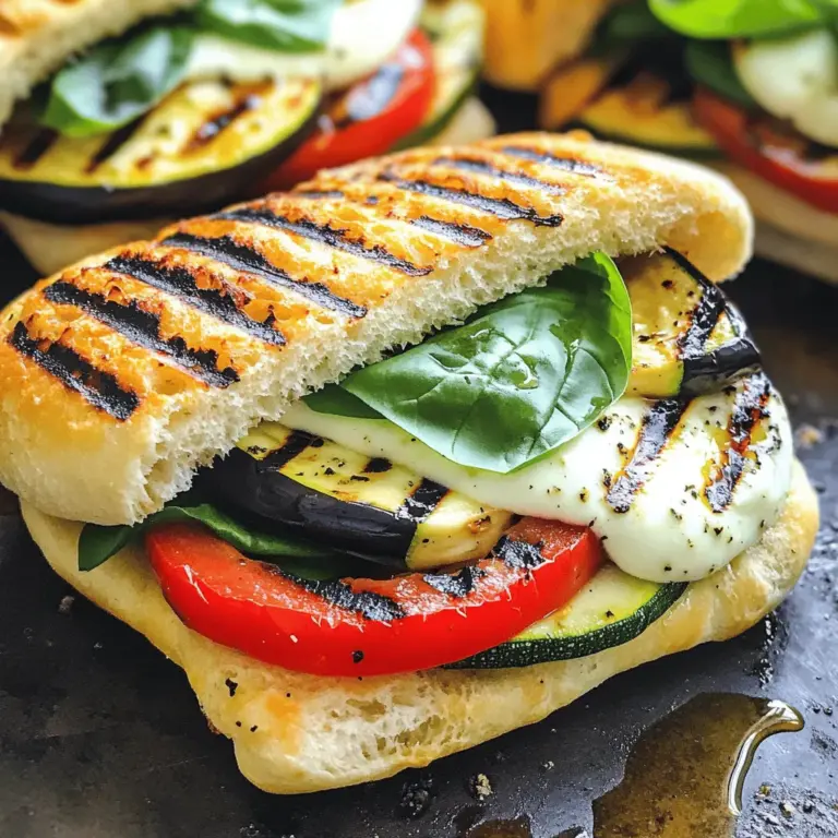 Für das Gegrillte Gemüse-Panini benötigst du einige einfache Zutaten. Hier sind die Hauptbestandteile: - 1 mittelgroße Zucchini, in Scheiben geschnitten - 1 Paprika (rot oder gelb), in Scheiben geschnitten - 1 kleine Aubergine, in Scheiben geschnitten - 1 Tasse frischer Spinat - 1/2 rote Zwiebel, dünn geschnitten - 4 Esslöffel Olivenöl - 1 Teelöffel Balsamico-Essig - Salz und Pfeffer nach Geschmack - 1 Teelöffel getrocknete italienische Kräuter - 4 Scheiben Focaccia oder Ciabatta-Brot - 1 Tasse Mozzarella, gerieben - Frische Basilikumblätter zum Garnieren Ich empfehle, mit frischem Gemüse zu arbeiten. Zucchini und Paprika geben Farbe. Auberginen bringen einen tollen Geschmack. Du kannst auch andere Gemüsesorten verwenden, die du magst. Probiere zum Beispiel Zwiebeln oder Pilze. Je mehr Farben, desto besser sieht dein Panini aus! Für mehr Geschmack kannst du einige optionale Zutaten hinzufügen. Probiere Hummus oder Pesto als Aufstrich. Diese machen das Panini noch leckerer. Auch Avocado kann eine gute Ergänzung sein. Du kannst mit verschiedenen Käsesorten experimentieren, wie Feta oder Gouda. Heize den Grill oder eine Grillpfanne auf mittlerer Temperatur vor. Das ist wichtig, damit das Gemüse gleichmäßig gart. Ein gut vorbereiteter Grill gibt dem Gemüse diese perfekten Grillstreifen. Wenn die Hitze stimmt, dann ist alles bereit für das Grillen. Nimm eine große Schüssel und füge die geschnittene Zucchini, Paprika und Aubergine hinzu. Gib 2 Esslöffel Olivenöl, Balsamico-Essig, Salz, Pfeffer und die italienischen Kräuter dazu. Mische alles gut durch. So nimmt das Gemüse die Aromen auf. Lass es etwa 10 Minuten marinieren. Dies macht einen großen Unterschied im Geschmack. Lege das marinierte Gemüse auf den Grill. Grill es für 3-4 Minuten auf jeder Seite. Es sollte zart und leicht braun sein. Nimm das Gemüse dann vom Grill und lass es kurz ruhen. Jetzt kommt der spaßige Teil: Baue dein Sandwich! Bestreiche die Außenseiten des Brotes mit dem restlichen Olivenöl. Lege das gegrillte Gemüse auf eine Brotscheibe. Füge eine Handvoll frischen Spinat und den geriebenen Mozzarella hinzu. Setze die zweite Brotscheibe auf das Gemüse. Lege das Sandwich auf den Grill oder in eine Panini-Presse. Grill es 3-4 Minuten lang, bis das Brot goldbraun und der Käse geschmolzen ist. Wenn du eine Pfanne benutzt, drücke leicht mit einem Pfannenwender und wende das Sandwich. Nimm das Panini nach dem Grillen vom Herd und lass es eine Minute abkühlen. Schneide es diagonal durch und garniere es mit frischen Basilikumblättern. Jetzt ist dein Gegrilltes Gemüse-Panini bereit zum Genießen! Um das beste Gegrillte Gemüse-Panini zuzubereiten, ist die Grilltechnik entscheidend. Heizen Sie den Grill gut vor. Eine mittlere Temperatur sorgt dafür, dass das Gemüse gleichmäßig gart. Verwenden Sie frisches Gemüse, da dies den Geschmack enorm verbessert. Drehen Sie das Gemüse während des Grillens, um schöne Streifen zu erhalten und es gleichmäßig zu garen. Lassen Sie das Gemüse nach dem Grillen kurz ruhen. So können sich die Aromen setzen. Für das Gegrillte Gemüse-Panini empfehle ich Mozzarella. Er schmilzt gut und hat einen milden Geschmack. Alternativ können Sie auch Feta oder Ziegenkäse verwenden. Diese Käse verleihen dem Panini eine besondere Note. Kombinieren Sie die Käse mit italienischen Kräutern, wie Oregano oder Basilikum. Diese Gewürze bringen den Geschmack des Gemüses zur Geltung. Ein Spritzer Balsamico-Essig kann das Ganze abrunden. Für eine vegane Variante ersetzen Sie den Käse durch pflanzliche Alternativen. Es gibt viele schmackhafte vegane Käsesorten auf dem Markt. Nutzen Sie glutenfreies Brot, wenn Sie eine glutenfreie Option benötigen. Die meisten Gemüsesorten sind von Natur aus glutenfrei. Achten Sie darauf, auch die Marinade ohne tierische Produkte zu wählen. So bleibt das Panini lecker und passt zu Ihrer Diät. Für das vollständige Rezept, schauen Sie sich die [Full Recipe] an. {{image_4}} Du kannst dein Panini mit verschiedenen Gemüsesorten anpassen. Probiere zum Beispiel: - Gegrillte Pilze - Zucchini - Süßkartoffeln - Brokkoli - Artischocken Diese Gemüse geben deinem Panini einen neuen Geschmack. Du kannst auch frisches Gemüse verwenden, wie Tomaten oder Rucola. Das sorgt für Frische und Farbe. Die Brotsorte macht viel aus. Focaccia und Ciabatta sind klasse Optionen. Du kannst auch: - Vollkornbrot - Baguette - Glutenfreies Brot Jede Brotsorte bringt ihren eigenen Charme und Textur. Experimentiere und finde deinen Favoriten! Aufstriche machen dein Panini noch besser. Hier sind einige Ideen: - Pesto für einen würzigen Kick - Hummus für eine cremige Note - Avocado für gesunde Fette Diese Aufstriche geben deinem Panini mehr Geschmack und Vielfalt. Probiere die verschiedenen Kombinationen aus dem [Full Recipe]. Um die Reste deines gegrillten Gemüse-Paninis gut zu lagern, folge diesen Tipps: - Lass das Panini zuerst auf Raumtemperatur abkühlen. - Wickel es in Frischhaltefolie oder lege es in einen luftdichten Behälter. - Halte es von direkter Sonneneinstrahlung fern. Das Aufwärmen ist einfach. So machst du es richtig: - Verwende einen Toaster oder eine Grillpfanne. - Erhitze es bei mittlerer Hitze, damit das Brot knusprig bleibt. - Du kannst auch eine Mikrowelle verwenden, aber das Brot wird nicht knusprig. Die Haltbarkeit ist wichtig für den Genuss. Hier sind die Details: - Im Kühlschrank bleibt das Panini frisch für etwa 2-3 Tage. - Im Gefrierschrank kann es bis zu einem Monat halten. - Achte darauf, es gut zu verpacken, um Gefrierbrand zu vermeiden. Diese einfachen Schritte helfen dir, dein gegrilltes Gemüse-Panini frisch und lecker zu halten. Wenn du das Panini zubereitest, kannst du auch gerne die [Full Recipe] ausprobieren, um dein Kochen noch abwechslungsreicher zu gestalten! Um das Gegrillte Gemüse-Panini perfekt zuzubereiten, folge diesen einfachen Schritten: 1. Heize deinen Grill oder eine Grillpfanne auf mittlere Hitze vor. 2. Mische die geschnittenen Zucchini, Paprika und Aubergine mit Olivenöl, Balsamico-Essig, Salz, Pfeffer und italienischen Kräutern. 3. Grill das Gemüse für etwa 3-4 Minuten pro Seite. Achte darauf, dass es zart ist und schöne Grillstreifen hat. 4. Bestreiche das Brot mit Olivenöl, lege das gegrillte Gemüse und Spinat darauf, und streue den Mozzarella darüber. 5. Decke das Sandwich mit einer weiteren Brotscheibe ab und grill es für 3-4 Minuten. Das Brot soll goldbraun sein und der Käse geschmolzen. Ein gut gegrilltes Panini hat eine knusprige Kruste und einen schmelzenden Käse. Ja, du kannst das Panini ohne Käse machen. Du kannst die gleichen Schritte befolgen und den Käse einfach weglassen. Stattdessen kannst du mehr frisches Gemüse oder Avocado hinzufügen. Diese Optionen halten das Panini lecker und nahrhaft. Eine vegane Option ist auch toll. Nutze zum Beispiel Hummus oder Pesto als Aufstrich. So bleibt der Geschmack stark und du hast ein tolles Gericht. Für ein Gegrilltes Gemüse-Panini passen viele Beilagen gut. Hier sind einige Ideen: - Ein frischer grüner Salat mit Vinaigrette - Knusprige Pommes oder Süßkartoffelpommes - Eine cremige Suppe, wie Tomatensuppe - Gebratene Zucchini oder Auberginen als Beilage Diese Beilagen ergänzen das Panini und machen dein Essen bunter. Zu einem Gegrillten Gemüse-Panini passen verschiedene Getränke gut. Hier sind einige Vorschläge: - Ein spritziger Weißwein, wie Sauvignon Blanc - Eine frische Limonade mit Minze - Ein kaltes Bier, wie ein helles Lagerbier - Mineralwasser mit einem Spritzer Zitrone Jedes dieser Getränke bringt frische Aromen und macht das Essen noch besser. Ein Gegrilltes Gemüse-Panini ist eine leckere Option mit vielen Zutaten. Du kannst das Gemüse vorher marinieren und dann perfekt grillen. Die Tipps helfen dir, die Technik zu verbessern und verschiedene Diäten zu berücksichtigen. Du kannst auch die Gemüsesorten und Brote nach Lust und Laune variieren. Denke daran, Reste richtig zu lagern. So schmecken sie später genauso gut. Probiere dieses Rezept aus und entdecke die Vielfalt!