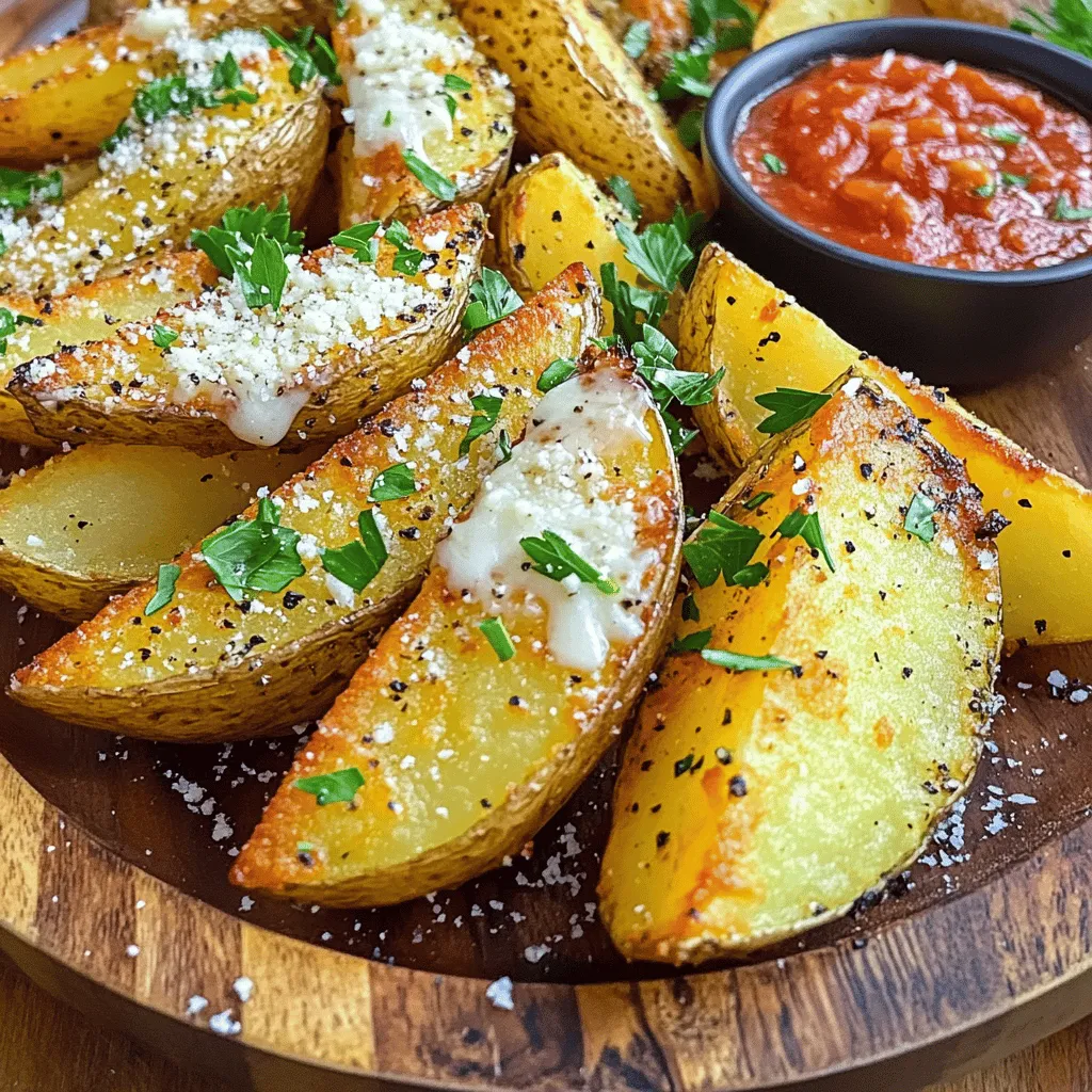 - 4 große Backkartoffeln (Russet) - 60 ml Olivenöl - 4 Knoblauchzehen, fein gehackt - 1 Teelöffel Knoblauchpulver - 1 Teelöffel Zwiebelpulver - 1 Teelöffel geräuchertes Paprikapulver - 1 Teelöffel getrocknete italienische Kräuter (Oregano, Basilikum, Thymian) - 120 g frisch geriebener Parmesan - Salz und Pfeffer nach Geschmack - Frische Petersilie, gehackt (zur Garnitur) Für dieses Rezept empfehle ich, die großen Russet-Kartoffeln zu wählen. Sie haben eine hohe Stärke und werden schön knusprig. Das Olivenöl gibt den Kartoffeln Geschmack und hilft beim Backen. Achte darauf, frischen Knoblauch zu verwenden, da er intensiver schmeckt als das Pulver. Wenn du Kartoffeln kaufst, achte auf die Form. Die besten Kartoffeln sind fest und haben keine grünen Stellen. Die Schale sollte glatt und ohne Dellen sein. Russet-Kartoffeln sind ideal, weil sie beim Backen knusprig werden. Vermeide Kartoffeln mit Keimen oder weichen Stellen, da sie nicht frisch sind. Zuerst wasche die großen Backkartoffeln gründlich. Ich benutze fließendes Wasser und einen Gemüsescrubber. Achte darauf, die Schale gut zu reinigen. Danach schneide jede Kartoffel in etwa acht Spalten. Diese Form sorgt für eine schöne Knusprigkeit. In einer großen Schüssel mische ich das Olivenöl mit dem fein gehackten Knoblauch. Füge dann das Knoblauchpulver, Zwiebelpulver und geräuchertes Paprikapulver hinzu. Vergiss nicht die getrockneten italienischen Kräuter. Diese Mischung gibt den Kartoffeln einen tollen Geschmack. Gib die Kartoffelspalten in die Schüssel und werfe sie gut um, bis sie gleichmäßig mit der Mischung bedeckt sind. Lege die gewürzten Kartoffelspalten auf ein Backblech mit Backpapier. Achte darauf, dass sie in einer einzigen Schicht liegen. So werden sie gleichmäßig knusprig. Backe sie im vorgeheizten Ofen bei 220°C für 25 bis 30 Minuten. Nach der Hälfte der Zeit drehst du sie um. Wenn sie goldbraun und knusprig sind, nimm sie aus dem Ofen. Streue sofort den frisch geriebenen Parmesan darüber. Setze das Blech für 3 bis 4 Minuten zurück in den Ofen, bis der Käse sprudelt und goldbraun ist. Das bringt den letzten Schliff! Um die Kartoffelspalten extra knusprig zu machen, gibt es einige einfache Tricks. Zuerst solltest du die Kartoffeln gut waschen und schälen. Das hilft, die Stärke zu entfernen. Dann schneide die Kartoffeln in gleichmäßige Spalten. Gleichmäßige Stücke backen besser. Ein weiterer Tipp ist, die Kartoffeln vor dem Backen einzuweichen. Lege sie für 30 Minuten in kaltes Wasser. Das macht sie knuspriger. Du kannst die Gewürze ganz nach deinem Geschmack anpassen. Magst du es schärfer? Füge etwas Cayennepfeffer hinzu. Ist dir der Knoblauch zu stark? Reduziere die Menge. Du kannst auch frische Kräuter wie Rosmarin oder Thymian verwenden. Experimentiere mit verschiedenen Geschmäckern. Das macht das Rezept spannender. Diese Kartoffelspalten sind sehr vielseitig. Du kannst sie als Snack oder als Beilage servieren. Ich empfehle, sie mit einer leckeren Marinara-Sauce oder Knoblauch-Aioli zu genießen. Das gibt einen tollen Geschmack. Auch ein frischer Salat passt gut dazu. Für eine schöne Präsentation kannst du frische Petersilie darüber streuen. So sieht das Gericht noch ansprechender aus. Wenn du mehr Ideen brauchst, schau dir die vollständige Rezeptanleitung an. {{image_4}} Wenn du eine vegetarische Option suchst, sind diese Kartoffelspalten perfekt. Du kannst die Parmesan-Käse durch vegane Alternativen ersetzen. So bleibt das Gericht lecker und passt zu einer pflanzlichen Ernährung. Eine weitere Idee ist, die Kartoffeln mit frischen Kräutern wie Rosmarin oder Thymian zu würzen. Diese Varianten bringen frische Aromen in dein Gericht. Der Käse spielt eine große Rolle in diesem Rezept. Du kannst mit verschiedenen Käsesorten experimentieren. Zum Beispiel ist Cheddar eine tolle Wahl. Er gibt den Kartoffeln eine andere Geschmackstiefe. Feta-Käse bringt eine salzige Note, die gut passt. Du kannst auch eine Mischung aus Käsen verwenden, um einen reichhaltigen Geschmack zu erzielen. Das macht die Kartoffelspalten noch interessanter. Für eine glutenfreie Option brauchst du keine speziellen Zutaten. Die Hauptbestandteile sind Kartoffeln und Gewürze, die von Natur aus glutenfrei sind. Achte nur darauf, dass alle verwendeten Gewürze und Käsesorten ebenfalls glutenfrei sind. So kannst du sicher sein, dass deine Baked Garlic Parmesan Potato Wedges für jeden geeignet sind. Diese einfachen Anpassungen machen das Rezept vielseitig und lecker. Um die perfekten Kartoffelspalten zu genießen, folge einfach dem Full Recipe und passe die Zutaten nach deinem Geschmack an. Um die knusprigen Kartoffelspalten frisch zu halten, lege sie in einen luftdichten Behälter. Du kannst sie auch in Alufolie wickeln. Diese Methoden verhindern, dass die Feuchtigkeit die Kartoffeln durchweicht. Lagere die Spalten an einem kühlen, trockenen Ort. So bleiben sie bis zu zwei Tage lecker. Wenn du sie länger aufbewahren möchtest, solltest du sie einfrieren. Wenn du Reste hast, lass die Kartoffelspalten zuerst abkühlen. Lege die Spalten dann in einen luftdichten Behälter. So bleiben sie für ein paar Tage frisch. Um sie wieder aufzuwärmen, lege die Spalten auf ein Backblech. Heize deinen Ofen auf 200°C vor. Backe sie etwa 10 bis 15 Minuten, bis sie wieder knusprig sind. Dies hilft, die Textur zu erhalten. Im Kühlschrank bleiben die Kartoffelspalten bis zu drei Tage gut. Wenn du sie länger aufbewahren willst, friere sie ein. Im Gefrierschrank halten sie bis zu zwei Monate. Achte darauf, sie gut in Behälter oder Gefrierbeutel zu verpacken. So verhinderst du Gefrierbrand. Für das beste Ergebnis taue sie im Kühlschrank auf, bevor du sie wieder aufwärmst. Für das vollständige Rezept schau dir die Anleitung zu Baked Garlic Parmesan Potato Wedges an. Das Backen der Kartoffelspalten dauert etwa 25 bis 30 Minuten. Du solltest sie nach 15 Minuten wenden. So werden sie gleichmäßig knusprig. Der Ofen sollte vorher auf 220°C vorgeheizt sein. Achte darauf, dass sie goldbraun und knusprig sind, bevor du sie aus dem Ofen nimmst. Ja, du kannst ganz nach deinem Geschmack andere Gewürze verwenden. Experimentiere mit Chili-Pulver für Schärfe oder Paprika für einen süßen Geschmack. Auch Kräuter wie Rosmarin oder Thymian passen gut dazu. Deine Gewürzmischung macht das Gericht einzigartig und spannend. Zu den Kartoffelspalten passen viele Dips. Marinara-Sauce ist ein Klassiker. Knoblauch-Aioli ist ebenfalls sehr beliebt. Du kannst auch einen scharfen Dip oder Sour Cream mit frischen Kräutern anbieten. Jeder Dip ergänzt den Geschmack und macht das Essen noch besser. Baked Garlic Parmesan Potato Wedges sind einfach zuzubereiten. Wir haben die besten Zutaten und Tipps besprochen. Die Schritt-für-Schritt-Anleitung hilft dir, perfekte Kartoffeln zu machen. Extra Knusprigkeit und kreative Varianten bringen Abwechslung. Denke daran, die Reste richtig zu lagern. Diese leckeren Kartoffelspalten bieten viele Möglichkeiten. Probiere die verschiedenen Tipps und genieße deine köstlichen Knabbereien!