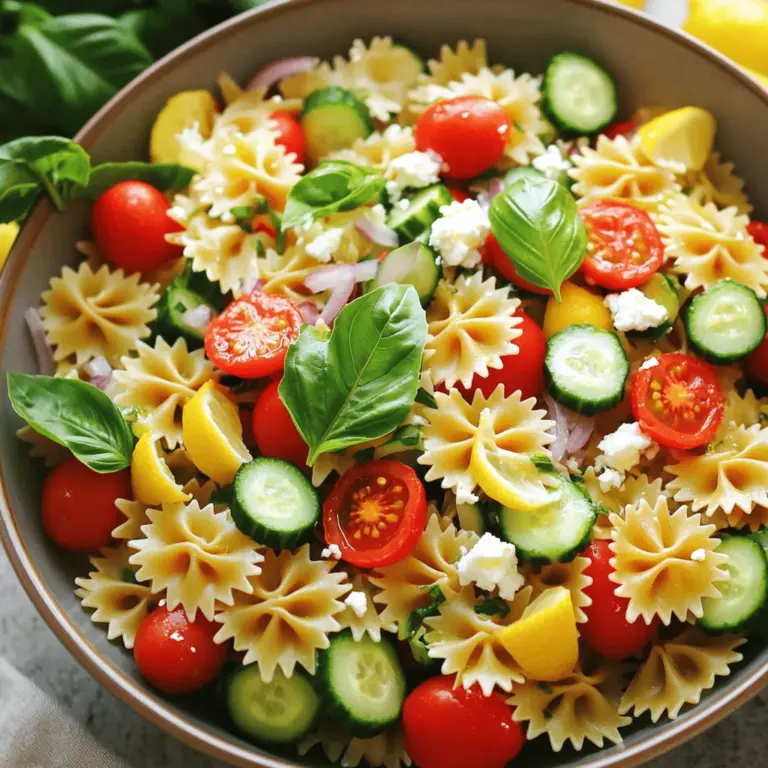 Für meinen Zitronen-Basilikum-Pasta-Salat brauche ich einige einfache, aber leckere Zutaten. Hier sind die Hauptzutaten: - 240 g Farfalle (Schmetterlingspasta) - 240 g Kirschtomaten, halbiert - 1 Gurke, gewürfelt - 1 Tasse frische Basilikumblätter, zerrissen - 60 g rote Zwiebel, fein gehackt - 120 g Feta-Käse, zerbröselt - 80 ml Olivenöl - 60 ml Zitronensaft (frisch gepresst) - 1 TL Zitronenschale - Salz und Pfeffer nach Geschmack Frische Zutaten machen meinen Pasta-Salat lebendig. Die Kirschtomaten bringen Süße und Saftigkeit. Gurken fügen einen knackigen Biss hinzu. Basilikum verleiht dem Gericht einen frischen, aromatischen Geschmack. Feta-Käse gibt dem Salat eine salzige Note und Cremigkeit. Olivenöl und Zitronensaft sorgen für ein tolles Dressing. Die Farben der Zutaten machen den Salat ansprechend. Ein schöner Blickfang auf jedem Tisch! Wenn die Zutaten frisch sind, schmeckt der Salat besser und bleibt länger frisch. Wenn du vegan bist, kannst du den Feta-Käse durch Tofu oder eine vegane Käsealternative ersetzen. Für eine glutenfreie Variante wähle glutenfreie Pasta. Diese Optionen machen den Salat für jeden zugänglich. Du kannst auch die Zwiebeln weglassen, wenn du sie nicht magst. So bleibt der Salat frisch und leicht. Experimentiere mit verschiedenen Zutaten, um deinen persönlichen Geschmack zu treffen. Wenn du mehr erfahren möchtest, schau dir das [Full Recipe] an und entdecke, wie du diesen Salat selbst zubereiten kannst! Um die Pasta perfekt zu kochen, bringe einen großen Topf mit gesalzenem Wasser zum Kochen. Füge die Farfalle hinzu und koche sie nach den Anweisungen auf der Verpackung. Normalerweise dauert das etwa 10-12 Minuten. Die Pasta sollte al dente sein. Nach dem Kochen gieße die Pasta ab. Spüle sie sofort unter kaltem Wasser ab. Das stoppt den Garprozess und hilft, die Pasta frisch zu halten. Für das Dressing nimm eine kleine Schüssel. Gib das Olivenöl, den frisch gepressten Zitronensaft, die Zitronenschale sowie Salz und Pfeffer hinein. Verquirle alles gut miteinander. In einer großen Rührschüssel vermengst du die abgekühlte Pasta mit Kirschtomaten, gewürfelter Gurke, roter Zwiebel und zerbröseltem Feta-Käse. Das passt gut zusammen und gibt viele Aromen. Jetzt kommt der beste Teil! Füge die zerrissenen Basilikumblätter zu deiner Mischung hinzu. Hebe sie vorsichtig unter, damit sie nicht zerdrückt werden. Gieße das Dressing gleichmäßig über den Salat. Vermische alles gut, bis die Pasta schön bedeckt ist. Um die Aromen zu intensivieren, decke die Schüssel mit Frischhaltefolie ab. Lass den Salat mindestens 30 Minuten im Kühlschrank stehen. Vor dem Servieren rühre den Salat noch einmal um. Schmecke ihn nach Belieben mit Salz und Pfeffer ab. Für die vollständige Anleitung sieh dir das [Full Recipe] an. Um die besten Aromen in deinem Zitronen-Basilikum-Pasta-Salat zu erreichen, achte auf frische Zutaten. Frisches Basilikum gibt einen starken, tollen Geschmack. Auch frische Kirschtomaten machen einen großen Unterschied. Wähle die besten Tomaten, die du finden kannst. Wenn du die Zitronenschale hinzufügst, nutze eine feine Reibe. So erhältst du den vollen Geschmack der Zitrone. Lass den Salat für mindestens 30 Minuten im Kühlschrank stehen. So können sich die Aromen gut vermischen. Beginne mit der Auswahl der besten Pasta. Farfalle ist eine gute Wahl, weil sie gut die Sauce hält. Koche die Pasta al dente, damit sie beim Mischen nicht matschig wird. Nach dem Kochen solltest du die Pasta sofort kalt abspülen. Das stoppt den Garprozess und verhindert ein Verkleben. Wenn du die Zutaten schneidest, achte auf gleichmäßige Stücke. So sieht der Salat schön aus und jeder Bissen hat die gleiche Mischung. Für besondere Anlässe präsentiere den Salat in einer großen, bunten Schüssel. Garniere ihn mit zusätzlichen Basilikumblättern und Zitronenscheiben. Das sieht frisch und einladend aus. Du kannst auch kleine Schalen für jeden Gast bereitstellen. Es macht das Essen persönlicher und macht Spaß. Wenn du diesen Salat zu einem Picknick bringst, stelle ihn in eine Kühltasche. So bleibt er frisch und lecker. Du findest das ganze Rezept in der [Full Recipe]. {{image_4}} Um deinem Zitronen-Basilikum-Pasta-Salat mehr Tiefe zu geben, kannst du einige zusätzliche Zutaten hinzufügen. Zum Beispiel passen schwarze Oliven oder geröstete Pinienkerne sehr gut. Auch gegrillte Paprika bringt einen süßen, rauchigen Geschmack. Avocadowürfel fügen Cremigkeit hinzu, während geröstete Kichererbsen eine knusprige Textur bieten. Experimentiere mit diesen Zutaten, um deinen eigenen Geschmack zu treffen. Das Dressing kann den gesamten Salat verändern. Neben dem klassischen Zitronendressing kannst du auch Balsamico- oder Joghurtdressings verwenden. Für eine schärfere Note mische etwas Senf oder Honig in dein Dressing. Wenn du es cremig magst, probiere eine Mischung aus griechischem Joghurt und Zitronensaft. Diese Variationen bieten frische Geschmäcker und neue Erlebnisse. Der Zitronen-Basilikum-Pasta-Salat ist sehr vielseitig. Du kannst verschiedene Gemüsesorten verwenden, um ihn anzupassen. Zucchini oder Karotten bringen Farbe und Crunch. Spinat oder Rucola machen den Salat nahrhafter und gesünder. Auch Mais oder Erbsen fügen Süße hinzu. Das einzige Limit ist deine Kreativität! Für die vollständige Anleitung und das Rezept besuche die [Full Recipe] Seite. Um den Zitronen-Basilikum-Pasta-Salat frisch zu halten, lagere ich ihn in einem luftdichten Behälter. So bleibt der Salat knackig und die Aromen gut erhalten. Ich empfehle, die Schüssel immer gut abzudecken. So verhindere ich, dass der Salat austrocknet oder Gerüche aus dem Kühlschrank aufnimmt. Im Kühlschrank hält sich der Pasta-Salat etwa drei bis fünf Tage. Ich achte darauf, ihn schnell zu konsumieren, um die beste Frische zu genießen. Nach ein paar Tagen kann der Salat seine Knackigkeit verlieren. Daher ist es besser, ihn frisch zu essen. Wenn ich den Salat im Voraus zubereiten möchte, bereite ich die Pasta und das Dressing getrennt vor. So bleiben die Zutaten frisch. Ich mische die anderen Zutaten am Tag des Servierens. Das gibt mir die beste Textur und den besten Geschmack. Zudem kann ich die Menge an Dressing nach meinem Geschmack anpassen, wenn ich den Salat zubereite. Du kannst den Zitronen-Basilikum-Pasta-Salat bis zu drei Tage im Kühlschrank aufbewahren. Achte darauf, ihn in einem luftdichten Behälter zu lagern. So bleiben die Aromen frisch. Wenn du ihn länger aufbewahren möchtest, friere die Portionen ein. Der Geschmack wird jedoch etwas anders sein, wenn du ihn auftaut. Ja, das ist eine tolle Idee! Du kannst den Salat am Vortag machen. Die Aromen entwickeln sich über Nacht und machen den Salat noch besser. Bereite ihn einfach wie im Full Recipe beschrieben vor und stelle ihn in den Kühlschrank. Denke daran, ihn vor dem Servieren gut durchzurühren. Es gibt viele leckere Möglichkeiten, den Salat zu variieren. Hier sind einige Ideen: - Füge gegrilltes Hähnchen oder Garnelen hinzu, um das Gericht proteinreicher zu machen. - Probiere verschiedene Käsesorten wie Mozzarella oder Ziegenkäse. - Ersetze die Farfalle durch eine andere Pastaform wie Fusilli oder Penne. - Experimentiere mit verschiedenen Gemüsesorten, wie Paprika oder Mais. - Nutze Pesto anstelle des Zitronendressings für einen anderen Geschmack. Diese Variationen machen den Salat spannend und frisch! Der Zitronen-Basilikum-Pasta-Salat ist einfach zuzubereiten und voller frischer Aromen. Wir haben die besten Zutaten, die Zubereitungsschritte und nützliche Tipps besprochen. Variationen und Lagerung sind ebenfalls wichtig für den perfekten Genuss. Experimentiere mit deinem Salat und finde deine Lieblingsversion. So macht Kochen Freude und Geschmack!