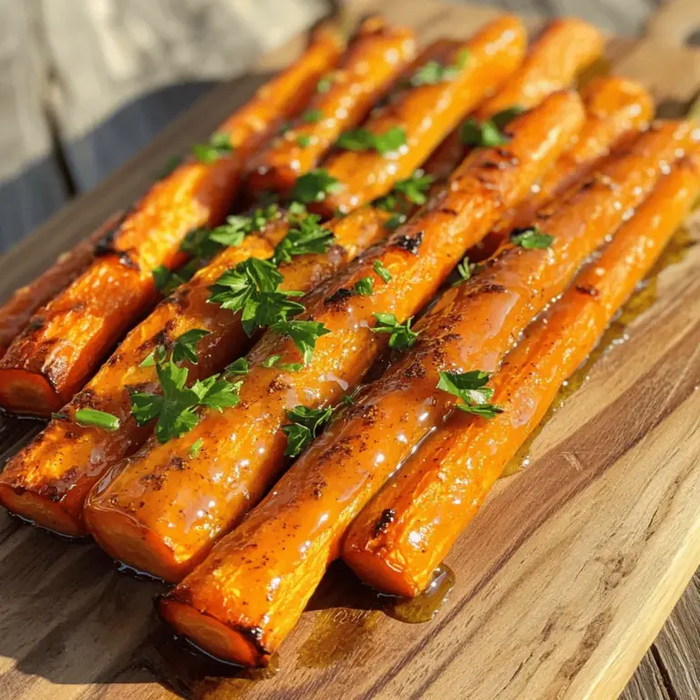 - 450 g Karotten, geschält und in gleichmäßige Sticks geschnitten - 2 Esslöffel Olivenöl - 2 Esslöffel Honig - 1 Teelöffel gemahlener Zimt - 1/2 Teelöffel Cayennepfeffer (nach Geschmack anpassen) - 1 Teelöffel Knoblauchpulver - Salz und Pfeffer nach Geschmack - Frische Petersilie, gehackt (zum Garnieren) Die Hauptzutaten sind einfach zu finden. Karotten sind der Star dieser Gerichte. Sie bringen Süße und Farbe. Olivenöl bietet gesunde Fette. Der Honig verstärkt die Süße. Die Gewürze sind wichtig für den Geschmack. Zimt gibt ein warmes Aroma. Cayennepfeffer fügt eine scharfe Note hinzu. Passen Sie die Menge an Cayennepfeffer an, wenn Sie es milder mögen. Knoblauchpulver gibt zusätzlich einen herzhaften Geschmack. Zum Abschmecken nutzen Sie Salz und Pfeffer. Diese beiden bringen die Aromen zur Geltung. Frische Petersilie ist perfekt für die Garnitur. Sie sorgt für einen frischen Kontrast und sieht toll aus. Für das vollständige Rezept schauen Sie sich die Full Recipe an. Heize deinen Ofen auf 220°C vor. Das ist wichtig, um die Karotten schön knusprig zu bekommen. Schäle die Karotten und schneide sie in gleichmäßige Sticks. So garen sie gleichmäßig. Stelle alle Zutaten bereit. Das macht die Zubereitung einfacher und schneller. In einer großen Schüssel vermenge 2 Esslöffel Olivenöl, 2 Esslöffel Honig, 1 Teelöffel gemahlenen Zimt, 1/2 Teelöffel Cayennepfeffer, 1 Teelöffel Knoblauchpulver sowie Salz und Pfeffer nach Geschmack. Rühre alles mit einem Schneebesen gut zusammen. Du willst eine gleichmäßige Marinade erhalten, die die Karotten schön umhüllt. Wirf die Karottensticks in die Marinade. Stelle sicher, dass sie gut beschichtet sind. Lege die marinierten Karotten auf ein mit Backpapier ausgelegtes Backblech. Achte darauf, dass sie in einer einzigen Schicht liegen. Röste die Karotten im vorgeheizten Ofen für etwa 25-30 Minuten. Wende sie nach der Hälfte der Zeit, damit sie gleichmäßig garen. Die Karotten sind fertig, wenn sie zart und schön karamellisiert sind. Wann sind die Karotten fertig? Die Karotten sind perfekt, wenn sie zart und leicht karamellisiert sind. Das dauert etwa 25 bis 30 Minuten. Ich empfehle, sie nach der Hälfte der Zeit zu wenden. So erhalten sie eine gleichmäßige Röstung. Verwendung eines Thermometers zur Überprüfung der Garheit kann hilfreich sein. Wenn die Innentemperatur bei 90°C liegt, sind die Karotten gut. So kannst du sicher sein, dass sie genau richtig sind. Anpassen der Süße und Schärfe ist einfach. Du kannst mehr Honig für mehr Süße oder mehr Cayennepfeffer für mehr Schärfe hinzufügen. Probiere die Marinade, bevor du die Karotten hinzufügst. So findest du die perfekte Balance für deinen Geschmack. Verwendung frischer Kräuter bringt zusätzlichen Geschmack. Petersilie ist eine tolle Wahl. Du kannst auch Koriander oder Thymian verwenden. Diese Kräuter machen die Karotten noch frischer und aromatischer. Empfohlene Marken für Gewürze und Öle sind wichtig. Ich empfehle, hochwertiges Olivenöl zu verwenden. Marken wie „Bertolli“ oder „Filippo Berio“ sind gut. Qualität der Zutaten verbessert das Gericht. Frische Karotten sind am besten. Achte darauf, dass sie fest sind und keine weichen Stellen haben. So schmecken die gerösteten Karotten frisch und lecker. Für das gesamte Rezept schau dir die [Full Recipe] an. {{image_4}} Du kannst die Karotten gegen andere Wurzelgemüse austauschen. Süßkartoffeln oder Rüben passen gut. Das gibt deinem Gericht neue Aromen. Auch der Geschmack wird dadurch ganz anders. Zusätzlich kannst du verschiedene Süßungsmittel nutzen. Ahornsirup oder Agavendicksaft sind tolle Alternativen. Sie bringen eigene Geschmäcker mit. Du kannst die Süße an deinen persönlichen Geschmack anpassen. Experimentiere mit Gewürzen wie Kreuzkümmel oder Paprika. Diese Gewürze verleihen den Karotten eine spannende Note. Sie bringen mehr Tiefe und Komplexität in das Gericht. Du kannst auch Zitrusschalen hinzufügen. Ein bisschen Limetten- oder Zitronenschale bringt Frische. Diese frischen Noten machen die Karotten noch leckerer und interessanter. Kombiniere die Karotten mit anderen Beilagen. Sie passen gut zu Quinoa oder Reis. Auch ein frischer Salat ergänzt die Karotten perfekt. Für Feste und Feiern sind die Karotten ein Hit. Serviere sie auf einer großen Platte. So sehen sie toll aus und jeder kann sich nehmen. Wenn du mehr Ideen brauchst, schau dir die Full Recipe an. Um die übrig gebliebenen Karotten richtig zu lagern, lege sie in einen luftdichten Behälter. So bleiben sie frisch und lecker. Du kannst die Karotten bis zu fünf Tage im Kühlschrank aufbewahren. Stelle sicher, dass sie vollständig abgekühlt sind, bevor du sie verpackst. Dadurch vermeidest du Kondenswasser, das die Karotten matschig machen kann. Für längere Haltbarkeit kannst du die Karotten auch einfrieren. Lass die Karotten zuerst abkühlen. Lege sie dann auf ein Backblech und friere sie für etwa zwei Stunden ein. So kleben sie nicht zusammen. Nach dem Einfrieren kannst du sie in einen Gefrierbeutel umfüllen. Die Karotten halten sich im Gefrierfach bis zu drei Monate. Zum Auftauen lege sie einfach in den Kühlschrank oder erhitze sie direkt in der Pfanne. Übrig gebliebene Karotten sind sehr vielseitig. Du kannst sie in einer Suppe verwenden oder sie zu einem Salat hinzufügen. Eine andere Idee ist, sie in ein Sandwich zu packen. Du kannst die Karotten auch pürieren und als Beilage servieren. Sie bringen eine süße und würzige Note in viele Gerichte. Nutze die Reste kreativ, um neue Geschmackserlebnisse zu entdecken. Geröstete Karotten halten sich im Kühlschrank etwa fünf bis sieben Tage. Lagern Sie sie in einem luftdichten Behälter. So bleiben sie frisch und schmackhaft. Achten Sie darauf, dass die Karotten vollständig abgekühlt sind, bevor Sie sie verpacken. Dies verhindert Kondensation, die die Karotten matschig machen kann. Ja, das Rezept lässt sich leicht vegan umstellen. Ersetzen Sie den Honig durch Ahornsirup oder Agavendicksaft. Diese Alternativen bieten die nötige Süße. Außerdem können Sie das Olivenöl verwenden, ohne tierische Zutaten hinzuzufügen. Das Rezept bleibt köstlich und gesund. Süß und würzig geröstete Karotten passen gut zu vielen Gerichten. Sie harmonieren hervorragend mit Quinoa oder Couscous. Servieren Sie sie als Beilage zu gebratenem Hähnchen oder Lamm. Sie können auch in Salaten oder Wraps verwendet werden. Diese Karotten bringen Farbe und Geschmack in jede Mahlzeit. Für die perfekte Kombination probieren Sie auch einen Joghurt-Dip dazu. Das Rezept für die Karotten finden Sie in der [Full Recipe]. In diesem Artikel haben wir die Zutaten für geröstete Karotten behandelt und Schritt für Schritt erklärt, wie du sie zubereitest. Zudem haben wir Tipps zur Geschmacksbalance und verschiedene Variationen vorgestellt. Du kannst die Karotten einfach lagern und kreativ mit Resten umgehen. Für eine gesunde und schmackhafte Beilage sind diese gerösteten Karotten perfekt. Probiere das Rezept aus und entdecke, wie einfach es ist, mit wenigen Zutaten köstliche Gerichte zu zaubern. Viel Spaß beim Kochen!
