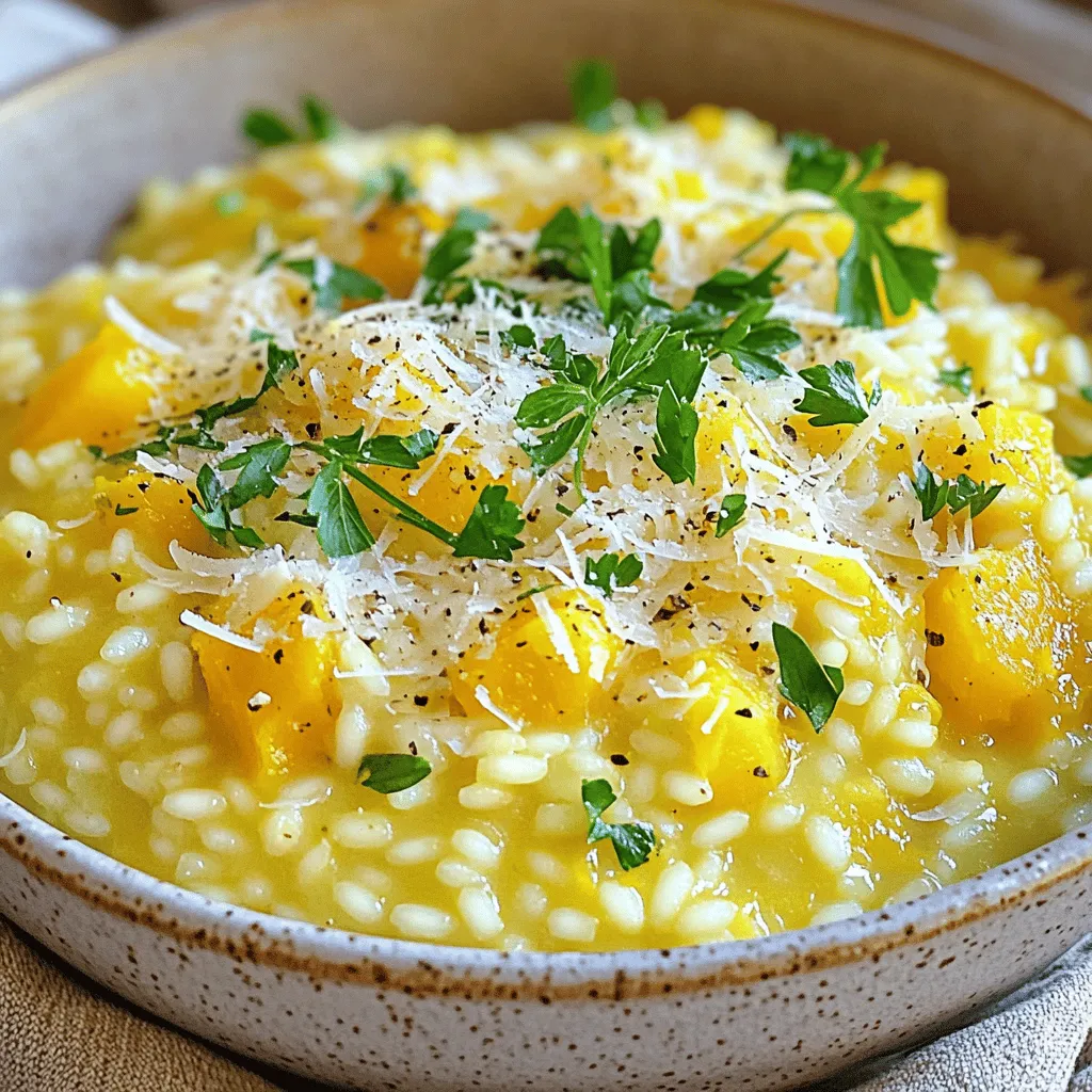 - 1 Tasse Arborio-Reis - 2 Tassen Butternusskürbis, geschält und gewürfelt - 4 Tassen Gemüsebrühe Die Basis für ein gutes Risotto ist der Arborio-Reis. Er hat eine hohe Stärke, die das Risotto cremig macht. Butternusskürbis bringt eine süße Note und schöne Farbe. Die Gemüsebrühe sorgt für den nötigen Geschmack. - 1 mittelgroße Zwiebel, fein gehackt - 2 Knoblauchzehen, gehackt - 1 Tasse geriebener Parmesan-Käse Zwiebel und Knoblauch sind die Aromaträger. Sie geben dem Risotto eine leckere Basis. Parmesan-Käse macht das Gericht noch reichhaltiger und herzhaft. Frische Kräuter wie Thymian fügen einen frischen Geschmack hinzu. - Salz und Pfeffer nach Geschmack - 2 Esslöffel Olivenöl - 1 Esslöffel Butter Olivenöl und Butter bringen einen tollen Geschmack. Sie helfen auch, die Zwiebel und den Knoblauch schön anzubraten. Salz und Pfeffer sind wichtig, um das Risotto richtig zu würzen. Achten Sie darauf, die Gewürze im richtigen Moment hinzuzufügen, um die Aromen zu maximieren. Für das vollständige Rezept, schauen Sie sich den [Full Recipe] an. Halte die Gemüsebrühe warm. Erhitze sie in einem kleinen Topf bei niedriger Hitze. Dies hilft, das Risotto gleichmäßig zu garen. Es ist wichtig, dass die Brühe warm bleibt. Kalte Brühe kann den Kochprozess stören. Erhitze das Olivenöl und die Butter in einer großen Pfanne. Füge die gehackte Zwiebel hinzu. Brate sie etwa fünf Minuten lang weich. Sie sollte durchsichtig und duftend sein. Dann kommt der gehackte Knoblauch dazu. Koche ihn für eine bis zwei Minuten. So entfaltet er sein Aroma. Gebe den gewürfelten Butternusskürbis in die Pfanne. Brate ihn fünf bis sieben Minuten lang an. Der Kürbis sollte weich werden, aber nicht zerfallen. Er gibt dem Risotto eine süße Note. Füge nun den Arborio-Reis hinzu und erhöhe leicht die Hitze. Rühre alles kontinuierlich für etwa zwei Minuten. So nimmt der Reis die Aromen gut auf und wird leicht geröstet. Beginne, die warme Gemüsebrühe hinzuzufügen. Mache das eine Kelle nach der anderen. Rühre das Risotto regelmäßig um. Lass den Reis die meiste Flüssigkeit aufnehmen, bevor du mehr hinzufügst. Dieser Prozess dauert etwa 18 bis 20 Minuten. Achte darauf, dass der Reis am Ende cremig und al dente ist. Du kannst jetzt die restlichen Zutaten wie Parmesan und frische Thymianblätter hinzufügen. Passe die Gewürze an dein persönliches Empfinden an. Für die vollständige Anleitung, schau dir das [Full Recipe] an. Um die perfekte Konsistenz für dein Risotto zu erzielen, achte auf die Kochzeit. Risotto sollte immer cremig sein, aber der Reis muss auch al dente bleiben. Das bedeutet, der Reis sollte innen noch einen kleinen Biss haben. Wenn du die Brühe hinzufügst, mache es langsam. Rühre oft, damit der Reis gleichmäßig gart. So wird das Risotto schön cremig. Frische Kräuter bringen zusätzlichen Geschmack. Ich empfehle, frischen Thymian oder Petersilie zu verwenden. Diese Kräuter geben dem Risotto ein tolles Aroma. Füge sie am Ende des Kochens hinzu, damit sie frisch und lebendig bleiben. Du kannst auch ausprobieren, andere Kräuter wie Basilikum oder Oregano zu verwenden, um neue Geschmäcker zu entdecken. Der Parmesan ist wichtig für die Cremigkeit und den Geschmack. Du kannst ihn mit anderen Käsesorten kombinieren, um mehr Tiefe zu erreichen. Zum Beispiel passt Gouda gut dazu. Füge den Käse immer am Ende hinzu, wenn das Risotto vom Herd ist. So bleibt der Käse weich und schmilzt gleichmäßig. Achte darauf, den Käse gut zu rühren, damit er überall verteilt wird. Wenn du mehr über die Zubereitung erfahren möchtest, schau dir das [Full Recipe] an. {{image_4}} Um das Risotto vegan zu machen, ersetzen Sie den Parmesan. Verwenden Sie einfach Hefeflocken. Diese geben eine nussige Note. Alternativ können Sie Cashewkäse verwenden. Er ist cremig und lecker. So bleibt der Geschmack intensiv und gut. Risotto ist von Natur aus glutenfrei. Achten Sie beim Kauf des Reis darauf, dass er nicht mit Gluten in Kontakt kam. Arborio-Reis ist eine gute Wahl. So können Sie sicher genießen und nichts vermissen. Um das Risotto noch spannender zu machen, fügen Sie Pfifferlinge oder Erbsen hinzu. Pfifferlinge bringen einen tollen, erdigen Geschmack. Erbsen fügen Süße und Farbe hinzu. Sie können auch Spinat oder Kürbiskerne verwenden. Diese Zutaten machen das Gericht noch bunter und schmackhafter. Für die vollständige Zubereitung sehen Sie sich das Rezept an: [Full Recipe]. Wenn Sie Risotto übrig haben, lagern Sie es im Kühlschrank. Nutzen Sie einen luftdichten Behälter, um die Frische zu bewahren. So bleibt der Geschmack erhalten. Essen Sie die Reste innerhalb von drei Tagen. Vor dem Servieren können Sie das Risotto leicht umrühren. Das Einfrieren von Risotto ist eine gute Option. Teilen Sie das Risotto in Portionen auf. Verwenden Sie gefriergeeignete Behälter oder Beutel. Achten Sie darauf, die Luft herauszudrücken, bevor Sie sie verschließen. So verhindern Sie Gefrierbrand. Risotto bleibt bis zu drei Monate frisch im Gefrierfach. Um Risotto wieder aufzuwärmen, verwenden Sie einen Topf oder die Mikrowelle. Fügen Sie etwas Brühe oder Wasser hinzu, um die Konsistenz zu verbessern. Erhitzen Sie es bei mittlerer Hitze und rühren Sie oft um. So bleibt das Risotto cremig. Vermeiden Sie hohe Temperaturen, damit es nicht anbrennt. Risotto kann im Kühlschrank bis zu drei Tage aufbewahrt werden. Achten Sie darauf, es in einem luftdichten Behälter zu lagern. Lassen Sie das Risotto vor dem Kühlen auf Raumtemperatur abkühlen. So bleibt der Geschmack frisch. Wenn Sie das Risotto länger aufbewahren möchten, können Sie es auch einfrieren. In diesem Fall hält es sich bis zu drei Monate. Ja, Sie können Risotto im Voraus zubereiten. Kochen Sie es bis zu dem Punkt, an dem es fast fertig ist, und stoppen Sie den Kochprozess. Lassen Sie es abkühlen und lagern Sie es im Kühlschrank. Wenn Sie bereit sind, es zu servieren, erhitzen Sie es langsam und fügen Sie etwas Brühe hinzu. So bleibt das Risotto cremig. Wenn Sie keinen Parmesan haben oder eine Alternative suchen, probieren Sie Pecorino oder Grana Padano. Für vegane Optionen können Sie Hefeflocken verwenden, um einen ähnlichen Geschmack zu erzielen. Auch Cashew-Käse ist eine gute Wahl. Es gibt viele Käsealternativen, die gut zu diesem Gericht passen. Risotto ist einfach und lecker. Du brauchst nur die richtigen Zutaten und Schritte. Beginne mit Arborio-Reis und Butternusskürbis. Aromatische Zutaten wie Zwiebel, Knoblauch und Parmesan bringen Geschmack. Wichtig ist, die Brühe warm zu halten und regelmäßig zu rühren. Mit ein paar Tipps kannst du sogar Variationen ausprobieren. Denke an vegane oder glutenfreie Optionen. Reste kannst du gut lagern und wieder aufwärmen. Risotto ist vielseitig und immer ein Genuss. Bereite es zu und erlebe die Freude beim Essen.