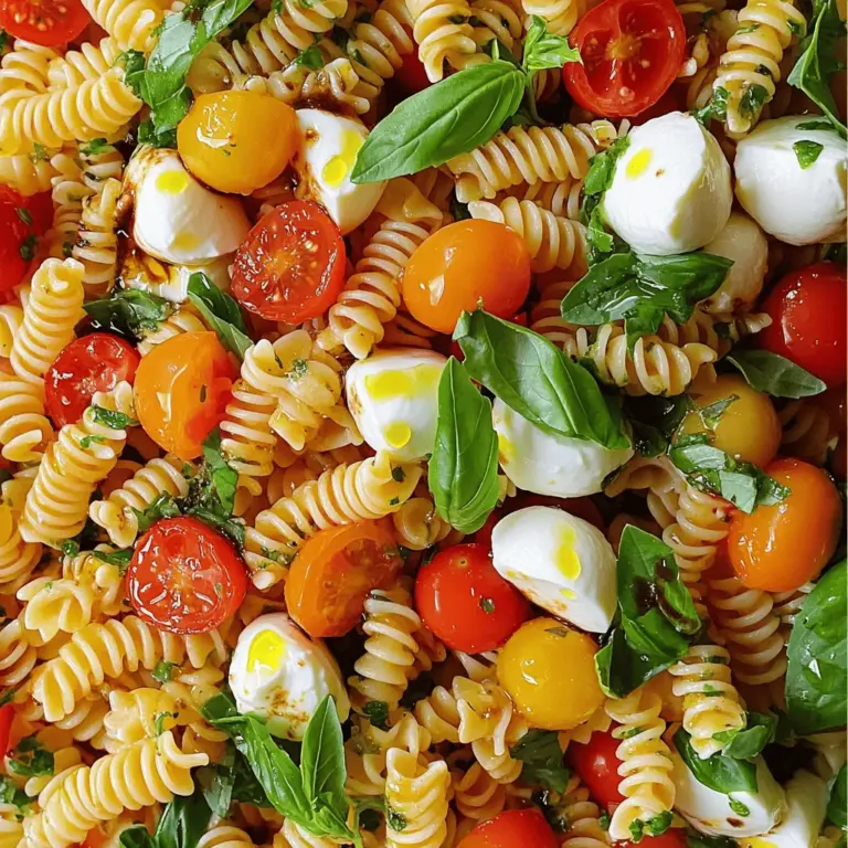 Für einen leckeren Caprese Pasta Salat brauchst du frische und hochwertige Zutaten. Hier sind die Hauptzutaten, die du benötigst: - 2 Tassen ungekochte Pasta (Fusilli oder Penne sind ideal) - 1 Tasse Kirschtomaten, halbiert - 1 Tasse frische Mozzarellakugeln (Bocconcini), abgetropft - 1/2 Tasse frische Basilikumblätter, zerzupft Diese Zutaten machen deinen Salat bunt und schmackhaft. Die Pasta gibt die Basis, und die Tomaten sorgen für Frische. Die Mozzarella bringt Cremigkeit, während das Basilikum das Gericht aromatisch macht. Das Dressing ist das Herzstück des Salats. Hier sind die Gewürze und Zutaten für das Dressing: - 3 Esslöffel natives Olivenöl extra - 1 Esslöffel Balsamico-Essig - 1 Knoblauchzehe, fein gehackt - Salz und Pfeffer nach Geschmack - 1/4 Teelöffel rote Pfefferflocken (optional) Das Olivenöl und der Balsamico-Essig geben deinem Salat Tiefe. Der Knoblauch sorgt für eine würzige Note. Du kannst die roten Pfefferflocken hinzufügen, wenn du es etwas schärfer magst. Die Qualität deiner Zutaten macht einen großen Unterschied. Hier sind einige Tipps, um die besten Zutaten auszuwählen: - Wähle frische, reife Kirschtomaten. Sie sollten leuchtend rot und fest sein. - Achte darauf, dass die Mozzarella frisch ist. Sie sollte weich und feucht sein. - Nutze frisches Basilikum. Die Blätter sollten grün und unbeschädigt sein. - Verwende hochwertiges Olivenöl. Es sollte kalt gepresst sein und gut riechen. Mit diesen Tipps kannst du sicherstellen, dass dein Caprese Pasta Salat köstlich und frisch wird. Wenn du mehr über das Rezept erfahren möchtest, schau dir das [Full Recipe] an. Um den perfekten Caprese Pasta Salat zu machen, beginnen wir mit der Pasta. Bringe einen großen Topf mit Wasser zum Kochen. Füge eine Prise Salz hinzu. Ich empfehle Fusilli oder Penne, da sie die Sauce gut aufnehmen. Koche die Pasta gemäß der Anleitung auf der Verpackung, bis sie al dente ist. Das dauert in der Regel etwa 8 bis 10 Minuten. Nach dem Kochen gieße die Pasta ab und spüle sie unter kaltem Wasser. Dies stoppt den Garprozess und verhindert, dass die Pasta matschig wird. Jetzt ist es Zeit für das Dressing. In einer kleinen Schüssel mischt du das Olivenöl, den Balsamico-Essig und den fein gehackten Knoblauch. Füge Salz und Pfeffer hinzu. Wenn du es scharf magst, gib auch die roten Pfefferflocken dazu. Verquirle alles gründlich, bis die Mischung gut verbunden ist. Dies gibt deinem Salat den nötigen Geschmack und die Frische. In einer großen Schüssel vermenge die halbierten Kirschtomaten, die abgetropften Mozzarellakugeln und die zerzupften Basilikumblätter. Diese Zutaten bringen die italienischen Aromen in deinen Salat. Füge nun die abgekühlte Pasta hinzu. Gieße das Dressing gleichmäßig über die Mischung. Rühre vorsichtig um, damit alles gut vermischt ist. Probiere den Salat und passe die Gewürze nach deinem Geschmack an. Lass den Salat für mindestens 30 Minuten im Kühlschrank ruhen. So können die Aromen noch besser ziehen. Serviere ihn kalt oder bei Raumtemperatur. Das ist die Schritt-für-Schritt-Anleitung für deinen Caprese Pasta Salat. Für die vollständige Zubereitung schau dir das [Full Recipe] an. Die Pasta sollte al dente sein. Das bedeutet, sie bleibt beim Kauen fest. Um das zu erreichen, koche die Pasta nur bis zur angegebenen Zeit. Probiere sie kurz vor dem Abgießen. So kannst du sicherstellen, dass sie den perfekten Biss hat. Spüle die Pasta nach dem Kochen mit kaltem Wasser ab. Das stoppt den Garprozess und hält die Konsistenz. Die Marinierzeit ist wichtig. Lass den Salat mindestens 30 Minuten im Kühlschrank ruhen. So können die Aromen in die Pasta und die Zutaten eindringen. Wenn du mehr Zeit hast, kannst du ihn auch länger marinieren. Über Nacht im Kühlschrank schmeckt der Salat oft noch besser. Bereite alle Zutaten vor, bevor du mit dem Kochen beginnst. Schneide die Kirschtomaten und den Knoblauch, bevor du die Pasta kochst. So läuft alles reibungslos. Halte die Mozzarella-Kugeln bereit und reiße das Basilikum erst kurz vor dem Servieren. So bleibt es frisch und grün. Wenn du die Schritte gut planst, wird es einfach und schnell gehen. Verwende das [Full Recipe] für eine klare Anleitung, die dir hilft, keinen Schritt zu vergessen. {{image_4}} Caprese Pasta Salat ist von Natur aus einfach. Du kannst ihn leicht vegetarisch oder vegan machen. Tausche die Mozzarella-Kugeln gegen pflanzliche Alternativen aus. Es gibt viele tolle Produkte aus Nüssen oder Soja. Diese Optionen bieten einen ähnlichen Geschmack und eine ähnliche Textur. So bleibt der Salat frisch und lecker. Wenn du mehr Protein möchtest, füge Hähnchen oder Tofu hinzu. Gekochtes Hähnchen passt gut zu diesem Salat. Es macht den Salat nahrhafter. Wenn du eine pflanzliche Option wählst, nimm Tofu. Brate den Tofu vorher an, damit er knusprig wird. Beide Optionen geben deinem Salat mehr Substanz und Geschmack. Um den Geschmack zu verbessern, kannst du weitere Zutaten hinzufügen. Avocado bringt eine cremige Textur. Oliven fügen einen salzigen, herzhaften Geschmack hinzu. Du kannst auch geröstete Pinienkerne oder Kürbiskerne probieren. Diese Zutaten geben dem Salat eine neue Dimension. Experimentiere mit verschiedenen Kombinationen und finde deinen Favoriten! Um deinen Caprese Pasta Salat frisch zu halten, packe ihn in einen luftdichten Behälter. Achte darauf, dass der Salat gut abgedeckt ist. So bleibt die Pasta nicht matschig und die Aromen bleiben klar. Wenn du im Voraus planst, ist es eine gute Idee, das Dressing separat aufzubewahren. So kannst du den Salat frisch halten und die Aromen besser genießen. Der Caprese Pasta Salat hält sich im Kühlschrank etwa 3 bis 4 Tage. Nach dieser Zeit kann die Qualität abnehmen. Die Tomaten und der Mozzarella verlieren ihre Frische und der Salat wird weniger ansprechend. Achte stets auf einen frischen Geruch und eine ansprechende Optik, bevor du ihn isst. Es ist am besten, diesen Salat kalt zu genießen. Wenn du ihn jedoch warm essen möchtest, kannst du die Pasta leicht erwärmen. Gib die Pasta in die Mikrowelle für 30 Sekunden bis eine Minute. Rühre dabei um, damit sie gleichmäßig warm wird. Füge dann frische Tomaten und Basilikum hinzu, um den Geschmack zu beleben. So bleibt der Salat lecker und frisch. Du kannst den Caprese Pasta Salat bis zu drei Tage im Kühlschrank aufbewahren. Achte darauf, ihn in einem luftdichten Behälter zu lagern. So bleibt der Salat frisch und lecker. Nach ein paar Tagen kann die Pasta jedoch weich werden. Das Dressing kann auch die anderen Zutaten beeinflussen. Daher ist es am besten, den Salat innerhalb von zwei Tagen zu essen, um den besten Geschmack zu genießen. Ja, du kannst den Caprese Pasta Salat im Voraus zubereiten. Das macht die Planung einfacher. Bereite den Salat bis zu einen Tag vorher zu. Lass ihn dann im Kühlschrank ruhen. So haben die Aromen Zeit, sich zu vermischen. Wenn du ihn servierst, schmecke ihn vorher ab. Vielleicht benötigst du etwas mehr Salz oder Pfeffer. Zu diesem Salat passen viele Beilagen. Einige gute Optionen sind: - Gegrilltes Hähnchen - Knoblauchbrot - Antipasti-Platte mit Oliven und Käse - Ein grüner Salat mit Balsamico-Dressing Diese Beilagen ergänzen die frischen Aromen des Caprese Pasta Salats perfekt. Der Caprese Pasta Salat ist einfach und lecker. Wir haben die wichtigsten Zutaten besprochen, darunter frische Tomaten und Mozzarella. Ich habe dir gezeigt, wie du die Pasta und das Dressing nach dem besten Rezept zubereitest. Denk daran, die Pasta perfekt zu garen und die Aromen gut einziehen zu lassen. Variiere den Salat mit weiteren Zutaten für mehr Geschmack. Achte auf die Aufbewahrung, damit der Salat frisch bleibt. Nutze diese Tipps, um einen tollen Salat zu zaubern. Viel Spaß beim Ausprobieren!
