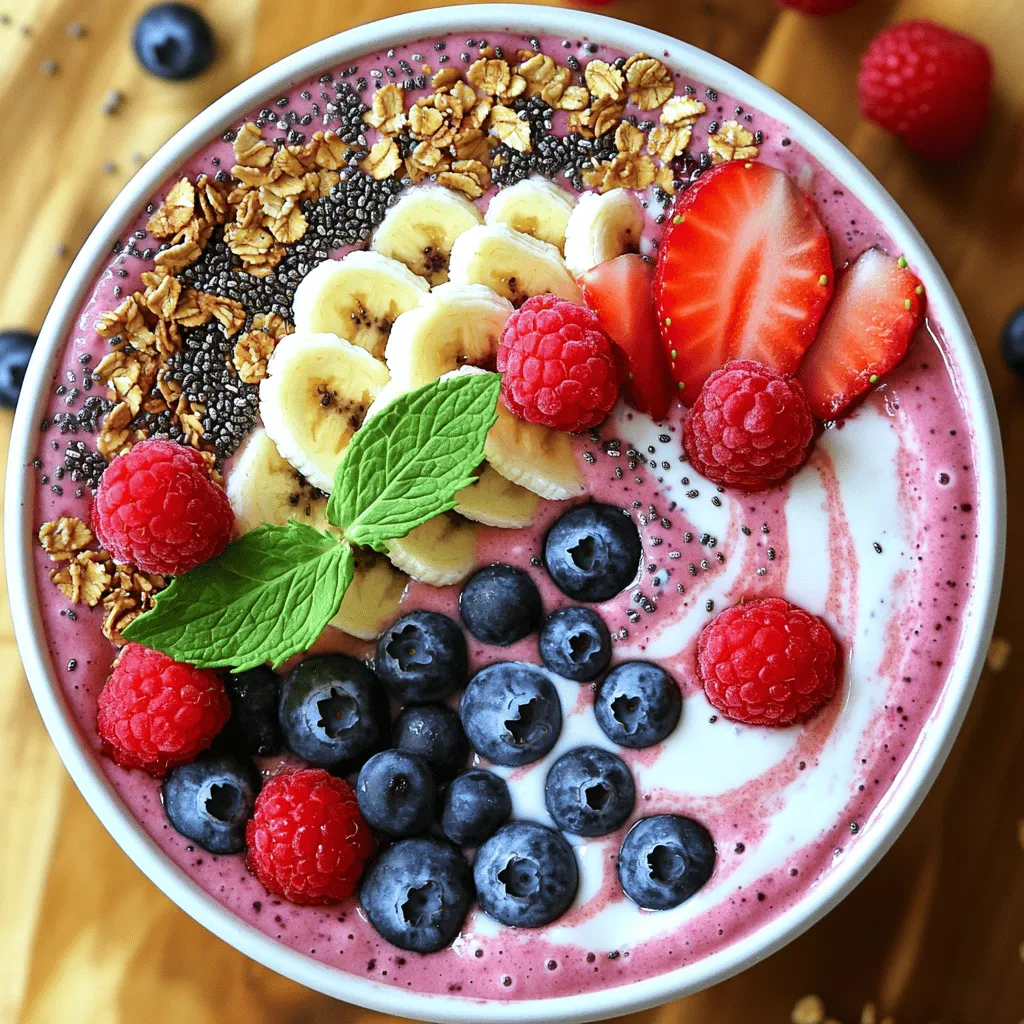 Die Zutaten für die Berry Smoothie Bowl sind einfach und frisch. Hier ist, was du brauchst: - 1 Tasse gemischte Beeren (Erdbeeren, Heidelbeeren, Himbeeren) - 1 gefrorene Banane - 1/2 Tasse griechischer Joghurt (oder pflanzlicher Joghurt) - 1/2 Tasse Mandelmilch (oder eine andere Milch deiner Wahl) - 1 Esslöffel Honig oder Ahornsirup (optional) - 1 Esslöffel Chiasamen - 1 Esslöffel Granola (optional, für den Crunch) - Frische Minzblätter als Garnitur Diese Zutaten machen die Bowl lecker und nahrhaft. Die Beeren bringen viel Geschmack und Farbe. Die gefrorene Banane macht die Mischung schön cremig. Joghurt fügt Protein hinzu, was gut für deinen Körper ist. Du kannst die Zutaten leicht ändern, um deinen Geschmack zu treffen. Hier sind einige Optionen: - Statt gemischter Beeren kannst du nur Erdbeeren oder Himbeeren verwenden. - Nutze Kokosmilch anstelle von Mandelmilch für einen tropischen Geschmack. - Ersetze griechischen Joghurt durch einen pflanzlichen Joghurt für eine vegane Option. - Füge Spinat oder Grünkohl für einen zusätzlichen Nährstoffschub hinzu. Diese Alternativen bieten dir mehr Auswahl und helfen, die Bowl nach deinem Geschmack zu gestalten. Es gibt viele tolle Ergänzungen, die du hinzufügen kannst: - Nüsse: Mandeln oder Walnüsse geben gesunde Fette. - Samen: Leinsamen sind eine großartige Quelle für Omega-3-Fettsäuren. - Protein-Pulver: Füge etwas Protein hinzu, um die Bowl sättigender zu machen. - Haferflocken: Sie machen die Bowl nahrhafter und geben dir lange Energie. Diese Nährstoffreiche Ergänzungen verbessern die Bowl und machen sie noch gesünder. Mit diesen Tipps kannst du deine Berry Smoothie Bowl nach Belieben anpassen. Probiere die Full Recipe aus und genieße die köstlichen Aromen! Um die Berry Smoothie Bowl zuzubereiten, beginne mit den Zutaten. Du brauchst: - 1 Tasse gemischte Beeren (Erdbeeren, Heidelbeeren, Himbeeren) - 1 gefrorene Banane - 1/2 Tasse griechischer Joghurt (oder pflanzlicher Joghurt) - 1/2 Tasse Mandelmilch (oder eine andere Milch deiner Wahl) - 1 Esslöffel Honig oder Ahornsirup (optional) - 1 Esslöffel Chiasamen - 1 Esslöffel Granola (optional, für den Crunch) - Frische Minzblätter als Garnitur Gib die Beeren, die gefrorene Banane, den Joghurt und die Mandelmilch in einen Mixer. Mixe alles bei hoher Geschwindigkeit, bis die Mischung glatt ist. Achte darauf, die Seiten des Mixbehälters mit einem Spatel herunterzuschaben. Wenn die Mischung zu dick ist, füge mehr Milch hinzu. Nach dem Mixen gieße den Smoothie in eine Schüssel. Streue die Chiasamen gleichmäßig obenauf. Diese kleinen Samen bieten eine tolle Textur und sind sehr gesund. Dann füge etwas Granola hinzu, falls du einen Crunch magst. Garniere die Schüssel mit frischen Beeren und Minzblättern für einen schönen Look. Die Konsistenz ist wichtig. Wenn du eine dickere Smoothie Bowl möchtest, nutze weniger Milch. Für eine dünnere Mischung verwende mehr Milch. Das ist ganz nach deinem Geschmack! Schau dir die Farbe der Mischung an. Sie sollte lebendig und einladend sein. Wenn du die Berry Smoothie Bowl perfekt zubereitet hast, kannst du sie mit Freunden teilen oder einfach selbst genießen. Für das vollständige Rezept schau dir [Full Recipe] an. Ein häufiger Fehler ist, die Beeren nicht gut zu waschen. Schmutzige Beeren können den Geschmack verderben. Außerdem kann die Wahl der falschen Banane die Konsistenz beeinflussen. Eine gefrorene Banane sorgt für eine cremige Textur. Vergiss nicht, die Mixer-Pause zu nutzen. So schabst du die Seiten ab und vermeidest Klumpen. Die Beeren in dieser Smoothie Bowl sind echte Superfoods. Sie sind reich an Antioxidantien. Diese schützen deinen Körper vor Schäden. Griechischer Joghurt bietet dir viel Protein. Das ist wichtig für die Muskeln. Chiasamen sind voll mit Ballaststoffen und Omega-3-Fettsäuren. Sie unterstützen die Verdauung und fördern die Gesundheit des Herzens. Du kannst die Smoothie Bowl leicht anpassen. Probiere andere Früchte wie Mango oder Ananas. Diese bringen neue Geschmäcker. Wenn du es süßer magst, füge mehr Honig hinzu. Für eine vegane Option kannst du pflanzlichen Joghurt verwenden. Experimentiere mit verschiedenen Toppings wie Nüssen oder Kokosraspeln. Lass deiner Kreativität freien Lauf! {{image_4}} Wenn du eine vegane Smoothie Bowl machen willst, ist das ganz einfach. Du kannst den griechischen Joghurt durch pflanzlichen Joghurt ersetzen. Es gibt viele leckere Sorten, wie Mandel- oder Kokosjoghurt. Diese geben der Bowl eine cremige Textur. Anstelle von Honig kannst du Agavendicksaft oder Ahornsirup verwenden. Diese Süßstoffe sind perfekt für vegane Rezepte. Die Beeren sind sehr vielseitig. Du kannst Erdbeeren, Himbeeren oder Heidelbeeren verwenden. Wenn du etwas Neues probieren möchtest, füge Mangostücke oder Ananas hinzu. Diese Früchte bringen einen tropischen Geschmack. Auch andere Zutaten wie Spinat oder Avocado sind eine tolle Ergänzung. Sie machen die Bowl noch gesünder und geben einen neuen Geschmack. Die Saison bestimmt, welche Beeren frisch und lecker sind. Im Frühling und Sommer findest du viele Beeren. Erdbeeren sind dann besonders süß. Im Herbst kannst du Blaubeeren und Himbeeren frisch kaufen. Im Winter sind gefrorene Beeren eine gute Wahl. Sie sind oft günstiger und haben einen ähnlichen Nährwert. Egal, welche Beeren du verwendest, jede Variante bringt frische Aromen in deine Berry Smoothie Bowl. Um deine Berry Smoothie Bowl frisch zu halten, decke sie gut ab. Verwende eine Frischhaltefolie oder einen luftdichten Behälter. So bleibt die Bowl ein paar Stunden kühl. Lagere sie im Kühlschrank, wenn du sie nicht sofort isst. Das hilft, die Aromen und Nährstoffe zu bewahren. Wenn du Reste hast, bewahre sie in einem luftdichten Behälter auf. Es ist wichtig, die Reste innerhalb von 24 Stunden zu essen. So bleiben die Beeren frisch und lecker. Du kannst auch die Toppings, wie Granola und Minze, getrennt aufbewahren. So bleiben sie knusprig. Die Haltbarkeit der Zutaten variiert. Frische Beeren halten sich 2 bis 3 Tage im Kühlschrank. Eine gefrorene Banane bleibt bis zu 3 Monate haltbar. Griechischer Joghurt bleibt etwa 1 bis 2 Wochen frisch, wenn du ihn gut verschließt. Mandelmilch hat normalerweise ein Haltbarkeitsdatum auf der Verpackung. Überprüfe es immer, um sicher zu sein. Du kannst die Berry Smoothie Bowl nach deinem Geschmack anpassen. Probiere verschiedene Joghurtarten. Ersetze den griechischen Joghurt durch pflanzlichen Joghurt, wenn du vegan bist. Füge andere Früchte hinzu, wie Mango oder Ananas. Du kannst auch verschiedene Milchsorten wählen, wie Hafermilch oder Kokosmilch. Experimentiere mit Süßungsmitteln. Verwende Agavendicksaft oder lasse sie ganz weg. Für mehr Nährstoffe füge Spinat oder Avocado hinzu. So machst du jede Bowl einzigartig und lecker. Für Smoothie Bowls sind viele Beeren fantastisch. Erdbeeren bringen Süße und Frische. Heidelbeeren sind voller Antioxidantien und haben einen milden Geschmack. Himbeeren fügen eine leichte Säure hinzu. Du kannst auch Brombeeren oder Johannisbeeren verwenden. Mischungen aus verschiedenen Beeren sorgen für einen tollen Geschmack und eine schöne Farbe. Wähle frische oder gefrorene Beeren, je nach Saison. So bleibt die Bowl immer lecker und gesund. Ja, du kannst die Smoothie Bowl im Voraus zubereiten. Mixe die Zutaten und bewahre sie in einem luftdichten Behälter auf. So bleibt die Bowl frisch. Du kannst sie bis zu zwei Tage im Kühlschrank lagern. Wenn du bereit bist zu essen, fülle die Bowl und füge die Toppings hinzu. Es ist wichtig, die Toppings erst kurz vor dem Servieren hinzuzufügen. So bleiben sie knusprig und frisch. Eine Berry Smoothie Bowl ist einfach zuzubereiten und voll von Nährstoffen. Wir haben die Hauptzutaten, Alternativen und nützliche Tipps besprochen. Es ist wichtig, häufige Fehler zu vermeiden und gesunde Variationen zu probieren. Lagern Sie Ihre Bowl richtig, um die Frische zu bewahren. Lassen Sie Ihrer Kreativität freien Lauf und passen Sie die Rezepte an Ihren Geschmack an. Genießen Sie die Vorteile einer bunten, gesunden Mahlzeit, die jeder lieben wird.