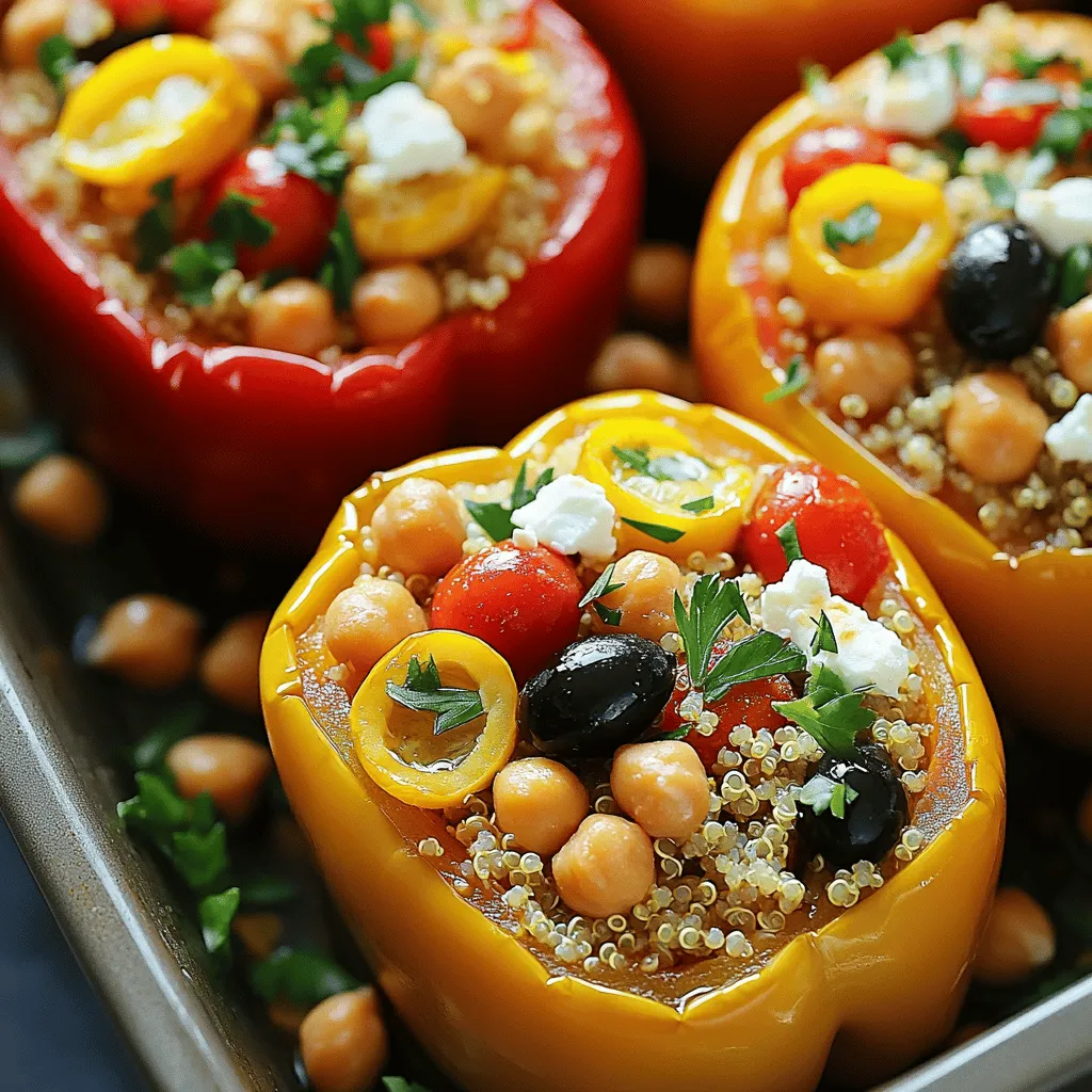 Für die mediterranen gefüllten Paprika brauche ich folgende frische Zutaten: - 4 große Paprika (beliebige Farbe) - 1 Tasse gekochter Quinoa - 1 Tasse Kirschtomaten, halbiert - 1 Tasse gekochte Kichererbsen, abgetropft und abgespült - 1/2 Tasse fein gehackte rote Zwiebel - 1/2 Tasse Feta-Käse, zerbröckelt - 1/4 Tasse schwarze Oliven, in Scheiben geschnitten - 2 Esslöffel natives Olivenöl extra - 1 Esslöffel Zitronensaft - 1 Teelöffel getrockneter Oregano - 1 Teelöffel Knoblauchpulver - Salz und Pfeffer nach Geschmack - Frische Petersilie, gehackt (zum Garnieren) Diese Zutaten sind einfach zu finden. Sie machen die Füllung bunt und schmackhaft. Ich liebe es, mit Zutaten zu spielen. Hier sind einige Alternativen: - Verwende braunen Reis anstelle von Quinoa. - Füge Spinat oder Mangold hinzu für mehr Farbe. - Nutze Feta-Käse aus Ziegenmilch für einen anderen Geschmack. - Ersetze Kichererbsen durch schwarze Bohnen oder Linsen. Diese Variationen geben deinem Gericht einen eigenen Twist und passen zu vielen Diäten. Frische Zutaten sind am besten. Sie bieten mehr Geschmack und Nährstoffe. Wenn du keine frischen Zutaten bekommst, sind konservierte Optionen in Ordnung. - Wähle Konserven ohne Zucker oder Salz. - Spüle Kichererbsen und Bohnen gründlich ab. Frische Zutaten bringen jedoch den besten Geschmack in deine gefüllten Paprika. Zuerst heizen Sie den Ofen auf 190 °C (375 °F) vor. Dann nehmen Sie die großen Paprika und schneiden die Spitzen ab. Entfernen Sie vorsichtig die Samen und die weißen Membranen. Stellen Sie die Paprika beiseite. Diese Vorbereitung ist wichtig, damit die Füllung gut hineinpasst. In einer großen Schüssel vermengen Sie die Zutaten für die Füllung. Fügen Sie 1 Tasse gekochten Quinoa hinzu. Geben Sie 1 Tasse halbierte Kirschtomaten und 1 Tasse Kichererbsen dazu. Die Kichererbsen sollten vorher gut abgetropft und gespült sein. Dann kommt 1/2 Tasse fein gehackte rote Zwiebel hinein. Jetzt fügen Sie 1/2 Tasse zerbröckelten Feta-Käse und 1/4 Tasse in Scheiben geschnittene schwarze Oliven hinzu. Träufeln Sie 2 Esslöffel natives Olivenöl extra und 1 Esslöffel Zitronensaft über die Mischung. Dann geben Sie 1 Teelöffel getrockneten Oregano und 1 Teelöffel Knoblauchpulver hinzu. Vergessen Sie nicht, Salz und Pfeffer nach Ihrem Geschmack hinzuzufügen. Rühren Sie alles gut um, bis die Zutaten gleichmäßig vermischt sind. Füllen Sie jede Paprika mit der Mischung. Drücken Sie die Füllung sanft nach unten, um sie fest zu packen. Stellen Sie die gefüllten Paprika aufrecht in eine Auflaufform. Geben Sie einen Schuss Wasser in den Boden der Form. Das Wasser hilft beim Backen, Dampf zu erzeugen. Decken Sie die Form mit Aluminiumfolie ab. Backen Sie die Paprika 25-30 Minuten. Sie sollten zart sein. Nach dieser Zeit entfernen Sie die Folie. Backen Sie die Paprika für weitere 10 Minuten. So wird die Oberseite leicht geröstet. Lassen Sie die gefüllten Paprika nach dem Backen einige Minuten abkühlen. Garnieren Sie sie dann mit frischer, gehackter Petersilie. Für mehr Geschmack können Sie einen Spritzer Zitronensaft oder Balsamico-Essig darübergeben. Dies macht das Gericht besonders lecker. Für die vollständige Anleitung schauen Sie sich das Full Recipe an. Bei der Zubereitung gefüllter Paprika gibt es einige häufige Fehler. Ein großer Fehler ist, die Paprika nicht richtig vorzubereiten. Entfernen Sie alle Samen und Membranen. Dies hilft, die Bitterkeit zu vermeiden. Ein weiterer Fehler ist, die Füllung nicht gut zu würzen. Verwenden Sie Salz und Pfeffer großzügig. Auch das Überfüllen der Paprika kann Probleme verursachen. Lassen Sie oben Platz, damit die Füllung beim Backen nicht überläuft. Die ideale Textur macht das Gericht besonders lecker. Achten Sie darauf, die Kichererbsen und den Quinoa gut zu kochen. Sie sollten weich, aber nicht matschig sein. Das hilft, die Füllung knusprig zu halten. Fügen Sie auch etwas Zitronensaft hinzu. Er bringt Frische und sorgt für einen tollen Geschmack. Backen Sie die Paprika nicht zu lange. So bleiben sie zart und knackig. Beilagen können das Essen noch besser machen. Ein frischer Salat passt perfekt. Ein einfacher grüner Salat mit Olivenöl und Zitronensaft ist ideal. Auch Reis oder Couscous sind gute Optionen. Sie passen gut zu den Aromen der gefüllten Paprika. Wenn Sie etwas Besonderes wollen, servieren Sie Joghurt oder Tzatziki dazu. Diese Beilagen runden das Gericht ab und machen es noch schmackhafter. Für das vollständige Rezept besuchen Sie bitte den Abschnitt "Full Recipe". {{image_4}} Du kannst die gefüllten Paprika leicht vegan machen. Ersetze einfach den Feta-Käse durch einen pflanzlichen Käse. Verwende auch mehr Kichererbsen oder Quinoa. So bleibt die Füllung sättigend und lecker. Eine weitere tolle Option ist, die Mischung mit frischem Spinat oder Zucchini zu erweitern. Das gibt mehr Farbe und Nährstoffe. Wenn du eine herzhaftere Variante magst, füge Hackfleisch hinzu. Rinder- oder Lammhack passt gut zu den mediterranen Aromen. Brate das Fleisch zuerst in einer Pfanne an, bevor du es mit den anderen Zutaten vermischst. So erhält die Füllung mehr Geschmack und eine schöne Textur. Diese Variante ist perfekt, wenn du etwas Deftiges suchst. Du kannst die gefüllten Paprika nach deinem Geschmack anpassen. Nutze lokale Zutaten, die gerade Saison haben. Zum Beispiel könntest du frische Kräuter wie Basilikum oder Thymian hinzufügen. Das gibt der Füllung eine besondere Note. Wenn du in einer Region mit viel Olivenanbau lebst, probiere verschiedene Olivensorten aus. Jede Zutat bringt ihren eigenen Charakter in das Gericht. Wenn du nach dem Essen Reste hast, lagere sie richtig. Lass die gefüllten Paprika zuerst auf Raumtemperatur abkühlen. Danach packe sie in einen luftdichten Behälter. Du kannst sie bis zu drei Tage im Kühlschrank aufbewahren. Wenn du mehr Zeit brauchst, friere sie ein. Achte darauf, die Paprika in einem gefrierfesten Behälter zu lagern. So bleiben die Aromen frisch. Das Aufwärmen ist einfach. Stelle den Ofen auf 175 °C (350 °F). Lege die gefüllten Paprika in eine Auflaufform. Du kannst etwas Wasser in die Form geben, damit sie nicht austrocknen. Decke die Form mit Folie ab und backe sie für etwa 20 Minuten. So bleiben sie saftig und lecker. Du kannst die Paprika auch in der Mikrowelle erwärmen. Stelle sie in eine mikrowellenfeste Schüssel und decke sie ab. Erwärme sie in kurzen Intervallen. Im Kühlschrank sind die Reste etwa drei Tage haltbar. In der Gefriertruhe halten sie bis zu drei Monate. Schreibe das Datum auf den Behälter, damit du es nicht vergisst. Wenn du die gefüllten Paprika wieder auftauen möchtest, lasse sie über Nacht im Kühlschrank. So bleiben sie am besten im Geschmack. Für das vollständige Rezept schau dir die Full Recipe an. Gefüllte Paprika halten sich im Kühlschrank etwa drei bis fünf Tage. Es ist wichtig, sie in einem luftdichten Behälter zu lagern. So bleiben sie frisch und lecker. Wenn du die Paprika länger aufbewahren willst, friere sie ein. Im Gefrierschrank halten sie bis zu drei Monate. Achte darauf, sie gut einzuwickeln, um Gefrierbrand zu vermeiden. Ja, du kannst die Füllung im Voraus zubereiten. Bereite die Mischung aus Quinoa, Kichererbsen, Gemüse und Gewürzen vor. Lagere sie in einem luftdichten Behälter im Kühlschrank. So sparst du Zeit beim Kochen. Du kannst die Füllung bis zu zwei Tage vorher machen. Wenn du bereit bist zu backen, fülle die Paprika und backe sie wie gewohnt. Die besten Paprikavariante sind große, feste Paprika. Ich bevorzuge rote, gelbe oder grüne Paprika. Sie sind süß und bieten einen schönen Geschmack. Du kannst auch kleine Paprika verwenden, wenn du eine Portion für einen Snack willst. Achte darauf, dass die Paprika frisch sind und keine Druckstellen haben. So bekommst du das beste Ergebnis für deine gefüllten Paprika. Gefüllte Paprika bringen Geschmack und Spaß in die Küche. Wir haben die Zutaten, die Zubereitung und wichtige Tipps zusammengetragen. Vergessen Sie nicht, frische und saisonale Zutaten zu wählen. Variieren Sie Ihre Füllungen, um neue Aromen zu entdecken. Lagern Sie Reste richtig, damit nichts verloren geht. Mit diesen Anleitungen und Tricks werden Sie sicher ein Gericht zaubern, das jeder liebt. Genießen Sie das Kochen und die köstlichen Ergebnisse!