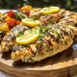 Für dieses Gericht benötigst du einige einfache, frische Zutaten. Hier ist die Liste: - 4 Hähnchenbrustfilets ohne Knochen und Haut - 60 ml Olivenöl - 1 Zitrone (Saft und Schale) - 3 Knoblauchzehen, fein gehackt - 2 Esslöffel frischer Rosmarin, gehackt - 2 Esslöffel frische Petersilie, gehackt - 1 Esslöffel frischer Thymian, gehackt - Salz und Pfeffer nach Geschmack Diese Zutaten machen das Hühnchen zart und geschmackvoll. Das Olivenöl bringt gesunde Fette, und die Zitrone sorgt für Frische. Die Marinade ist der Schlüssel zu einem guten Geschmack. Neben den Hauptzutaten kannst du auch etwas mehr hinzufügen: - 1 Teelöffel Honig oder Ahornsirup für eine süße Note - 1 Teelöffel Dijon-Senf für mehr Tiefe - Chili-Flocken für etwas Schärfe Diese Ergänzungen bringen mehr Aromen in das Gericht und machen es noch schmackhafter. Frische Kräuter sind ideal, aber du kannst auch Alternativen nutzen. Wenn du keine frischen Kräuter hast, probiere diese: - 1 Esslöffel getrockneter Rosmarin statt frischem - 1 Esslöffel getrocknete Petersilie - 1 Teelöffel getrockneter Thymian Getrocknete Kräuter sind weniger intensiv. Du solltest sie etwas früher in die Marinade geben, damit sie ihre Aromen entfalten können. Probiere die verschiedenen Optionen aus und finde deinen eigenen Geschmack! Für die vollständige Anleitung, schau dir das [Full Recipe] an. Um das Hühnchen zart und voller Geschmack zu machen, marinieren wir es. Beginne mit einer großen Schüssel. Füge 60 ml Olivenöl, den Saft und die Schale einer Zitrone, 3 gehackte Knoblauchzehen, 2 Esslöffel gehackten Rosmarin, 2 Esslöffel gehackte Petersilie, 1 Esslöffel gehackten Thymian sowie Salz und Pfeffer hinzu. Mische alles gut. Jetzt legst du die Hähnchenbrustfilets in die Marinade. Stelle sicher, dass sie gut bedeckt sind. Decke die Schüssel ab und lass das Hühnchen mindestens 30 Minuten im Kühlschrank marinieren. Für einen intensiveren Geschmack kannst du es bis zu 4 Stunden marinieren. Während das Hühnchen mariniert, kannst du den Grill vorbereiten. Heize den Grill auf mittelhohe Hitze vor. Dies ist wichtig, damit das Hühnchen gleichmäßig gart. Nimm das Hühnchen aus der Marinade und lasse überschüssige Marinade abtropfen. Achte darauf, dass das Grillrost sauber ist. Ein sauberes Rost sorgt für schöne Grillstreifen und verhindert, dass das Hühnchen kleben bleibt. Lege die Hähnchenbrustfilets auf den Grill. Grill sie etwa 6-7 Minuten auf jeder Seite. Die Innentemperatur sollte 75°C (165°F) erreichen. Dies garantiert, dass das Hühnchen durchgegart ist. Nach dem Grillen lasse das Hühnchen 5 Minuten ruhen. So bleibt es saftig. Du kannst das gegrillte Hühnchen auf einem großen Teller anrichten. Garniere es mit Zitronenscheiben und frischen Kräutern. Diese Schritte machen dein gegrilltes Zitronen-Kräuter-Hühnchen einfach und lecker. Für das vollständige Rezept schaue dir die [Full Recipe] an. Die Marinierzeit ist wichtig für den Geschmack. Ich empfehle, das Hühnchen mindestens 30 Minuten zu marinieren. Zum besten Ergebnis lassen Sie es bis zu 4 Stunden im Kühlschrank. So zieht die Marinade besser ein und das Fleisch wird zarter. Die richtige Grilltemperatur macht einen großen Unterschied. Heizen Sie den Grill auf mittelhohe Hitze vor. Ideal sind etwa 200°C. So gart das Hühnchen gleichmäßig und bleibt saftig. Testen Sie die Temperatur, indem Sie Ihre Hand über den Grill halten. Sie sollten nach ein paar Sekunden eine hohe Hitze spüren. Viele machen Fehler beim Grillen. Ein häufiger Fehler ist, das Hühnchen zu früh zu wenden. Warten Sie, bis sich eine schöne Kruste bildet. Ein anderer Fehler ist, die Marinade nicht abzutropfen. Zu viel Marinade kann das Grillen erschweren. Trocknen Sie das Hühnchen leicht ab, bevor Sie es auf den Grill legen. {{image_4}} Um das Hühnchen süß und würzig zu machen, füge Honig zur Marinade hinzu. Der Honig verleiht dem Gericht eine köstliche Karamellisierung auf dem Grill. Kombiniere etwa 2 Esslöffel Honig mit der Marinade. Lass das Hühnchen dann wie gewohnt marinieren. Diese Mischung bringt die Aromen wirklich zur Geltung. Wenn du eine vegane Option suchst, probiere Tofu als Ersatz. Wähle festen Tofu und schneide ihn in dicke Scheiben. Die Marinade bleibt gleich, aber mariniere den Tofu für mindestens 1 Stunde, damit er den Geschmack aufnehmen kann. Grill den Tofu dann für 4-5 Minuten pro Seite. Er wird außen knusprig und bleibt innen zart. Für eine mediterrane Note, füge Feta und Oliven hinzu. Zerbrösele 100 g Feta und mische ihn mit 50 g entsteinten Oliven in die Marinade. Grill das Hühnchen wie gewohnt. Diese Version bringt eine salzige, herzhafte Tiefe, die perfekt zu frischem Gemüse passt. Serviere es mit einem leichten Salat für ein komplettes Gericht. Für das vollständige Rezept, schau dir die [Full Recipe] an. Nach dem Grillen lege ich das Hühnchen in einen luftdichten Behälter. So bleibt es frisch. Im Kühlschrank hält es sich bis zu drei Tage. Achte darauf, das Hühnchen abkühlen zu lassen, bevor du es lagerst. Das schützt die Textur und den Geschmack. Wenn ich das Hühnchen länger aufbewahren möchte, friere ich es ein. Zuerst lasse ich es abkühlen. Dann packe ich es in einen gefriergeeigneten Beutel. So bleibt es bis zu drei Monate haltbar. Zum Auftauen lege ich es einfach über Nacht in den Kühlschrank. So bleibt es zart und saftig. Ich liebe es, Reste kreativ zu nutzen. Gegrilltes Zitronen-Kräuter-Hühnchen kann in vielen Gerichten landen. Du kannst es in Salate, Wraps oder Pasta geben. Es schmeckt auch gut in einer Suppe oder auf einer Pizza. So zauberst du schnell ein neues Gericht aus übrig gebliebenem Hühnchen. Mariniertes Hühnchen kann im Kühlschrank bis zu 2 Tage aufbewahrt werden. Achte darauf, es in einem luftdichten Behälter zu lagern. So bleibt es frisch und lecker. Wenn du es länger aufbewahren willst, friere es ein. Das gefrorene Hühnchen bleibt bis zu 3 Monate gut. Bei Bedarf einfach auftauen und grillen. Zu gegrilltem Zitronen-Kräuter-Hühnchen passen viele Beilagen. Hier sind einige Ideen: - Gegrilltes Gemüse wie Zucchini und Paprika - Ein frischer Salat mit Tomaten und Gurken - Reis oder Quinoa für mehr Fülle - Knuspriges Brot zum Dippen in die Marinade Diese Beilagen ergänzen den frischen Geschmack des Hühnchens perfekt. Das Hühnchen ist durchgegart, wenn die Innentemperatur 75°C erreicht. Du kannst ein Fleischthermometer verwenden, um dies zu prüfen. Alternativ kannst du das Hühnchen anschneiden. Der Saft sollte klar sein, nicht rosa. Achte darauf, dass das Fleisch nicht mehr glänzt. So weißt du, dass es fertig ist. Gegrilltes Zitronen-Kräuter-Hühnchen ist einfach zuzubereiten. Wir haben die besten Zutaten, eine klare Schritt-für-Schritt-Anleitung und viele Tipps besprochen. Variationen wie die vegane Version mit Tofu erweitern die Auswahl. Achte darauf, das Hühnchen richtig zu marinieren und die Grilltemperatur zu optimieren. Mit diesen Infos machst du dein Grillfest perfekt. Vertraue darauf, dass du leckere Ergebnisse erzielst. Jetzt bist du bereit, Köstlichkeiten zu zaubern!