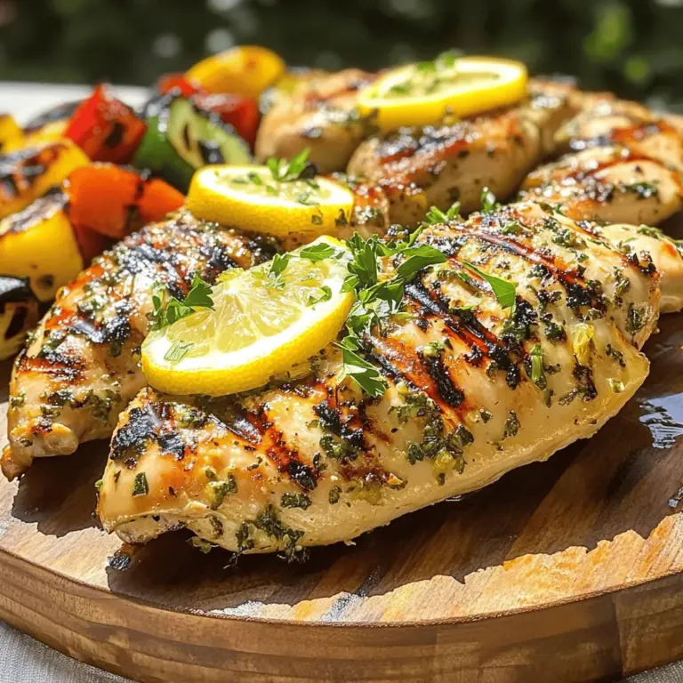 Für dieses Gericht benötigst du einige einfache, frische Zutaten. Hier ist die Liste: - 4 Hähnchenbrustfilets ohne Knochen und Haut - 60 ml Olivenöl - 1 Zitrone (Saft und Schale) - 3 Knoblauchzehen, fein gehackt - 2 Esslöffel frischer Rosmarin, gehackt - 2 Esslöffel frische Petersilie, gehackt - 1 Esslöffel frischer Thymian, gehackt - Salz und Pfeffer nach Geschmack Diese Zutaten machen das Hühnchen zart und geschmackvoll. Das Olivenöl bringt gesunde Fette, und die Zitrone sorgt für Frische. Die Marinade ist der Schlüssel zu einem guten Geschmack. Neben den Hauptzutaten kannst du auch etwas mehr hinzufügen: - 1 Teelöffel Honig oder Ahornsirup für eine süße Note - 1 Teelöffel Dijon-Senf für mehr Tiefe - Chili-Flocken für etwas Schärfe Diese Ergänzungen bringen mehr Aromen in das Gericht und machen es noch schmackhafter. Frische Kräuter sind ideal, aber du kannst auch Alternativen nutzen. Wenn du keine frischen Kräuter hast, probiere diese: - 1 Esslöffel getrockneter Rosmarin statt frischem - 1 Esslöffel getrocknete Petersilie - 1 Teelöffel getrockneter Thymian Getrocknete Kräuter sind weniger intensiv. Du solltest sie etwas früher in die Marinade geben, damit sie ihre Aromen entfalten können. Probiere die verschiedenen Optionen aus und finde deinen eigenen Geschmack! Für die vollständige Anleitung, schau dir das [Full Recipe] an. Um das Hühnchen zart und voller Geschmack zu machen, marinieren wir es. Beginne mit einer großen Schüssel. Füge 60 ml Olivenöl, den Saft und die Schale einer Zitrone, 3 gehackte Knoblauchzehen, 2 Esslöffel gehackten Rosmarin, 2 Esslöffel gehackte Petersilie, 1 Esslöffel gehackten Thymian sowie Salz und Pfeffer hinzu. Mische alles gut. Jetzt legst du die Hähnchenbrustfilets in die Marinade. Stelle sicher, dass sie gut bedeckt sind. Decke die Schüssel ab und lass das Hühnchen mindestens 30 Minuten im Kühlschrank marinieren. Für einen intensiveren Geschmack kannst du es bis zu 4 Stunden marinieren. Während das Hühnchen mariniert, kannst du den Grill vorbereiten. Heize den Grill auf mittelhohe Hitze vor. Dies ist wichtig, damit das Hühnchen gleichmäßig gart. Nimm das Hühnchen aus der Marinade und lasse überschüssige Marinade abtropfen. Achte darauf, dass das Grillrost sauber ist. Ein sauberes Rost sorgt für schöne Grillstreifen und verhindert, dass das Hühnchen kleben bleibt. Lege die Hähnchenbrustfilets auf den Grill. Grill sie etwa 6-7 Minuten auf jeder Seite. Die Innentemperatur sollte 75°C (165°F) erreichen. Dies garantiert, dass das Hühnchen durchgegart ist. Nach dem Grillen lasse das Hühnchen 5 Minuten ruhen. So bleibt es saftig. Du kannst das gegrillte Hühnchen auf einem großen Teller anrichten. Garniere es mit Zitronenscheiben und frischen Kräutern. Diese Schritte machen dein gegrilltes Zitronen-Kräuter-Hühnchen einfach und lecker. Für das vollständige Rezept schaue dir die [Full Recipe] an. Die Marinierzeit ist wichtig für den Geschmack. Ich empfehle, das Hühnchen mindestens 30 Minuten zu marinieren. Zum besten Ergebnis lassen Sie es bis zu 4 Stunden im Kühlschrank. So zieht die Marinade besser ein und das Fleisch wird zarter. Die richtige Grilltemperatur macht einen großen Unterschied. Heizen Sie den Grill auf mittelhohe Hitze vor. Ideal sind etwa 200°C. So gart das Hühnchen gleichmäßig und bleibt saftig. Testen Sie die Temperatur, indem Sie Ihre Hand über den Grill halten. Sie sollten nach ein paar Sekunden eine hohe Hitze spüren. Viele machen Fehler beim Grillen. Ein häufiger Fehler ist, das Hühnchen zu früh zu wenden. Warten Sie, bis sich eine schöne Kruste bildet. Ein anderer Fehler ist, die Marinade nicht abzutropfen. Zu viel Marinade kann das Grillen erschweren. Trocknen Sie das Hühnchen leicht ab, bevor Sie es auf den Grill legen. {{image_4}} Um das Hühnchen süß und würzig zu machen, füge Honig zur Marinade hinzu. Der Honig verleiht dem Gericht eine köstliche Karamellisierung auf dem Grill. Kombiniere etwa 2 Esslöffel Honig mit der Marinade. Lass das Hühnchen dann wie gewohnt marinieren. Diese Mischung bringt die Aromen wirklich zur Geltung. Wenn du eine vegane Option suchst, probiere Tofu als Ersatz. Wähle festen Tofu und schneide ihn in dicke Scheiben. Die Marinade bleibt gleich, aber mariniere den Tofu für mindestens 1 Stunde, damit er den Geschmack aufnehmen kann. Grill den Tofu dann für 4-5 Minuten pro Seite. Er wird außen knusprig und bleibt innen zart. Für eine mediterrane Note, füge Feta und Oliven hinzu. Zerbrösele 100 g Feta und mische ihn mit 50 g entsteinten Oliven in die Marinade. Grill das Hühnchen wie gewohnt. Diese Version bringt eine salzige, herzhafte Tiefe, die perfekt zu frischem Gemüse passt. Serviere es mit einem leichten Salat für ein komplettes Gericht. Für das vollständige Rezept, schau dir die [Full Recipe] an. Nach dem Grillen lege ich das Hühnchen in einen luftdichten Behälter. So bleibt es frisch. Im Kühlschrank hält es sich bis zu drei Tage. Achte darauf, das Hühnchen abkühlen zu lassen, bevor du es lagerst. Das schützt die Textur und den Geschmack. Wenn ich das Hühnchen länger aufbewahren möchte, friere ich es ein. Zuerst lasse ich es abkühlen. Dann packe ich es in einen gefriergeeigneten Beutel. So bleibt es bis zu drei Monate haltbar. Zum Auftauen lege ich es einfach über Nacht in den Kühlschrank. So bleibt es zart und saftig. Ich liebe es, Reste kreativ zu nutzen. Gegrilltes Zitronen-Kräuter-Hühnchen kann in vielen Gerichten landen. Du kannst es in Salate, Wraps oder Pasta geben. Es schmeckt auch gut in einer Suppe oder auf einer Pizza. So zauberst du schnell ein neues Gericht aus übrig gebliebenem Hühnchen. Mariniertes Hühnchen kann im Kühlschrank bis zu 2 Tage aufbewahrt werden. Achte darauf, es in einem luftdichten Behälter zu lagern. So bleibt es frisch und lecker. Wenn du es länger aufbewahren willst, friere es ein. Das gefrorene Hühnchen bleibt bis zu 3 Monate gut. Bei Bedarf einfach auftauen und grillen. Zu gegrilltem Zitronen-Kräuter-Hühnchen passen viele Beilagen. Hier sind einige Ideen: - Gegrilltes Gemüse wie Zucchini und Paprika - Ein frischer Salat mit Tomaten und Gurken - Reis oder Quinoa für mehr Fülle - Knuspriges Brot zum Dippen in die Marinade Diese Beilagen ergänzen den frischen Geschmack des Hühnchens perfekt. Das Hühnchen ist durchgegart, wenn die Innentemperatur 75°C erreicht. Du kannst ein Fleischthermometer verwenden, um dies zu prüfen. Alternativ kannst du das Hühnchen anschneiden. Der Saft sollte klar sein, nicht rosa. Achte darauf, dass das Fleisch nicht mehr glänzt. So weißt du, dass es fertig ist. Gegrilltes Zitronen-Kräuter-Hühnchen ist einfach zuzubereiten. Wir haben die besten Zutaten, eine klare Schritt-für-Schritt-Anleitung und viele Tipps besprochen. Variationen wie die vegane Version mit Tofu erweitern die Auswahl. Achte darauf, das Hühnchen richtig zu marinieren und die Grilltemperatur zu optimieren. Mit diesen Infos machst du dein Grillfest perfekt. Vertraue darauf, dass du leckere Ergebnisse erzielst. Jetzt bist du bereit, Köstlichkeiten zu zaubern!