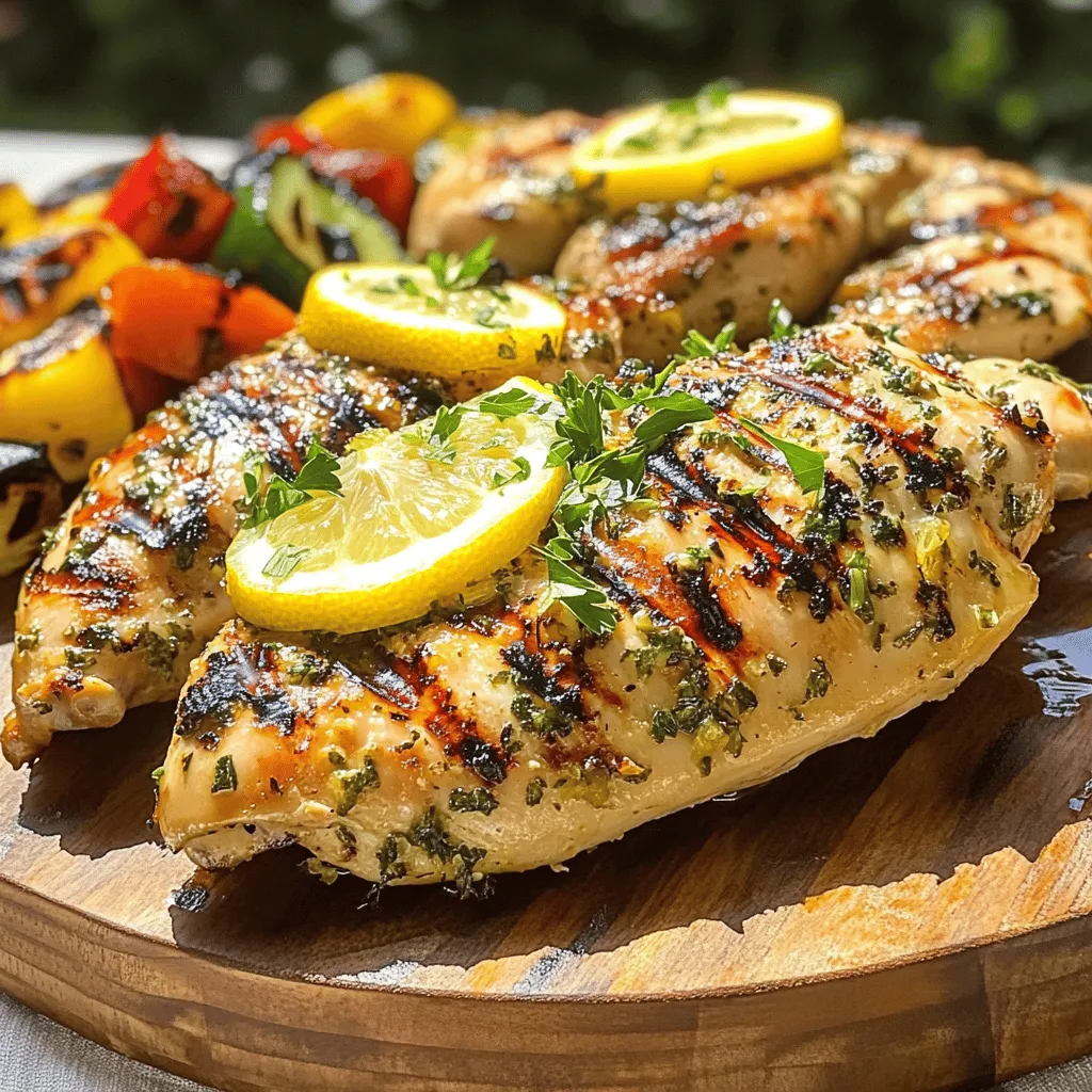 Für dieses Gericht benötigst du einige einfache, frische Zutaten. Hier ist die Liste: - 4 Hähnchenbrustfilets ohne Knochen und Haut - 60 ml Olivenöl - 1 Zitrone (Saft und Schale) - 3 Knoblauchzehen, fein gehackt - 2 Esslöffel frischer Rosmarin, gehackt - 2 Esslöffel frische Petersilie, gehackt - 1 Esslöffel frischer Thymian, gehackt - Salz und Pfeffer nach Geschmack Diese Zutaten machen das Hühnchen zart und geschmackvoll. Das Olivenöl bringt gesunde Fette, und die Zitrone sorgt für Frische. Die Marinade ist der Schlüssel zu einem guten Geschmack. Neben den Hauptzutaten kannst du auch etwas mehr hinzufügen: - 1 Teelöffel Honig oder Ahornsirup für eine süße Note - 1 Teelöffel Dijon-Senf für mehr Tiefe - Chili-Flocken für etwas Schärfe Diese Ergänzungen bringen mehr Aromen in das Gericht und machen es noch schmackhafter. Frische Kräuter sind ideal, aber du kannst auch Alternativen nutzen. Wenn du keine frischen Kräuter hast, probiere diese: - 1 Esslöffel getrockneter Rosmarin statt frischem - 1 Esslöffel getrocknete Petersilie - 1 Teelöffel getrockneter Thymian Getrocknete Kräuter sind weniger intensiv. Du solltest sie etwas früher in die Marinade geben, damit sie ihre Aromen entfalten können. Probiere die verschiedenen Optionen aus und finde deinen eigenen Geschmack! Für die vollständige Anleitung, schau dir das [Full Recipe] an. Um das Hühnchen zart und voller Geschmack zu machen, marinieren wir es. Beginne mit einer großen Schüssel. Füge 60 ml Olivenöl, den Saft und die Schale einer Zitrone, 3 gehackte Knoblauchzehen, 2 Esslöffel gehackten Rosmarin, 2 Esslöffel gehackte Petersilie, 1 Esslöffel gehackten Thymian sowie Salz und Pfeffer hinzu. Mische alles gut. Jetzt legst du die Hähnchenbrustfilets in die Marinade. Stelle sicher, dass sie gut bedeckt sind. Decke die Schüssel ab und lass das Hühnchen mindestens 30 Minuten im Kühlschrank marinieren. Für einen intensiveren Geschmack kannst du es bis zu 4 Stunden marinieren. Während das Hühnchen mariniert, kannst du den Grill vorbereiten. Heize den Grill auf mittelhohe Hitze vor. Dies ist wichtig, damit das Hühnchen gleichmäßig gart. Nimm das Hühnchen aus der Marinade und lasse überschüssige Marinade abtropfen. Achte darauf, dass das Grillrost sauber ist. Ein sauberes Rost sorgt für schöne Grillstreifen und verhindert, dass das Hühnchen kleben bleibt. Lege die Hähnchenbrustfilets auf den Grill. Grill sie etwa 6-7 Minuten auf jeder Seite. Die Innentemperatur sollte 75°C (165°F) erreichen. Dies garantiert, dass das Hühnchen durchgegart ist. Nach dem Grillen lasse das Hühnchen 5 Minuten ruhen. So bleibt es saftig. Du kannst das gegrillte Hühnchen auf einem großen Teller anrichten. Garniere es mit Zitronenscheiben und frischen Kräutern. Diese Schritte machen dein gegrilltes Zitronen-Kräuter-Hühnchen einfach und lecker. Für das vollständige Rezept schaue dir die [Full Recipe] an. Die Marinierzeit ist wichtig für den Geschmack. Ich empfehle, das Hühnchen mindestens 30 Minuten zu marinieren. Zum besten Ergebnis lassen Sie es bis zu 4 Stunden im Kühlschrank. So zieht die Marinade besser ein und das Fleisch wird zarter. Die richtige Grilltemperatur macht einen großen Unterschied. Heizen Sie den Grill auf mittelhohe Hitze vor. Ideal sind etwa 200°C. So gart das Hühnchen gleichmäßig und bleibt saftig. Testen Sie die Temperatur, indem Sie Ihre Hand über den Grill halten. Sie sollten nach ein paar Sekunden eine hohe Hitze spüren. Viele machen Fehler beim Grillen. Ein häufiger Fehler ist, das Hühnchen zu früh zu wenden. Warten Sie, bis sich eine schöne Kruste bildet. Ein anderer Fehler ist, die Marinade nicht abzutropfen. Zu viel Marinade kann das Grillen erschweren. Trocknen Sie das Hühnchen leicht ab, bevor Sie es auf den Grill legen. {{image_4}} Um das Hühnchen süß und würzig zu machen, füge Honig zur Marinade hinzu. Der Honig verleiht dem Gericht eine köstliche Karamellisierung auf dem Grill. Kombiniere etwa 2 Esslöffel Honig mit der Marinade. Lass das Hühnchen dann wie gewohnt marinieren. Diese Mischung bringt die Aromen wirklich zur Geltung. Wenn du eine vegane Option suchst, probiere Tofu als Ersatz. Wähle festen Tofu und schneide ihn in dicke Scheiben. Die Marinade bleibt gleich, aber mariniere den Tofu für mindestens 1 Stunde, damit er den Geschmack aufnehmen kann. Grill den Tofu dann für 4-5 Minuten pro Seite. Er wird außen knusprig und bleibt innen zart. Für eine mediterrane Note, füge Feta und Oliven hinzu. Zerbrösele 100 g Feta und mische ihn mit 50 g entsteinten Oliven in die Marinade. Grill das Hühnchen wie gewohnt. Diese Version bringt eine salzige, herzhafte Tiefe, die perfekt zu frischem Gemüse passt. Serviere es mit einem leichten Salat für ein komplettes Gericht. Für das vollständige Rezept, schau dir die [Full Recipe] an. Nach dem Grillen lege ich das Hühnchen in einen luftdichten Behälter. So bleibt es frisch. Im Kühlschrank hält es sich bis zu drei Tage. Achte darauf, das Hühnchen abkühlen zu lassen, bevor du es lagerst. Das schützt die Textur und den Geschmack. Wenn ich das Hühnchen länger aufbewahren möchte, friere ich es ein. Zuerst lasse ich es abkühlen. Dann packe ich es in einen gefriergeeigneten Beutel. So bleibt es bis zu drei Monate haltbar. Zum Auftauen lege ich es einfach über Nacht in den Kühlschrank. So bleibt es zart und saftig. Ich liebe es, Reste kreativ zu nutzen. Gegrilltes Zitronen-Kräuter-Hühnchen kann in vielen Gerichten landen. Du kannst es in Salate, Wraps oder Pasta geben. Es schmeckt auch gut in einer Suppe oder auf einer Pizza. So zauberst du schnell ein neues Gericht aus übrig gebliebenem Hühnchen. Mariniertes Hühnchen kann im Kühlschrank bis zu 2 Tage aufbewahrt werden. Achte darauf, es in einem luftdichten Behälter zu lagern. So bleibt es frisch und lecker. Wenn du es länger aufbewahren willst, friere es ein. Das gefrorene Hühnchen bleibt bis zu 3 Monate gut. Bei Bedarf einfach auftauen und grillen. Zu gegrilltem Zitronen-Kräuter-Hühnchen passen viele Beilagen. Hier sind einige Ideen: - Gegrilltes Gemüse wie Zucchini und Paprika - Ein frischer Salat mit Tomaten und Gurken - Reis oder Quinoa für mehr Fülle - Knuspriges Brot zum Dippen in die Marinade Diese Beilagen ergänzen den frischen Geschmack des Hühnchens perfekt. Das Hühnchen ist durchgegart, wenn die Innentemperatur 75°C erreicht. Du kannst ein Fleischthermometer verwenden, um dies zu prüfen. Alternativ kannst du das Hühnchen anschneiden. Der Saft sollte klar sein, nicht rosa. Achte darauf, dass das Fleisch nicht mehr glänzt. So weißt du, dass es fertig ist. Gegrilltes Zitronen-Kräuter-Hühnchen ist einfach zuzubereiten. Wir haben die besten Zutaten, eine klare Schritt-für-Schritt-Anleitung und viele Tipps besprochen. Variationen wie die vegane Version mit Tofu erweitern die Auswahl. Achte darauf, das Hühnchen richtig zu marinieren und die Grilltemperatur zu optimieren. Mit diesen Infos machst du dein Grillfest perfekt. Vertraue darauf, dass du leckere Ergebnisse erzielst. Jetzt bist du bereit, Köstlichkeiten zu zaubern!