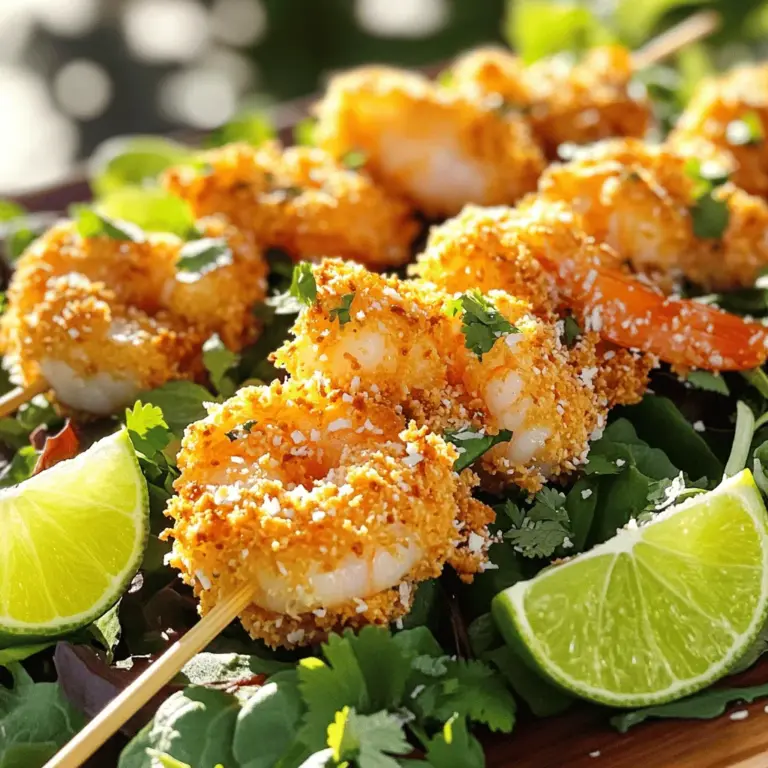 Für die tropischen Kokosnuss-Garnelen-Spieße brauchen Sie: - 450 g große Garnelen, geschält und entdarmt - 240 ml gehobelte Kokosnuss - 120 ml Panko-Semmelbrösel - 1 Esslöffel Maisstärke - 2 Eier, verquirlt - 1/4 Teelöffel Cayennepfeffer (optional) - Salz und Pfeffer nach Geschmack - 1 Esslöffel frisch gepresster Limettensaft - 1 Esslöffel Honig - Spieße (aus Holz oder Metall) Diese Zutaten bilden die Basis für einen tollen Geschmack. Die Garnelen sind saftig, und die Kokosnuss gibt einen schönen Crunch. Für die Marinade verwenden Sie: - 1 Esslöffel frisch gepresster Limettensaft - 1 Esslöffel Honig Diese Zutaten sorgen für eine süß-saure Note. Der Limettensaft bringt Frische und das Honig gibt der Marinade eine leichte Süße. Sie helfen, die Garnelen zart zu machen und sie schmackhaft zu marinieren. Wählen Sie große, frische Garnelen. Achten Sie darauf, dass sie eine feste Textur haben. Wenn möglich, kaufen Sie sie direkt beim Fischhändler. So stellen Sie sicher, dass die Garnelen frisch sind. Gefrorene Garnelen sind auch eine gute Option. Lassen Sie sie jedoch vor der Zubereitung gut auftauen. Frische Garnelen haben den besten Geschmack und die beste Textur. Für das vollständige Rezept und die Zubereitung besuchen Sie bitte den Abschnitt [Full Recipe]. Zuerst müssen wir die Garnelen vorbereiten. Nehmen Sie 450 g große Garnelen. Stellen Sie sicher, dass sie geschält und entdarmt sind. Wenn Sie Holzspieße verwenden, weichen Sie diese mindestens 30 Minuten in Wasser ein. Dies hilft, ein Verbrennen auf dem Grill zu vermeiden. Während die Spieße einweichen, können Sie die anderen Zutaten vorbereiten. In einer flachen Schüssel mischen Sie die gehobelte Kokosnuss, Panko-Semmelbrösel, Maisstärke, Cayennepfeffer, Salz und Pfeffer. Diese Mischung gibt den Garnelen einen tollen Crunch. In einer anderen Schüssel verquirlen Sie die Eier. Fügen Sie den frisch gepressten Limettensaft und Honig hinzu. Diese Marinade gibt den Garnelen einen süßen und saftigen Geschmack. Tauchen Sie jede Garnele in die Eimischung. Lassen Sie die überschüssige Flüssigkeit abtropfen. Wälzen Sie die Garnelen dann in der Kokosnuss-Panko-Mischung. Drücken Sie sanft, um sicherzustellen, dass die Panade gut haftet. Stecken Sie 4-5 panierten Garnelen auf jeden Spieß. Heizen Sie den Grill oder die Grillpfanne auf mittlerer bis hoher Hitze vor. Ölen Sie die Grillroste leicht ein, um ein Ankleben zu verhindern. Grillen Sie die Spieße 2-3 Minuten auf jeder Seite. Die Garnelen sollten undurchsichtig und die Panade goldbraun sein. Sobald sie fertig sind, nehmen Sie die Spieße vom Grill. Servieren Sie sie sofort. Diese tropischen Kokosnuss-Garnelen-Spieße sind ein echter Genuss. Sie finden das vollständige Rezept unter [Full Recipe]. Grillen Sie die Spieße bei mittlerer bis hoher Hitze. Dies sorgt dafür, dass die Garnelen schnell garen. Grillen Sie sie für 2-3 Minuten auf jeder Seite. Die Garnelen sind fertig, wenn sie nicht mehr durchsichtig sind und die Panade goldbraun wird. Ein häufiger Fehler ist, die Garnelen zu lange zu grillen. Das macht sie hart und gummiartig. Achten Sie darauf, dass die Garnelen frisch sind und gut geschält werden. Vermeiden Sie auch, die Panade zu dick aufzutragen, da sie sonst nicht gleichmäßig bräunt. Für eine schöne Präsentation legen Sie die Spieße auf ein Bett aus gemischtem Grün. Träufeln Sie zusätzlichen Limettensaft darüber. Garnieren Sie das Gericht mit frischen Limettenscheiben und Koriander. So wird Ihr Gericht nicht nur lecker, sondern sieht auch toll aus! {{image_4}} Wenn du eine vegane Option möchtest, sind Jackfruit oder Tofu toll. Jackfruit hat eine faserige Textur, die Garnelen ähnelt. Tofu nimmt den Geschmack von Marinaden gut auf. Du kannst die gleichen Schritte für die Zubereitung verwenden, wie bei den Garnelen. Achte darauf, den Tofu gut zu drücken, damit er nicht wässrig wird. Die Panade macht einen großen Unterschied. Du kannst statt Panko auch normale Semmelbrösel verwenden. Das gibt einen anderen Geschmack und eine andere Textur. Für mehr Würze kannst du geräucherten Paprika oder Knoblauchpulver hinzufügen. Diese Zutaten bringen neue Aromen und frischen Wind in dein Rezept. Die richtigen Saucen machen das Gericht noch besser. Eine süß-saure Sauce aus Mango und Limette passt wunderbar. Du kannst auch eine Erdnusssauce probieren. Sie ist cremig und hat einen tollen Geschmack. Eine einfache Avocado-Creme ist ebenfalls frisch und lecker. Diese Dips machen die Spieße noch köstlicher und spannender. Wenn Sie Spieße übrig haben, lassen Sie sie abkühlen. Wickeln Sie sie dann in Frischhaltefolie oder legen Sie sie in einen luftdichten Behälter. So bleiben sie frisch und schmackhaft. Setzen Sie die Spieße in den Kühlschrank. Um die Spieße wieder aufzuwärmen, heizen Sie Ihren Grill oder Ihre Pfanne vor. Grillen Sie die Spieße bei mittlerer Hitze für 2-3 Minuten auf jeder Seite. Dies gibt ihnen den gleichen knusprigen Biss wie beim ersten Grillen. Sie können auch den Ofen nutzen. Stellen Sie ihn auf 180 Grad Celsius ein und backen Sie die Spieße für 10 Minuten. Im Kühlschrank bleiben die Spieße für 2-3 Tage gut. Wenn Sie sie länger aufbewahren möchten, frieren Sie sie ein. Legen Sie die Spieße in einen gefriergeeigneten Beutel. Im Gefrierfach halten sie bis zu 2 Monate. Denken Sie daran, die Spieße vor dem Kochen im Kühlschrank aufzutauen. Diese Tipps helfen Ihnen, die Aromen zu bewahren. Für das vollständige Rezept schauen Sie in die Anleitung. Die Garnelen sollten mindestens 30 Minuten mariniert werden. So ziehen die Aromen gut ein. Wenn Sie mehr Zeit haben, können Sie sie bis zu 2 Stunden marinieren. Dies gibt dem Gericht mehr Geschmack und macht die Garnelen zarter. Ja, Sie können die Spieße auch im Ofen zubereiten. Heizen Sie den Ofen auf 200 Grad Celsius vor. Legen Sie die Spieße auf ein Backblech mit Backpapier. Backen Sie sie für etwa 10 bis 12 Minuten. Wenden Sie die Spieße zur Hälfte der Zeit, damit sie gleichmäßig garen. Zu den tropischen Kokosnuss-Garnelen-Spießen passen viele Beilagen. Hier sind einige Vorschläge: - Reis: Ein Duftreis oder Kokosreis ergänzt die Aromen gut. - Salat: Ein frischer Gartensalat mit Limetten-Dressing ist leicht und erfrischend. - Obst: Gegrillte Ananas oder Mango bringen eine süße Note. - Dips: Eine scharfe Chili-Sauce oder Erdnusssauce passt wunderbar dazu. Für das gesamte Rezept, schauen Sie sich das Rezept an. Tropische Kokosnuss-Garnelen-Spieße bringen Sonne auf den Teller. Wir haben die Hauptzutaten und die besten Garnelen besprochen. Die Schritt-für-Schritt-Anleitung macht das Grillen einfach. Tipps helfen dir, Fehler zu vermeiden und die Garzeiten zu meistern. Variationen und Lagerinformationen erweitern deine Möglichkeiten. Genieße die Vielfalt und die leckeren Dips, die dazu passen. Mit diesen Tipps und Rezepten bereitest du perfekte Spieße für jeden Anlass zu. Viel Spaß beim Grillen!