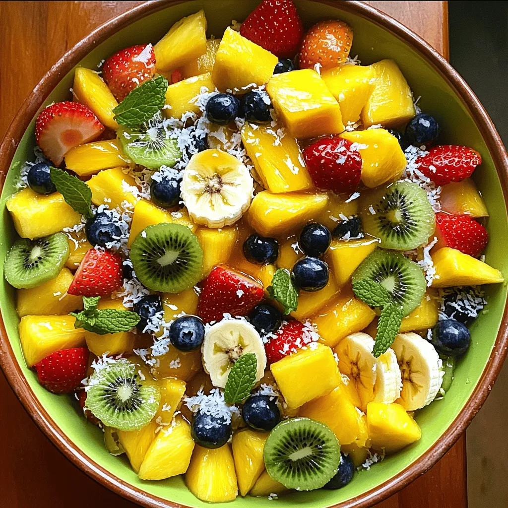 Für einen köstlichen tropischen Obstsalat brauche ich frische und reife Früchte. Diese sind die Hauptzutaten: - 1 reife Mango, gewürfelt - 1 Tasse Ananasstücke - 1 Banane, in Scheiben geschnitten - 1 Kiwi, geschält und in Scheiben geschnitten - 1/2 Tasse Erdbeeren, halbiert - 1/2 Tasse Heidelbeeren - 1/4 Tasse ungesüßte Kokosraspeln Diese Kombination bringt Farben und süßen Geschmack auf den Teller. Ich finde, dass man die Hauptzutaten leicht anpassen kann. Hier sind einige tolle Optionen, die ich oft verwende: - Papaya für mehr Süße - Mangosteen für einen einzigartigen Geschmack - Passionsfrucht für einen spritzigen Akzent - Trauben für zusätzliche Frische Jede dieser Früchte bringt ihren eigenen Flair in den Salat. Versuche, verschiedene Kombinationen auszuprobieren! Um den Obstsalat noch leckerer zu machen, füge ich oft einige zusätzliche Zutaten hinzu: - 2 Esslöffel Honig (oder Ahornsirup) - 1 Esslöffel frischer Limettensaft - Frische Minzblätter zur Garnierung Der Honig sorgt für Süße und der Limettensaft bringt Frische. Minze ist perfekt für das Auge und den Gaumen. Diese kleinen Extras machen den Unterschied! Du kannst das gesamte Rezept im Abschnitt "Vollständiges Rezept" finden. Das Zubereiten eines tropischen Obstsalats ist einfach und macht Spaß. Du kannst frisch und gesund essen. Du brauchst verschiedene Früchte, die gut zusammenpassen. Ich wähle immer reife Früchte für den besten Geschmack. 1. Früchte vorbereiten: Nimm eine große Schüssel. Füge die gewürfelte Mango, die Ananasstücke, die in Scheiben geschnittene Banane, die Kiwi und die halbierten Erdbeeren hinzu. Die Heidelbeeren kommen auch dazu. 2. Dressing machen: In einer kleinen Schüssel vermischst du Honig (oder Ahornsirup) mit frischem Limettensaft. Rühre gut um, bis alles gleichmäßig ist. 3. Früchte mischen: Gieße die Honig-Limetten-Mischung über die Früchte. Benutze einen großen Löffel, um alles vorsichtig umzurühren. 4. Kokosraspeln hinzufügen: Streue die ungesüßten Kokosraspeln über die Mischung. Mische alles sanft, damit die Raspeln gleichmäßig verteilt sind. 5. Aromen entfalten: Lass den Obstsalat für etwa 10 Minuten stehen. So können die Aromen gut zusammenkommen. 6. Dekorieren: Vor dem Servieren, füge frische Minzblätter hinzu. Sie geben dem Salat einen schönen Look und Geschmack. Um sicherzustellen, dass alle Früchte den gleichen Geschmack haben, achte darauf, dass du alles gut umrührst. Verwende einen großen Löffel, um die Früchte sanft zu bewegen. Wenn du das Dressing hinzufügst, verteile es gleichmäßig. So schmeckt jeder Bissen lecker. Für mehr Details und eine vollständige Anleitung, sieh dir das [Full Recipe] an. Wählen Sie Früchte, die gut riechen und eine sanfte Berührung haben. Eine reife Mango hat eine glatte Haut und gibt leicht nach. Achten Sie darauf, dass die Ananas goldgelb ist. Eine gute Banane sollte gelb mit kleinen braunen Punkten sein. Kiwis sollten fest, aber nicht hart sein. Erdbeeren sollten rot und glänzend sein. Heidelbeeren sind am besten, wenn sie dunkelblau sind. Eine schöne Präsentation macht den Obstsalat noch besser. Verwenden Sie eine große, flache Schüssel. Schneiden Sie die Früchte in gleichmäßige Stücke. Platzieren Sie die Farben so, dass sie leuchten. Fügen Sie frische Minzblätter ganz oben hinzu. Sie sehen nicht nur gut aus, sondern geben auch einen frischen Geschmack. Eine kleine Schale mit Honig oder Limettensaft daneben kann den Gästen helfen, ihren Salat zu würzen. Honig und Limettensaft sind lecker, aber Sie können auch andere Dressings ausprobieren. Probieren Sie Joghurt für eine cremige Note. Ein Spritzer Orange kann die Aromen aufpeppen. Für einen exotischen Twist verwenden Sie Kokosnussmilch. Kombinieren Sie verschiedene Früchte, wie Papaya oder Granatapfelkerne, für mehr Geschmack. Lassen Sie Ihrer Kreativität freien Lauf und genießen Sie neue Kombinationen. Für das vollständige Rezept schauen Sie sich den Tropischen Paradies Obstsalat an. {{image_4}} Es gibt viele Früchte, die Sie in Ihren Obstsalat packen können. Wenn Sie eine süßere Note wollen, probieren Sie Mango oder Papaya. Für einen sauren Kick sind Limetten oder Grapefruits perfekt. Sie können auch Melonen oder Trauben hinzufügen, um mehr Texturen zu schaffen. Jeder kann seine eigene Mischung finden, die ihm gefällt. Dieser Obstsalat ist von Natur aus vegan und glutenfrei. Nutzen Sie frische Früchte, die Ihnen schmecken. Ersetzen Sie Honig durch Agavendicksaft für eine rein pflanzliche Option. Das macht den Salat für alle essbar. So können auch Freunde mit speziellen Diäten genießen. Saisonale Früchte bringen den besten Geschmack. Im Sommer sind Erdbeeren und Pfirsiche frisch. Im Winter können Sie Zitrusfrüchte wie Orangen oder Mandarinen wählen. Achten Sie auf lokale Märkte für die frischesten Produkte. Das sorgt für beste Aromen in Ihrem tropischen Obstsalat. Sie können alle diese Variationen im Full Recipe ausprobieren und anpassen. Lagern Sie den Obstsalat in einem luftdichten Behälter. So bleibt er frisch. Stellen Sie den Behälter in den Kühlschrank. Dies schützt die Früchte vor Luft und Feuchtigkeit. Achten Sie darauf, den Salat nicht zu lange in der Wärme zu lassen. Tropischer Obstsalat hält sich etwa 1 bis 3 Tage im Kühlschrank. Nach ein paar Tagen kann der Geschmack nachlassen. Die Früchte können auch matschig werden. Verwenden Sie frische Zutaten für die beste Haltbarkeit. Wenn Sie die Früchte gut lagern, bleibt der Salat länger knackig und lecker. Um braune Früchte zu vermeiden, verwenden Sie Limettensaft. Der Saft wirkt als natürlicher Konservierungsstoff. Mischen Sie den Limettensaft gleich zu Beginn in den Salat. So bleibt die Farbe frisch und ansprechend. Lagern Sie auch jede Frucht getrennt, wenn möglich, um Überreifung zu verhindern. Um einen tropischen Obstsalat einfach zu machen, folge diesen Schritten: 1. Nimm frische, reife Früchte. 2. Schneide die Früchte in kleine Stücke. 3. Mische die Früchte in einer großen Schüssel. 4. Bereite ein einfaches Dressing aus Honig und Limettensaft vor. 5. Gieße das Dressing über die Früchte. 6. Mische alles gut durch. 7. Lass den Salat kurz ruhen, damit er schmeckt. Das ist alles! So kannst du einen tropischen Obstsalat schnell und lecker zubereiten. Für einen tropischen Obstsalat sind folgende Früchte die besten: - Mango - Ananas - Banane - Kiwi - Erdbeeren - Heidelbeeren Diese Früchte bringen süße und frische Aromen. Du kannst auch andere Früchte wie Papaya oder Kokos hinzufügen. Experimentiere mit verschiedenen Kombinationen, um deinen perfekten Obstsalat zu finden. Ja, du kannst den Obstsalat im Voraus zubereiten. Mache ihn jedoch nicht zu früh. Die Früchte können braun werden. Ich empfehle, ihn nicht mehr als ein paar Stunden vor dem Servieren zu machen. Du kannst die Schnittfrüchte in einem luftdichten Behälter im Kühlschrank aufbewahren. Bereite das Dressing separat vor und mische alles kurz vor dem Servieren. So bleibt der Salat frisch und lecker. Die Zubereitung eines tropischen Obstsalats ist einfach und macht Spaß. Wir haben die besten Zutaten, Schritte und Tipps besprochen. Du kannst mit verschiedenen Früchten und Dressings spielen, um deinen Geschmack zu treffen. Achte darauf, die richtigen Früchte auszuwählen und sie gut zu lagern. Experimentiere mit Variationen, um den Salat interessant zu halten. Ein fresher und bunter Obstsalat bereichert jeden Anlass. Halte deine Kreation frisch und genussvoll!