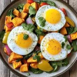 - 2 große Süßkartoffeln, geschält und gewürfelt - 1 Paprika (beliebige Farbe), gewürfelt - 1 kleine rote Zwiebel, gehackt - 2 Knoblauchzehen, fein gehackt - 1 Teelöffel geräuchertes Paprika-Pulver - 1 Teelöffel Kreuzkümmel - ½ Teelöffel Chili-Pulver - 3 Esslöffel Olivenöl - Salz und Pfeffer nach Geschmack - 2 Tassen frischer Spinat, grob gehackt Süßkartoffeln sind die Hauptzutat. Sie bringen eine süße Note und eine tolle Farbe. Paprika und Zwiebel fügen Geschmack und Textur hinzu. Knoblauch gibt einen tollen Duft. Gewürze wie Paprika, Kreuzkümmel und Chili bringen Tiefe. Olivenöl sorgt für eine gute Basis und hilft beim Braten. Spinat ist gesund und bringt Farbe in den Hash. - 4 große Eier - Frischer Koriander oder Petersilie zur Garnierung Eier sind eine tolle Ergänzung. Sie machen das Gericht noch nahrhafter. Ein Spiegelei obenauf macht den Hash besonders lecker. Frische Kräuter wie Koriander oder Petersilie bringen Frische und Farbe. Du kannst sie nach Belieben verwenden. Du kannst das vollständige Rezept für den herzhaften Süßkartoffel-Hash hier finden: [Full Recipe]. Zuerst bereite die Süßkartoffeln vor. Schäle sie und schneide sie in kleine Würfel. Die Würfel sollten gleichmäßig sein, damit sie gleichmäßig garen. Als Nächstes wähle das Gemüse aus. Ich empfehle, eine Paprika und eine rote Zwiebel zu verwenden. Schneide die Paprika und Zwiebel ebenfalls in kleine Stücke. Jetzt ist es Zeit für die Gewürze. Stelle das geräucherte Paprika-Pulver, den Kreuzkümmel und das Chili-Pulver bereit. Diese Gewürze geben dem Hash seinen tollen Geschmack. Beginne mit dem Kochen. Erhitze in einer großen Pfanne zwei Esslöffel Olivenöl bei mittlerer Hitze. Gib die gewürfelten Süßkartoffeln in die Pfanne und füge eine Prise Salz hinzu. Koche die Süßkartoffeln etwa zehn bis fünfzehn Minuten. Rühre gelegentlich um. Die Süßkartoffeln sollten weich und leicht braun sein. Nach dieser Zeit mische die gehackte Zwiebel und die Paprika unter. Brate das Gemüse für weitere fünf Minuten, bis es zart ist. Nun kommt der Knoblauch dazu. Füge die fein gehackten Knoblauchzehen, das geräucherte Paprika-Pulver, den Kreuzkümmel und das Chili-Pulver hinzu. Rühre alles gut um und koche es eine weitere Minute. Die Gewürze werden jetzt wunderbar duften. Jetzt kommt der frische Spinat. Gib ihn in die Pfanne und koche ihn, bis er verwelkt ist. Das dauert etwa zwei Minuten. Schmecke den Hash mit Salz und Pfeffer ab. In einer separaten Pfanne erhitze den restlichen Esslöffel Olivenöl. Schlage die Eier in diese Pfanne. Koche sie nach deinem Gusto, ob Spiegelei oder wachsweich. Um zu servieren, verteile den Süßkartoffel-Hash auf Tellern und lege ein gebratenes Ei darauf. Garniere alles mit frischem Koriander oder Petersilie. So wird dein Gericht lecker und schön. Für die vollständige Anleitung schaue dir das [Full Recipe] an. Um die beste Textur und den besten Geschmack zu erreichen, achte auf diese Punkte: - Schneide die Süßkartoffeln gleichmäßig. So garen sie gleichmäßig. - Röstest du die Süßkartoffeln gut, bekommst du eine knusprige Außenseite. - Verwende frische Gewürze. Sie bringen mehr Geschmack in den Hash. Häufige Fehler sind einfach zu vermeiden: - Rühre nicht zu oft um. Lass die Süßkartoffeln bräunen, bevor du sie bewegst. - Achte darauf, den Knoblauch nicht zu lange zu braten. Er kann schnell bitter werden. - Überwürze nicht. Beginne mit kleinen Mengen und taste dich voran. Der Süßkartoffel-Hash ist vielseitig. Hier sind einige Anpassungen: - Für eine vegetarische Option lass die Eier weg oder ersetze sie durch Tofu. - Veganer können die Eier durch eine Mischung aus zerdrückter Banane und Leinsamen ersetzen. Glutenfreie Anpassungen sind einfach: - Alle Zutaten im Rezept sind glutenfrei. Achte darauf, dass deine Gewürze auch glutenfrei sind. So kannst du den Hash nach deinem Geschmack und deinen Bedürfnissen anpassen. Für das komplette Rezept schau dir den Full Recipe an. {{image_4}} Um den herzhaften Süßkartoffel-Hash zu variieren, füge andere Gemüsesorten hinzu. Brokkoli, Zucchini oder Karotten passen gut. Du kannst auch Pilze für einen erdigen Geschmack verwenden. Versuche, frischen Spinat oder Grünkohl hinzuzufügen. Diese grünen Blätter geben mehr Nährstoffe und Farbe. Die Gewürze machen den Hash spannend. Nutze italienische Kräuter wie Oregano oder Basilikum. Diese verleihen einen neuen Geschmack. Für mehr Wärme, probiere Rote-Pfefferflocken oder frischen Ingwer. Experimentiere mit Curry-Pulver für einen Hauch von Indien. So kannst du deinen Hash jedes Mal anders gestalten. Der Süßkartoffel-Hash ist perfekt für das Frühstück. Du kannst ihn mit verschiedenen Eivariationen kombinieren. Spiegeleier machen das Gericht klassisch. Rühreier bringen eine lockere Textur. Für eine gesunde Wahl, probiere pochierte Eier. Die Eigelbe sorgen für eine cremige Note. Denk an Beilagen, um das Frühstück zu erweitern. Serviere frisches Brot oder Avocado dazu. Ein einfacher Joghurt passt gut, um den Geschmack zu ergänzen. Für eine süße Note, füge frisches Obst hinzu. So wird dein Frühstück bunt und nahrhaft! Für das komplette Rezept, schau dir [Full Recipe] an. Um den Süßkartoffel-Hash frisch zu halten, solltest du ihn richtig lagern. Bewahre die Reste in einem luftdichten Behälter im Kühlschrank auf. So bleibt der Hash bis zu vier Tage gut. Achte darauf, dass die Reste vollständig abgekühlt sind, bevor du sie in den Behälter gibst. Das verhindert Kondenswasser und hält den Hash knusprig. Wenn du den Hash länger aufbewahren möchtest, kannst du ihn auch einfrieren. Fülle den abgekühlten Hash in gefriergeeignete Behälter oder Beutel. Achte darauf, die Luft herauszudrücken, um Gefrierbrand zu vermeiden. So bleibt der Hash bis zu drei Monate frisch. Das Aufwärmen des Süßkartoffel-Hashes kann einfach sein. Die beste Methode ist, ihn in einer Pfanne bei mittlerer Hitze zu erwärmen. Füge einen Spritzer Wasser oder etwas Olivenöl hinzu, um die Feuchtigkeit zu bewahren. Rühre gelegentlich um, bis der Hash heiß ist. Eine andere gute Option ist die Mikrowelle. Gib den Hash in eine mikrowellengeeignete Schüssel und decke ihn ab. Erwärme ihn in kurzen Intervallen von 30 Sekunden. So kannst du die Textur besser kontrollieren. Beide Methoden helfen, den Geschmack und die Textur des Hashs zu erhalten. Du kannst die volle Rezeptur für diesen köstlichen Hash im Abschnitt über die Zubereitung finden. Der Süßkartoffel-Hash bleibt im Kühlschrank etwa 3-5 Tage frisch. Bewahre ihn in einem luftdichten Behälter auf. Achte darauf, dass der Hash gut abgekühlt ist, bevor du ihn in den Kühlschrank stellst. So vermeidest du Feuchtigkeit, die die Haltbarkeit verringern kann. Ja, du kannst den Hash im Voraus zubereiten. Koche ihn einfach und lasse ihn abkühlen. Danach kannst du ihn in einem luftdichten Behälter im Kühlschrank aufbewahren. Wenn du bereit bist zu essen, erwärme ihn einfach in der Pfanne oder Mikrowelle. So sparst du Zeit und kannst deine Mahlzeit schnell genießen. Der Süßkartoffel-Hash passt gut zu vielen Beilagen. Probiere ihn mit frischem Avocado, einem einfachen grünen Salat oder sogar mit einer Scheibe Vollkornbrot. Diese Beilagen bieten einen guten Kontrast und ergänzen die Aromen des Hashs perfekt. So hast du eine vollständige und nahrhafte Mahlzeit. Für die volle Rezeptanleitung schau dir das Rezept für den herzhaften Süßkartoffel-Hash an. Der Süßkartoffel-Hash ist ein gesundes Gericht, das einfach zuzubereiten ist. Wir haben die Hauptzutaten, die Zubereitung und nützliche Tipps besprochen. Experimentiere mit verschiedenen Gemüsesorten und Gewürzen, um deinen eigenen Stil zu finden. Du kannst den Hash aufbewahren und leicht wiederaufwärmen. Denke daran, dass du ihn auch vegetarisch oder glutenfrei anpassen kannst. Probiere es aus und genieße die Vielfalt!