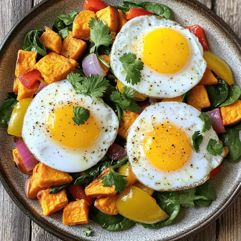 - 2 große Süßkartoffeln, geschält und gewürfelt - 1 Paprika (beliebige Farbe), gewürfelt - 1 kleine rote Zwiebel, gehackt - 2 Knoblauchzehen, fein gehackt - 1 Teelöffel geräuchertes Paprika-Pulver - 1 Teelöffel Kreuzkümmel - ½ Teelöffel Chili-Pulver - 3 Esslöffel Olivenöl - Salz und Pfeffer nach Geschmack - 2 Tassen frischer Spinat, grob gehackt Süßkartoffeln sind die Hauptzutat. Sie bringen eine süße Note und eine tolle Farbe. Paprika und Zwiebel fügen Geschmack und Textur hinzu. Knoblauch gibt einen tollen Duft. Gewürze wie Paprika, Kreuzkümmel und Chili bringen Tiefe. Olivenöl sorgt für eine gute Basis und hilft beim Braten. Spinat ist gesund und bringt Farbe in den Hash. - 4 große Eier - Frischer Koriander oder Petersilie zur Garnierung Eier sind eine tolle Ergänzung. Sie machen das Gericht noch nahrhafter. Ein Spiegelei obenauf macht den Hash besonders lecker. Frische Kräuter wie Koriander oder Petersilie bringen Frische und Farbe. Du kannst sie nach Belieben verwenden. Du kannst das vollständige Rezept für den herzhaften Süßkartoffel-Hash hier finden: [Full Recipe]. Zuerst bereite die Süßkartoffeln vor. Schäle sie und schneide sie in kleine Würfel. Die Würfel sollten gleichmäßig sein, damit sie gleichmäßig garen. Als Nächstes wähle das Gemüse aus. Ich empfehle, eine Paprika und eine rote Zwiebel zu verwenden. Schneide die Paprika und Zwiebel ebenfalls in kleine Stücke. Jetzt ist es Zeit für die Gewürze. Stelle das geräucherte Paprika-Pulver, den Kreuzkümmel und das Chili-Pulver bereit. Diese Gewürze geben dem Hash seinen tollen Geschmack. Beginne mit dem Kochen. Erhitze in einer großen Pfanne zwei Esslöffel Olivenöl bei mittlerer Hitze. Gib die gewürfelten Süßkartoffeln in die Pfanne und füge eine Prise Salz hinzu. Koche die Süßkartoffeln etwa zehn bis fünfzehn Minuten. Rühre gelegentlich um. Die Süßkartoffeln sollten weich und leicht braun sein. Nach dieser Zeit mische die gehackte Zwiebel und die Paprika unter. Brate das Gemüse für weitere fünf Minuten, bis es zart ist. Nun kommt der Knoblauch dazu. Füge die fein gehackten Knoblauchzehen, das geräucherte Paprika-Pulver, den Kreuzkümmel und das Chili-Pulver hinzu. Rühre alles gut um und koche es eine weitere Minute. Die Gewürze werden jetzt wunderbar duften. Jetzt kommt der frische Spinat. Gib ihn in die Pfanne und koche ihn, bis er verwelkt ist. Das dauert etwa zwei Minuten. Schmecke den Hash mit Salz und Pfeffer ab. In einer separaten Pfanne erhitze den restlichen Esslöffel Olivenöl. Schlage die Eier in diese Pfanne. Koche sie nach deinem Gusto, ob Spiegelei oder wachsweich. Um zu servieren, verteile den Süßkartoffel-Hash auf Tellern und lege ein gebratenes Ei darauf. Garniere alles mit frischem Koriander oder Petersilie. So wird dein Gericht lecker und schön. Für die vollständige Anleitung schaue dir das [Full Recipe] an. Um die beste Textur und den besten Geschmack zu erreichen, achte auf diese Punkte: - Schneide die Süßkartoffeln gleichmäßig. So garen sie gleichmäßig. - Röstest du die Süßkartoffeln gut, bekommst du eine knusprige Außenseite. - Verwende frische Gewürze. Sie bringen mehr Geschmack in den Hash. Häufige Fehler sind einfach zu vermeiden: - Rühre nicht zu oft um. Lass die Süßkartoffeln bräunen, bevor du sie bewegst. - Achte darauf, den Knoblauch nicht zu lange zu braten. Er kann schnell bitter werden. - Überwürze nicht. Beginne mit kleinen Mengen und taste dich voran. Der Süßkartoffel-Hash ist vielseitig. Hier sind einige Anpassungen: - Für eine vegetarische Option lass die Eier weg oder ersetze sie durch Tofu. - Veganer können die Eier durch eine Mischung aus zerdrückter Banane und Leinsamen ersetzen. Glutenfreie Anpassungen sind einfach: - Alle Zutaten im Rezept sind glutenfrei. Achte darauf, dass deine Gewürze auch glutenfrei sind. So kannst du den Hash nach deinem Geschmack und deinen Bedürfnissen anpassen. Für das komplette Rezept schau dir den Full Recipe an. {{image_4}} Um den herzhaften Süßkartoffel-Hash zu variieren, füge andere Gemüsesorten hinzu. Brokkoli, Zucchini oder Karotten passen gut. Du kannst auch Pilze für einen erdigen Geschmack verwenden. Versuche, frischen Spinat oder Grünkohl hinzuzufügen. Diese grünen Blätter geben mehr Nährstoffe und Farbe. Die Gewürze machen den Hash spannend. Nutze italienische Kräuter wie Oregano oder Basilikum. Diese verleihen einen neuen Geschmack. Für mehr Wärme, probiere Rote-Pfefferflocken oder frischen Ingwer. Experimentiere mit Curry-Pulver für einen Hauch von Indien. So kannst du deinen Hash jedes Mal anders gestalten. Der Süßkartoffel-Hash ist perfekt für das Frühstück. Du kannst ihn mit verschiedenen Eivariationen kombinieren. Spiegeleier machen das Gericht klassisch. Rühreier bringen eine lockere Textur. Für eine gesunde Wahl, probiere pochierte Eier. Die Eigelbe sorgen für eine cremige Note. Denk an Beilagen, um das Frühstück zu erweitern. Serviere frisches Brot oder Avocado dazu. Ein einfacher Joghurt passt gut, um den Geschmack zu ergänzen. Für eine süße Note, füge frisches Obst hinzu. So wird dein Frühstück bunt und nahrhaft! Für das komplette Rezept, schau dir [Full Recipe] an. Um den Süßkartoffel-Hash frisch zu halten, solltest du ihn richtig lagern. Bewahre die Reste in einem luftdichten Behälter im Kühlschrank auf. So bleibt der Hash bis zu vier Tage gut. Achte darauf, dass die Reste vollständig abgekühlt sind, bevor du sie in den Behälter gibst. Das verhindert Kondenswasser und hält den Hash knusprig. Wenn du den Hash länger aufbewahren möchtest, kannst du ihn auch einfrieren. Fülle den abgekühlten Hash in gefriergeeignete Behälter oder Beutel. Achte darauf, die Luft herauszudrücken, um Gefrierbrand zu vermeiden. So bleibt der Hash bis zu drei Monate frisch. Das Aufwärmen des Süßkartoffel-Hashes kann einfach sein. Die beste Methode ist, ihn in einer Pfanne bei mittlerer Hitze zu erwärmen. Füge einen Spritzer Wasser oder etwas Olivenöl hinzu, um die Feuchtigkeit zu bewahren. Rühre gelegentlich um, bis der Hash heiß ist. Eine andere gute Option ist die Mikrowelle. Gib den Hash in eine mikrowellengeeignete Schüssel und decke ihn ab. Erwärme ihn in kurzen Intervallen von 30 Sekunden. So kannst du die Textur besser kontrollieren. Beide Methoden helfen, den Geschmack und die Textur des Hashs zu erhalten. Du kannst die volle Rezeptur für diesen köstlichen Hash im Abschnitt über die Zubereitung finden. Der Süßkartoffel-Hash bleibt im Kühlschrank etwa 3-5 Tage frisch. Bewahre ihn in einem luftdichten Behälter auf. Achte darauf, dass der Hash gut abgekühlt ist, bevor du ihn in den Kühlschrank stellst. So vermeidest du Feuchtigkeit, die die Haltbarkeit verringern kann. Ja, du kannst den Hash im Voraus zubereiten. Koche ihn einfach und lasse ihn abkühlen. Danach kannst du ihn in einem luftdichten Behälter im Kühlschrank aufbewahren. Wenn du bereit bist zu essen, erwärme ihn einfach in der Pfanne oder Mikrowelle. So sparst du Zeit und kannst deine Mahlzeit schnell genießen. Der Süßkartoffel-Hash passt gut zu vielen Beilagen. Probiere ihn mit frischem Avocado, einem einfachen grünen Salat oder sogar mit einer Scheibe Vollkornbrot. Diese Beilagen bieten einen guten Kontrast und ergänzen die Aromen des Hashs perfekt. So hast du eine vollständige und nahrhafte Mahlzeit. Für die volle Rezeptanleitung schau dir das Rezept für den herzhaften Süßkartoffel-Hash an. Der Süßkartoffel-Hash ist ein gesundes Gericht, das einfach zuzubereiten ist. Wir haben die Hauptzutaten, die Zubereitung und nützliche Tipps besprochen. Experimentiere mit verschiedenen Gemüsesorten und Gewürzen, um deinen eigenen Stil zu finden. Du kannst den Hash aufbewahren und leicht wiederaufwärmen. Denke daran, dass du ihn auch vegetarisch oder glutenfrei anpassen kannst. Probiere es aus und genieße die Vielfalt!