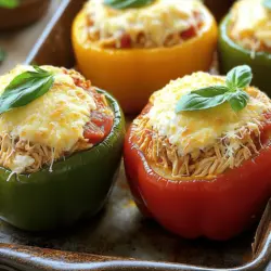 - 4 große Paprika (nach Wahl der Farbe) - 2 Tassen gekochtes Hähnchen, zerkleinert - 1 Tasse Marinara-Sauce Die Auswahl der Paprika ist wichtig. Wählen Sie leuchtende Farben. Sie sehen toll aus und schmecken besser. Das Hähnchen ist der Hauptbestandteil. Ich empfehle, es vorher zu kochen und zu zerkleinern. So ist es zart und saftig. Marinara-Sauce fügt Geschmack hinzu. Sie ist die perfekte Ergänzung zu unserem Gericht. - 1 Tasse Ricotta-Käse - 1 Tasse geriebener Mozzarella-Käse - 1/2 Tasse geriebener Parmesan-Käse - 1 Teelöffel Knoblauchpulver - 1 Teelöffel italienische Gewürzmischung - Salz und Pfeffer nach Geschmack Die Käseauswahl ist entscheidend. Ricotta macht die Füllung cremig. Mozzarella sorgt für einen schönen Schmelz. Parmesan fügt einen würzigen Kick hinzu. Knoblauchpulver und italienische Gewürze geben Tiefe. Salz und Pfeffer runden den Geschmack ab. Sie können die Gewürze nach Ihrem Geschmack anpassen. - Frische Basilikumblätter zur Garnitur (optional) Basilikum ist eine tolle Garnitur. Es bringt Frische und Farbe. Wenn Sie es mögen, fügen Sie es hinzu. Es macht das Gericht noch ansprechender. Diese Zutaten ergeben zusammen ein köstliches und einfaches Rezept. Sie können die vollständige Anleitung in [Full Recipe] finden. Heize deinen Ofen auf 190°C (375°F) vor. Diese Temperatur sorgt dafür, dass die Paprika gut garen. Schneide die oberen Teile der Paprika ab und entferne die Kerne. Achte darauf, dass du die Paprika nicht beschädigst. Bestreiche die Außenseite leicht mit Olivenöl. Stelle die Paprika aufrecht in eine Auflaufform. So bekommen sie eine schöne Form beim Backen. In einer großen Schüssel mische die folgenden Zutaten gut: - 2 Tassen gekochtes Hähnchen, zerkleinert - 1 Tasse Marinara-Sauce - 1 Tasse Ricotta-Käse - 1/2 Tasse geriebener Parmesan-Käse - 1 Teelöffel Knoblauchpulver - 1 Teelöffel italienische Gewürzmischung - Salz und Pfeffer nach Geschmack Mische alles gleichmäßig, bis die Zutaten gut verteilt sind. So schmeckt die Füllung besser. Fülle jede Paprika gleichmäßig mit der Hähnchenmischung. Achte darauf, dass du sie bis zum Rand füllst. So erhältst du einen leckeren Biss. Streue den restlichen Mozzarella-Käse großzügig über die gefüllten Paprika. Der Käse wird beim Backen schön schmelzen und eine goldbraune Kruste bilden. Decke die Auflaufform mit Aluminiumfolie ab. Backe die gefüllten Paprika im vorgeheizten Ofen für 25 Minuten. Nach dieser Zeit entferne die Folie. Backe sie für weitere 10-15 Minuten, bis der Käse goldbraun und sprudelnd ist. Nehme die Paprika aus dem Ofen und lasse sie leicht abkühlen. Garnieren die gefüllten Paprika mit frischen Basilikumblättern. So sehen sie toll aus und schmecken frisch. Wähle die besten Paprika für dein Rezept. Achte auf frische, glatte Haut. Sie sollten fest und schwer in der Hand liegen. Die Farben können variieren. Rote, gelbe oder grüne Paprika sind alle lecker. Die roten Paprika sind am süßesten. Verwende sie für einen tollen Geschmack. Wenn du Hähnchen nicht magst, probiere andere Optionen. Du kannst Rinderhack oder Putenhack verwenden. Für eine vegetarische Füllung nimm Quinoa oder Linsen. Diese bieten einen guten Proteinanteil. Du kannst auch verschiedene Gemüsesorten hinzufügen. Pilze, Zucchini oder Spinat machen die Füllung spannend. Käse macht alles besser. Du kannst verschiedene Käsesorten mixen. Neben Mozzarella sind Gouda oder Provolone tolle Optionen. Diese Käsesorten geben mehr Tiefe im Geschmack. Eine Mischung aus frischem und gereiftem Käse bringt Abwechslung. Experimentiere mit Käse, um dein Gericht zu verbessern. Für das volle Rezept, schau dir das [Full Recipe] an. {{image_4}} Für eine leckere Abwechslung kannst du verschiedene Gemüsesorten in die Füllung geben. Gemüse wie Zucchini, Spinat oder Pilze passen gut. Diese bringen Farbe und Nährstoffe. Du kannst sie klein schneiden und kurz anbraten, bevor du sie mit dem Hähnchen mischst. So wird die Füllung saftiger und geschmackvoller. Die Kräuter und Gewürze in der Füllung sind sehr wichtig. Du kannst sie nach deinem Geschmack anpassen. Füge zum Beispiel frische Petersilie oder Oregano hinzu. Auch etwas Paprikapulver gibt einen tollen Geschmack. Experimentiere mit deinen Lieblingsgewürzen, um deine perfekte Mischung zu finden. Möchtest du es schärfer? Füge einfach Chili oder Jalapeños hinzu. Diese Zutaten bringen mehr Kick in die Füllung. Du kannst sie klein schneiden und unter die Mischung rühren. Achte darauf, dass du die Schärfe nach deinem Geschmack anpasst. So wird dein Gericht aufregend und lecker. Um gefüllte Paprika richtig zu kühlen, lassen Sie sie zuerst auf Raumtemperatur abkühlen. Legen Sie jede Paprika in einen luftdichten Behälter. So bleibt der Geschmack frisch. Sie können die gefüllten Paprika bis zu drei Tage im Kühlschrank aufbewahren. Achten Sie darauf, die Behälter gut zu verschließen. So vermeiden Sie, dass die Paprika austrocknen oder Gerüche aufnehmen. Für das Einfrieren lassen Sie die gefüllten Paprika ebenfalls abkühlen. Wickeln Sie jede Paprika in Frischhaltefolie ein. Sie können sie auch in einem gefriergeeigneten Behälter lagern. So bleiben sie bis zu drei Monate haltbar. Denken Sie daran, die Paprika vor dem Einfrieren zu beschriften. So wissen Sie, wann Sie sie gemacht haben. Um die gefüllten Paprika wieder aufzuwärmen, heizen Sie den Ofen auf 180°C vor. Legen Sie die gefrorenen Paprika in eine Auflaufform. Sie können etwas Marinara-Sauce darüber gießen. Decken Sie die Auflaufform mit Folie ab, um die Feuchtigkeit zu halten. Backen Sie die Paprika etwa 30-40 Minuten, bis sie heiß sind. So schmecken sie fast wie frisch zubereitet. Gefüllte Paprika sind im Kühlschrank etwa 3-5 Tage haltbar. Lagern Sie sie in einem luftdichten Behälter. Für längere Haltbarkeit können Sie die Paprika im Gefrierfach aufbewahren. Dort halten sie bis zu 3 Monate. Stellen Sie sicher, dass sie gut verpackt sind, um Gefrierbrand zu vermeiden. Ja, Sie können gefüllte Paprika im Voraus zubereiten. Bereiten Sie die Füllung und die Paprika am Abend vorher zu. Füllen Sie die Paprika und lagern Sie sie im Kühlschrank. Sie können sie dann am nächsten Tag direkt backen. Das spart Zeit und macht das Kochen einfacher. Gefüllte Paprika sind gesund und nahrhaft. Sie enthalten Gemüse, mageres Protein und Käse. Paprika sind reich an Vitaminen A und C. Diese Nährstoffe stärken das Immunsystem. Hähnchen bietet zusätzlich Eiweiß, das für den Körper wichtig ist. Achten Sie auf die Portionsgröße, um fettige Zutaten zu vermeiden. Sie können die Füllung leicht variieren. Statt Hähnchen können Sie Rinderhackfleisch oder Quinoa verwenden. Fügen Sie zusätzliches Gemüse wie Zucchini oder Spinat hinzu. Experimentieren Sie mit verschiedenen Käsesorten für einen neuen Geschmack. Ihrer Kreativität sind keine Grenzen gesetzt. Um die besten Chicken Parmesan Stuffed Peppers zu machen, nutzen Sie frische Zutaten. Achten Sie darauf, das Hähnchen gut zu würzen. Mischen Sie die Füllung gründlich, damit sich die Aromen verbinden. Verwenden Sie eine Mischung aus Käsesorten für mehr Geschmack. Backen Sie die Paprika bis der Käse goldbraun ist. So erhalten Sie einen köstlichen und ansprechenden Snack. Für das vollständige Rezept besuchen Sie [Full Recipe]. Gefüllte Paprika sind ein einfaches und schmackhaftes Gericht. Wir haben die Hauptzutaten, die Schritt-für-Schritt-Anleitung und tolle Tipps besprochen. Außerdem kannst du die Füllung nach deinem Geschmack variieren. Denk auch an die richtige Aufbewahrung, um die Paprika frisch zu halten. Diese leckeren Paprika bringen Abwechslung auf den Tisch. Probiere sie aus und genieße die Aromen. Sie werden sicher ein Hit bei deiner nächsten Mahlzeit sein!