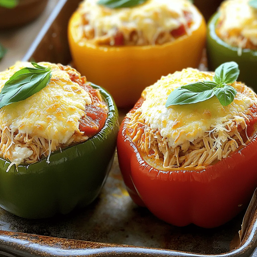 - 4 große Paprika (nach Wahl der Farbe) - 2 Tassen gekochtes Hähnchen, zerkleinert - 1 Tasse Marinara-Sauce Die Auswahl der Paprika ist wichtig. Wählen Sie leuchtende Farben. Sie sehen toll aus und schmecken besser. Das Hähnchen ist der Hauptbestandteil. Ich empfehle, es vorher zu kochen und zu zerkleinern. So ist es zart und saftig. Marinara-Sauce fügt Geschmack hinzu. Sie ist die perfekte Ergänzung zu unserem Gericht. - 1 Tasse Ricotta-Käse - 1 Tasse geriebener Mozzarella-Käse - 1/2 Tasse geriebener Parmesan-Käse - 1 Teelöffel Knoblauchpulver - 1 Teelöffel italienische Gewürzmischung - Salz und Pfeffer nach Geschmack Die Käseauswahl ist entscheidend. Ricotta macht die Füllung cremig. Mozzarella sorgt für einen schönen Schmelz. Parmesan fügt einen würzigen Kick hinzu. Knoblauchpulver und italienische Gewürze geben Tiefe. Salz und Pfeffer runden den Geschmack ab. Sie können die Gewürze nach Ihrem Geschmack anpassen. - Frische Basilikumblätter zur Garnitur (optional) Basilikum ist eine tolle Garnitur. Es bringt Frische und Farbe. Wenn Sie es mögen, fügen Sie es hinzu. Es macht das Gericht noch ansprechender. Diese Zutaten ergeben zusammen ein köstliches und einfaches Rezept. Sie können die vollständige Anleitung in [Full Recipe] finden. Heize deinen Ofen auf 190°C (375°F) vor. Diese Temperatur sorgt dafür, dass die Paprika gut garen. Schneide die oberen Teile der Paprika ab und entferne die Kerne. Achte darauf, dass du die Paprika nicht beschädigst. Bestreiche die Außenseite leicht mit Olivenöl. Stelle die Paprika aufrecht in eine Auflaufform. So bekommen sie eine schöne Form beim Backen. In einer großen Schüssel mische die folgenden Zutaten gut: - 2 Tassen gekochtes Hähnchen, zerkleinert - 1 Tasse Marinara-Sauce - 1 Tasse Ricotta-Käse - 1/2 Tasse geriebener Parmesan-Käse - 1 Teelöffel Knoblauchpulver - 1 Teelöffel italienische Gewürzmischung - Salz und Pfeffer nach Geschmack Mische alles gleichmäßig, bis die Zutaten gut verteilt sind. So schmeckt die Füllung besser. Fülle jede Paprika gleichmäßig mit der Hähnchenmischung. Achte darauf, dass du sie bis zum Rand füllst. So erhältst du einen leckeren Biss. Streue den restlichen Mozzarella-Käse großzügig über die gefüllten Paprika. Der Käse wird beim Backen schön schmelzen und eine goldbraune Kruste bilden. Decke die Auflaufform mit Aluminiumfolie ab. Backe die gefüllten Paprika im vorgeheizten Ofen für 25 Minuten. Nach dieser Zeit entferne die Folie. Backe sie für weitere 10-15 Minuten, bis der Käse goldbraun und sprudelnd ist. Nehme die Paprika aus dem Ofen und lasse sie leicht abkühlen. Garnieren die gefüllten Paprika mit frischen Basilikumblättern. So sehen sie toll aus und schmecken frisch. Wähle die besten Paprika für dein Rezept. Achte auf frische, glatte Haut. Sie sollten fest und schwer in der Hand liegen. Die Farben können variieren. Rote, gelbe oder grüne Paprika sind alle lecker. Die roten Paprika sind am süßesten. Verwende sie für einen tollen Geschmack. Wenn du Hähnchen nicht magst, probiere andere Optionen. Du kannst Rinderhack oder Putenhack verwenden. Für eine vegetarische Füllung nimm Quinoa oder Linsen. Diese bieten einen guten Proteinanteil. Du kannst auch verschiedene Gemüsesorten hinzufügen. Pilze, Zucchini oder Spinat machen die Füllung spannend. Käse macht alles besser. Du kannst verschiedene Käsesorten mixen. Neben Mozzarella sind Gouda oder Provolone tolle Optionen. Diese Käsesorten geben mehr Tiefe im Geschmack. Eine Mischung aus frischem und gereiftem Käse bringt Abwechslung. Experimentiere mit Käse, um dein Gericht zu verbessern. Für das volle Rezept, schau dir das [Full Recipe] an. {{image_4}} Für eine leckere Abwechslung kannst du verschiedene Gemüsesorten in die Füllung geben. Gemüse wie Zucchini, Spinat oder Pilze passen gut. Diese bringen Farbe und Nährstoffe. Du kannst sie klein schneiden und kurz anbraten, bevor du sie mit dem Hähnchen mischst. So wird die Füllung saftiger und geschmackvoller. Die Kräuter und Gewürze in der Füllung sind sehr wichtig. Du kannst sie nach deinem Geschmack anpassen. Füge zum Beispiel frische Petersilie oder Oregano hinzu. Auch etwas Paprikapulver gibt einen tollen Geschmack. Experimentiere mit deinen Lieblingsgewürzen, um deine perfekte Mischung zu finden. Möchtest du es schärfer? Füge einfach Chili oder Jalapeños hinzu. Diese Zutaten bringen mehr Kick in die Füllung. Du kannst sie klein schneiden und unter die Mischung rühren. Achte darauf, dass du die Schärfe nach deinem Geschmack anpasst. So wird dein Gericht aufregend und lecker. Um gefüllte Paprika richtig zu kühlen, lassen Sie sie zuerst auf Raumtemperatur abkühlen. Legen Sie jede Paprika in einen luftdichten Behälter. So bleibt der Geschmack frisch. Sie können die gefüllten Paprika bis zu drei Tage im Kühlschrank aufbewahren. Achten Sie darauf, die Behälter gut zu verschließen. So vermeiden Sie, dass die Paprika austrocknen oder Gerüche aufnehmen. Für das Einfrieren lassen Sie die gefüllten Paprika ebenfalls abkühlen. Wickeln Sie jede Paprika in Frischhaltefolie ein. Sie können sie auch in einem gefriergeeigneten Behälter lagern. So bleiben sie bis zu drei Monate haltbar. Denken Sie daran, die Paprika vor dem Einfrieren zu beschriften. So wissen Sie, wann Sie sie gemacht haben. Um die gefüllten Paprika wieder aufzuwärmen, heizen Sie den Ofen auf 180°C vor. Legen Sie die gefrorenen Paprika in eine Auflaufform. Sie können etwas Marinara-Sauce darüber gießen. Decken Sie die Auflaufform mit Folie ab, um die Feuchtigkeit zu halten. Backen Sie die Paprika etwa 30-40 Minuten, bis sie heiß sind. So schmecken sie fast wie frisch zubereitet. Gefüllte Paprika sind im Kühlschrank etwa 3-5 Tage haltbar. Lagern Sie sie in einem luftdichten Behälter. Für längere Haltbarkeit können Sie die Paprika im Gefrierfach aufbewahren. Dort halten sie bis zu 3 Monate. Stellen Sie sicher, dass sie gut verpackt sind, um Gefrierbrand zu vermeiden. Ja, Sie können gefüllte Paprika im Voraus zubereiten. Bereiten Sie die Füllung und die Paprika am Abend vorher zu. Füllen Sie die Paprika und lagern Sie sie im Kühlschrank. Sie können sie dann am nächsten Tag direkt backen. Das spart Zeit und macht das Kochen einfacher. Gefüllte Paprika sind gesund und nahrhaft. Sie enthalten Gemüse, mageres Protein und Käse. Paprika sind reich an Vitaminen A und C. Diese Nährstoffe stärken das Immunsystem. Hähnchen bietet zusätzlich Eiweiß, das für den Körper wichtig ist. Achten Sie auf die Portionsgröße, um fettige Zutaten zu vermeiden. Sie können die Füllung leicht variieren. Statt Hähnchen können Sie Rinderhackfleisch oder Quinoa verwenden. Fügen Sie zusätzliches Gemüse wie Zucchini oder Spinat hinzu. Experimentieren Sie mit verschiedenen Käsesorten für einen neuen Geschmack. Ihrer Kreativität sind keine Grenzen gesetzt. Um die besten Chicken Parmesan Stuffed Peppers zu machen, nutzen Sie frische Zutaten. Achten Sie darauf, das Hähnchen gut zu würzen. Mischen Sie die Füllung gründlich, damit sich die Aromen verbinden. Verwenden Sie eine Mischung aus Käsesorten für mehr Geschmack. Backen Sie die Paprika bis der Käse goldbraun ist. So erhalten Sie einen köstlichen und ansprechenden Snack. Für das vollständige Rezept besuchen Sie [Full Recipe]. Gefüllte Paprika sind ein einfaches und schmackhaftes Gericht. Wir haben die Hauptzutaten, die Schritt-für-Schritt-Anleitung und tolle Tipps besprochen. Außerdem kannst du die Füllung nach deinem Geschmack variieren. Denk auch an die richtige Aufbewahrung, um die Paprika frisch zu halten. Diese leckeren Paprika bringen Abwechslung auf den Tisch. Probiere sie aus und genieße die Aromen. Sie werden sicher ein Hit bei deiner nächsten Mahlzeit sein!