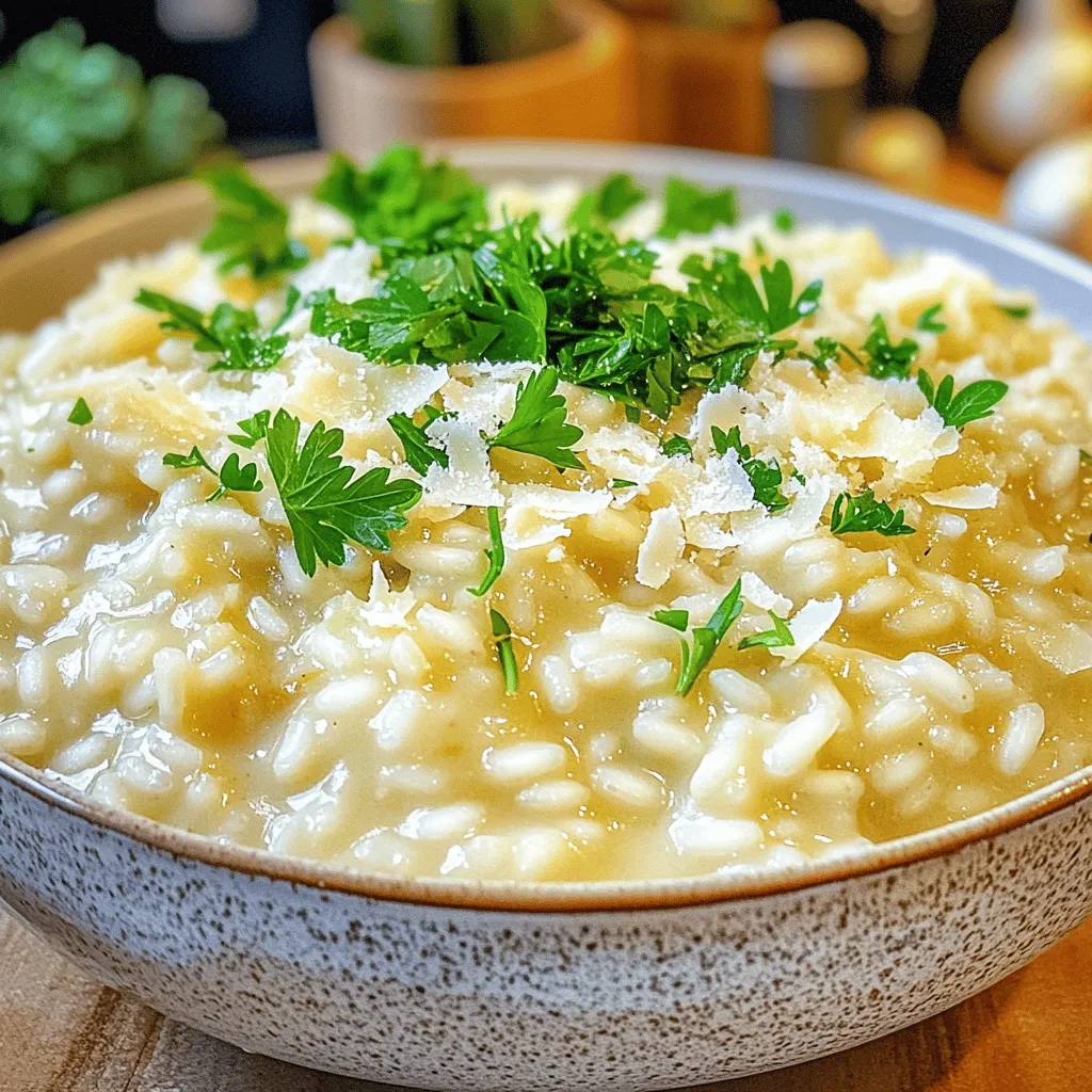 - 1 Tasse Arborio-Reis - 4 Tassen Gemüsebrühe - 1 mittelgroße Zwiebel, fein gehackt - 3 Knoblauchzehen, gehackt Die Hauptzutaten sind wichtig für den Geschmack. Arborio-Reis ist speziell für Risotto. Er hat eine hohe Stärke, die das Gericht cremig macht. Gemüsebrühe fügt Tiefe hinzu. Zwiebeln und Knoblauch bringen Aromen, die das Risotto lebendig machen. - 1 Esslöffel ungesalzene Butter - 1/2 Tasse Schlagsahne - 1 Tasse frisch geriebener Parmesan Diese Zutaten machen das Risotto besonders cremig. Ungesalzene Butter gibt einen reichen Geschmack. Schlagsahne sorgt für eine samtige Textur. Parmesan bringt eine salzige, nussige Note. Diese Kombination macht jedes Bissen köstlich. - Salz und Pfeffer nach Geschmack - Frische Petersilie, gehackt (zum Garnieren) Salz und Pfeffer sind einfach, aber wichtig. Sie heben den Geschmack des Risottos hervor. Frische Petersilie bringt Farbe und einen frischen Geschmack. Diese Garnitur macht das Gericht ansprechend. Für das vollständige Rezept, schauen Sie sich die [Full Recipe] an. Erwärme die Gemüsebrühe in einem kleinen Topf. Halte die Brühe bei niedriger Hitze warm. Dies hilft, dass der Reis gleichmäßig kocht. Erhitze in einer großen Pfanne das Olivenöl und die Butter. Gib die gehackte Zwiebel dazu und brate sie etwa 5 Minuten. Sie sollte durchsichtig sein. Füge dann den Knoblauch hinzu und brate ihn 1-2 Minuten mit. Pass auf, dass er nicht verbrennt, denn verbrannter Knoblauch schmeckt bitter. Gib den Arborio-Reis in die Pfanne. Rühre ihn 2-3 Minuten, bis er leicht geröstet ist. Der Reis sollte gut mit dem Öl und der Butter bedeckt sein. Beginne nun, die warme Gemüsebrühe löffelweise hinzuzufügen. Rühre ständig und lasse den Reis die Brühe fast ganz aufnehmen, bevor du mehr hinzufügst. Dieser Prozess dauert etwa 20-25 Minuten. Der Reis sollte al dente und cremig sein. Wenn der Reis die richtige Konsistenz hat, füge die Schlagsahne und den frisch geriebenen Parmesan hinzu. Rühre alles gut um, bis es geschmolzen und gut vermischt ist. Schmecke das Risotto mit Salz und Pfeffer ab. Für ein lockeres Risotto kannst du mehr Brühe oder Sahne hinzufügen. Lass das Risotto eine Minute ruhen und serviere es heiß. Garniere es mit frisch gehackter Petersilie. Du findest die vollständige Anleitung im [Full Recipe]. - Richtiges Rühren: Rühren ist der Schlüssel zu einem perfekten Risotto. Halte das Risotto in Bewegung. Dies hilft, die Stärke aus dem Reis freizusetzen. Dadurch wird das Risotto schön cremig. Rühre regelmäßig, besonders wenn du die Brühe hinzufügst. So wird dein Risotto niemals matschig, sondern bleibt luftig und leicht. - Zusätzliche Zutaten integrieren: Du kannst dein Risotto leicht anpassen. Füge etwas Gemüse hinzu, wie Erbsen oder Spinat, um mehr Farbe zu bringen. Pilze geben einen tiefen, erdigen Geschmack. Auch frische Kräuter wie Basilikum oder Thymian passen gut dazu. Wenn du es herzhaft magst, probiere gebratene Hühnerbrust oder Garnelen. Diese Zutaten machen dein Risotto noch schmackhafter. - Beilagen und Getränke: Serviere dein Risotto mit einem einfachen grünen Salat. Ein frischer Salat ergänzt die Cremigkeit des Risottos. Du kannst auch geröstetes Brot oder Baguette dazu reichen. Für Getränke wähle einen leichten Weißwein, wie Sauvignon Blanc. Dieser Wein harmoniert gut mit dem Geschmack von Knoblauch und Parmesan. Für mehr Details und die vollständige Zubereitung, schau dir das [Full Recipe] an. {{image_4}} Gemüserisotto bringt Farbe und Geschmack auf den Tisch. Fügen Sie einfach saisonales Gemüse hinzu. Zum Beispiel sind Erbsen, Karotten und Paprika großartige Optionen. Diese Gemüsesorten sorgen für frische Aromen. Sie können auch Zucchini oder Brokkoli verwenden. Kochen Sie das Gemüse kurz mit der Zwiebel, damit es weich wird. Das gibt dem Risotto noch mehr Geschmack. Ein Pilzrisotto hebt das Gericht auf ein neues Level. Verwenden Sie frische Pilze wie Champignons oder Steinpilze. Die Pilze geben einen herzhaften Geschmack ab. Braten Sie die Pilze in der Pfanne an, bevor Sie den Reis hinzufügen. So erhalten sie eine schöne goldene Farbe. Sie können auch verschiedene Pilzsorten mischen, um mehr Tiefe zu schaffen. Dieses Gericht wird sicher ein Hit sein! Proteinreiche Varianten machen das Risotto noch nahrhafter. Fügen Sie gebratenes Hähnchen oder Garnelen hinzu. Das Hähnchen sollten Sie in Würfel schneiden und braten. Garnelen können Sie einfach in die Pfanne geben, wenn der Reis fast fertig ist. Diese Optionen geben dem Risotto mehr Biss und machen es sättigender. Experimentieren Sie mit verschiedenen Proteinen, um Ihr ideales Gericht zu finden. Für das Grundrezept dieses köstlichen Risottos, schauen Sie sich die [Full Recipe] an. Um deinen cremigen Knoblauch-Parmesan-Risotto frisch zu halten, lagere ihn in einem luftdichten Behälter. Stelle sicher, dass der Risotto ganz abgekühlt ist, bevor du ihn in den Kühlschrank stellst. So vermeidest du Kondenswasser, das die Textur beeinträchtigen kann. Im Kühlschrank bleibt er bis zu drei Tage genießbar. Wenn du ihn aufwärmst, füge etwas Brühe oder Sahne hinzu, um die Cremigkeit zu bewahren. Du kannst Risotto auch einfrieren, wenn du etwas übrig hast. Teile den Risotto in Portionen auf und fülle ihn in gefriergeeignete Behälter oder Beutel. Achte darauf, so viel Luft wie möglich zu entfernen, um Gefrierbrand zu vermeiden. Wenn du bereit bist, ihn zu essen, nimm den Risotto aus dem Gefrierfach und lasse ihn über Nacht im Kühlschrank auftauen. Dies sorgt dafür, dass er gleichmäßig auftaut. Um deinen Risotto wieder cremig zu machen, erwärme ihn bei schwacher Hitze in einem Topf. Füge nach Bedarf Brühe oder Sahne hinzu. Rühre den Risotto langsam um, damit die Cremigkeit zurückkommt. Du kannst auch einen Schuss Olivenöl hinzufügen, um den Geschmack aufzufrischen. Wenn du deine Portionen aufwärmst, genieße sie sofort für das beste Ergebnis. Die Zubereitungszeit für cremigen Knoblauch-Parmesan-Risotto beträgt etwa 10 Minuten. Die Kochzeit liegt bei 20 bis 25 Minuten. Insgesamt sind es also etwa 35 Minuten für das gesamte Gericht. Ja, du kannst Risotto im Voraus zubereiten. Koche es bis zum Punkt, wo der Reis al dente ist. Lass es dann abkühlen und bewahre es im Kühlschrank auf. Wenn du es servieren möchtest, erwärme es sanft und füge mehr Brühe hinzu, um die Cremigkeit zu erhalten. Häufige Fehler sind, dass du nicht genug Brühe hinzufügst oder nicht häufig rührst. Risotto benötigt ständiges Rühren, um die Stärke freizusetzen. Wenn es nicht cremig wird, kannst du auch mehr Sahne oder Parmesan einrühren. Ja, Risotto ist glutenfrei, wenn du Arborio-Reis verwendest. Achte darauf, dass deine Brühe auch glutenfrei ist. So kannst du sicher sein, dass dein Gericht für alle geeignet ist. Für mehr Details und eine vollständige Anleitung, schau dir das [Full Recipe] an. Risotto ist einfach und macht Spaß. Im Blogbeitrag habe ich die Hauptzutaten vorgestellt, die für ein gelungenes Risotto wichtig sind. Außerdem gab ich eine Schritt-für-Schritt-Anleitung zur Zubereitung. Tipps zur perfekten Konsistenz helfen dir, Fehler zu vermeiden. Du kannst das Risotto variieren, um mehr Geschmack zu erzielen. Beachte die Lagerungshinweise, um Reste gut zu verwahren. Risotto ist vielseitig, einfach zu lieben und ideal für viele Gelegenheiten. Mach weiter und probiere die verschiedenen Varianten aus!