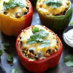 - 4 große Paprika - 450 g mageres Hackfleisch - 240 ml gekochter Reis - 1 Dose schwarze Bohnen - 240 ml Mais - 1 Päckchen Taco-Gewürzmischung - 240 ml gewürfelte Tomaten - 240 ml geriebener Käse - Frischer Koriander und Sauerrahm Für meine Taco-gefüllten Paprika wähle ich immer frische, große Paprika aus. Diese sind der perfekte Behälter für die Füllung. Ich benutze gerne mageres Hackfleisch, weil es weniger Fett hat. Man kann sowohl Rind- als auch Truthahnfleisch verwenden. Ich mag es, gekochten Reis hinzuzufügen. Er sorgt für eine gute Textur und macht die Füllung sättigender. Schwarze Bohnen bringen einen tollen Geschmack. Sie sind auch gesund und liefern viel Protein. Mais gibt eine süße Note, die die Gewürze ausgleicht. Die Taco-Gewürzmischung ist der Schlüssel. Sie vereint alle Aromen und macht das Gericht lecker. Ich achte darauf, frische Tomaten zu verwenden. Sie bringen Farbe und Frische. Den geriebenen Käse streue ich oben drauf. Er schmilzt beim Backen und macht alles cremig. Zum Garnieren nutze ich frischen Koriander. Er sorgt für einen frischen Kick. Ein Löffel Sauerrahm rundet die Paprika ab und macht sie extra lecker. Diese Zutaten machen die Taco-gefüllten Paprika zu einem großartigen Gericht. Ich finde, jeder sollte dieses Rezept ausprobieren! Für die vollständige Anleitung, schau dir die Full Recipe an. Heizen Sie Ihren Ofen auf 190°C vor. Nehmen Sie die großen Paprika und schneiden Sie die Oberseiten ab. Entfernen Sie die Kerne und die weißen Innenhäute. Bestreichen Sie die Außenseiten und Innenseiten der Paprika mit einem Esslöffel Olivenöl. Würzen Sie sie mit etwas Salz und Pfeffer. Stellen Sie die Paprika aufrecht in eine Auflaufform, damit sie beim Backen gut steht. Erhitzen Sie das restliche Olivenöl in einer großen Pfanne bei mittlerer Hitze. Fügen Sie 450 g Hackfleisch hinzu. Braten Sie das Fleisch etwa 5 bis 7 Minuten an, bis es gut durchgegart ist. Rühren Sie dann das Päckchen Taco-Gewürzmischung, die gewürfelten Tomaten, den gekochten Reis, die schwarzen Bohnen und den Mais dazu. Mischen Sie alles gut und lassen Sie es 5 Minuten köcheln, bis die Füllung heiß ist. Nehmen Sie die Pfanne vom Herd und heben Sie die Hälfte des geriebenen Käses unter die Mischung. Füllen Sie jede vorbereitete Paprika mit der Taco-Mischung und drücken Sie sie gut hinein. Bestreuen Sie die gefüllten Paprika mit dem restlichen Käse. Decken Sie die Auflaufform mit Alufolie ab und backen Sie die Paprika 30 Minuten lang. Entfernen Sie die Folie und backen Sie sie weitere 10 bis 15 Minuten, bis die Paprika zart und der Käse goldbraun ist. Lassen Sie die Paprika kurz abkühlen, bevor Sie sie servieren. Für die vollständigen Schritte und Tipps, schauen Sie sich das Full Recipe an. Die Füllung für Taco-gefüllte Paprika sollte gut gebunden, aber nicht zu trocken sein. Ich empfehle, das Hackfleisch leicht anzubraten, bevor du die anderen Zutaten hinzufügst. So bleibt es saftig. Der gekochte Reis hilft, die Füllung zu stabilisieren und sorgt für eine angenehme Konsistenz. Die Garzeit ist entscheidend. Backe die gefüllten Paprika zuerst 30 Minuten mit Alufolie. Dann entferne die Folie und backe sie weitere 10 bis 15 Minuten. So wird die Paprika zart und der Käse schmilzt perfekt. Für mehr Schärfe kannst du frische Jalapeños oder Chilipulver hinzufügen. Willst du es milder? Lass die scharfen Zutaten einfach weg. Du kannst auch einen Schuss Limettensaft für Frische hinzufügen. Bei den Käsesorten passen Cheddar und mexikanische Mischungen sehr gut. Probiere auch Feta für einen anderen Geschmack. Mixe verschiedene Käsesorten, um die Aromen zu intensivieren. Hast du noch Hackfleisch übrig? Mache Burritos oder Tacos damit. Fülle Tortillas und rolle sie auf. Das ist eine schnelle und leckere Lösung. Für Beilagen kannst du einen frischen Salat zubereiten. Oder mache Guacamole, um die gefüllten Paprika zu begleiten. Diese Kombination bringt Abwechslung auf den Tisch. Vergiss nicht, das Rezept für Taco-gefüllte Paprika auszuprobieren. Es ist einfach und macht Spaß! {{image_4}} Um Taco gefüllte Paprika als vegetarisches Gericht zu genießen, tausche das Hackfleisch gegen Gemüse oder Tofu aus. Du kannst zum Beispiel Zucchini, Mais oder Pilze verwenden. Diese Zutaten geben dir viel Geschmack und machen die Füllung gesund. Tofu ist eine tolle Wahl, weil er die Gewürze gut aufnimmt. Achte darauf, ihn gut zu braten, bevor du ihn in die Paprika füllst. Eine süßere Note kannst du erreichen, indem du Früchte wie Ananas hinzufügst. Die Kombination aus herzhaft und süß ist lecker und macht das Gericht besonders. Auch die Verwendung von süßem Paprika bringt einen frischen Geschmack. Du kannst den Paprika einfach in Würfel schneiden und unter die Füllung mischen. Das gibt deinen Taco gefüllten Paprika eine neue Dimension. Du kannst mit verschiedenen Taco-Gewürzmischungen experimentieren, um neue Aromen zu entdecken. Probiere zum Beispiel eine scharfe Mischung oder eine mit Limette und Koriander. Das macht das Gericht aufregend. Frische Kräuter wie Koriander oder Petersilie bringen Frische in die Füllung. Füge sie kurz vor dem Servieren hinzu, um den besten Geschmack zu erhalten. Diese Variationen helfen dir, Taco gefüllte Paprika nach deinem Geschmack zu gestalten. Du kannst die Rezepte nach Lust und Laune anpassen. Wenn du mehr Ideen brauchst, schau dir das Full Recipe an! Bewahren Sie die restlichen gefüllten Paprika in einem luftdichten Behälter auf. So bleiben sie frisch. Diese gefüllten Paprika sind bis zu drei Tage im Kühlschrank haltbar. Achten Sie darauf, die Paprika vor der Lagerung abkühlen zu lassen. Wenn Sie einen starken Geruch bemerken, kann das ein Zeichen von Verderb sein. Um die gefüllten Paprika einzufrieren, lassen Sie sie zuerst abkühlen. Legen Sie dann jede Paprika in einen gefrierfesten Beutel oder Behälter. Achten Sie darauf, die Luft herauszudrücken, bevor Sie sie verschließen. So bleibt die Qualität besser erhalten. Zum Auftauen legen Sie die gefrorenen Paprika einfach über Nacht in den Kühlschrank. Zum Aufwärmen können Sie sie im Ofen bei 180°C für etwa 20 Minuten erhitzen. Im Kühlschrank sind die Taco-gefüllten Paprika bis zu drei Tage haltbar. Wenn sie länger stehen, überprüfen Sie sie auf Veränderungen. Anzeichen von Verderb sind ein unangenehmer Geruch oder eine schleimige Textur. Wenn Sie diese Zeichen bemerken, entsorgen Sie die Paprika lieber. Die Zubereitungszeit für Taco-gefüllte Paprika beträgt insgesamt 60 Minuten. Sie benötigen etwa 15 Minuten für die Vorbereitung. Das Kochen im Ofen dauert etwa 45 Minuten. In dieser Zeit backen die Paprika und werden weich. So sind sie perfekt, um die leckere Füllung zu genießen. Ja, Sie können die Paprika im Voraus zubereiten. Füllen Sie die Paprika einfach und lagern Sie sie im Kühlschrank. Sie halten sich dort bis zu zwei Tage. Wenn Sie bereit sind zu essen, backen Sie sie einfach im Ofen. Dies spart Zeit an einem hektischen Tag. Zu Taco-gefüllten Paprika passen viele Beilagen gut. Hier sind einige Vorschläge: - Guacamole - Chips - Reis oder Quinoa - Ein frischer Salat - Salsa oder Pico de Gallo - Ein kühles Getränk wie Limonade oder Eistee Diese Beilagen ergänzen die Aromen der Paprika wunderbar. Ein häufiges Problem ist, dass die Paprika nicht gleichmäßig gar werden. Achten Sie darauf, die Paprika gleichmäßig zu füllen. Ein anderes Problem kann sein, dass die Füllung zu trocken wird. Fügen Sie mehr Flüssigkeit hinzu, wenn dies geschieht. Wenn der Käse nicht schmilzt, decken Sie die Paprika mit Folie ab, um die Wärme zu halten. So lösen sich diese typischen Herausforderungen. Taco-gefüllte Paprika sind einfach und lecker, wie wir gesehen haben. Du hast gelernt, welche Zutaten du brauchst und wie du sie zubereitest. Die Tipps zu Texturen und Gewürzen helfen dir, deine Gerichte zu verfeinern. Ob vegetarisch oder süßer, die Variationen sind endlos. Denk daran, wie du die Reste richtig aufbewahrst, um Frische zu garantieren. Probiere verschiedene Rezepte aus und finde deinen Favoriten. Kochen kann Spaß machen und lecker sein. Viel Freude beim Ausprobieren!