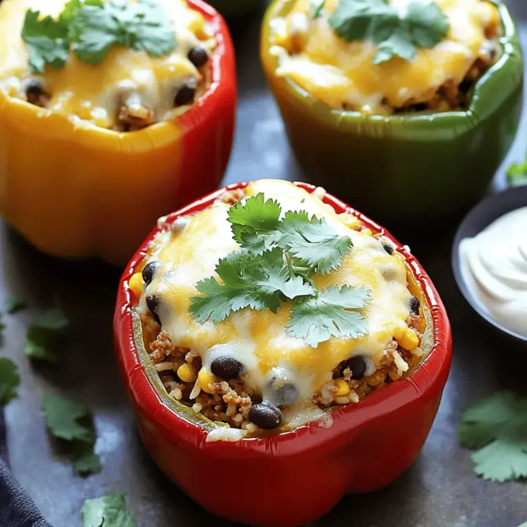 - 4 große Paprika - 450 g mageres Hackfleisch - 240 ml gekochter Reis - 1 Dose schwarze Bohnen - 240 ml Mais - 1 Päckchen Taco-Gewürzmischung - 240 ml gewürfelte Tomaten - 240 ml geriebener Käse - Frischer Koriander und Sauerrahm Für meine Taco-gefüllten Paprika wähle ich immer frische, große Paprika aus. Diese sind der perfekte Behälter für die Füllung. Ich benutze gerne mageres Hackfleisch, weil es weniger Fett hat. Man kann sowohl Rind- als auch Truthahnfleisch verwenden. Ich mag es, gekochten Reis hinzuzufügen. Er sorgt für eine gute Textur und macht die Füllung sättigender. Schwarze Bohnen bringen einen tollen Geschmack. Sie sind auch gesund und liefern viel Protein. Mais gibt eine süße Note, die die Gewürze ausgleicht. Die Taco-Gewürzmischung ist der Schlüssel. Sie vereint alle Aromen und macht das Gericht lecker. Ich achte darauf, frische Tomaten zu verwenden. Sie bringen Farbe und Frische. Den geriebenen Käse streue ich oben drauf. Er schmilzt beim Backen und macht alles cremig. Zum Garnieren nutze ich frischen Koriander. Er sorgt für einen frischen Kick. Ein Löffel Sauerrahm rundet die Paprika ab und macht sie extra lecker. Diese Zutaten machen die Taco-gefüllten Paprika zu einem großartigen Gericht. Ich finde, jeder sollte dieses Rezept ausprobieren! Für die vollständige Anleitung, schau dir die Full Recipe an. Heizen Sie Ihren Ofen auf 190°C vor. Nehmen Sie die großen Paprika und schneiden Sie die Oberseiten ab. Entfernen Sie die Kerne und die weißen Innenhäute. Bestreichen Sie die Außenseiten und Innenseiten der Paprika mit einem Esslöffel Olivenöl. Würzen Sie sie mit etwas Salz und Pfeffer. Stellen Sie die Paprika aufrecht in eine Auflaufform, damit sie beim Backen gut steht. Erhitzen Sie das restliche Olivenöl in einer großen Pfanne bei mittlerer Hitze. Fügen Sie 450 g Hackfleisch hinzu. Braten Sie das Fleisch etwa 5 bis 7 Minuten an, bis es gut durchgegart ist. Rühren Sie dann das Päckchen Taco-Gewürzmischung, die gewürfelten Tomaten, den gekochten Reis, die schwarzen Bohnen und den Mais dazu. Mischen Sie alles gut und lassen Sie es 5 Minuten köcheln, bis die Füllung heiß ist. Nehmen Sie die Pfanne vom Herd und heben Sie die Hälfte des geriebenen Käses unter die Mischung. Füllen Sie jede vorbereitete Paprika mit der Taco-Mischung und drücken Sie sie gut hinein. Bestreuen Sie die gefüllten Paprika mit dem restlichen Käse. Decken Sie die Auflaufform mit Alufolie ab und backen Sie die Paprika 30 Minuten lang. Entfernen Sie die Folie und backen Sie sie weitere 10 bis 15 Minuten, bis die Paprika zart und der Käse goldbraun ist. Lassen Sie die Paprika kurz abkühlen, bevor Sie sie servieren. Für die vollständigen Schritte und Tipps, schauen Sie sich das Full Recipe an. Die Füllung für Taco-gefüllte Paprika sollte gut gebunden, aber nicht zu trocken sein. Ich empfehle, das Hackfleisch leicht anzubraten, bevor du die anderen Zutaten hinzufügst. So bleibt es saftig. Der gekochte Reis hilft, die Füllung zu stabilisieren und sorgt für eine angenehme Konsistenz. Die Garzeit ist entscheidend. Backe die gefüllten Paprika zuerst 30 Minuten mit Alufolie. Dann entferne die Folie und backe sie weitere 10 bis 15 Minuten. So wird die Paprika zart und der Käse schmilzt perfekt. Für mehr Schärfe kannst du frische Jalapeños oder Chilipulver hinzufügen. Willst du es milder? Lass die scharfen Zutaten einfach weg. Du kannst auch einen Schuss Limettensaft für Frische hinzufügen. Bei den Käsesorten passen Cheddar und mexikanische Mischungen sehr gut. Probiere auch Feta für einen anderen Geschmack. Mixe verschiedene Käsesorten, um die Aromen zu intensivieren. Hast du noch Hackfleisch übrig? Mache Burritos oder Tacos damit. Fülle Tortillas und rolle sie auf. Das ist eine schnelle und leckere Lösung. Für Beilagen kannst du einen frischen Salat zubereiten. Oder mache Guacamole, um die gefüllten Paprika zu begleiten. Diese Kombination bringt Abwechslung auf den Tisch. Vergiss nicht, das Rezept für Taco-gefüllte Paprika auszuprobieren. Es ist einfach und macht Spaß! {{image_4}} Um Taco gefüllte Paprika als vegetarisches Gericht zu genießen, tausche das Hackfleisch gegen Gemüse oder Tofu aus. Du kannst zum Beispiel Zucchini, Mais oder Pilze verwenden. Diese Zutaten geben dir viel Geschmack und machen die Füllung gesund. Tofu ist eine tolle Wahl, weil er die Gewürze gut aufnimmt. Achte darauf, ihn gut zu braten, bevor du ihn in die Paprika füllst. Eine süßere Note kannst du erreichen, indem du Früchte wie Ananas hinzufügst. Die Kombination aus herzhaft und süß ist lecker und macht das Gericht besonders. Auch die Verwendung von süßem Paprika bringt einen frischen Geschmack. Du kannst den Paprika einfach in Würfel schneiden und unter die Füllung mischen. Das gibt deinen Taco gefüllten Paprika eine neue Dimension. Du kannst mit verschiedenen Taco-Gewürzmischungen experimentieren, um neue Aromen zu entdecken. Probiere zum Beispiel eine scharfe Mischung oder eine mit Limette und Koriander. Das macht das Gericht aufregend. Frische Kräuter wie Koriander oder Petersilie bringen Frische in die Füllung. Füge sie kurz vor dem Servieren hinzu, um den besten Geschmack zu erhalten. Diese Variationen helfen dir, Taco gefüllte Paprika nach deinem Geschmack zu gestalten. Du kannst die Rezepte nach Lust und Laune anpassen. Wenn du mehr Ideen brauchst, schau dir das Full Recipe an! Bewahren Sie die restlichen gefüllten Paprika in einem luftdichten Behälter auf. So bleiben sie frisch. Diese gefüllten Paprika sind bis zu drei Tage im Kühlschrank haltbar. Achten Sie darauf, die Paprika vor der Lagerung abkühlen zu lassen. Wenn Sie einen starken Geruch bemerken, kann das ein Zeichen von Verderb sein. Um die gefüllten Paprika einzufrieren, lassen Sie sie zuerst abkühlen. Legen Sie dann jede Paprika in einen gefrierfesten Beutel oder Behälter. Achten Sie darauf, die Luft herauszudrücken, bevor Sie sie verschließen. So bleibt die Qualität besser erhalten. Zum Auftauen legen Sie die gefrorenen Paprika einfach über Nacht in den Kühlschrank. Zum Aufwärmen können Sie sie im Ofen bei 180°C für etwa 20 Minuten erhitzen. Im Kühlschrank sind die Taco-gefüllten Paprika bis zu drei Tage haltbar. Wenn sie länger stehen, überprüfen Sie sie auf Veränderungen. Anzeichen von Verderb sind ein unangenehmer Geruch oder eine schleimige Textur. Wenn Sie diese Zeichen bemerken, entsorgen Sie die Paprika lieber. Die Zubereitungszeit für Taco-gefüllte Paprika beträgt insgesamt 60 Minuten. Sie benötigen etwa 15 Minuten für die Vorbereitung. Das Kochen im Ofen dauert etwa 45 Minuten. In dieser Zeit backen die Paprika und werden weich. So sind sie perfekt, um die leckere Füllung zu genießen. Ja, Sie können die Paprika im Voraus zubereiten. Füllen Sie die Paprika einfach und lagern Sie sie im Kühlschrank. Sie halten sich dort bis zu zwei Tage. Wenn Sie bereit sind zu essen, backen Sie sie einfach im Ofen. Dies spart Zeit an einem hektischen Tag. Zu Taco-gefüllten Paprika passen viele Beilagen gut. Hier sind einige Vorschläge: - Guacamole - Chips - Reis oder Quinoa - Ein frischer Salat - Salsa oder Pico de Gallo - Ein kühles Getränk wie Limonade oder Eistee Diese Beilagen ergänzen die Aromen der Paprika wunderbar. Ein häufiges Problem ist, dass die Paprika nicht gleichmäßig gar werden. Achten Sie darauf, die Paprika gleichmäßig zu füllen. Ein anderes Problem kann sein, dass die Füllung zu trocken wird. Fügen Sie mehr Flüssigkeit hinzu, wenn dies geschieht. Wenn der Käse nicht schmilzt, decken Sie die Paprika mit Folie ab, um die Wärme zu halten. So lösen sich diese typischen Herausforderungen. Taco-gefüllte Paprika sind einfach und lecker, wie wir gesehen haben. Du hast gelernt, welche Zutaten du brauchst und wie du sie zubereitest. Die Tipps zu Texturen und Gewürzen helfen dir, deine Gerichte zu verfeinern. Ob vegetarisch oder süßer, die Variationen sind endlos. Denk daran, wie du die Reste richtig aufbewahrst, um Frische zu garantieren. Probiere verschiedene Rezepte aus und finde deinen Favoriten. Kochen kann Spaß machen und lecker sein. Viel Freude beim Ausprobieren!