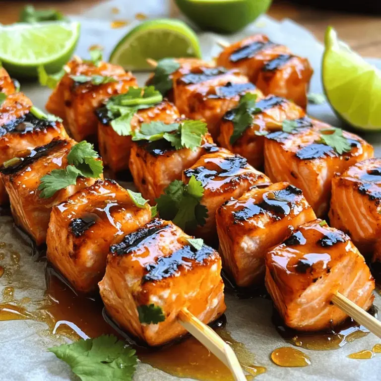 Um köstliche Honig-Sriracha-Lachs-Spieße zu machen, brauchen Sie folgende Hauptzutaten: - 450 g Lachsfilet, in 2,5 cm große Würfel geschnitten - 2 Esslöffel Honig - 2 Esslöffel Sriracha-Sauce - 1 Esslöffel Sojasauce - 1 Esslöffel Olivenöl Diese Zutaten geben dem Lachs einen tollen Geschmack. Der Lachs bleibt zart und saftig. Honig sorgt für Süße. Sriracha bringt die Schärfe. Sojasauce und Olivenöl fügen Tiefe und Aroma hinzu. Für die Marinade sind hier die wichtigen Zutaten: - 2 Knoblauchzehen, gehackt - 1 Esslöffel frisch geriebener Ingwer - Salz und Pfeffer nach Geschmack Knoblauch bringt einen tollen Geschmack. Ingwer gibt Frische und etwas Würze. Salz und Pfeffer verbessern den Geschmack des Lachses. Diese Gewürze machen die Marinade lebendig. Sie brauchen auch ein paar Utensilien: - Spieße (bei Holzspießen vorher in Wasser einweichen) - Frische Limettenviertel (zum Servieren) - Frisch gehackter Koriander (zur Garnitur) Spieße helfen, die Lachsstücke einfach zu grillen. Limetten bringen Frische dazu. Koriander sorgt für Farbe und zusätzlichen Geschmack. Diese Utensilien machen das Gericht noch besser. Für die vollständige Anleitung und das Rezept schauen Sie sich den [Full Recipe] an. Um die Marinade zu machen, nimm eine große Rührschüssel. Füge 2 Esslöffel Honig, 2 Esslöffel Sriracha-Sauce, 1 Esslöffel Sojasauce und 1 Esslöffel Olivenöl hinzu. Jetzt kommen 2 gehackte Knoblauchzehen und 1 Esslöffel frisch geriebener Ingwer. Rühre alles gut um. Diese Mischung ist die perfekte Marinade für den Lachs. Sie gibt dem Gericht einen süßen und scharfen Geschmack. Jetzt ist es Zeit, den Lachs vorzubereiten. Schneide 450 g Lachsfilet in 2,5 cm große Würfel. Würze die Lachsstücke mit Salz und Pfeffer. Dann lege die Lachsstücke in die Marinade. Stelle sicher, dass jedes Stück gut überzogen ist. Bedecke die Schüssel und stelle sie für mindestens 30 Minuten in den Kühlschrank. So kann der Lachs die Aromen aufnehmen. Heize den Grill auf mittelhohe Hitze vor. Wenn du Holzspieße benutzt, weiche sie vorher 30 Minuten in Wasser ein. Stecke die marinierten Lachsstücke auf die Spieße. Lass zwischen den Stücken etwas Platz. Das hilft beim gleichmäßigen Grillen. Lege die Spieße auf den Grill und grille sie 2-3 Minuten pro Seite. Der Lachs sollte durchgegart sein und schöne Grillstreifen haben. Bestreiche die Spieße während des Grillens mit zusätzlicher Marinade. Nach dem Grillen lass die Spieße ein paar Minuten ruhen. Serviere sie mit frischen Limettenvierteln und garniere sie mit gehacktem Koriander für mehr Geschmack. Für das vollständige Rezept kannst du [Full Recipe] besuchen. Beim Grillen der Honig-Sriracha-Lachs-Spieße ist die Hitze wichtig. Grillen Sie bei mittelhoher Temperatur. So garen die Spieße gleichmäßig. Ein guter Grill hat oft einen Deckel. Verwenden Sie diesen, um die Hitze zu halten. Wenden Sie die Spieße alle paar Minuten. So bekommen sie schöne Grillstreifen. Ein Thermometer hilft, den Lachs perfekt zu garen. Der Lachs ist fertig, wenn er 63 Grad Celsius erreicht. Die Marinierzeit ist entscheidend für den Geschmack. Lassen Sie den Lachs mindestens 30 Minuten marinieren. Ein bis zwei Stunden bringen noch mehr Geschmack. Die Marinade zieht in den Fisch ein. Wenn Sie es eilig haben, marinieren Sie nur kurz. Aber mehr Zeit bringt einen intensiveren Geschmack. Verwenden Sie eine Schüssel mit Deckel, um die Marinade frisch zu halten. Die Reste der Marinade sind eine tolle Geschmacksquelle. Sie können sie zum Bestreichen der Spieße nutzen. Das gibt zusätzliches Aroma beim Grillen. Kochen Sie die Marinade vor dem Gebrauch, um Bakterien zu entfernen. Verwenden Sie sie dann als Sauce oder Dip. Dies sorgt für einen leckeren Abschluss. Achten Sie darauf, die Marinade nicht roh zu verwenden. Sicherheit in der Küche ist wichtig! {{image_4}} Sie können die Marinade für die Honig-Sriracha-Lachs-Spieße anpassen. Mögen Sie es schärfer? Fügen Sie mehr Sriracha hinzu. Für eine süßere Note verwenden Sie mehr Honig. Sie können auch Limettensaft oder Orangenmarmelade für eine fruchtige Note hinzufügen. Ein Spritzer Reisessig gibt der Marinade einen interessanten Twist. Experimentieren Sie mit diesen Optionen, um den perfekten Geschmack zu finden. Diese Spieße passen gut zu verschiedenen Beilagen. Gegrilltes Gemüse ist eine tolle Wahl. Zucchini, Paprika und Mais sind besonders lecker. Reis oder Quinoa bieten eine gute Grundlage. Ein frischer Salat mit Avocado und Koriander ergänzt die würzigen Aromen. Sie können auch Tortillas verwenden, um leckere Wraps zu machen. Wenn Sie keinen Lachs mögen, probieren Sie andere Fische. Forelle oder Schwertfisch sind gute Alternativen. Sie können auch Garnelen verwenden, die schnell garen. Für eine vegetarische Option eignen sich Tofu-Würfel. Marinieren Sie den Tofu gut, damit er den Geschmack aufnimmt. Diese Variationen machen die Spieße vielseitig und lecker. Für die vollständige Anleitung zur Zubereitung der Spieße schauen Sie sich das [Full Recipe] an. Die richtige Lagerung der Honey Sriracha Salmon Skewers ist wichtig, um den Geschmack zu bewahren. Lagern Sie die Spieße in einem luftdichten Behälter. Wenn Sie sie warm servieren, lassen Sie sie zuerst abkühlen. Wickeln Sie die Spieße in Frischhaltefolie oder Aluminiumfolie, um sie frisch zu halten. Im Kühlschrank halten sich die Spieße bis zu drei Tage. Achten Sie darauf, sie gut zu verpacken. Überprüfen Sie vor dem Servieren das Aussehen und den Geruch. Wenn Sie beim Öffnen des Behälters einen unangenehmen Geruch bemerken, entsorgen Sie die Spieße. Es ist besser, auf Nummer sicher zu gehen. Die Spieße können auch eingefroren werden. Wickeln Sie sie gut ein, um Frostschäden zu vermeiden. So bleiben sie bis zu drei Monate frisch. Zum Auftauen legen Sie die Spieße einfach über Nacht in den Kühlschrank. Grillen Sie sie dann wie gewohnt. Das sorgt dafür, dass sie saftig und lecker bleiben. Für das vollständige Rezept der Honey Sriracha Salmon Skewers, schauen Sie sich die Anleitung an. Der Lachs sollte mindestens 30 Minuten marinieren. Ich empfehle, ihn bis zu 1 Stunde im Kühlschrank zu lassen. So nimmt er mehr Geschmack auf. Wenn Sie mehr Zeit haben, lassen Sie ihn länger marinieren. Achten Sie aber darauf, dass der Lachs nicht zu lange liegt. Über Nacht marinieren kann den Lachs weich machen. Ja, die Spieße können auch im Ofen zubereitet werden. Heizen Sie den Ofen auf 200 Grad Celsius vor. Legen Sie die Spieße auf ein Backblech, das mit Backpapier ausgelegt ist. Grillen Sie die Spieße für etwa 10-12 Minuten. Wenden Sie sie nach der Hälfte der Garzeit, damit sie gleichmäßig garen. Diese Methode eignet sich gut, wenn das Wetter nicht zum Grillen einlädt. Zu den Honig-Sriracha-Lachs-Spießen passen viele Beilagen. Ein frischer Salat mit Gurken und Avocado bringt Frische. Gegrilltes Gemüse wie Paprika und Zucchini ergänzt den Geschmack gut. Reis oder Quinoa sind tolle Optionen für eine sättigende Beilage. Sie können auch frische Limettenviertel servieren, um den Lachs zu ergänzen. Schauen Sie sich das [Full Recipe] an, um mehr Ideen zu erhalten. Zusammenfassend haben wir die Zutaten für Honig-Sriracha-Lachs-Spieße besprochen. Wir haben die Marinade und Grilltechnik detailliert erklärt. Außerdem gab es Tipps zur Aufbewahrung und mögliche Variationen. Egal, ob du Grillfan oder Anfänger bist, diese Spieße sind einfach zuzubereiten. Experimentiere mit verschiedenen Zutaten und Beilagen, um dein Gericht zu personalisieren. Mit diesen Tipps hast du alles, um deine Gäste zu begeistern!