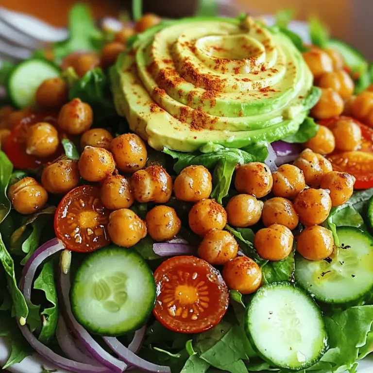 Für diesen knusprigen Kichererbsensalat brauchst du einige einfache Zutaten. Hier sind die Hauptbestandteile: - 1 Dose (425 g) Kichererbsen, gut abgetropft und abgespült - 4 Tassen gemischte Blattsalate (Rucola, Spinat und Romanasalat) - 1 Tasse Kirschtomaten, halbiert - 1 Gurke, gewürfelt - 1/4 rote Zwiebel, dünn geschnitten - 1 Avocado, in Scheiben geschnitten Diese Zutaten bilden die Basis für einen frischen und nahrhaften Salat, der einfach zuzubereiten ist. Die richtigen Gewürze und Öle machen alles besser. Hier sind die wichtigsten: - 2 Esslöffel Olivenöl - 1 Teelöffel geräuchertes Paprikapulver - 1/2 Teelöffel Knoblauchpulver - Salz und frisch gemahlener schwarzer Pfeffer nach Geschmack Das Olivenöl sorgt für gesunde Fette und Geschmack. Das geräucherte Paprikapulver bringt eine rauchige Note, die den Salat aufwertet. Du kannst deinen Salat mit zusätzlichen Toppings anpassen. Hier sind einige Ideen: - Saft von 1 Zitrone - 2 Esslöffel Tahini - 1 Esslöffel Ahornsirup Diese Zutaten geben dem Salat eine süße und säuerliche Note. Du kannst auch frische Kräuter wie Petersilie oder Koriander hinzufügen. Probiere verschiedene Kombinationen, um deinen perfekten Kichererbsensalat zu finden. Wenn du mehr über das vollständige Rezept erfahren möchtest, schau dir die [Full Recipe] an. Zuerst heize deinen Ofen auf 200°C vor. Nimm eine Dose Kichererbsen und spüle sie gut ab. In einer großen Schüssel mische die Kichererbsen mit 2 Esslöffeln Olivenöl, 1 Teelöffel geräuchertem Paprikapulver, 1/2 Teelöffel Knoblauchpulver, Salz und Pfeffer. Achte darauf, dass die Kichererbsen gut beschichtet sind. Verteile die Kichererbsen gleichmäßig auf einem Backblech. Backe sie für 25 bis 30 Minuten, bis sie goldbraun und knusprig sind. Schüttle das Blech nach der Hälfte der Zeit, um eine gleichmäßige Bräunung zu erreichen. Während die Kichererbsen backen, kannst du die Salatbasis zubereiten. Nimm eine große Schüssel und füge 4 Tassen gemischte Blattsalate hinzu. Dazu kommen 1 Tasse halbierte Kirschtomaten, 1 gewürfelte Gurke und 1/4 dünn geschnittene rote Zwiebel. Mische alles gut durch. Bereite das Dressing in einer kleinen Schüssel vor, indem du den Saft von 1 Zitrone, 2 Esslöffel Tahini, 1 Esslöffel Ahornsirup, Salz und Pfeffer vermischst. Wenn das Dressing zu dick ist, kannst du einen Teelöffel Wasser hinzufügen. Sobald die Kichererbsen knusprig sind, lass sie kurz abkühlen. Füge sie dann zu deiner Salatbasis hinzu. Träufele das Tahini-Dressing gleichmäßig über den Salat und vermenge alles vorsichtig. Zum Schluss garniere den Salat mit 1 geschnittenen Avocado. Serviere ihn sofort in einer großen Schüssel. Das macht den Salat besonders bunt und einladend. Du kannst auch frische Kräuter wie Petersilie oder Koriander hinzufügen, um noch mehr Geschmack zu bekommen. Für das vollständige Rezept schau dir den Abschnitt "Full Recipe" an. Um perfekte knusprige Kichererbsen zu bekommen, gibt es einige wichtige Schritte. Zuerst sollten Sie die Kichererbsen gut abtropfen lassen. Dann tupfen Sie sie mit einem Küchentuch trocken. Feuchtigkeit macht sie weich. Verwenden Sie genug Olivenöl, um sie gut zu beschichten. Das hilft beim Rösten. Backen Sie sie bei 200°C für 25-30 Minuten. Schütteln Sie das Blech zur Hälfte der Zeit. So werden sie gleichmäßig knusprig. Das Dressing ist wichtig für den Geschmack. Sie können es leicht anpassen. Für mehr Frische fügen Sie etwas frischen Zitronensaft hinzu. Ein Spritzer Balsamico-Essig kann eine tolle Note geben. Für scharfen Geschmack probieren Sie etwas Senf. Sie können auch Joghurt oder Avocado im Dressing verwenden. Diese Zutaten machen das Dressing cremiger. Experimentieren Sie mit Kräutern wie Dill oder Basilikum. So wird Ihr Salat noch interessanter. Dieser Kichererbsensalat ist sehr anpassbar. Er ist von Natur aus vegan und glutenfrei. Bei speziellen Diäten können Sie die Zutaten leicht ändern. Statt Olivenöl verwenden Sie Avocadoöl für einen anderen Geschmack. Für das Dressing kann man Tahini durch Erdnussbutter ersetzen. Das gibt einen neuen Twist. Wenn Sie Nüsse mögen, fügen Sie einige gehackte Mandeln oder Walnüsse hinzu. So machen Sie den Salat nahrhafter. Für das vollständige Rezept schauen Sie sich den [Full Recipe] an. {{image_4}} Für einen mediterranen Touch füge Feta-Käse und Oliven hinzu. Diese Zutaten geben dem Salat einen tollen Geschmack. Du kannst auch getrocknete Tomaten oder Artischocken hinzufügen. Diese Zutaten passen gut zu dem knusprigen Kichererbsensalat. Das frische Gemüse und die Kräuter runden das Gericht perfekt ab. Wenn du etwas Asiatisches magst, probiere Sojasauce und Sesamöl. Diese Zutaten geben dem Salat einen neuen Twist. Füge auch frischen Ingwer und Koriander hinzu. Das macht den Salat frisch und würzig. Du kannst auch Erdnüsse oder Cashews für einen knusprigen Biss hinzufügen. Um den Salat eiweißreicher zu machen, füge gekochte Eier oder Hähnchenbrust hinzu. Diese Zutaten sind toll, wenn du mehr Protein brauchst. Du kannst auch Quinoa oder Linsen für eine pflanzliche Option verwenden. Diese Zutaten machen den Salat sättigender und lecker. Für das komplette Rezept schau dir den [Full Recipe] an. Der Kichererbsensalat hält sich gut im Kühlschrank. Du kannst ihn bis zu drei Tage aufbewahren. Nach dieser Zeit kann er weich werden. Die Kichererbsen verlieren ihre Knusprigkeit, was den Geschmack beeinträchtigt. Achte darauf, den Salat in einem luftdichten Behälter zu lagern. So bleibt er frisch. Wenn du Kichererbsen aufbewahren willst, sind ein paar Dinge wichtig. Verwende immer gut abgetropfte und gespülte Kichererbsen. Lagere sie in einem Behälter mit Deckel. So vermeidest du Gerüche im Kühlschrank. Du kannst auch gekochte Kichererbsen einfrieren. Achte darauf, sie vorher gut abkühlen zu lassen. Das Einfrieren ist eine tolle Option. Du kannst den Kichererbsensalat portionsweise einfrieren. Verwende dafür gefriergeeignete Behälter oder Beutel. Achte darauf, die Luft herauszupressen. So bleibt der Salat frisch. Wenn du ihn essen möchtest, lasse ihn über Nacht im Kühlschrank auftauen. So bleibt der Geschmack erhalten. Für das vollständige Rezept, schau dir den [Full Recipe] an. Um die besten Kichererbsen zu machen, müssen Sie sie zuerst gut abtropfen. Danach spülen Sie sie unter kaltem Wasser ab. Dies hilft, die Konservierungsstoffe zu entfernen. Verwenden Sie Olivenöl und Gewürze, um den Geschmack zu verbessern. Rösten Sie sie bei 200°C für 25-30 Minuten. Schütteln Sie das Blech einmal, damit sie gleichmäßig bräunen. So werden sie außen knusprig und innen zart. Ja, Sie können den Salat im Voraus zubereiten. Machen Sie die Kichererbsen und das Dressing. Lagern Sie beides getrennt im Kühlschrank. Mischen Sie die Zutaten erst kurz vor dem Servieren. So bleiben die Kichererbsen knusprig und der Salat frisch. Achten Sie darauf, die Avocado erst kurz vor dem Servieren hinzuzufügen, um eine braune Farbe zu vermeiden. Kichererbsensalat passt gut zu vielen Beilagen. Sie können ihn mit einem Stück Brot oder Pita servieren. Eine Portion Hummus ist auch eine tolle Ergänzung. Für mehr Geschmack fügen Sie Feta oder geröstete Nüsse hinzu. Frische Kräuter wie Petersilie oder Koriander bringen mehr Aroma. Diese Kombinationen machen den Salat noch leckerer und gesünder. Für das vollständige Rezept schauen Sie sich den [Full Recipe] an. Kichererbsensalat ist einfach zuzubereiten und sehr vielseitig. Wir haben die Hauptzutaten, Gewürze und Toppings durchgesprochen. Ich habe dir eine Schritt-für-Schritt-Anleitung für die Zubereitung gegeben. Außerdem teile ich Tipps für knusprige Kichererbsen und viele Variationen. Denke daran, dass der Salat gut aufbewahrt werden kann. Du kannst ihn sogar einfrieren. Mit diesen Informationen bist du bereit, deinen eigenen Kichererbsensalat zu kreieren. Viel Spaß beim Experimentieren und Genießen!
