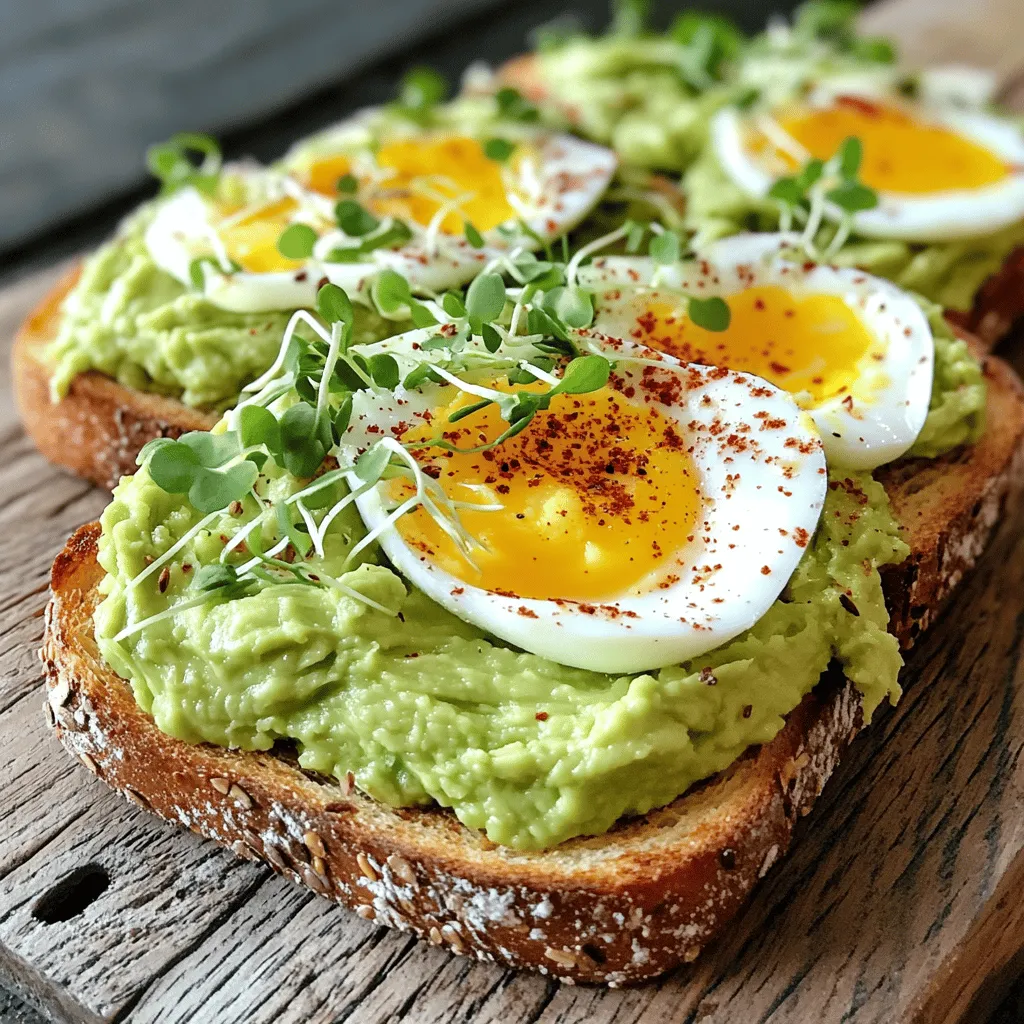 - 2 reife Avocados - 4 Scheiben Vollkornbrot - 4 große Eier - 1 Esslöffel Olivenöl - 1 Teelöffel Zitronensaft - Salz nach Geschmack - Frisch gemahlener schwarzer Pfeffer nach Geschmack - 1/2 Teelöffel rote Pfefferflocken (optional) - Mikrogrün oder frische Kräuter zur Dekoration Um einen köstlichen Avocado Egg Toast zu machen, brauchst du frische Zutaten. Beginne mit reifen Avocados. Sie sollten leicht nachgeben, wenn du sie drückst. Verwende auch Vollkornbrot für mehr Geschmack und Gesundheit. Große Eier sind wichtig, um einen perfekten Belag zu haben. Für den Geschmack fügen wir Olivenöl und Zitronensaft hinzu. Diese helfen, die Avocado frisch zu halten und geben einen tollen Kick. Salz und Pfeffer sind unverzichtbar. Sie bringen die Aromen zum Leben. Rote Pfefferflocken sind optional, aber sie geben einen tollen Schärfe-Kick. Für die Dekoration verwende Mikrogrün oder frische Kräuter. Sie machen das Gericht nicht nur schön, sondern auch lecker. Für das vollständige Rezept schau dir die Abschnitte weiter unten an. Röste die Scheiben Vollkornbrot. Nutze einen Toaster oder eine Pfanne. Toast sie bis sie goldbraun und knusprig sind. Das gibt deinem Gericht den perfekten Crunch. Halbiere die Avocados und entferne den Kern. Mit einem Löffel schöpfe das Fruchtfleisch in eine Schüssel. Füge einen Esslöffel Zitronensaft hinzu. Das verhindert, dass die Avocado braun wird. Würze die Mischung mit Salz und Pfeffer. Zerdrücke die Avocado mit einer Gabel. Lass sie cremig, aber stückig. Das sorgt für einen tollen Biss. Erhitze das Olivenöl in einer Pfanne bei mittlerer Hitze. Schlage die Eier in die Pfanne. Koche sie bis das Eiweiß fest ist. Die Eigelbe kannst du nach deinem Wunsch zubereiten. Für weichgekochte Eier brauchst du etwa 4-5 Minuten. Nimm das geröstete Brot und verteile die Avocado-Mischung darauf. Sei großzügig und decke das Brot gut ab. Lege dann ein gebratenes Ei auf jede Toastscheibe. Wenn du magst, streue rote Pfefferflocken darüber. Das gibt einen pikanten Kick. Garnier das Gericht mit Mikrogrün oder frischen Kräutern. So sieht es nicht nur gut aus, sondern schmeckt auch frisch. Um die beste Avocado zu finden, achte auf die Farbe und die Konsistenz. Reife Avocados sind dunkelgrün bis fast schwarz. Drücke sanft auf die Haut. Sie sollte leicht nachgeben, ohne matschig zu sein. Unreife Avocados sind fest und haben eine grüne oder hellgrüne Farbe. Diese kannst du ein paar Tage bei Raumtemperatur liegen lassen, um sie reifen zu lassen. Die Zubereitung der Eier kann variieren, je nachdem, wie du sie magst. Für weichgekochte Eier koche sie etwa 6 Minuten. Für mittelgekochte Eier sind es 8 Minuten. Wenn du sie hartgekocht willst, lasse sie 10-12 Minuten im Wasser. Du kannst auch Spiegeleier oder Rühreier machen. Brate sie in der Pfanne bis das Eiweiß fest ist. So hast du viele Optionen für deinen Avocado-Ei-Toast. Die Anrichtung ist wichtig für den Genuss. Lege die Toastscheiben auf ein Holzbrett oder einen weißen Teller. Das sieht schön aus und hebt die Farben hervor. Füge frische Mikrogrün oder Kräuter hinzu, um das Gericht lebendiger zu machen. Du kannst auch Kirschtomaten oder einen kleinen Salat danebenlegen. So wird dein Gericht appetitlicher und einladender. Für das vollständige Rezept schaue dir den Abschnitt "Full Recipe" an. {{image_4}} Du kannst deinem Avocado Egg Toast ganz einfach neue Geschmäcker verleihen. Füge frische Tomaten hinzu, um eine süße Note zu bekommen. Radieschen bringen einen knackigen Biss und etwas Schärfe ins Spiel. Wenn du Feta-Käse magst, streue ihn darüber. Diese Zutaten machen dein Gericht bunt und lecker. Die Gewürze sind der Schlüssel zu einem tollen Geschmack. Probiere frische Kräuter wie Basilikum oder Koriander aus. Sie geben dem Toast eine frische Note. Auch Kreuzkümmel oder Paprika bringen spannende Aromen. Lass deiner Kreativität freien Lauf und finde deine Lieblingskombination. Wenn du keine Eier essen möchtest, gibt es tolle Alternativen. Tofu-Rührei ist eine gute Wahl. Zerbrich den Tofu und brate ihn wie Eier. Füge Gewürze hinzu, um den Geschmack zu verbessern. So bleibt dein Avocado Egg Toast vegan und lecker. Für weitere Ideen und Tipps kannst du die Full Recipe ansehen! Um deine Avocados frisch und grün zu halten, gibt es einfache Tricks. Lagere reife Avocados im Kühlschrank, wenn du sie nicht sofort verwendest. Dies verzögert die Reifung. Wenn du eine Avocado halbierst, bewahre die andere Hälfte mit dem Kern auf. Das hilft, die Oxidation zu verlangsamen. Du kannst auch etwas Zitronensaft auf das Fruchtfleisch geben. Das schützt vor Braunfärbung. Die Knusprigkeit deines Toasts ist wichtig. Lagere das Brot nicht in einem geschlossenen Behälter. Das macht es weich. Bewahre es in einem Papiertuch oder einem Brotkasten auf. So bleibt es lange knusprig. Wenn du Reste hast, kannst du sie im Toaster aufwärmen. So wird der Toast wieder knusprig und lecker. Wenn du Avocado-Ei-Toast schnell servieren willst, kannst du gut vorbereiten. Du kannst die Avocado-Mischung am Morgen zubereiten und im Kühlschrank lagern. Achte darauf, dass du etwas Zitronensaft hinzufügst. Das hält die Mischung frisch. Du kannst auch die Eier im Voraus kochen. So sparst du Zeit und kannst das Gericht schnell genießen. Für die vollständige Anleitung schaue dir das Full Recipe an. Avocado-Ei-Toast ist am besten frisch. Du kannst es jedoch im Kühlschrank lagern. Halte es in einem luftdichten Behälter. So bleibt es bis zu zwei Tage haltbar. Beachte, dass die Avocado mit der Zeit braun wird. Um dies zu vermeiden, träufle etwas Zitronensaft auf die Avocado. Das hilft, die Farbe zu erhalten. Ja, du kannst viele Brotsorten für deinen Toast nutzen. Vollkornbrot ist nahrhaft und lecker. Aber auch Sauerteigbrot oder Gluten-freies Brot sind gute Optionen. Experimentiere mit verschiedenen Broten, um neue Geschmäcker zu entdecken. Achte darauf, dass das Brot gut toastet. So bleibt es knusprig und hält die Avocado und das Ei gut. Absolut! Avocado-Ei-Toast bietet viele Nährstoffe. Avocados sind reich an gesunden Fetten. Sie helfen, das Herz gesund zu halten. Eier liefern hochwertiges Protein und wichtige Vitamine. Vollkornbrot enthält Ballaststoffe, die gut für die Verdauung sind. Dadurch bleibt man auch länger satt. Diese Kombination macht das Gericht zu einer nahrhaften Wahl für Frühstück oder Snack. Weitere Nährstoffinformationen findest du im [Full Recipe]. Avocado-Ei-Toast ist einfach und lecker. Du hast gelernt, wie man es zubereitet. Wir haben die Zutaten, Schritt-für-Schritt-Anleitung und viele Tipps besprochen. Das Gericht ist vielseitig und lässt sich anpassen. Ob mit verschiedenen Toppings oder sogar veganen Alternativen, du kannst kreativ sein. Gut gelagerte Avocados und richtiges Toasten verbessern den Geschmack. Probiere es viele Male aus und finde deinen Lieblingsstil! Gemeinsam machen wir jede Mahlzeit besonders. Viel Spaß beim Kochen und Genießen!