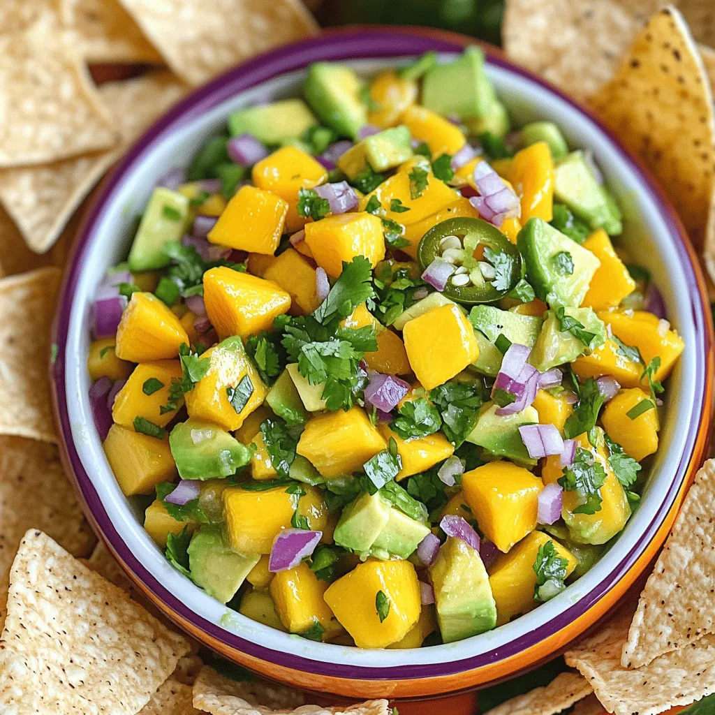 Um eine leckere Mango Avocado Salsa zu machen, brauchen Sie einige frische Zutaten. Hier sind die Hauptzutaten: - 1 reife Mango, gewürfelt - 2 reife Avocados, gewürfelt - 1 kleine rote Zwiebel, fein gehackt - 1 Jalapeño, entkernt und klein gehackt - 1/4 Tasse frischer Koriander, gehackt - 2 Esslöffel Limettensaft - 1 Esslöffel Olivenöl - Salz und Pfeffer nach Geschmack Jede Zutat bringt ihren eigenen Geschmack mit. Die Mango gibt Süße. Die Avocado sorgt für Cremigkeit. Die Zwiebel und Jalapeño fügen einen tollen Biss hinzu. Der Koriander bringt Frische. Limettensaft und Olivenöl binden alles zusammen. Frische Zutaten sind immer die beste Wahl. Sie haben mehr Geschmack und Nährstoffe. Konservenprodukte können oft eine gute Notlösung sein, wenn frische Zutaten schwer zu finden sind. Achten Sie darauf, Produkte ohne Zusätze zu wählen. Diese können den Geschmack der Salsa beeinflussen. Frische Zutaten sorgen für die beste Textur und den besten Geschmack. Wählen Sie Mangos, die leicht weich sind, wenn Sie darauf drücken. Die Farbe kann variieren, aber eine goldene oder rote Schale zeigt oft Reife. Bei Avocados suchen Sie nach dunklem, leicht weichem Fruchtfleisch. Wenn Sie sie nicht sofort verwenden, nehmen Sie feste Früchte. Lassen Sie sie bei Raumtemperatur reifen. Beide Früchte sind perfekt für diese Salsa. Sie bringen die Frische und den Geschmack, die das Gericht so besonders machen. Für das komplette Rezept schauen Sie sich die Full Recipe an. Zuerst musst du die Zutaten sammeln. Hier ist eine Liste, die du brauchst: - 1 reife Mango, gewürfelt - 2 reife Avocados, gewürfelt - 1 kleine rote Zwiebel, fein gehackt - 1 Jalapeño, entkernt und klein gehackt - 1/4 Tasse frischer Koriander, gehackt - 2 Esslöffel Limettensaft - 1 Esslöffel Olivenöl - Salz und Pfeffer nach Geschmack Beginne mit der Mango. Sie sollte reif, aber fest sein. Drücke leicht darauf. Wenn sie nachgibt, ist sie perfekt. Dann schneide die Mango in kleine Würfel. Wiederhole den Vorgang mit den Avocados. Wähle die Avocados, die etwas weich sind. Achte darauf, dass du die Schale gut entfernst. Jetzt kommt der Spaß! Nimm eine große Rührschüssel. Gib die gewürfelte Mango und die Avocados hinein. Füge die rote Zwiebel und die Jalapeño hinzu. Diese Zutaten geben der Salsa Geschmack und Farbe. Jetzt kommt der Koriander. Streue ihn großzügig über die Mischung. Der frische Duft ist einfach toll! Dann gieße den Limettensaft und das Olivenöl darüber. Diese Zutaten sorgen für Frische. Nimm einen großen Löffel und mische alles vorsichtig. Du willst, dass die Zutaten gut verteilt sind, ohne sie zu zerdrücken. Jetzt schmecke die Mischung mit Salz und Pfeffer ab. Probiere es aus und passe die Gewürze nach deinem Geschmack an. Lass die Salsa für etwa 10 Minuten stehen. So verbinden sich die Aromen besser. Wenn du die Salsa mischst, sei vorsichtig. Verwende sanfte Bewegungen, um die Stücke ganz zu lassen. Wenn du zu fest rührst, werden die Avocados matschig. Fange an, die Zutaten von unten nach oben zu heben. So bleibt alles schön intact. Wenn du magst, kannst du die Salsa auch im Kühlschrank kalt stellen. Ein kaltes Gericht ist oft erfrischend. Serviere die Salsa in einer bunten Schüssel. Arrangiere Tortilla-Chips rundherum. Das sieht toll aus und macht Lust auf mehr! Du kannst das gesamte Rezept auch in [Full Recipe] nachlesen. Ein häufiger Fehler ist, die Mango und Avocado zu früh zu schneiden. Sie sollten reif sein, aber nicht überreif. Wählen Sie feste Früchte, die leicht nachgeben. Schneiden Sie sie kurz vor dem Servieren, damit sie frisch bleiben. Achten Sie darauf, die Zwiebel nicht zu grob zu hacken. Kleine Stücke sorgen für einen besseren Geschmack und eine angenehme Textur. Verwenden Sie Limettensaft, um die Avocados vor dem Braunwerden zu schützen. Dies hält die Farbe und Frische der Salsa lebendig. Wenn Sie es schärfer mögen, fügen Sie mehr Jalapeño hinzu. Für eine süßere Note können Sie Honig oder Agavendicksaft hinzufügen. Einige Leute mögen auch einen Hauch von Kreuzkümmel oder Paprika für zusätzlichen Geschmack. Wenn Sie Koriander nicht mögen, ersetzen Sie ihn durch Petersilie. Experimentieren Sie mit verschiedenen Zitrusfrüchten wie Grapefruit oder Orange. Diese bringen einen neuen Twist in die Salsa und passen gut zu den anderen Zutaten. Mango Avocado Salsa passt hervorragend zu gegrilltem Fisch oder Hähnchen. Sie können sie auch als Dip mit Tortilla-Chips servieren. Ein frisches Baguette oder Gemüsesticks sind gute Alternativen. Für eine bunte Präsentation richten Sie die Salsa in einer schönen Schüssel an. Garnieren Sie sie mit frischem Koriander oder Limettenscheiben. Servieren Sie sie bei BBQs oder Grillabenden. Diese Salsa bringt Farbe und Geschmack auf jeden Tisch. Für das vollständige Rezept, schauen Sie sich den Abschnitt über die Zubereitung an. {{image_4}} Du kannst die Mango Avocado Salsa leicht anpassen. Füge zum Beispiel einige gewürfelte Tomaten hinzu. Diese geben mehr Farbe und Frische. Auch schwarze Bohnen passen gut. Sie machen die Salsa herzhaft und nahrhaft. Eine Prise Kreuzkümmel kann den Geschmack verstärken. Experimentiere mit fruchtigen Aromen, wie Ananas oder Papaya, für eine tropische Note. Wenn du es schärfer magst, probiere verschiedene Chili-Sorten aus. Serrano-Chilis sind eine tolle Wahl. Sie haben eine angenehme Schärfe und einen fruchtigen Geschmack. Du kannst auch Habaneros verwenden, wenn du es wirklich heiß magst. Achte darauf, die Menge anzupassen. Du willst die anderen Aromen nicht überdecken. Teste die Schärfe und finde deine perfekte Mischung. Diese Salsa ist von Natur aus vegetarisch und vegan. Du kannst sie leicht anpassen, um sie noch gesünder zu machen. Zum Beispiel, füge Quinoa für einen nahrhaften Kick hinzu. Du kannst auch Limettenzesten hinzufügen, um mehr Frische zu erhalten. Diese Anpassungen machen die Salsa noch interessanter und leckerer. Sie passen perfekt zu vielen Gerichten. Entdecke die verschiedenen Möglichkeiten, um deine Mango Avocado Salsa zu variieren. Diese Tipps machen dein Gericht einzigartig und spannend. Wenn du mehr Ideen brauchst, schau dir das [Full Recipe] an! Mango Avocado Salsa ist frisch und lecker. Um die Aromen zu bewahren, lagere die Salsa in einem luftdichten Behälter. Verwende einen Behälter mit einem festen Deckel. So bleibt die Salsa länger frisch. Stelle den Behälter in den Kühlschrank. Vermeide, die Salsa in einem offenen Schüssel zu lassen. Das kann die Frische beeinträchtigen. Im Kühlschrank bleibt deine Salsa etwa 2 bis 3 Tage frisch. Nach dieser Zeit kann die Avocado braun werden. Um die Farbe zu erhalten, spritze etwas Limettensaft obenauf. Das hilft, die Oxidation zu verlangsamen. Überprüfe die Salsa vor dem Essen. Wenn sie unangenehm riecht oder seltsam aussieht, wirf sie weg. Wenn du mehr Salsa hast, als du essen kannst, friere sie ein. Fülle die Salsa in einen gefriergeeigneten Behälter. Lasse etwas Platz, damit die Salsa beim Gefrieren expandieren kann. Du kannst die Salsa bis zu 3 Monate im Gefrierfach aufbewahren. Zum Auftauen, lege den Behälter in den Kühlschrank. So bleibt die Textur besser. Du kannst die Salsa auch in einem Wasserbad auftauen. Dadurch bleibt sie frisch und lecker. Für ein köstliches Rezept, schau dir die Full Recipe an. Mango Avocado Salsa bleibt frisch für etwa zwei Tage im Kühlschrank. Bewahre die Salsa in einem luftdichten Behälter auf. Nach zwei Tagen kann die Avocado braun werden. Du kannst die Salsa auch einfrieren, aber die Textur könnte sich ändern. Ja, die Zutaten für Mango Avocado Salsa sind sehr anpassbar. Du kannst die Menge an Zwiebeln oder Jalapeños ändern. Füge mehr Limettensaft hinzu, wenn du es saftiger magst. Auch frische Kräuter wie Minze oder Petersilie sind tolle Alternativen. Sei kreativ und finde deinen eigenen perfekten Geschmack! Mango Avocado Salsa passt zu vielen Gerichten. Sie ist eine tolle Beilage zu gegrilltem Hähnchen oder Fisch. Du kannst sie auch auf Tacos oder Burritos geben. Serviere sie mit Tortilla-Chips als Snack oder Vorspeise. Die frischen Aromen ergänzen viele Gerichte perfekt. Mango Avocado Salsa ist einfach zu machen und sehr lecker. Wir haben frische Zutaten und die beste Zubereitung besprochen. Ich habe Tipps gegeben, wie du Fehler vermeidest und die Salsa an deinen Geschmack anpasst. Variationen und Lagerungshinweise helfen dir, kreativ zu sein und Reste gut zu nutzen. Erinnere dich daran, dass diese Salsa perfekt zu vielen Gerichten passt. Genieße die Farben und Aromen, die deine Mahlzeiten verbessern!