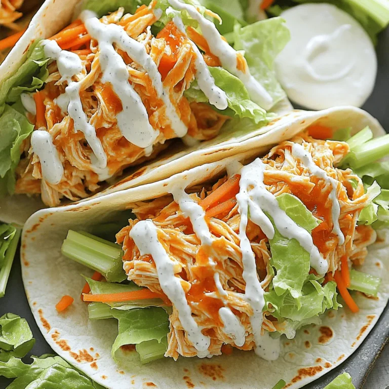 Für köstliche Buffalo Chicken Wraps brauchst du diese Hauptzutaten: - 2 Tassen gekochtes Hähnchen, zerrupft - 120 ml Buffalo-Sauce - 60 g Frischkäse, weich - 120 ml Ranch-Dressing - 1 Tasse Romanasalat, grob gehackt - 60 g geraspelte Karotten - 60 g gewürfelter Sellerie - 4 große Weizentortillas Diese Zutaten sind wichtig, um den vollen Geschmack zu erreichen. Das zerrupfte Hähnchen gibt die Basis. Die Buffalo-Sauce bringt den Kick. Frischkäse und Ranch-Dressing sorgen für Cremigkeit. Du kannst deine Buffalo Chicken Wraps noch besser machen mit diesen optionalen Toppings: - Geschnittene Frühlingszwiebeln - Zusätzliches Ranch-Dressing Diese Toppings fügen noch mehr Geschmack und Textur hinzu. Frühlingszwiebeln bringen eine frische Note. Buffalo Chicken Wraps sind nicht nur lecker, sondern auch nahrhaft. Pro Portion bekommst du: - Protein durch das Hähnchen - Ballaststoffe durch den Salat und das Gemüse - Vitamine durch Karotten und Sellerie Diese Wraps sind perfekt für einen schnellen Snack oder ein leichtes Mittagessen. Du kannst sie leicht anpassen, um mehr Gemüse hinzuzufügen. Für das vollständige Rezept schau dir die [Full Recipe] an. Um das Hähnchen zuzubereiten, nehme ich 2 Tassen gekochtes Hähnchen. Ich zerreiße es in kleine Stücke. In einer mittelgroßen Schüssel vermenge ich das zerrupfte Hähnchen mit 120 ml Buffalo-Sauce. Ich rühre gut um, bis das Hähnchen gleichmäßig mit der Sauce bedeckt ist. Diese Mischung gibt dem Hähnchen den scharfen Kick, den wir lieben. Ich lege 4 große Weizentortillas flach auf eine saubere Arbeitsfläche. In einer separaten Schüssel verrühre ich 60 g weichen Frischkäse mit 120 ml Ranch-Dressing. Diese Mischung muss glatt und gut vermischt sein. Dann verteile ich eine großzügige Schicht der Frischkäsemischung gleichmäßig auf jede Tortilla. Jetzt platziere ich die Buffalo-Hähnchen-Mischung in der Mitte jeder Tortilla. Darauf come ich eine Portion gehackten Romanasalat, geraspelte Karotten und gewürfelten Sellerie. Diese Zutaten sorgen für eine knusprige Textur. Wenn ich möchte, streue ich geschnittene Frühlingszwiebeln darüber. Dann falte ich die Seiten der Tortilla ein und rolle sie von unten nach oben eng auf. Ich schneide den Wrap diagonal durch und serviere ihn sofort. Für mehr Geschmack kann ich extra Ranch-Dressing zum Dippen anbieten. Um die besten Buffalo Chicken Wraps zu machen, achte auf frische Zutaten. Verwende zartes, gekochtes Hähnchen. Das macht den Wrap saftig. Mische die Buffalo-Sauce gut unter das Hähnchen. So ist jeder Bissen würzig und schmackhaft. Nutze frischen Frischkäse für die Sauce. Das sorgt für eine cremige Textur. Du kannst die Tortillas leicht erwärmen. Dies macht sie flexibler und einfacher zu rollen. Ein häufiger Fehler ist, zu viel Füllung zu verwenden. Das macht das Rollen schwer und kann zu einem Auslaufen führen. Achte darauf, die Zutaten gleichmäßig zu verteilen. So bleibt der Wrap schön kompakt. Auch das Verwechseln von Buffalo-Sauce mit anderen Saucen kann den Geschmack ruinieren. Halte dich an die Buffalo-Sauce für den echten Kick. Vermeide es, die Wraps zu lange zu lagern. Sie schmecken frisch am besten. Für die Zubereitung der Wraps brauchst du einige wichtige Utensilien. Ein gutes Schneidebrett hilft beim Vorbereiten der Zutaten. Verwende eine scharfe Klinge für das Hähnchen und Gemüse. Eine große Schüssel ist ideal, um die Hähnchenmischung zu vermengen. Ein Spatel kann hilfreich sein, um alles gut zu mischen. Schließlich ist eine Pfanne nützlich, wenn du die Wraps leicht anrösten möchtest. Das gibt ihnen einen tollen Geschmack. {{image_4}} Du kannst die Wraps grillen oder backen, um den Geschmack zu verändern. Wenn du sie grillst, werden sie knuspriger. Lege die Wraps auf den Grill, bis sie leicht braun sind. Achte darauf, sie oft zu wenden, damit sie nicht anbrennen. Alternativ kannst du die Wraps im Ofen backen. Heize den Ofen auf 180 Grad vor. Lege die Wraps auf ein Backblech und backe sie etwa 10 Minuten. Die Wraps sind dann schön warm und knusprig. Wenn du eine vegetarische Option möchtest, ersetze das Hähnchen durch gebratene Kichererbsen oder gegrilltes Gemüse. Diese Alternativen haben eine tolle Textur und einen guten Geschmack. Du kannst auch Frischkäse mit Avocado ersetzen. Das gibt den Wraps eine cremige Note. Füge mehr frisches Gemüse hinzu, um die Wraps bunt und gesund zu machen. Du kannst die Buffalo-Sauce mit verschiedenen Gewürzen anpassen. Füge etwas Honig hinzu, um eine süßere Note zu bekommen. Wenn du es schärfer magst, gib mehr Chili-Pulver dazu. Experimentiere mit Knoblauchpulver oder Paprika für zusätzlichen Geschmack. So wird jeder Wrap einzigartig und passt zu deinen Vorlieben. Für das vollständige Rezept, schaue dir den Abschnitt "Full Recipe" an. Wenn du Reste hast, bewahre sie in einem luftdichten Behälter auf. Der Wrap bleibt frisch bis zu drei Tage im Kühlschrank. Achte darauf, die Füllung getrennt von der Tortilla zu lagern. So bleibt die Tortilla knusprig und lecker. Buffalo Chicken Wraps kannst du auch einfrieren. Wickele jeden Wrap in Frischhaltefolie und lege sie in einen Gefrierbeutel. So bleiben sie bis zu drei Monate haltbar. Achte darauf, die Luft aus dem Beutel zu drücken. So vermeidest du Gefrierbrand. Um die Wraps wieder aufzuwärmen, nimm sie aus dem Gefrierfach und lasse sie im Kühlschrank auftauen. Erhitze sie dann in einer Pfanne bei mittlerer Hitze. Du kannst sie auch im Ofen bei 180 Grad Celsius aufbacken. So werden sie schön warm und knusprig. Buffalo Chicken Wraps sind etwa drei Tage im Kühlschrank haltbar. Bewahre sie in einem luftdichten Behälter auf. Wenn du sie frisch hältst, bleibt der Geschmack gut. Beim Aufbewahren achte darauf, die Wraps nicht zu lange stehen zu lassen. So vermeidest du, dass sie matschig werden. Ja, du kannst die Buffalo-Sauce ersetzen. Probiere BBQ-Sauce oder eine süß-scharfe Sauce. Beide geben den Wraps einen anderen, aber leckeren Geschmack. Wenn du es milder magst, nutze weniger scharfe Saucen. Du kannst auch eine Mischung aus verschiedenen Saucen verwenden, um deinen eigenen Twist zu kreieren. Zu Buffalo Chicken Wraps passen viele Beilagen. Hier sind einige Vorschläge: - Knusprige Pommes frites - Gemischter Salat - Selleriestangen mit Dip - Nachos mit Käse Diese Beilagen ergänzen den Wrap und bieten viel Abwechslung. Du kannst auch frisches Obst als Dessert hinzufügen, um die Mahlzeit abzurunden. Buffalo Chicken Wraps sind einfach zuzubereiten und lecker. Wir haben die wichtigsten Zutaten und Tipps behandelt. Du kannst sie ganz nach deinem Geschmack anpassen. Variationen wie vegetarische Optionen oder unterschiedliche Gewürze machen die Wraps spannend. Denke auch daran, wie du die Reste aufbewahrst. Mit den richtigen Utensilien und etwas Übung zauberst du ruckzuck die perfekten Wraps. Probier es aus und beeindrucke deine Freunde beim nächsten Snack.