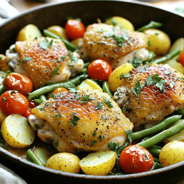 Für das One-Pan Lemon Herb Chicken mit Gemüse sind folgende Hauptzutaten wichtig: - 4 Hähnchenschenkel mit Haut und Knochen - 2 Esslöffel Olivenöl - 1 Zitrone (Schale und Saft) - 3 Knoblauchzehen, fein gehackt - 2 Tassen Baby-Kartoffeln, halbiert - 1 Tasse grüne Bohnen, geputzt - 1 Tasse Kirschtomaten Diese Zutaten bilden die Basis des Gerichts. Sie sind einfach zu finden und schmecken frisch. Das Hähnchen bleibt saftig und die Kartoffeln werden zart. Die Gewürze und Kräuter bringen Geschmack ins Gericht. Hier sind die wichtigsten: - 1 Teelöffel getrockneter Oregano - 1 Teelöffel getrockneter Thymian - 1 Teelöffel getrockneter Rosmarin - Salz und Pfeffer nach Geschmack Diese Gewürze ergänzen die Zitrone und das Olivenöl. Sie sorgen für einen aromatischen Geschmack. Frische Kräuter wären auch eine tolle Option. Du kannst viele Variationen zu diesem Rezept hinzufügen: - Gemüse: Verwende Brokkoli oder Paprika statt grüner Bohnen. - Protein: Ersetze Hähnchen durch Putenbrust oder Tofu. - Zitrusfrüchte: Nutze Limetten für einen anderen Geschmack. Mit diesen Variationen bleibt das Gericht spannend. Du kannst es jedes Mal anders gestalten. Für die vollständige Zubereitung, schau dir das Full Recipe an. Um das One-Pan Lemon Herb Chicken und die Veggies zuzubereiten, beginne mit den Zutaten. Du brauchst frische und hochwertige Produkte. Hier sind die Zutaten, die du benötigen wirst: - 4 Hähnchenschenkel mit Haut und Knochen - 2 Esslöffel Olivenöl - 1 Zitrone (Schale und Saft) - 3 Knoblauchzehen, fein gehackt - 1 Teelöffel getrockneter Oregano - 1 Teelöffel getrockneter Thymian - 1 Teelöffel getrockneter Rosmarin - Salz und Pfeffer nach Geschmack - 2 Tassen Baby-Kartoffeln, halbiert - 1 Tasse grüne Bohnen, geputzt - 1 Tasse Kirschtomaten - Frische Petersilie, gehackt (zum Garnieren) Stelle sicher, dass alles bereit ist, bevor du beginnst. Jetzt kommt der spannende Teil, das Marinieren. In einer großen Schüssel mische das Olivenöl, die Zitronenschale und den Saft. Füge die gehackten Knoblauchzehen, Oregano, Thymian, Rosmarin, Salz und Pfeffer hinzu. Rühre alles gut zusammen, um eine leckere Marinade zu machen. Nehme die Hähnchenschenkel und lege sie in die Schüssel. Beschichte sie gründlich mit der Marinade. Lass das Hähnchen mindestens 15 Minuten marinieren. Während das Hähnchen mariniert, kannst du das Gemüse vorbereiten. Heize deinen Ofen auf 220°C vor. In einer großen, ofenfesten Pfanne lege die halbierten Baby-Kartoffeln in einer einzigen Schicht. Platziere die marinierten Hähnchenschenkel darauf, mit der Hautseite nach oben. Verteile die grünen Bohnen und Kirschtomaten gleichmäßig um das Hähnchen und die Kartoffeln. Gieße eventuell die restliche Marinade über das Gemüse. Jetzt ist es Zeit, das Gericht in den Ofen zu schieben. Röste es 35-40 Minuten, bis das Hähnchen knusprig und goldbraun ist. Die Innentemperatur sollte 75°C erreichen. Wenn du eine extra knusprige Haut magst, nutze die Grillfunktion für 2-3 Minuten. Nach dem Backen lass das Gericht 5 Minuten ruhen. Garniere es mit frischer Petersilie, bevor du servierst. So einfach ist das! Du kannst das vollständige Rezept hier finden: [Full Recipe]. Die Marinade ist der Schlüssel zu gutem Hähnchen. Beginne damit, das Hähnchen in einer Schüssel mit der Marinade zu bedecken. So haftet sie besser. Lass das Hähnchen mindestens 15 Minuten marinieren. Ideal sind 30 Minuten oder länger. Eine längere Marinierzeit bringt mehr Geschmack. Heize deinen Ofen auf 220°C vor. Diese hohe Temperatur hilft, das Hähnchen schnell zu garen. Röste das Hähnchen 35–40 Minuten. Die Innentemperatur sollte 75°C erreichen. Überprüfe das mit einem Fleischthermometer. So bleibt das Hähnchen saftig und zart. Für eine knusprige Haut lege das Hähnchen mit der Hautseite nach oben. Ein letzter Grillgang für 2–3 Minuten hilft auch. Achte darauf, dass die Haut gut mit Marinade beschichtet ist. Das gibt zusätzlichen Geschmack und Knusprigkeit. Du findest alle Schritte in der [Full Recipe]. {{image_4}} Du kannst viele Gemüsearten in diesem Rezept verwenden. Möhren, Zucchini oder Paprika passen gut. Diese Gemüse variieren den Geschmack und die Textur. Schneide sie in ähnliche Größen wie die Kartoffeln. Das sorgt für gleichmäßiges Garen. Denke daran, die Garzeit kann sich ändern. Überprüfe das Gemüse, um sicherzustellen, dass es zart ist. Wenn du kein Hähnchen magst, probiere Lachs oder Tofu. Lachs gibt einen reichen Geschmack und ist gesund. Tofu bringt eine tolle Konsistenz und nimmt die Marinade gut auf. Achte darauf, die Garzeit anzupassen. Fisch braucht weniger Zeit, während Tofu länger marinieren kann. So bleibst du flexibel und kreativ in der Küche. Für eine vegetarische oder vegane Version kannst du das Hähnchen durch Kichererbsen oder Quinoa ersetzen. Diese Optionen sind nahrhaft und lecker. Mische die Kichererbsen mit der Marinade. Wenn du Quinoa verwendest, koche sie vorher und mische sie nach dem Backen unter das Gemüse. So schaffst du ein buntes und gesundes Gericht. Für das vollständige Rezept, schau dir die [Full Recipe] an. Wenn du Reste hast, lagere sie in einem luftdichten Behälter. So bleiben sie frisch. Du kannst das Hähnchen und das Gemüse bis zu drei Tage im Kühlschrank aufbewahren. Um die Reste aufzuwärmen, lege sie in die Mikrowelle oder in eine Pfanne. Erwärme sie bei mittlerer Hitze, bis sie heiß sind. Achte darauf, dass das Hähnchen innen warm ist. Für längere Lagerung kannst du die Reste in einem Behälter einfrieren. Achte darauf, dass die Reste gut verpackt sind. Sie bleiben so bis zu drei Monate frisch. Beschrifte den Behälter mit dem Datum. So weißt du, wann du sie eingefroren hast. Zum Auftauen nimm die Reste einen Tag vorher aus dem Gefrierfach. Lasse sie über Nacht im Kühlschrank auftauen. Das gesamte Gericht lässt sich gut einfrieren. Lass das Hähnchen und das Gemüse zuerst abkühlen. Fülle sie dann in einen geeigneten Behälter. Du kannst auch Portionsgrößen einfrieren. So kannst du einfach eine Portion auftauen. Um die Qualität zu bewahren, verwende einen Vakuumierer, wenn möglich. So bleibt der Geschmack erhalten. Das Hähnchen kann mindestens 15 Minuten marinieren. Für mehr Geschmack ist eine Marinierung von bis zu 2 Stunden ideal. Das gibt den Kräutern Zeit, in das Fleisch einzudringen. Wenn du mehr Zeit hast, kannst du es auch über Nacht im Kühlschrank lassen. So wird das Hähnchen besonders zart und aromatisch. Zu diesem Gericht passen viele Beilagen. Du kannst Reis oder Quinoa verwenden. Auch ein einfacher grüner Salat ist eine tolle Wahl. Wenn du es rustikal magst, serviere frisches Brot dazu. Das Brot schmeckt gut zu den Bratensäften. Du kannst auch gedünstetes Gemüse oder einen Kartoffelsalat probieren. Ja, du kannst das Rezept im Slow Cooker zubereiten. Brate das Hähnchen zuerst an, um Geschmack zu bekommen. Gib dann alles in den Slow Cooker. Stelle ihn auf niedrige Hitze für 4-6 Stunden oder hohe Hitze für 2-3 Stunden. So wird das Hähnchen sehr zart. Beachte, dass die Haut nicht knusprig wird. Für knusprige Haut kannst du die letzten Minuten unter den Grill legen. In diesem Blogpost haben wir die wichtigsten Zutaten für unser Rezept behandelt. Du hast gelernt, welche Hauptzutaten und Gewürze nötig sind. Die Schritt-für-Schritt-Anleitung zeigt, wie man das Hähnchen optimal zubereitet. Wir haben auch Tipps gegeben, um die perfekte Marinierung und knusprige Haut zu erreichen. Für Variationen haben wir andere Gemüse und proteinreiche Optionen angesprochen. Vergiss nicht, wie du Reste aufbewahren und wieder aufwärmen kannst. Das richtige Wissen macht Kochen einfacher und leckerer. Viel Spaß beim Ausprobieren!
