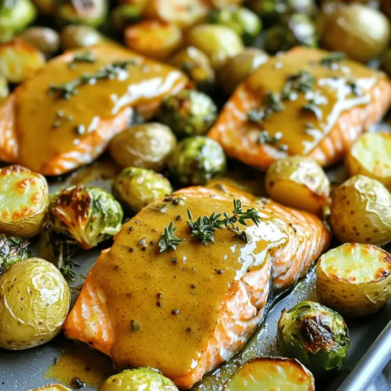 Die Hauptzutaten machen dieses Gericht einfach und lecker. Für den Lachs brauchen Sie: - 4 Lachsfilets (je 170 g) - 60 ml reiner Ahornsirup - 60 ml Dijon-Senf - 30 ml Olivenöl - 2 Knoblauchzehen, fein gehackt - 1 Teelöffel frische Thymianblätter (oder 1/2 Teelöffel getrockneter Thymian) - 1 Teelöffel Zitronensaft - Salz und Pfeffer nach Geschmack Die Beilagen passen perfekt zu dem Lachs. Sie benötigen: - 450 g Rosenkohl, geputzt und halbiert - 450 g Babykartoffeln, halbiert Diese Zutaten bringen Vielfalt auf Ihren Teller und sorgen für ein ausgewogenes Essen. Um dieses Gericht zuzubereiten, benötigen Sie einige Utensilien: - Ein großes Backblech - Backpapier - Eine mittlere Schüssel - Einen Schneebesen oder Löffel - Ein scharfes Messer zum Schneiden Mit diesen Zutaten und Utensilien sind Sie bereit, ein köstliches und gesundes Gericht zu zaubern. Für eine detaillierte Zubereitung schauen Sie sich das Full Recipe an. Zuerst mische ich die Marinade. In einer Schüssel gebe ich den reinen Ahornsirup, Dijon-Senf, Olivenöl, gehackten Knoblauch, frischen Thymian, Zitronensaft sowie Salz und Pfeffer. Du kannst alles gut verrühren. Diese Mischung wird dem Lachs und dem Gemüse viel Geschmack geben. Jetzt bereite ich den Lachs und das Gemüse vor. Ich lege die Lachsfilets auf ein Backblech. Dann bestreiche ich die Filets mit der Hälfte der Marinade. In der gleichen Schüssel gebe ich die halbierten Rosenkohl und Babykartoffeln. Ich vermenge alles gut mit der restlichen Marinade. Danach verteile ich das Gemüse gleichmäßig auf dem Blech. Ich heize den Ofen auf 200 °C vor. Dann schiebe ich das Blech für 15-20 Minuten in den Ofen. Der Lachs sollte durchgegart sein und leicht auseinanderfallen. Das Gemüse wird weich und karamellisiert. Zum Schluss kann ich die Grillfunktion für 2-3 Minuten nutzen, um mehr Farbe zu bekommen. Danach lasse ich das Blech kurz ruhen, bevor ich serviere. Für mehr Geschmack kann ich die übrig gebliebene Marinade über das Gericht träufeln. Das ist die Schritt-für-Schritt-Anleitung für Blechpan Maple-Senf-Lachs. Du kannst das vollständige Rezept [hier finden](Full Recipe). Um perfekten Lachs zuzubereiten, wählen Sie frische Filets. Achten Sie darauf, dass der Lachs eine glänzende, feuchte Oberfläche hat. Schneiden Sie die Filets gleichmäßig, damit sie gleichmäßig garen. Legen Sie den Lachs auf eine mit Backpapier ausgelegte Blechpfanne. So bleibt der Fisch saftig und klebt nicht fest. Die Marinade ist der Schlüssel zu leckerem Lachs. Mischen Sie den Ahornsirup mit Dijon-Senf und Olivenöl. Fügen Sie frischen Knoblauch und Thymian hinzu. Lassen Sie die Filets mindestens 15 Minuten marinieren. Dadurch zieht der Geschmack gut ein. Bei längerem Marinieren wird der Lachs noch aromatischer. Um zu vermeiden, dass der Lachs übergart, nutzen Sie das richtige Timing. Backen Sie den Lachs 15 bis 20 Minuten bei 200 °C. Überprüfen Sie den Lachs nach 15 Minuten. Er sollte leicht mit einer Gabel zerfallen. Nutzen Sie die Grillfunktion für eine schöne Farbe. Achten Sie darauf, den Lachs nicht zu lange zu grillen, um ein Austrocknen zu verhindern. Für das vollständige Rezept klicken Sie auf [Full Recipe]. {{image_4}} Du kannst beim Blechpan Maple-Senf-Lachs viele Gemüsearten verwenden. Zum Beispiel sind Karotten und Zucchini tolle Optionen. Auch Brokkoli passt gut dazu. Du kannst sie einfach in die Marinade geben und auf das Blech legen. So bleibt das Gericht bunt und gesund. Wenn du nach günstigen Beilagen suchst, probiere Reis oder Quinoa. Diese sind einfach zu machen und sättigen gut. Du kannst auch einen einfachen grünen Salat mit frischen Kräutern und Olivenöl zubereiten. Das gibt deinem Essen einen frischen Kick und ist preiswert. Die Marinade für den Lachs ist sehr anpassbar. Du kannst zum Beispiel Honig statt Ahornsirup verwenden. Für mehr Schärfe füge etwas Chili-Pulver hinzu. Auch verschiedene Kräuter wie Oregano oder Petersilie geben einen neuen Geschmack. Experimentiere ruhig mit den Zutaten, um deinen perfekten Geschmack zu finden. Für das vollständige Rezept, schau dir die [Full Recipe] an. Um gekochten Lachs frisch zu halten, lege ihn in einen luftdichten Behälter. So bleibt der Lachs saftig und lecker. Du kannst ihn im Kühlschrank bis zu drei Tage aufbewahren. Wenn du den Lachs länger aufbewahren willst, friere ihn ein. In einem gefrierfesten Behälter hält er sich bis zu drei Monate. Achte darauf, den Lachs gut einzuwickeln, um Gefrierbrand zu vermeiden. Das Gemüse aus deinem Blechpan Maple-Senf-Lachs lässt sich auch gut lagern. Lege die Reste in einen luftdichten Behälter. Das Gemüse bleibt im Kühlschrank bis zu fünf Tage frisch. Um den Geschmack zu erhalten, lagere es getrennt vom Lachs. Wenn du das Gemüse einfrierst, halte es in einem gefrierfesten Beutel. So bleibt es bis zu drei Monate genießbar. Wenn du Reste wieder aufwärmen möchtest, ist der Ofen die beste Wahl. Heize den Ofen auf 175 °C (350 °F) vor. Lege den Lachs und das Gemüse auf ein Backblech. Erwärme sie für etwa 10-15 Minuten, bis sie warm sind. Du kannst auch eine Mikrowelle nutzen. Stelle die Mikrowelle auf mittlere Leistung. Erwärme die Reste in kurzen Intervallen, um Überhitzung zu vermeiden. Achte darauf, den Lachs nicht zu lange zu erhitzen. So bleibt er zart und schmackhaft. Es dauert nur 15 bis 30 Minuten, um den Lachs zu marinieren. Eine längere Marinierzeit kann die Aromen vertiefen. Ich empfehle, den Lachs nicht länger als 30 Minuten zu marinieren. Zu langes Marinieren kann den Fisch übermarinieren und die Textur verändern. Ja, du kannst gefrorenen Lachs verwenden! Stelle sicher, dass du ihn vorher vollständig auftauen lässt. Du kannst den Lachs über Nacht im Kühlschrank auftauen. Alternativ kannst du die Mikrowelle auf die Auftaufunktion verwenden. Denke daran, die Marinade gleichmäßig aufzutragen, um den Geschmack zu maximieren. Rosenkohl und Babykartoffeln sind perfekte Beilagen. Du kannst auch andere Gemüse wie Karotten oder Brokkoli hinzufügen. Ein frischer Salat passt gut, um eine leichte Note hinzuzufügen. Reis oder Quinoa sind ebenfalls gute Optionen für eine sättigende Beilage. Diese Kombination sorgt für ein ausgewogenes und schmackhaftes Gericht. Du findest das ganze Rezept [Full Recipe]. In diesem Blogbeitrag haben wir die besten Zutaten für Maple-Senf-Lachs behandelt. Wir haben die Schritt-für-Schritt-Anleitung für die Zubereitung gesehen. Zusätzlich gab es Tipps für perfekten Lachs, Anpassungen der Marinade und gute Lagerinformationen. Denke daran, frische Zutaten zu wählen und die Kochzeit zu beachten. Mit diesen Ratschlägen stellst du sicher, dass dein Gericht köstlich wird. Probiere die Variationen aus, um neue Geschmäcker zu entdecken. Viel Freude beim Kochen!