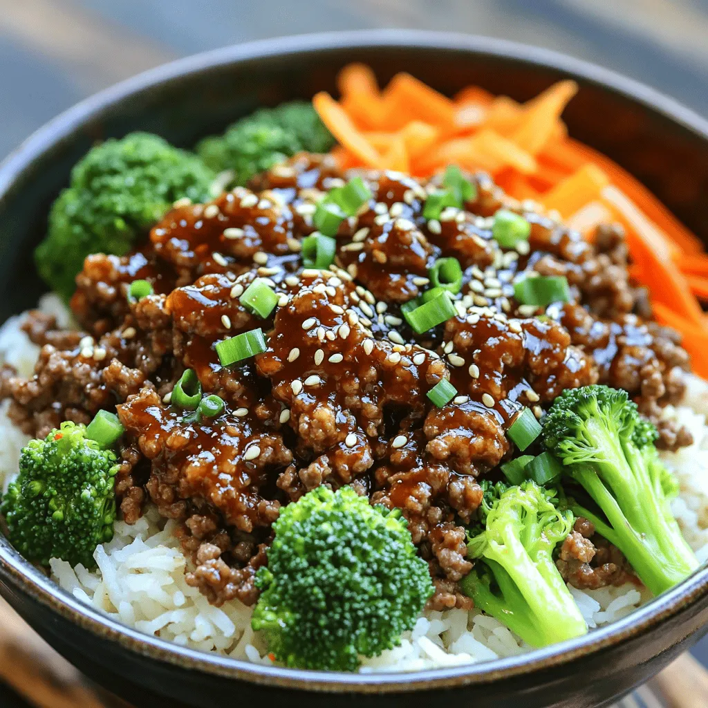 - 450 g Rinderhackfleisch - 4 Knoblauchzehen, fein gehackt - 2 Esslöffel Sesamöl - 3 Esslöffel Sojasauce - 2 Esslöffel brauner Zucker - 1 Esslöffel Reisessig - 1 Esslöffel Gochujang (koreanische Chilipaste) - 1 Teelöffel frisch geriebener Ingwer Für eine köstliche koreanische Beef Bowl sind die Hauptzutaten wichtig. Das Rinderhackfleisch gibt einen vollen Geschmack. Der Knoblauch und Ingwer bringen ein würziges Aroma. Sesamöl verleiht einen nussigen Geschmack und Sojasauce gibt Tiefe. Brauner Zucker sorgt für eine leicht süße Note, während der Reisessig Frische hinzufügt. Gochujang bringt eine angenehme Schärfe, die das Gericht spannend macht. - 2 Tassen gekochter Jasminreis - 1 Tasse Brokkoliröschen - 1 Karotte, in feine Streifen geschnitten - 2 Frühlingszwiebeln, gehackt - Sesamsamen zum Garnieren Gemüse macht die Beef Bowl bunt und gesund. Brokkoli und Karotten fügen Vitamine hinzu. Jasminreis bietet eine weiche Basis für die anderen Zutaten. Frühlingszwiebeln bringen einen frischen Biss. Sesamsamen sind perfekt für den Crunch oben drauf. Diese Kombination macht das Gericht nicht nur lecker, sondern auch nahrhaft. Für das vollständige Rezept, schauen Sie sich die [Full Recipe] an. - Vermengen Sie die folgenden Zutaten in einer Schüssel: - 4 Knoblauchzehen, fein gehackt - 2 Esslöffel Sesamöl - 3 Esslöffel Sojasauce - 2 Esslöffel brauner Zucker - 1 Esslöffel Reisessig - 1 Esslöffel Gochujang - 1 Teelöffel frisch geriebener Ingwer Mischen Sie alles gut, bis es eine homogene Marinade ergibt. Lassen Sie die Marinade für mindestens 10 Minuten ziehen. Dies gibt den Aromen Zeit, sich zu entfalten und intensiviert den Geschmack. - Erhitzen Sie eine große Pfanne oder einen Wok bei mittelhoher Temperatur. - Fügen Sie 450 g Rinderhackfleisch hinzu und braten Sie es für 5 bis 7 Minuten an. Rühren Sie oft um, bis das Fleisch braun und gut durchgegart ist. Entfernen Sie überschüssiges Fett, um das Gericht leichter zu machen. Gießen Sie die vorbereitete Marinade über das Fleisch. Lassen Sie es bei mittlerer Hitze für 3 bis 4 Minuten köcheln, bis die Sauce leicht eindickt. - Dämpfen Sie in einem separaten Topf 1 Tasse Brokkoliröschen und 1 Karotte, in feine Streifen geschnitten, für 3 bis 4 Minuten. Das Gemüse sollte zart, aber knackig sein. Um die Bowls zusammenzustellen, geben Sie eine Kelle gekochten Jasminreis in die Mitte jeder Schüssel. Löffeln Sie die Rindermischung großzügig über den Reis und richten Sie das gedämpfte Gemüse darauf an. Garnieren Sie die Bowls mit gehackten Frühlingszwiebeln und einer Prise Sesamsamen für zusätzlichen Crunch. Für das volle Erlebnis folgen Sie dem [Full Recipe]. Um den Geschmack Ihrer Beef Bowl zu verbessern, passen Sie die Gewürze an. Fügen Sie mehr Gochujang hinzu für mehr Schärfe. Sie können auch einen Teelöffel Honig verwenden, um die Süße zu erhöhen. Eine Prise schwarzer Pfeffer bringt einen zusätzlichen Kick. Denken Sie daran, die Mischung immer wieder zu probieren. So finden Sie die perfekte Balance. Zusätzliche Aromen können Ihr Gericht aufwerten. Frische Kräuter wie Koriander oder Petersilie geben einen frischen Geschmack. Ein Spritzer Limettensaft am Ende kann die Aromen aufhellen. Experimentieren Sie mit diesen Ideen, um Ihre persönliche Note zu finden. Einladende Bowls machen das Essen noch besser. Nutzen Sie tiefe Schüsseln, um die Zutaten schön zu schichten. Beginnen Sie mit einer Schicht Reis in der Mitte. Löffeln Sie dann die Rindermischung darauf. Platzieren Sie die gedämpften Gemüse gleichmäßig rundherum. Garnieren Sie mit gehackten Frühlingszwiebeln und Sesamsamen für einen lebhaften Kontrast. Verwenden Sie Garnituren, um einen zusätzlichen Crunch zu bieten. Kimchi ist eine großartige Beilage. Es bringt nicht nur Farbe, sondern auch einen tollen Geschmack. Auch Nüsse oder geröstete Samen können eine schöne Ergänzung sein. Effizientes Kochen spart Zeit und Nerven. Bereiten Sie die Marinade vor, während das Fleisch brät. Während das Fleisch kocht, dämpfen Sie das Gemüse. So sind alle Komponenten zur gleichen Zeit fertig. Nutzen Sie Reste für spätere Mahlzeiten. Die Beef Bowl schmeckt auch am nächsten Tag lecker. Lagern Sie sie in einem luftdichten Behälter im Kühlschrank. Auf diese Weise sparen Sie Zeit und genießen dennoch ein köstliches Essen. {{image_4}} Für eine vegetarische Option können Sie Tofu anstelle von Rinderhackfleisch verwenden. Tofu nimmt den Geschmack der Marinade gut auf. Schneiden Sie den Tofu in kleine Würfel und braten Sie ihn goldbraun an. Passen Sie die Marinade an, indem Sie die Fischsauce weglassen. So bleibt es vegan. Experimentieren Sie mit verschiedenen Reissorten. Brauner Reis hat mehr Ballaststoffe und einen nussigen Geschmack. Sie können auch Quinoa oder Blumenkohlreis verwenden. Fügen Sie mehr Gemüse hinzu, wie Paprika, Zucchini oder Spinat. Diese Optionen bringen zusätzliche Farben und Nährstoffe in Ihre Bowl. Möchten Sie es milder? Reduzieren Sie die Menge an Gochujang in der Marinade. Sie können auch Chili-Flakes verwenden, um die Schärfe sanft zu regulieren. Probieren Sie es aus und finden Sie den perfekten Schärfegrad für Ihren Geschmack. Um deine Reste gut zu lagern, benutze einen luftdichten Behälter. Stelle sicher, dass der Behälter kühl ist. So bleibt das Essen frisch und lecker. Du kannst die Reste bis zu drei Tage im Kühlschrank aufbewahren. Wenn du die Reste länger aufbewahren möchtest, friere sie ein. Verwende dafür ebenfalls luftdichte Behälter oder Gefrierbeutel. So bleibt der Geschmack erhalten. Du kannst das Gericht bis zu drei Monate im Gefrierfach lagern. Das spart Zeit und macht das Kochen einfacher. Wenn du die Reste aufwärmen möchtest, gibt es einige gute Methoden. Für den Reis kannst du einen Dampfgarer nutzen. Das hält den Reis feucht und fluffig. Du kannst auch etwas Wasser hinzufügen, wenn du ihn in der Mikrowelle aufwärmst. Für das Fleisch empfiehlt sich eine Pfanne. Erhitze die Pfanne auf mittlerer Hitze und gib das Fleisch hinein. Rühre es gut um, damit es gleichmäßig warm wird. So vermeidest du, dass das Fleisch trocken wird. Achte darauf, es nicht zu lange zu erhitzen. So bleibt es saftig und lecker. Das Rinderhackfleisch ist im Kühlschrank 1 bis 2 Tage haltbar. Lagern Sie es in einem luftdichten Behälter. Achten Sie darauf, das Fleisch bei 0 bis 4 Grad Celsius zu lagern. Wenn Sie es länger aufbewahren möchten, können Sie es auch einfrieren. Im Gefrierschrank bleibt es bis zu 3 Monate frisch. Achten Sie darauf, das Fleisch in Portionen zu teilen. So können Sie nur das auftauen, was Sie benötigen. Ja, Sie können das Rezept im Voraus zubereiten. Marinieren Sie das Rinderhackfleisch und lassen Sie es im Kühlschrank für 30 Minuten bis 24 Stunden. So wird der Geschmack besser. Wenn Sie die Bowls ganz zubereiten, können Sie sie bis zu 3 Tage im Kühlschrank aufbewahren. Erwärmen Sie die Bowls einfach in der Mikrowelle oder in einer Pfanne. Dämpfen Sie das Gemüse kurz vor dem Servieren, damit es frisch bleibt. Wenn Sie Gochujang nicht haben, können Sie auch Sriracha oder eine Mischung aus Chilipulver und Honig verwenden. Diese Alternativen sind weniger süß, aber sie geben auch einen scharfen Geschmack. Wenn Sie es milder mögen, probieren Sie einen Joghurt-Dip oder etwas Ketchup mit Chilipulver. Diese Optionen ändern den Gesamtgeschmack, sind aber trotzdem lecker. Diese Anleitung bietet Ihnen alle wichtigen Informationen für eine leckere Bowl. Wir haben über Hauptzutaten, Gemüse und Beilagen gesprochen. Die Schritt-für-Schritt-Anleitung hilft Ihnen beim Kochen. Tipps zur Geschmacksverbesserung und ansprechenden Präsentation machen Ihr Essen besonders. Variationen zeigen, wie Sie das Rezept anpassen können. Vergessen Sie nicht, Reste klug zu lagern und wieder aufzuwärmen. Kochen kann einfach und schnell sein, wenn Sie die richtigen Methoden nutzen. Ihre Bowls werden garantiert lecker!