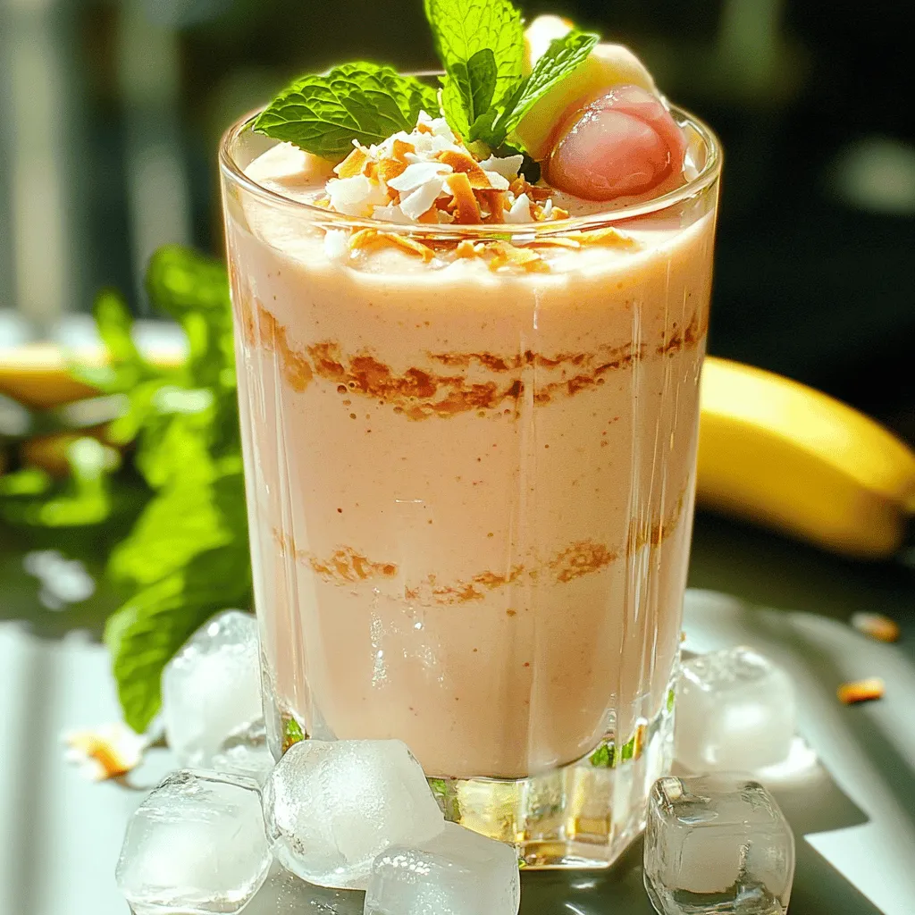 Für den Lychee Coconut Cloud Smoothie benötigst du folgende Hauptzutaten: - 1 Tasse frische oder aus der Dose verwendete Lychee, geschält und entsteint - 1 Tasse Kokosmilch (für zusätzliche Cremigkeit Vollfettvariante verwenden) - 1 reife Banane - 1 Esslöffel Honig oder Ahornsirup (optional, je nach gewünschter Süße) - 1/2 Tasse griechischer Joghurt (für Cremigkeit und Eiweiß) - 1/2 Tasse Eiswürfel - Geröstete Kokosraspeln (zum Garnieren) - Frische Minzblätter (zum Garnieren) Diese Zutaten sorgen für einen frischen, cremigen und leckeren Smoothie. Du kannst die Lychees frisch kaufen oder auch die Dosenvariante wählen, die oft bereits geschält ist. Wenn du einige Zutaten nicht hast oder einen anderen Geschmack magst, kannst du sie leicht ersetzen: - Statt Kokosmilch kannst du Mandelmilch oder Hafermilch verwenden. - Für einen anderen Fruchtgeschmack kannst du die Banane durch eine reife Mango ersetzen. - Wenn du keinen griechischen Joghurt hast, nimm einfach normalen Naturjoghurt oder ein pflanzliches Produkt. - Anstelle von Honig passt auch ein anderer Süßstoff, wie Agavendicksaft. Diese Alternativen helfen dir, den Smoothie nach deinem Geschmack zu gestalten. Jede Zutat hat ihre eigenen Vorteile: - Lychee: Diese Frucht ist reich an Vitaminen und Antioxidantien. Sie unterstützt das Immunsystem und ist gut für die Haut. - Kokosmilch: Sie sorgt für eine cremige Textur und gibt dir gesunde Fette. Diese Fette sind wichtig für die Energie. - Banane: Sie bietet dir schnell verfügbare Energie und hilft, den Smoothie süß und dick zu machen. - Griechischer Joghurt: Er liefert viel Eiweiß, was gut für die Muskeln ist, und sorgt für eine cremige Konsistenz. - Eiswürfel: Sie machen den Smoothie erfrischend und kühl, perfekt für heiße Tage. Mit diesen Zutaten bereitest du einen gesunden Genuss, der sowohl lecker als auch nahrhaft ist. Wenn du mehr über die Zubereitung erfahren möchtest, schau dir das Full Recipe an. Um den Lychee Coconut Cloud Smoothie zu machen, starten Sie mit den Zutaten. Nehmen Sie eine Tasse Lychees, die frisch oder aus der Dose sind. Stellen Sie sicher, dass sie geschält und entsteint sind. Geben Sie sie in den Mixer. Fügen Sie eine Tasse Kokosmilch hinzu. Wenn Sie eine cremigere Textur möchten, nutzen Sie die Vollfettvariante. Dann kommt eine reife Banane dazu. Sie sorgt für natürliche Süße und macht den Smoothie dick. Jetzt fügen Sie eine halbe Tasse griechischen Joghurt hinzu. Das gibt uns viel Cremigkeit und Eiweiß. Wenn Sie es süßer mögen, können Sie auch einen Esslöffel Honig oder Ahornsirup hinzufügen. Mixen Sie alle Zutaten auf hoher Stufe, bis die Mischung ganz glatt ist. Beim Mixen ist die Konsistenz wichtig. Nach dem ersten Mixen, fügen Sie eine halbe Tasse Eiswürfel hinzu. Mixen Sie erneut, bis die Eiswürfel gut zerkleinert sind. Das macht Ihren Smoothie kühl und erfrischend. Wenn der Smoothie zu dick ist, können Sie etwas mehr Kokosmilch hinzufügen. Wenn er zu dünn ist, fügen Sie mehr gefrorene Banane oder Joghurt hinzu. Achten Sie darauf, den Smoothie hin und wieder zu probieren. So können Sie die perfekte Konsistenz finden. Die Süße des Smoothies können Sie leicht anpassen. Nach dem ersten Mixen probieren Sie einen Schluck. Wenn er nicht süß genug ist, fügen Sie mehr Honig oder Sirup hinzu. Mixen Sie dann noch einmal kurz, um alles gut zu vermischen. Sie können auch andere Süßungsmittel verwenden, je nach Vorliebe. Denken Sie daran, dass die Banane auch eine gewisse Süße bringt. So können Sie die Gesamtmenge an Süßstoff reduzieren. Genießen Sie Ihr Getränk und experimentieren Sie mit der Süße! Um die perfekte Cremigkeit zu erreichen, verwenden Sie Vollfett-Kokosmilch. Sie macht den Smoothie reichhaltig und samtig. Die Banane hilft auch dabei, eine schöne Textur zu erzeugen. Wenn Sie griechischen Joghurt hinzufügen, wird der Smoothie noch cremiger und eiweißreicher. Mischen Sie die Zutaten in der richtigen Reihenfolge. Beginnen Sie mit der Kokosmilch, gefolgt von den Lychees und der Banane. Mixen Sie zuerst auf niedriger Stufe, dann erhöhen Sie die Geschwindigkeit. Fügen Sie die Eiswürfel am Ende hinzu. Das gibt dem Smoothie eine perfekte, kühle Konsistenz. Mixen Sie, bis alles schön glatt ist. Servieren Sie den Smoothie in gekühlten Gläsern für einen frischen Look. Garnieren Sie ihn mit gerösteten Kokosraspeln und frischen Minzblättern. Das sieht nicht nur toll aus, es bringt auch zusätzlichen Geschmack. Sie können den Smoothie auch mit bunten Strohhalmen oder kleinen Schirmchen aufpeppen. So wird er zum echten Hingucker! {{image_4}} Sie können den Lychee Coconut Cloud Smoothie leicht anpassen. Fügen Sie andere tropische Früchte hinzu. Mango, Ananas oder Papaya passen gut. Diese Früchte bringen einen süßen und frischen Geschmack. Wenn Sie eine Mischung aus Lychee und Mango machen, erhalten Sie einen fruchtigen Genuss. Kombinieren Sie auch Lychees mit Ananas für einen erfrischenden Kick. Die Möglichkeiten sind endlos. Um eine vegane Version zu machen, ersetzen Sie den Joghurt. Verwenden Sie Kokosjoghurt oder Mandeljoghurt. Diese Optionen geben eine cremige Textur ohne tierische Produkte. Auch Honig kann durch Agavendicksaft ersetzt werden. So bleibt der Smoothie rein pflanzlich. Das Ergebnis ist ein ebenso leckerer, veganer Genuss. Experimentieren Sie mit verschiedenen Pflanzenmilchsorten. Mandelmilch oder Hafermilch sind tolle Alternativen zur Kokosmilch. Diese Sorten machen den Smoothie leichter und weniger fettig. Wenn Sie eine nussige Note mögen, probieren Sie Mandelmilch. Für eine cremigere Konsistenz verwenden Sie Hafermilch. Jede Milch bringt ihren eigenen Geschmack in den Smoothie ein. Um den Lychee Coconut Cloud Smoothie frisch zu halten, fülle ihn in ein luftdichtes Glas. Das hilft, den Geschmack und die Frische zu bewahren. Lagere ihn im Kühlschrank. Vermeide es, ihn in einer großen Menge zu machen, wenn du ihn nicht sofort trinkst. Bereite nur so viel zu, wie du brauchst. Der Smoothie bleibt im Kühlschrank etwa 1 bis 2 Tage frisch. Nach dieser Zeit kann er an Geschmack verlieren. Achte darauf, den Smoothie gut zu verschließen. So bleibt er länger lecker. Rühre ihn vor dem Trinken gut um. Das hilft, die Zutaten wieder zu mischen. Wenn du Reste hast, probiere, sie in Eiswürfelformen einzufrieren. So kannst du sie später in anderen Smoothies oder Getränken verwenden. Du kannst auch die Reste in einen Joghurt oder Haferbrei geben. Das gibt deinem Frühstück einen fruchtigen Kick. Wenn du kreativ bist, mische die Reste in einen Kuchen oder Muffin. So vermeidest du Lebensmittelverschwendung und genießt leckere Snacks. Ja, gefrorene Lychees sind eine gute Wahl. Sie sind praktisch und oft süß. Verwenden Sie sie einfach direkt aus dem Tiefkühler. Lassen Sie sie nicht auftauen, um die Kälte des Smoothies zu bewahren. Dies hilft, die cremige Textur zu erhalten. Ja, dieser Smoothie ist gesund. Er enthält frische Früchte, Kokosmilch und Joghurt. Diese Zutaten bieten viele Nährstoffe. Lychees sind reich an Vitaminen und Antioxidantien. Die Banane liefert Ballaststoffe und Energie. Kokosmilch bringt gesunde Fette. So erhalten Sie ein leckeres, nahrhaftes Getränk. Zu diesem Smoothie passen viele Beilagen. Sie können frisches Obst verwenden, wie Ananas oder Mango. Nüsse oder Granola bringen einen knusprigen Biss. Auch Haferkekse sind eine tolle Wahl. Servieren Sie den Smoothie mit einer der Beilagen für ein komplettes Frühstück. Für das vollständige Rezept schauen Sie bitte hier: [Full Recipe]. Zusammenfassend haben wir die Hauptzutaten für den Lychee Coconut Cloud Smoothie erkundet. Ich habe auch Tipps zur Zubereitung und Lagerung gegeben. Denken Sie daran, mit der Süße zu experimentieren und Ihre eigenen Variationen zu schaffen. Der Smoothie ist gesund und vielseitig. Nutzen Sie die Tipps für die beste Konsistenz und Präsentation. So bleibt er frisch und lecker. Genießen Sie Ihren Smoothie in vollen Zügen!