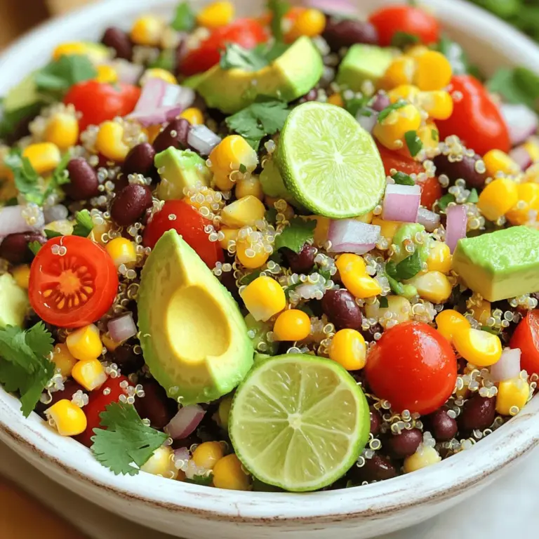 Hier sind die Zutaten für den Chili-Lime Quinoa Power Salad, die Sie brauchen: - Quinoa und Brühe - 1 Tasse Quinoa, gründlich abgespült - 2 Tassen Gemüsebrühe (oder Wasser) - Gemüse und Bohnen - 1 Dose (425 g) schwarze Bohnen, abgespült und abgetropft - 1 Tasse Mais (frisch, gefroren oder aus der Dose) - 1 rote Paprika, gewürfelt - 1 Avocado, gewürfelt - 1/4 Tasse rote Zwiebel, fein gehackt - 1/2 Tasse Kirschtomaten, halbiert - 1/4 Tasse frischer Koriander, grob gehackt - Dressing-Zutaten - Saft von 2 Limetten - 3 Esslöffel Olivenöl - 1 Teelöffel Chilipulver - Salz und Pfeffer nach Geschmack Diese Zutaten sind frisch und voller Geschmack. Die Quinoa gibt Ihnen Energie, während die Bohnen und das Gemüse viele Nährstoffe bieten. Das Dressing aus Limette und Olivenöl sorgt für einen tollen Kick. Wenn Sie die volle Rezeptanleitung sehen möchten, schauen Sie sich die Full Recipe an. Kochen der Quinoa Um die Quinoa perfekt zu kochen, spülen Sie zuerst eine Tasse Quinoa gründlich ab. Dies entfernt Bitterstoffe. Geben Sie die Quinoa in einen mittelgroßen Topf. Fügen Sie zwei Tassen Gemüsebrühe oder Wasser hinzu. Bringen Sie die Mischung bei mittlerer bis hoher Hitze zum Kochen. Sobald es kocht, reduzieren Sie die Hitze. Setzen Sie einen Deckel auf und lassen Sie die Quinoa 15 Minuten köcheln. Nach der Zeit sollte die Flüssigkeit aufgesogen sein und die Quinoa locker wirken. Abkühlen der Quinoa Nehmen Sie den Topf vom Herd. Lassen Sie die Quinoa ein paar Minuten abkühlen. Dies hilft, die restliche Feuchtigkeit zu verlieren und bereitet sie für die Mischung mit dem Gemüse vor. Bohnen und Mais vorbereiten Öffnen Sie eine Dose schwarze Bohnen und spülen Sie sie gründlich ab. Lassen Sie sie abtropfen. Wenn Sie frischen oder gefrorenen Mais verwenden, messen Sie eine Tasse ab und stellen Sie ihn bereit. Diese Zutaten bringen Farbe und einen tollen Geschmack in den Salat. Gemüse würfeln und hacken Würfeln Sie eine rote Paprika und eine Avocado. Hacken Sie eine Viertel Tasse rote Zwiebel fein. Halbieren Sie eine halbe Tasse Kirschtomaten. Fügen Sie alles in eine große Schüssel. Denken Sie daran, frische Zutaten zu verwenden, um den besten Geschmack zu erzielen. Vermischen der Dressing-Zutaten In einer kleinen Schüssel mischen Sie den Saft von zwei Limetten, drei Esslöffel Olivenöl, einen Teelöffel Chilipulver, Salz und Pfeffer. Verquirlen Sie die Zutaten gut. Dies gibt dem Salat einen frischen, scharfen Geschmack. Mischen aller Komponenten Wenn die Quinoa abgekühlt ist, geben Sie sie zur großen Schüssel mit dem Gemüse. Mischen Sie alles vorsichtig. Dann träufeln Sie das Dressing gleichmäßig über den Salat. Heben Sie alles sanft unter, damit die Avocado-Stücke ganz bleiben. Probieren Sie den Salat und passen Sie die Würzung nach Ihrem Geschmack an. Für das vollständige Rezept, einschließlich aller Zutaten und Schritte, schauen Sie sich die [Full Recipe] an. - Perfekte Quinoa-Konsistenz: Um die Quinoa perfekt zu kochen, spülen Sie sie gut ab. Das entfernt Bitterstoffe. Verwenden Sie Gemüsebrühe für mehr Geschmack. Kochen Sie die Quinoa bei mittlerer Hitze. Lassen Sie sie 15 Minuten köcheln, bis das Wasser verdampft ist. Dann abkühlen lassen. - Frische Zutaten verwenden: Frische Zutaten machen den Salat leckerer. Wählen Sie reife Avocados und knackige Paprika. Verwenden Sie frische Kirschtomaten und frischen Koriander. Diese Zutaten bringen Farbe und Geschmack. So bleibt der Salat appetitlich und gesund. - Tipps zur Aufbewahrung im Kühlschrank: Lagern Sie den Salat in einem luftdichten Behälter. So bleibt er frisch. Im Kühlschrank hält er sich bis zu zwei Tage. Rühren Sie ihn vor dem Servieren gut durch. - Hinweise zur Frische der Zutaten: Überprüfen Sie die Frische der Zutaten vor der Zubereitung. Verwenden Sie keine faulen Tomaten oder braunen Koriander. Achten Sie auf das Haltbarkeitsdatum bei Dosen. Frische Zutaten sorgen für den besten Geschmack im Chili-Lime Quinoa Power Salad. {{image_4}} Alternative Gemüseoptionen Du kannst viele Gemüsearten verwenden. Probiere Karotten, Gurken oder Spinat. Diese bringen frische Farben und Texturen. Achte darauf, das Gemüse klein zu schneiden. So vermischt sich alles besser im Salat. Proteinreiche Ergänzungen Wenn du mehr Protein möchtest, füge Hähnchen oder Tofu hinzu. Gekochte Eier sind auch eine gute Wahl. Diese Zutaten machen den Salat sättigender und nahrhafter. Möglichkeiten für spezielle Diäten Die Chili-Lime Quinoa Power Salad ist von Natur aus glutenfrei. Achte aber darauf, dass du glutenfreie Brühe verwendest. Für eine vegane Version lasse die Eier weg und benutze nur pflanzliche Zutaten. So passt der Salat für viele Diäten. Anpassungen je nach Jahreszeit Im Sommer sind frische, knackige Gemüsesorten ideal. Versuche Zucchini oder Paprika. Im Herbst kannst du Kürbis oder Rüben hinzufügen. Diese saisonalen Zutaten bringen neue Geschmäcker in den Salat. Du kannst die Rezepte nach dem Jahr anpassen. So bleibt der Salat immer spannend und lecker. Eine Portion des Chili-Lime Quinoa Power Salats hat rund 300 Kalorien. Dies macht ihn zu einer nahrhaften Wahl. Der Salat enthält etwa 10 Gramm Protein, 15 Gramm Fett und 35 Gramm Kohlenhydrate. Diese Werte können je nach Zutaten leicht variieren. Quinoa ist ein tolles Getreide. Es ist voll von Proteinen und Ballaststoffen. Bohnen sind ebenfalls gesund. Sie helfen, den Blutzuckerspiegel stabil zu halten. Gemüse wie Paprika und Tomaten sind reich an Vitaminen. - Quinoa: Hochwertige Proteine, enthält alle neun essentiellen Aminosäuren. - Schwarze Bohnen: Gut für die Verdauung und senken den Cholesterinspiegel. - Paprika: Hoher Gehalt an Vitamin C, unterstützt das Immunsystem. - Avocado: Gesunde Fette, die das Herz schützen. Diese Zutaten machen den Salat nicht nur lecker, sondern auch sehr gesund. Sie bieten wichtige Nährstoffe, die dein Körper braucht. Du kannst den Chili-Lime Quinoa Power Salad bis zu zwei Tage im Kühlschrank aufbewahren. Stelle sicher, dass du ihn in einem luftdichten Behälter lagerst. So bleibt er frisch und lecker. Die Aromen verbinden sich weiter, was den Salat noch besser macht. Achte darauf, den Salat vor dem Servieren gut durchzumischen. Ja, du kannst verschiedene Dressings für deinen Salat ausprobieren. Ein einfaches Joghurtdressing passt gut dazu. Auch ein Balsamico-Dressing kann eine tolle Wahl sein. Du kannst mit verschiedenen Kräutern wie Basilikum oder Minze experimentieren. So bleibt der Salat spannend und abwechslungsreich. Ja, dieser Salat ist glutenfrei. Quinoa ist ein tolles Getreide und enthält kein Gluten. Du kannst diesen Salat ohne Bedenken genießen, wenn du glutenfrei lebst. Vergewissere dich, dass alle anderen Zutaten ebenfalls glutenfrei sind, besonders bei verarbeiteten Lebensmitteln. Um den Salat für Meal Prep vorzubereiten, koche die Quinoa und lasse sie abkühlen. Teile die Zutaten in einzelne Behälter auf. So kannst du jeden Tag eine Portion genießen. Das Dressing sollte separat aufbewahrt werden, um den Salat frisch zu halten. Mische alles erst kurz vor dem Essen, um die besten Aromen zu erhalten. Du kannst die [Full Recipe] für weitere Tipps und Anleitungen nutzen. Dieser Blogbeitrag erklärt, wie du einen leckeren Quinoa-Salat machst. Wir haben die benötigten Zutaten, Schritt-für-Schritt-Anleitungen und wichtige Tipps geteilt. Zudem hast du Variationen und Nährwertinformationen kennengelernt. Insgesamt ist Quinoa ein nahrhaftes und vielseitiges Lebensmittel. Egal, ob du ihn für eine Mahlzeit oder Meal Prep nutzt, die Möglichkeiten sind groß. Viel Spaß beim Ausprobieren und Kombinieren der Zutaten!