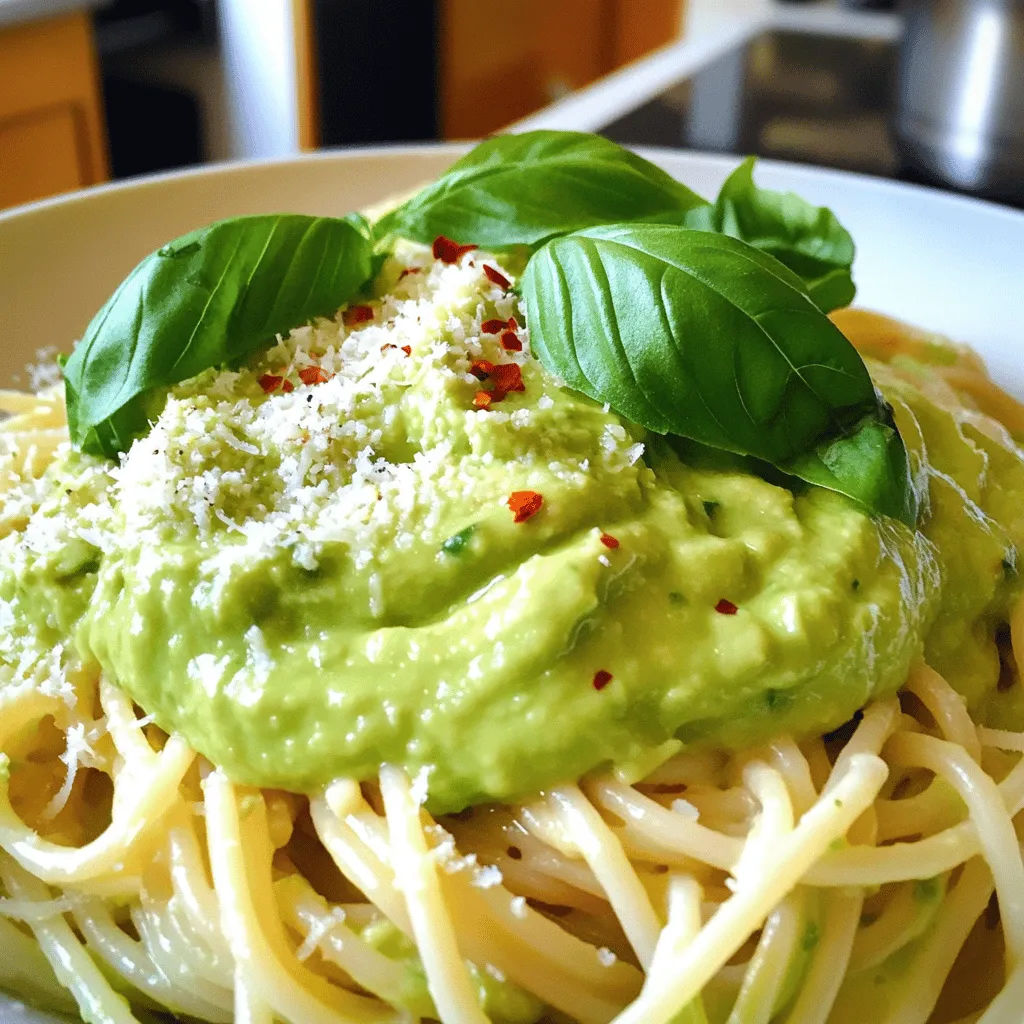 - 2 reife Avocados, entsteint und geschält - 2 Knoblauchzehen, fein gehackt - 225 g Spaghetti oder jede Pasta nach Wahl - 1/4 Tasse frische Basilikumblätter - 2 Esslöffel Zitronensaft - 1/4 Tasse Olivenöl - Salz und Pfeffer nach Geschmack - 1/4 Teelöffel rote Paprikaflocken (optional) - Geriebener Parmesan oder Nährhefe zum Bestreuen - Zusätzliche Basilikumblätter zur Dekoration Die Zutaten für cremige Avocado Pasta sind einfach und frisch. Du fängst mit reifen Avocados an. Diese bringen die Cremigkeit, die du suchst. Knoblauch sorgt für einen tollen Geschmack. Du kannst Spaghetti oder deine Lieblingspasta verwenden. Basilikum gibt der Sauce einen frischen Kick. Zitronensaft bringt die Aromen zusammen und macht das Gericht lebendig. Olivenöl sorgt für die richtige Konsistenz. Salz und Pfeffer sind wichtig. Sie heben die Aromen hervor. Rote Paprikaflocken geben einen kleinen Schärfekick, wenn du das magst. Für das Topping kannst du Parmesan oder Nährhefe verwenden. Beides verleiht einen herzhaften Geschmack. Zusätzliche Basilikumblätter machen das Gericht schön. Für das vollständige Rezept schau dir die [Full Recipe] an. - Bring einen großen Topf mit gesalzenem Wasser zum Kochen. - Füge die Spaghetti hinzu und koche sie gemäß den Packungsanweisungen al dente. - Hebe etwa eine halbe Tasse vom Nudelwasser auf, bevor du die Pasta abgießt. Das Nudelwasser hilft später bei der Sauce. - Gib die Avocados, den gehackten Knoblauch, die frischen Basilikumblätter, den Zitronensaft und das Olivenöl in die Küchenmaschine. - Mixe alles, bis die Masse glatt und cremig ist. Du möchtest eine schöne, samtige Textur. - Wenn die Sauce zu dick ist, füge langsam das aufbewahrte Nudelwasser hinzu, bis die gewünschte Konsistenz erreicht ist. - Probiere die Sauce und würze sie mit Salz, Pfeffer und falls gewünscht, mit roten Paprikaflocken für etwas Schärfe. - Vermenge die gekochte Pasta mit der cremigen Avocado-Sauce in einer großen Schüssel. - Rühre sanft um, bis die Pasta gut mit der Sauce bedeckt ist. Füge nach Bedarf mehr Nudelwasser hinzu. - Richte die cremige Avocado Pasta auf Tellern an. Du kannst sie mit zusätzlichen Basilikumblättern und etwas geriebenem Parmesan oder Nährhefe garnieren, wenn du magst. Für das vollständige Rezept, schau dir die Details im Full Recipe an. Nudelwasser ist der Schlüssel zur perfekten Sauce. Es hat Stärke, die die Sauce bindet. Wenn deine Sauce zu dick ist, füge etwas Nudelwasser hinzu. Das hilft, die richtige Konsistenz zu erreichen. Du kannst auch mehr Olivenöl verwenden, um die Sauce cremiger zu machen. Frische Zutaten machen den Unterschied. Verwende frisches Basilikum für den besten Geschmack. Es verleiht der Sauce ein tolles Aroma. Wähle reife Avocados, denn sie haben die beste cremige Textur. Eine reife Avocado ist leicht zu drücken und hat eine schöne grüne Farbe. Um Zeit zu sparen, bereite die Zutaten vorher vor. Hacke den Knoblauch und wasche das Basilikum im Voraus. Du kannst auch die Avocados schon am Morgen schälen. So bist du schneller bereit, die Pasta zu kochen. Außerdem kannst du die Sauce in weniger als zehn Minuten zubereiten. Das macht das Kochen einfach und schnell. Für das komplette Rezept schaue dir das [Full Recipe] an. {{image_4}} Ich liebe es, meiner cremigen Avocado Pasta einen zusätzlichen Geschmack zu geben. Du kannst Gemüse wie Spinat oder Erbsen hinzufügen. Diese Optionen bringen Farbe und Nährstoffe in das Gericht. Spinat sorgt für eine schöne grüne Farbe. Erbsen fügen eine süße Note hinzu. Beide machen die Pasta gesünder und schmackhafter. Proteinoptionen sind auch wichtig. Kichererbsen sind eine tolle Wahl für mehr Substanz. Sie machen das Gericht herzhaft und sättigend. Hühnchen ist eine weitere gute Option, wenn du Fleisch magst. Es passt gut zu der cremigen Sauce. Die Wahl der Pasta kann das Gericht verändern. Du kannst glutenfreie Pasta verwenden, wenn du Gluten vermeidest. Diese Pasta schmeckt ebenso gut mit der Avocado-Sauce. Probiere auch verschiedene Sorten wie Penne oder Fusilli. Jede Pasta hat ihren eigenen Charme. Penne hat eine tolle Form, um die Sauce zu halten. Fusilli hat viele kleine Windungen, die die Sauce einfangen. Wenn du eine vegane Version machen möchtest, ist das einfach. Ersetze Parmesan durch Nährhefe. Nährhefe gibt einen tollen, käsigen Geschmack. Es ist eine perfekte Wahl für Veganer. Du kannst auch das Olivenöl durch Avocadoöl ersetzen. Avocadoöl hat einen milden Geschmack und passt gut zu dieser Pasta. Es macht das Gericht noch cremiger und gesünder. Für das gesamte Rezept, schau bitte in die [Full Recipe]. Um die Reste deiner cremigen Avocado Pasta frisch zu halten, lagere sie im Kühlschrank. Verwende luftdichte Behälter oder Portionstaschen. So bleibt die Pasta gut geschützt. Die Reste sind bis zu drei Tage haltbar. Achte darauf, die Pasta nicht zu lange zu lagern, um den frischen Geschmack zu bewahren. Wenn du die Pasta aufwärmen möchtest, nutze eine Pfanne oder die Mikrowelle. Erhitze die Pasta langsam bei mittlerer Hitze. Füge etwas Olivenöl oder Nudelwasser hinzu, um die Sauce cremig zu halten. Vermeide hohe Temperaturen, da dies die Avocado-Sauce überhitzt und sie ungenießbar macht. So bleibt die Pasta lecker und frisch. Um cremige Avocado Pasta vegan zu machen, kannst du einfache Alternativen verwenden. Ersetze die Eiernudeln durch glutenfreie oder andere vegane Pasta. Für den Käse kannst du Nährhefe statt Parmesan nehmen. Olivenöl bleibt eine tolle Wahl. Es gibt viele verschiedene vegane Optionen, die du nutzen kannst. So bleibt der Geschmack frisch und lecker. Ja, du kannst die Avocado-Sauce im Voraus machen! Lagere sie in einem luftdichten Behälter. Achte darauf, sie gut abzudecken, um Luftkontakt zu vermeiden. So bleibt die grüne Farbe schön. Die Sauce hält sich im Kühlschrank etwa 1-2 Tage. Rühre sie vor dem Servieren gut durch. Ja, cremige Avocado Pasta ist gesund! Avocados sind reich an gesunden Fetten und Vitaminen. Sie enthalten Ballaststoffe und Antioxidantien. Pasta liefert dir Energie durch Kohlenhydrate. Diese Kombination ist nahrhaft und sättigend. Du kannst also ohne schlechtes Gewissen genießen! Es gibt viele kreative Rezepte mit Avocado! Du kannst zum Beispiel Avocado-Pesto für Spaghetti machen. Oder probiere Avocado in einer Nudelauflauf-Variante. Füge gebratenes Gemüse hinzu, um das Gericht aufzupeppen. Sei kreativ und experimentiere mit verschiedenen Pastasorten. Avocado passt gut zu vielen Gerichten! Die cremige Avocado Pasta bietet einen einfachen, gesunden Genuss. Du brauchst nur wenige Zutaten wie Avocados, Knoblauch und frische Kräuter. Die Anleitung führt dich durch das Kochen von Pasta und die Zubereitung der Sauce. Vergiss nicht, frische Zutaten zu wählen und optional Gemüse hinzuzufügen. Reste kannst du leicht im Kühlschrank aufbewahren. Du kannst sogar Varianten ausprobieren, um neue Geschmäcker zu entdecken. Mit diesen Tipps und Tricks gelingt dir jeder Versuch. Genieße deine köstliche Mahlzeit!