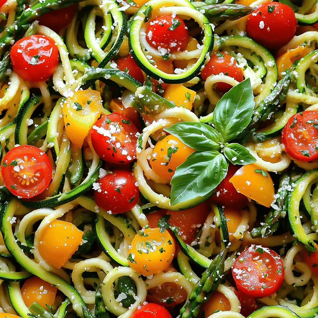 Für Burst Tomato Zoodle Primavera benötigst du folgende Hauptzutaten: - 4 mittelgroße Zucchini, spiralisiert zu Zoodles - 1 Tasse Kirschtomaten, halbiert - 1 rote Paprika, gewürfelt - 1 gelbe Paprika, gewürfelt - 1 Tasse Spargel, in 2,5 cm lange Stücke geschnitten - 2 Knoblauchzehen, fein gehackt Diese Zutaten geben deinem Gericht Farbe und Geschmack. Die Zucchini sind die Basis und die Kirschtomaten sorgen für die Frische. Für den richtigen Geschmack brauchst du auch einige Gewürze und Öle: - 3 Esslöffel Olivenöl - 1 Teelöffel getrocknete italienische Kräuter (Basilikum, Oregano, Thymian) - Salz und Pfeffer nach Geschmack Olivenöl bringt gesunde Fette ins Spiel. Die italienischen Kräuter verleihen dem Gericht eine aromatische Note. Wenn du dein Gericht noch besser machen möchtest, kannst du diese optionalen Zutaten hinzufügen: - Frische Basilikumblätter zur Garnitur - Geriebener Parmesan (optional zum Servieren) Frische Basilikumblätter machen das Gericht lebendig. Parmesan gibt einen herzhaften Kick und macht es noch leckerer. Diese Zutaten sind der Schlüssel zu einer gesunden Geschmacksexplosion. Du findest die vollständige Anleitung in der [Full Recipe]. Um Zucchini in Zoodles zu verwandeln, brauchen Sie einen Spiralschneider. Schneiden Sie die Zucchini in lange, dünne Streifen. Diese sehen aus wie Spaghetti! Legen Sie die Zoodles in ein Sieb und streuen Sie etwas Salz darüber. Das Salz zieht Feuchtigkeit heraus. Lassen Sie die Zoodles für etwa 10 Minuten ruhen. So werden sie nicht zu wässrig. Erhitzen Sie in einer großen Pfanne 2 Esslöffel Olivenöl bei mittlerer Hitze. Fügen Sie 2 fein gehackte Knoblauchzehen hinzu. Braten Sie den Knoblauch für etwa 30 Sekunden an, bis er duftet. Dann geben Sie 1 Tasse halbierte Kirschtomaten, 1 gewürfelte rote Paprika, 1 gewürfelte gelbe Paprika und 1 Tasse geschnittenen Spargel in die Pfanne. Streuen Sie 1 Teelöffel getrocknete italienische Kräuter darüber. Kochen Sie alles unter gelegentlichem Rühren für 5 bis 7 Minuten. Das Gemüse sollte weich sein. Die Tomaten beginnen zu platzen und geben ihren Saft frei. Trocknen Sie die Zoodles mit einem Papiertuch ab. Geben Sie die Zoodles in die Pfanne zu dem Gemüse. Fügen Sie den verbleibenden Esslöffel Olivenöl hinzu. Vermengen Sie alles vorsichtig und kochen Sie es für weitere 2 bis 3 Minuten. Die Zoodles sollten zart, aber noch bissfest sein. Würzen Sie das Gericht mit Salz und Pfeffer nach Geschmack. Lassen Sie es eine Minute ruhen, bevor Sie es servieren. Servieren Sie die Burst Tomato Zoodle Primavera heiß und garnieren Sie sie mit frischen Basilikumblättern. Parmesan kann optional hinzugefügt werden. Um die besten Zoodles zu machen, verwende frische Zucchini. Wähle feste und glänzende Zucchini aus. Ein Spiralschneider hilft dir, gleichmäßige Zoodles zu erhalten. Nach dem Spiralizieren streue etwas Salz über die Zoodles. Lass sie dann 10 Minuten in einem Sieb ruhen. So entziehst du der Zucchini überschüssige Flüssigkeit. Dies verhindert, dass deine Zoodles matschig werden. Würzen ist der Schlüssel zu diesem Gericht. Verwende getrocknete italienische Kräuter wie Basilikum, Oregano und Thymian. Sie verleihen deinem Gericht einen reichen Geschmack. Füge frisch gemahlenen Pfeffer hinzu, um mehr Tiefe zu erreichen. Du kannst auch etwas Zitronensaft für mehr Frische hinzufügen. Wenn du es würziger magst, probiere rote Pfefferflocken. Sie geben der Burst Tomato Zoodle Primavera einen kleinen Kick. Dieses Gericht ist perfekt für Meal Prep. Um die Frische zu bewahren, lagere die Zoodles getrennt vom Gemüse. So bleiben die Zoodles knackig. Verwende luftdichte Behälter, um alles aufzubewahren. Wenn du das Gericht aufwärmst, achte darauf, die Zoodles nur kurz zu erhitzen. So bleiben sie al dente und lecker. Du kannst die Burst Tomato Zoodle Primavera auch kalt genießen, wie einen Salat. {{image_4}} Du kannst viele verschiedene Gemüsesorten verwenden. Probiere Brokkoli, Karotten oder Zucchini. Diese Gemüsesorten bieten einen tollen Geschmack. Jedes Gemüse bringt seine eigene Note in das Gericht. Du kannst auch mit der Farbe spielen. Bunte Paprika machen das Essen schöner. Für mehr Protein füge Hühnchen oder Garnelen hinzu. Du kannst Hühnchen braten oder grillen. Garnelen kochen schnell und haben einen feinen Geschmack. Beide Optionen machen das Gericht sättigender. Achte darauf, sie gut zu würzen. Sie passen perfekt zu den Aromen der Tomaten und Zoodles. Wenn du vegan kochen möchtest, gibt es tolle Optionen. Ersetze das Hühnchen mit Tofu oder Kichererbsen. Beide sind proteinreich und lecker. Tofu kannst du würzen und anbraten. Kichererbsen bringen eine angenehme Textur. Diese Alternativen machen das Gericht nahrhaft und gesund. Für die vollständige Anleitung besuche die [Full Recipe]. Um Reste von Burst Tomato Zoodle Primavera frisch zu halten, lege sie in einen luftdichten Behälter. Achte darauf, dass das Gericht abgekühlt ist, bevor du es einpackst. So vermeidest du Kondenswasser, das die Zoodles weich macht. Stelle den Behälter in den Kühlschrank, wo die Reste bis zu drei Tage halten. Für das Einfrieren solltest du das Gericht zuerst gut abkühlen lassen. Teile es in Portionen und benutze gefriergeeignete Behälter oder Beutel. Achte darauf, so viel Luft wie möglich zu entfernen. Im Gefrierfach hält es bis zu zwei Monate. Wenn du bereit bist, es zu genießen, lasse es im Kühlschrank auftauen. Um die Reste wieder aufzuwärmen, benutze eine Pfanne bei mittlerer Hitze. Füge einen Spritzer Olivenöl hinzu, damit die Zoodles nicht kleben. Rühre das Gericht vorsichtig um, bis es durchgehend warm ist. Du kannst auch die Mikrowelle nutzen. Stelle sicher, dass du das Gericht in kurzen Intervallen aufwärmst, um die Zoodles knackig zu halten. Zoodles sind Zucchini, die wie Nudeln aussehen. Man macht sie mit einem Spiralschneider. Du schneidest die Zucchini in lange, dünne Streifen. Diese sehen aus wie Spaghetti. Du kannst sie dann roh oder gekocht essen. Um Zoodles zu machen, nimm einfach eine Zucchini und drehe sie im Spiralschneider. Es ist einfach und macht viel Spaß! Ja, du kannst viele andere Gemüsesorten verwenden! Du kannst Karotten, Süßkartoffeln oder Gurken nehmen. Sie haben einen ähnlichen Geschmack und eine gute Textur. Denke daran, das Gemüse in dünne Streifen zu schneiden, damit es gut kocht. So bleibt es knackig und frisch. Experimentiere mit deinen Lieblingsgemüsesorten und finde neue Kombinationen! Ja, Burst Tomato Zoodle Primavera ist kalorienarm! Zucchini hat wenige Kalorien und ist reich an Wasser. Die Kirschtomaten bringen noch mehr Geschmack und wenig Fett. Olivenöl gibt einen gesunden Fettanteil, was gut für dein Herz ist. Du kannst auch den Käse weglassen, um es noch leichter zu machen. Es ist eine gesunde Wahl für jedes Essen. Schau dir das [Full Recipe](#) an, um es selbst zu probieren! Du hast nun die Schritte zur Zubereitung von Burst Tomato Zoodle Primavera kennengelernt. Wir haben die Hauptzutaten, Gewürze und mögliche Ergänzungen besprochen. Außerdem hast du gelernt, wie man Zucchini in Zoodles verwandelt und das Gemüse perfekt anbrät. Nutze die Tipps für die beste Zoodle-Zubereitung und die Lagerung. Denk daran, Variationen sind der Schlüssel, um das Gericht spannend zu halten. Ob du es frisch genießt oder aufbewahrst, es bleibt lecker. Viel Spaß beim Ausprobieren deiner eigenen Version!