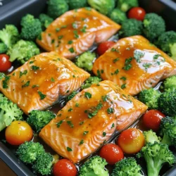 - 4 Lachsfilets (je etwa 170 g) - 60 ml Honig - 3 Knoblauchzehen, fein gehackt - 30 ml Sojasauce (oder Tamari für glutenfreie Option) - 15 ml Zitronensaft - 15 ml Olivenöl - 2 Tassen Brokkoliröschen - 1 Tasse Kirschtomaten, halbiert - Frische Petersilie, gehackt (zum Garnieren) Wenn ich One Pan Honey Garlic Salmon zubereite, beginne ich immer mit frischen, hochwertigen Zutaten. Der Lachs ist das Herzstück dieses Gerichts. Er ist zart und hat einen milden Geschmack. Honig bringt eine süße Note, die perfekt mit dem Knoblauch harmoniert. Ich liebe es, frischen Knoblauch zu verwenden, denn er gibt dem Gericht einen tollen Geschmack. Die Sojasauce fügt Tiefe hinzu. Wenn du glutenfrei bist, kannst du Tamari verwenden. Der Zitronensaft sorgt für eine frische Note und das Olivenöl macht alles schön saftig. Das Gemüse bringt Farbe und Nährstoffe auf den Teller. Brokkoli und Kirschtomaten sind ideale Begleiter. Ich garniere das Gericht oft mit frischer Petersilie. Sie gibt einen schönen Farbkontrast und einen frischen Geschmack. Wenn du die Zutaten in der richtigen Balance hältst, wirst du ein einfaches, aber köstliches Gericht zaubern. Du findest das komplette Rezept in der [Full Recipe]. Heizen Sie Ihren Ofen auf 200°C vor. Dies sorgt dafür, dass der Lachs gleichmäßig gart. In einer kleinen Schüssel mischen Sie den Honig, den gehackten Knoblauch, die Sojasauce, den Zitronensaft und das Olivenöl. Fügen Sie eine Prise Salz und Pfeffer hinzu. Diese Mischung wird Ihre Honig-Knoblauch-Sauce. Legen Sie ein Backblech mit Backpapier aus. Platzieren Sie die Lachsfilets gleichmäßig darauf. Gießen Sie die Hälfte der Honig-Knoblauch-Sauce über die Lachsfilets. Achten Sie darauf, dass jedes Filet gut bedeckt ist. Verteilen Sie die Brokkoliröschen und die halbierten Kirschtomaten um den Lachs. Träufeln Sie die verbleibende Sauce über das Gemüse und mischen Sie es vorsichtig. Backen Sie das Gericht 15-20 Minuten lang. Überprüfen Sie den Lachs, bis er durchgegart ist und leicht zerfällt. Das Gemüse sollte zart sein. Nehmen Sie das Blech aus dem Ofen und lassen Sie alles kurz ruhen. Garnieren Sie das Gericht mit frisch gehackter Petersilie. Servieren Sie den Lachs und das Gemüse direkt vom Blech auf warmen Tellern. Ein Spritzer frischer Zitrone bringt zusätzlichen Geschmack. Genießen Sie Ihr köstliches One Pan Honey Garlic Salmon! Um den perfekten Lachs zu bekommen, achte auf die Garzeit. Backe die Lachsfilets für 15-20 Minuten bei 200°C. Der Lachs ist fertig, wenn er leicht zerfällt. Die Farbe sollte ein helles Rosa sein, nicht blass oder trocken. Das Gemüse wird zart und behält seine Farbe. Du kannst verschiedene Süßungsmittel ausprobieren. Statt Honig kannst du Ahornsirup oder Agavendicksaft nutzen. Das ändert den Geschmack leicht, bleibt aber lecker. Wenn du es schärfer magst, füge etwas Chili oder Ingwer hinzu. Für eine fruchtige Note kannst du Orangensaft verwenden. Passende Beilagen machen das Essen noch besser. Probiere Reis, Quinoa oder einen frischen Salat. Diese Beilagen ergänzen den Lachs gut. Serviere alles direkt vom Blech. Ein Spritzer frischer Zitrone rundet das Gericht ab. Für eine vollständige Mahlzeit, kombiniere den Lachs mit gebratenem Gemüse oder Kartoffeln. Für das vollständige Rezept, schau dir die [Full Recipe] an. {{image_4}} Du kannst viele Gemüsearten verwenden, um das Gericht anzupassen. Brokkoli und Kirschtomaten sind toll, aber probiere auch andere. Im Frühling sind Spargel oder Zucchini frisch und lecker. Im Herbst sind Kürbis oder Karotten perfekt. Jedes Gemüse bringt seinen eigenen Geschmack mit. So bleibt dein Gericht spannend und bunt. Wenn du keinen Lachs magst, kannst du Hähnchen oder Tofu verwenden. Hähnchenbrust ist eine gute Wahl und hat einen milden Geschmack. Tofu ist ideal für eine vegetarische Option. Für Hähnchen backe es etwa 25 Minuten. Bei Tofu achte darauf, dass du es vorher gut mariniert hast. So bleibt es saftig und lecker. Füge neue Gewürze und Kräuter hinzu, um den Geschmack zu ändern. Zum Beispiel, frischer Dill oder Thymian passen gut zu Lachs. Du kannst auch Chili für etwas Schärfe verwenden. Experimentiere mit verschiedenen Saucen. Eine Teriyaki- oder BBQ-Sauce kann das Gericht verwandeln. Sei kreativ und finde deine Lieblingskombinationen! Für das vollständige Rezept, schau dir die Full Recipe an. Um die Reste von One Pan Honey Garlic Salmon richtig zu lagern, lege sie in einen luftdichten Behälter. Achte darauf, dass der Lachs und das Gemüse gut abgekühlt sind, bevor du sie in den Kühlschrank stellst. Die Reste bleiben bis zu drei Tage frisch. Stelle die Temperatur deines Kühlschranks auf 4°C oder kälter, um die Haltbarkeit zu sichern. Wenn du mehr Lachs hast, kannst du ihn einfrieren. Wickele die Reste gut in Frischhaltefolie und lege sie in einen Gefrierbeutel. Achte darauf, die Luft herauszudrücken, um Gefrierbrand zu vermeiden. Der Lachs kann bis zu drei Monate eingefroren werden. Zum Auftauen lege ihn über Nacht in den Kühlschrank oder tau ihn in kaltem Wasser auf. Diese Methoden helfen, den besten Geschmack zu erhalten. Um das Gericht wieder aufzuwärmen, benutze den Ofen. Heize ihn auf 175°C vor. Lege den Lachs und das Gemüse auf ein Backblech und wärme sie für etwa 10 Minuten. Alternativ kannst du die Mikrowelle verwenden. Stelle die Leistung auf mittel und erwärme das Gericht in kurzen Abständen, um Überhitzung zu vermeiden. Um Trockenheit zu verhindern, füge einen Spritzer Wasser oder Öl hinzu, bevor du das Gericht erwärmst. Backen Sie den Lachs im Ofen für 15 bis 20 Minuten. Die genaue Zeit hängt von der Dicke der Filets ab. Um sicherzustellen, dass der Lachs fertig ist, überprüfen Sie ihn mit einer Gabel. Wenn das Fleisch leicht zerfällt und nicht mehr glasig ist, ist es perfekt. Achten Sie darauf, dass die Innentemperatur etwa 63°C erreicht. So bleibt der Lachs saftig und zart. Ja, Sie können Honig ganz einfach ersetzen. Brauner Zucker, Agavendicksaft oder Ahornsirup sind gute Alternativen. Diese Süßungsmittel bringen unterschiedliche Aromen, die das Gericht bereichern. Brauner Zucker gibt eine tiefere Süße, während Ahornsirup eine angenehme Note hinzufügt. Experimentieren Sie, um Ihren Lieblingsgeschmack zu finden. Ja, dieses Rezept kann glutenfrei sein. Verwenden Sie Tamari anstelle von Sojasauce. Tamari ist eine glutenfreie Sojasauce, die gut schmeckt. Achten Sie darauf, auch glutenfreie Zutaten für das Gemüse und die Beilagen zu wählen. So bleibt das Gericht für alle geeignet. Lachs mit Honig und Knoblauch ist einfach zuzubereiten. Die Hauptzutaten sind Lachs, Honig und Knoblauch. Du hast außerdem gelernt, wie du Gemüse und Beilagen kombinierst. Die Tipps helfen dir, saftigen Lachs zu erhalten und das Gericht anzupassen. Variationen mit anderen Gemüsesorten oder Proteinen machen das Rezept flexibel. Die Lagerungshinweise garantieren Frische der Reste. Du kannst dieses Gericht leicht verändern und es bleibt lecker. Probiere es aus und genieße deine Mahlzeit!