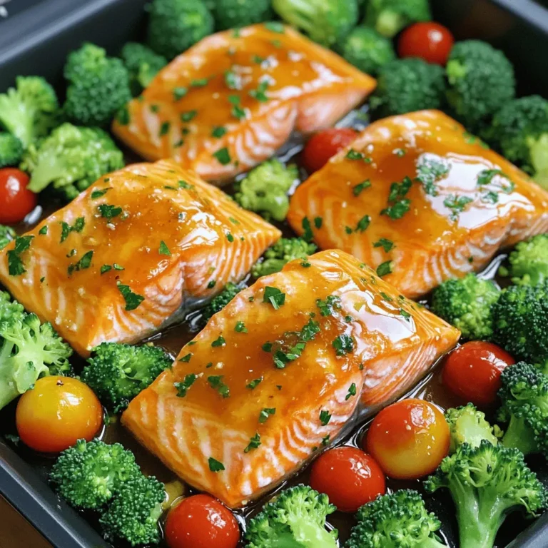 - 4 Lachsfilets (je etwa 170 g) - 60 ml Honig - 3 Knoblauchzehen, fein gehackt - 30 ml Sojasauce (oder Tamari für glutenfreie Option) - 15 ml Zitronensaft - 15 ml Olivenöl - 2 Tassen Brokkoliröschen - 1 Tasse Kirschtomaten, halbiert - Frische Petersilie, gehackt (zum Garnieren) Wenn ich One Pan Honey Garlic Salmon zubereite, beginne ich immer mit frischen, hochwertigen Zutaten. Der Lachs ist das Herzstück dieses Gerichts. Er ist zart und hat einen milden Geschmack. Honig bringt eine süße Note, die perfekt mit dem Knoblauch harmoniert. Ich liebe es, frischen Knoblauch zu verwenden, denn er gibt dem Gericht einen tollen Geschmack. Die Sojasauce fügt Tiefe hinzu. Wenn du glutenfrei bist, kannst du Tamari verwenden. Der Zitronensaft sorgt für eine frische Note und das Olivenöl macht alles schön saftig. Das Gemüse bringt Farbe und Nährstoffe auf den Teller. Brokkoli und Kirschtomaten sind ideale Begleiter. Ich garniere das Gericht oft mit frischer Petersilie. Sie gibt einen schönen Farbkontrast und einen frischen Geschmack. Wenn du die Zutaten in der richtigen Balance hältst, wirst du ein einfaches, aber köstliches Gericht zaubern. Du findest das komplette Rezept in der [Full Recipe]. Heizen Sie Ihren Ofen auf 200°C vor. Dies sorgt dafür, dass der Lachs gleichmäßig gart. In einer kleinen Schüssel mischen Sie den Honig, den gehackten Knoblauch, die Sojasauce, den Zitronensaft und das Olivenöl. Fügen Sie eine Prise Salz und Pfeffer hinzu. Diese Mischung wird Ihre Honig-Knoblauch-Sauce. Legen Sie ein Backblech mit Backpapier aus. Platzieren Sie die Lachsfilets gleichmäßig darauf. Gießen Sie die Hälfte der Honig-Knoblauch-Sauce über die Lachsfilets. Achten Sie darauf, dass jedes Filet gut bedeckt ist. Verteilen Sie die Brokkoliröschen und die halbierten Kirschtomaten um den Lachs. Träufeln Sie die verbleibende Sauce über das Gemüse und mischen Sie es vorsichtig. Backen Sie das Gericht 15-20 Minuten lang. Überprüfen Sie den Lachs, bis er durchgegart ist und leicht zerfällt. Das Gemüse sollte zart sein. Nehmen Sie das Blech aus dem Ofen und lassen Sie alles kurz ruhen. Garnieren Sie das Gericht mit frisch gehackter Petersilie. Servieren Sie den Lachs und das Gemüse direkt vom Blech auf warmen Tellern. Ein Spritzer frischer Zitrone bringt zusätzlichen Geschmack. Genießen Sie Ihr köstliches One Pan Honey Garlic Salmon! Um den perfekten Lachs zu bekommen, achte auf die Garzeit. Backe die Lachsfilets für 15-20 Minuten bei 200°C. Der Lachs ist fertig, wenn er leicht zerfällt. Die Farbe sollte ein helles Rosa sein, nicht blass oder trocken. Das Gemüse wird zart und behält seine Farbe. Du kannst verschiedene Süßungsmittel ausprobieren. Statt Honig kannst du Ahornsirup oder Agavendicksaft nutzen. Das ändert den Geschmack leicht, bleibt aber lecker. Wenn du es schärfer magst, füge etwas Chili oder Ingwer hinzu. Für eine fruchtige Note kannst du Orangensaft verwenden. Passende Beilagen machen das Essen noch besser. Probiere Reis, Quinoa oder einen frischen Salat. Diese Beilagen ergänzen den Lachs gut. Serviere alles direkt vom Blech. Ein Spritzer frischer Zitrone rundet das Gericht ab. Für eine vollständige Mahlzeit, kombiniere den Lachs mit gebratenem Gemüse oder Kartoffeln. Für das vollständige Rezept, schau dir die [Full Recipe] an. {{image_4}} Du kannst viele Gemüsearten verwenden, um das Gericht anzupassen. Brokkoli und Kirschtomaten sind toll, aber probiere auch andere. Im Frühling sind Spargel oder Zucchini frisch und lecker. Im Herbst sind Kürbis oder Karotten perfekt. Jedes Gemüse bringt seinen eigenen Geschmack mit. So bleibt dein Gericht spannend und bunt. Wenn du keinen Lachs magst, kannst du Hähnchen oder Tofu verwenden. Hähnchenbrust ist eine gute Wahl und hat einen milden Geschmack. Tofu ist ideal für eine vegetarische Option. Für Hähnchen backe es etwa 25 Minuten. Bei Tofu achte darauf, dass du es vorher gut mariniert hast. So bleibt es saftig und lecker. Füge neue Gewürze und Kräuter hinzu, um den Geschmack zu ändern. Zum Beispiel, frischer Dill oder Thymian passen gut zu Lachs. Du kannst auch Chili für etwas Schärfe verwenden. Experimentiere mit verschiedenen Saucen. Eine Teriyaki- oder BBQ-Sauce kann das Gericht verwandeln. Sei kreativ und finde deine Lieblingskombinationen! Für das vollständige Rezept, schau dir die Full Recipe an. Um die Reste von One Pan Honey Garlic Salmon richtig zu lagern, lege sie in einen luftdichten Behälter. Achte darauf, dass der Lachs und das Gemüse gut abgekühlt sind, bevor du sie in den Kühlschrank stellst. Die Reste bleiben bis zu drei Tage frisch. Stelle die Temperatur deines Kühlschranks auf 4°C oder kälter, um die Haltbarkeit zu sichern. Wenn du mehr Lachs hast, kannst du ihn einfrieren. Wickele die Reste gut in Frischhaltefolie und lege sie in einen Gefrierbeutel. Achte darauf, die Luft herauszudrücken, um Gefrierbrand zu vermeiden. Der Lachs kann bis zu drei Monate eingefroren werden. Zum Auftauen lege ihn über Nacht in den Kühlschrank oder tau ihn in kaltem Wasser auf. Diese Methoden helfen, den besten Geschmack zu erhalten. Um das Gericht wieder aufzuwärmen, benutze den Ofen. Heize ihn auf 175°C vor. Lege den Lachs und das Gemüse auf ein Backblech und wärme sie für etwa 10 Minuten. Alternativ kannst du die Mikrowelle verwenden. Stelle die Leistung auf mittel und erwärme das Gericht in kurzen Abständen, um Überhitzung zu vermeiden. Um Trockenheit zu verhindern, füge einen Spritzer Wasser oder Öl hinzu, bevor du das Gericht erwärmst. Backen Sie den Lachs im Ofen für 15 bis 20 Minuten. Die genaue Zeit hängt von der Dicke der Filets ab. Um sicherzustellen, dass der Lachs fertig ist, überprüfen Sie ihn mit einer Gabel. Wenn das Fleisch leicht zerfällt und nicht mehr glasig ist, ist es perfekt. Achten Sie darauf, dass die Innentemperatur etwa 63°C erreicht. So bleibt der Lachs saftig und zart. Ja, Sie können Honig ganz einfach ersetzen. Brauner Zucker, Agavendicksaft oder Ahornsirup sind gute Alternativen. Diese Süßungsmittel bringen unterschiedliche Aromen, die das Gericht bereichern. Brauner Zucker gibt eine tiefere Süße, während Ahornsirup eine angenehme Note hinzufügt. Experimentieren Sie, um Ihren Lieblingsgeschmack zu finden. Ja, dieses Rezept kann glutenfrei sein. Verwenden Sie Tamari anstelle von Sojasauce. Tamari ist eine glutenfreie Sojasauce, die gut schmeckt. Achten Sie darauf, auch glutenfreie Zutaten für das Gemüse und die Beilagen zu wählen. So bleibt das Gericht für alle geeignet. Lachs mit Honig und Knoblauch ist einfach zuzubereiten. Die Hauptzutaten sind Lachs, Honig und Knoblauch. Du hast außerdem gelernt, wie du Gemüse und Beilagen kombinierst. Die Tipps helfen dir, saftigen Lachs zu erhalten und das Gericht anzupassen. Variationen mit anderen Gemüsesorten oder Proteinen machen das Rezept flexibel. Die Lagerungshinweise garantieren Frische der Reste. Du kannst dieses Gericht leicht verändern und es bleibt lecker. Probiere es aus und genieße deine Mahlzeit!