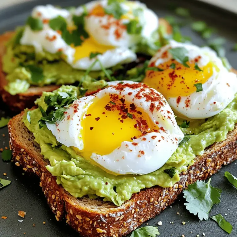 Für Spicy Avocado Egg Toast brauchen Sie: - 2 reife Avocados - 4 Scheiben Vollkornbrot - 4 große Eier - 1 kleine rote Chili, fein gehackt - 1 Esslöffel Limettensaft - Salz und Pfeffer nach Geschmack - 1 Teelöffel geräuchertes Paprikapulver - Frischer Koriander zur Garnitur (optional) - Chiliflocken (optional, für zusätzliche Schärfe) Wählen Sie reife Avocados, die bei leichtem Druck nachgeben. Die Haut sollte glatt und grün sein. Vermeiden Sie dunkle Stellen oder Dellen. Sie können auch die Stielkappe entfernen. Ist der Bereich grün, ist die Avocado frisch. Ist er braun, ist die Frucht überreif. Wenn Sie keine Avocados haben, greifen Sie zu Hummus oder Erbsenpüree. Für das Brot können Sie Ciabatta oder Sauerteigbrot verwenden. Anstelle von großen Eiern, verwenden Sie Eier aus Freilandhaltung oder sogar pflanzliche Alternativen wie Tofu. Beginne mit dem Rösten des Vollkornbrots. Du kannst einen Toaster oder eine Grillpfanne verwenden. Röste die Scheiben, bis sie goldbraun sind. Dies macht das Brot knusprig und lecker. Knuspriges Brot ist die perfekte Basis für dein Avocado-Gemisch. Nimm zwei reife Avocados und schneide sie in der Mitte auf. Entferne den Kern und krätze das Fruchtfleisch in eine Schüssel. Zerdrücke die Avocados mit einer Gabel. Achte darauf, dass die Mischung cremig, aber stückig bleibt. Füge dann Limettensaft, gehackte Chili, Paprikapulver, Salz und Pfeffer hinzu. Rühre die Mischung gut um. Probiere sie und passe den Geschmack an. Um die Eier zu pochieren, bringe Wasser in einem kleinen Topf zum Köcheln. Schlage jedes Ei in eine kleine Schüssel auf. Lass das Ei vorsichtig in das simmernde Wasser gleiten. Pochiere die Eier für 3 bis 4 Minuten. Das Eiweiß sollte fest sein, der Dotter bleibt flüssig. Hebe die Eier mit einem Schaum- oder Sieblöffel heraus und lass sie auf Küchenpapier abtropfen. Jetzt hast du alle Schritte, um einen perfekten Spicy Avocado Egg Toast zuzubereiten. Für die vollständige Zubereitung, schaue dir das Full Recipe an. Ein häufiger Fehler ist, die Avocado zu lange zu zerdrücken. Halten Sie die Konsistenz leicht stückig. So bleibt der Geschmack frisch und lecker. Auch zu viel Limettensaft kann die Avocado überdecken. Fügen Sie ihn langsam hinzu und probieren Sie immer wieder. Die Avocado sollte reif, aber nicht überreif sein. Drücken Sie leicht auf die Schale, um die Reife zu prüfen. Wenn sie leicht nachgibt, ist sie perfekt. Zerdrücken Sie die Avocado mit einer Gabel, bis sie cremig, aber noch stückig ist. So bleibt die Textur interessant. Die Schärfe ist ganz nach Ihrem Geschmack. Wenn Sie es milder mögen, reduzieren Sie die Menge der Chili. Für mehr Schärfe können Sie Chiliflocken hinzufügen. Experimentieren Sie mit verschiedenen Chilisorten für neue Geschmäcker. So wird Ihr Spicy Avocado Egg Toast immer spannend. Für die vollständige Anleitung und Zutatenliste, schauen Sie sich das [Full Recipe] an. {{image_4}} Wenn Sie ein vegetarisches Gericht möchten, können Sie den Ei-Ersatz verwenden. Zum Beispiel, probieren Sie ein weichgekochtes oder geräuchertes Tofu. Es fügt eine ähnliche Textur hinzu. Fügen Sie auch einige frische Tomaten oder Spinatblätter hinzu. Sie bringen Farbe und Geschmack. Um mehr Protein hinzuzufügen, können Sie Hummus oder Kichererbsen verwenden. Beide sind lecker und gesund. Sie passen gut zu Avocado und Brot. Eine andere Option ist, Feta-Käse darüber zu bröseln. Das gibt einen salzigen Geschmack, der gut harmoniert. Die Wahl des Brotes macht viel aus. Sie können Vollkornbrot verwenden, wie im Rezept. Aber auch Sauerteig- oder Roggenbrot sind großartige Optionen. Diese Brote haben einen starken Geschmack. Sie geben Ihrem Toast mehr Tiefe. Probieren Sie auch glutenfreies Brot, wenn Sie das möchten. So kann jeder diesen Genuss erleben. Für das vollständige Rezept besuchen Sie bitte den Abschnitt "Spicy Avocado Egg Toast". Wenn du Reste von deinem Spicy Avocado Egg Toast hast, lagere sie in einem luftdichten Behälter. So bleiben die Aromen frisch. Stelle den Behälter in den Kühlschrank. Die Reste sind dort für ein bis zwei Tage haltbar. Du kannst die Toasts einfach aufwärmen, aber die Avocado kann sich dabei etwas verfärben. Hast du die Avocado nicht ganz verbraucht? Dann lege die übrig gebliebene Hälfte in eine Schüssel. Träufle etwas Limettensaft darauf. Dies hilft, die Avocado frisch zu halten. Decke die Schüssel mit Frischhaltefolie ab. So bleibt die Avocado zwei Tage haltbar. Alternativ kannst du die Avocado auch in einem Behälter mit Zwiebelstücken lagern. Das verhindert die Oxidation. Die fertigen Toasts mit Avocado und Ei sind am besten frisch. Wenn du sie jedoch aufbewahren musst, halte sie getrennt. Lagere das Brot und die Avocado-Mischung in separaten Behältern. So bleiben die Toasts knusprig und die Avocado frisch. Sie sind im Kühlschrank einen Tag lang haltbar. Erwärme die Toasts im Toaster oder im Ofen, um die Knusprigkeit wiederherzustellen. Um das beste pochierte Ei zu machen, braucht es nur ein paar Schritte. Zuerst bringe Wasser in einem kleinen Topf zum Simmern. Füge einen Schuss Essig hinzu, um das Ei zu binden. Schlage das Ei in eine kleine Schüssel auf. Lass das Ei sanft ins Wasser gleiten. Pochiere das Ei für etwa drei bis vier Minuten. Du willst, dass das Eiweiß fest ist, aber der Dotter flüssig bleibt. Hebe das Ei mit einem Schaum- oder Sieblöffel heraus und lasse es auf Küchenpapier abtropfen. So verhinderst du eine matschige Textur. Ja, du kannst die Avocado im Voraus zubereiten. Zerdrücke die Avocado wie im Rezept beschrieben. Um die Avocado frisch zu halten, füge etwas Limettensaft hinzu. Das verhindert, dass sie braun wird. Bewahre die Mischung in einem luftdichten Behälter im Kühlschrank auf. Sie bleibt so für ein bis zwei Tage frisch. Wenn du bereit bist, deinen Toast zu machen, rühre die Mischung erneut gut durch, um die Frische zurückzubringen. Avocados sind sehr gesund und nahrhaft. Sie enthalten viele gesunde Fette. Diese Fette helfen, das Herz gesund zu halten. Avocados sind reich an Ballaststoffen, was gut für die Verdauung ist. Sie sind auch voll von Vitaminen, wie Vitamin K und E. Diese Vitamine stärken das Immunsystem. Zudem enthalten sie Mineralstoffe, wie Kalium, die den Blutdruck regulieren können. Regelmäßiger Verzehr von Avocados kann helfen, das Risiko von Herzkrankheiten zu senken. Das macht sie zu einer großartigen Wahl für dein Spicy Avocado Egg Toast. Dieses Rezept für Avocado-Toast bietet frische Zutaten und einfache Schritte. Wir haben Tipps zur Auswahl toller Avocados und auch für Ersatzprodukte. Die Anleitung zum Toasten des Brotes sowie zum Zubereiten der Eier zeigt, wie leicht es ist. Denken Sie daran, häufige Fehler bei der Avocadozubereitung zu vermeiden. Variieren Sie das Rezept nach Lust und Laune. Beachten Sie auch, wie man Reste und die Haltbarkeit optimal verwaltet. Genießen Sie gesunde und leckere Avocado-Toasts in vielen Varianten!