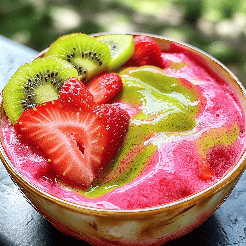 - Erdbeeren: Frische, geputzte und in Scheiben geschnitten. Diese Beeren bringen eine süße und frische Note. - Kiwis: Reif und grob gehackt. Sie fügen eine angenehme Säure hinzu, die perfekt zu den Erdbeeren passt. - Matcha-Grünteepulver: Dieses Pulver hat einen leicht bitteren Geschmack, der den süßen Früchten eine tolle Tiefe verleiht. Es ist auch voll von Antioxidantien. - Süßungsmittel: Honig oder Ahornsirup. Diese natürlichen Süßstoffe helfen, die Aromen auszugleichen und den Geschmack zu intensivieren. Die richtige Kombination dieser Zutaten macht das Erdbeer Kiwi Matcha Freeze besonders lecker. Sie können die Süße anpassen, je nachdem, wie süß Ihre Früchte sind. Wenn Sie mehr über die Zubereitung erfahren möchten, sehen Sie sich das Full Recipe an. Zuerst müssen wir die Früchte vorbereiten. Nimm die Erdbeeren und schneide sie in kleine Stücke. Die Kiwis schälst du und hackst sie grob. Diese frischen Früchte bringen viel Geschmack. Jetzt füge das Kokoswasser und den Limettensaft hinzu. Das Kokoswasser gibt eine schöne Frische. Der Limettensaft macht die Mischung spritzig. Jetzt kommt der spannende Teil! Gib die vorbereiteten Früchte in einen Mixer. Stelle den Mixer auf hohe Geschwindigkeit. Mixe alles gut, bis es eine glatte Mischung ist. Wenn du siehst, dass die Wände des Mixbehälters voll sind, kratze sie mit einem Spatel ab. So hast du alles gut vermischt. Jetzt kommt das Matcha-Grünteepulver ins Spiel. Füge es zur Mischung hinzu. Pulsieren ist hier wichtig, damit sich das Matcha gut verteilt. Du kannst auch die Süße nach deinem Geschmack anpassen. Wenn du mehr Süße möchtest, füge etwas Honig oder Ahornsirup hinzu. Gieße die Mischung in Eiswürfelformen. Wenn du Silikonformen verwendest, setze die Stecker ein. Lasse die Mischung für mindestens 4-6 Stunden im Gefrierfach. So wird sie schön fest. Achte darauf, dass die Mischung gut gefriert. Bevor du servierst, lasse die Mischung einige Minuten bei Raumtemperatur stehen. So taut sie leicht an und ist leichter zu lösen. Du kannst sie in einer gekühlten Schüssel servieren oder am Stiel. Garniere das Freeze mit frischen Erdbeeren oder Kiwi-Scheiben. Das sieht toll aus und schmeckt lecker! Siehe auch das [Full Recipe], um alle Schritte noch einmal nachzulesen. Um die beste Konsistenz zu erreichen, mixe die Zutaten gut. Achte darauf, dass die Mischung schön glatt wird. Wenn du klumpigen Matcha vermeiden willst, füge ihn nach dem Mixen hinzu. Pulsieren hilft, Matcha gleichmäßig zu verteilen. Bei Bedarf kannst du auch etwas mehr Kokoswasser hinzufügen, falls die Mischung zu dick erscheint. Wenn du eine vegane Option suchst, kannst du Honig durch Ahornsirup ersetzen. Das gibt dem Freeze einen tollen Geschmack. Du kannst auch mit anderen Früchten experimentieren. Mango oder Banane fügen süße Noten hinzu. Einfach die Erdbeeren oder Kiwis teilweise ersetzen. So kannst du deinen eigenen Twist kreieren. Die Präsentation macht viel aus. Du kannst das Freeze mit frischen Erdbeeren oder Kiwi-Scheiben garnieren. Das sieht toll aus und schmeckt frisch. Essbare Blumen oder Kräuter wie Minze sind auch eine schöne Idee. Sie geben nicht nur Farbe, sondern auch frischen Geschmack. So wird dein Erdbeer Kiwi Matcha Freeze zum echten Hingucker! {{image_4}} Sie können die Erdbeeren und Kiwis nach Belieben anpassen. Bananen geben eine süße Note. Mangos fügen eine tropische Frische hinzu. Beide Früchte ergänzen den Geschmack und die Textur. Eine weitere Möglichkeit ist die Verwendung gefrorener Früchte. So sparen Sie Zeit und erhalten eine kühle, erfrischende Mischung. Gefrorene Erdbeeren oder Kiwis sind einfach zu finden und perfekt für diese Rezeptur. Wenn Sie eine andere Geschmacksrichtung möchten, probieren Sie grünen Tee oder Ingwer anstelle von Matcha. Beide Optionen verleihen dem Freeze eine einzigartige Note. Wenn Sie den Süßstoff anpassen möchten, können Sie Honig durch Agavendicksaft ersetzen. Alternativ können Sie auch Stevia nutzen, um das Rezept zu süßen. Das Erdbeer-Kiwi-Matcha-Freeze lässt sich leicht anpassen. Für ein smoothie-ähnliches Getränk fügen Sie mehr Kokoswasser hinzu. So wird es dünner und erfrischender. Wenn Sie es als gefrorenes Dessert servieren möchten, verwenden Sie weniger Flüssigkeit. Lassen Sie die Mischung länger im Gefrierfach, um eine festere Konsistenz zu erreichen. Sie können es auch in Schalen oder am Stiel servieren. Um das Erdbeer Kiwi Matcha Freeze frisch zu halten, friere es in einem luftdichten Behälter ein. So bleibt der Geschmack erhalten. Achte darauf, die Mischung gut zu verschließen. Das schützt sie vor Gerüchen und Frostschutzmittel. Die Haltbarkeit beträgt bis zu drei Monate. Nach dieser Zeit kann der Geschmack leicht nachlassen. Überprüfe den Zustand vor dem Servieren, um sicherzustellen, dass es noch gut ist. Das Erdbeer Kiwi Matcha Freeze ist ein schneller Snack. Es eignet sich auch gut als leichte Mahlzeit. Du kannst es direkt aus dem Gefrierfach genießen. Außerdem kannst du es in Smoothies oder Bowls nutzen. Einfach ein paar Stücke hinzufügen, um deinen Getränken eine fruchtige Note zu geben. Das macht sie noch gesünder und leckerer. Für die Aufbewahrung gibt es verschiedene Methoden. Du kannst das Freeze in Portionen kühlen. So hast du immer einen schnellen Snack zur Hand. Eine andere Möglichkeit ist die Nutzung von Silikonformen oder Beuteln. Diese sind ideal, um Platz im Gefrierfach zu sparen. Sie lassen sich leicht füllen und wieder verschließen. Das Erdbeer-Kiwi-Matcha-Freeze kann bis zu drei Monate im Gefrierfach bleiben. Lagern Sie es in einem luftdichten Behälter oder in Gefrierbeuteln. So bleibt es frisch und lecker. Es ist wichtig, die Mischung gut abzudecken, um Frostbildung zu vermeiden. Ja, Sie können andere Früchte verwenden. Mango, Banane oder sogar Pfirsiche passen gut. Experimentieren Sie mit verschiedenen Kombinationen. Achten Sie darauf, die Menge der Flüssigkeit anzupassen, wenn Sie neue Früchte hinzufügen. So bleibt die Konsistenz gleich. Matcha ist sehr gesund. Es enthält Antioxidantien, die gut für Ihren Körper sind. Matcha kann den Stoffwechsel ankurbeln und gibt Ihnen Energie. Zudem hat es weniger Koffein als Kaffee. Es ist eine tolle Wahl für einen gesunden Lebensstil. Sie finden die Zutaten in jedem Supermarkt. Frische Erdbeeren und Kiwis gibt es oft in der Obstabteilung. Matcha-Pulver können Sie in Teegeschäften oder online kaufen. Kokoswasser ist auch in vielen Geschäften erhältlich. Achten Sie auf frische und hochwertige Produkte. Um das Rezept zuckerfrei zu machen, verwenden Sie natürliche Süßstoffe. Stevia oder Erythrit sind gute Alternativen. Achten Sie darauf, die Menge anzupassen, damit es nicht zu süß wird. Sie können auch die Süße der Früchte nutzen, um den Geschmack zu verbessern. Dieses Rezept für Erdbeer-Kiwi-Matcha-Freeze ist einfach und lecker. Du hast frische Früchte gemixt, Matcha hinzugefügt und die perfekte Konsistenz erzielt. Mit Werkzeugen und kreativen Ideen hast du tolle Präsentationen geschaffen. Variiere die Zutaten nach deinem Geschmack und bewahre die Mischung im Gefrierfach auf. So hast du stets einen gesunden Snack parat. Probiere es aus und genieße die gesunden Vorteile dieser erfrischenden Mischung!