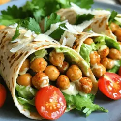 Um die krossen Kichererbsen Caesar Wraps zuzubereiten, brauchst du folgende Zutaten: - 1 Dose (425 g) Kichererbsen, gut abgespült und abgetropft - 2 Esslöffel Olivenöl - 1 Teelöffel Knoblauchpulver - 1 Teelöffel geräuchertes Paprikapulver - Salz und Pfeffer nach Geschmack - 4 große Vollkorn-Tortillas - 2 Tassen Romanasalat, grob gehackt - 1/4 Tasse Parmesan, gerieben (oder Nährhefe für eine vegane Variante) - 1/3 Tasse Caesar-Dressing (selbstgemacht oder aus dem Handel) - 1/4 Tasse Kirschtomaten, halbiert (optional) - Frische Petersilie, zur Garnitur (optional) Diese Zutaten helfen dir, die Wraps schnell und einfach zu machen. Kichererbsen sind reich an Protein und Ballaststoffen. Das macht die Wraps gesund und sättigend. Um den Wraps einen besonderen Touch zu geben, kannst du einige zusätzliche Zutaten verwenden: - Frische Petersilie - Kirschtomaten - Weitere Dressings nach Wahl Diese Zutaten bringen frische Aromen und Farbe auf den Teller. Die Petersilie verleiht einen schönen Kontrast zur knusprigen Textur der Kichererbsen. Wenn du eine vegane Option bevorzugst, gibt es einfache Alternativen: - Ersetze den Parmesan durch Nährhefe. Sie bringt einen ähnlichen Käsegeschmack. - Wähle ein veganes Caesar-Dressing. Viele Marken bieten tolle Optionen an. Mit diesen Zutaten und Alternativen kannst du deine krossen Kichererbsen Caesar Wraps anpassen. Du wirst sehen, dass die Vielfalt der Zutaten den Wraps einen neuen Charakter verleiht. Probiere die verschiedenen Optionen aus und finde deinen eigenen Favoriten! Zuerst heize deinen Ofen auf 200°C vor. Nimm eine Dose Kichererbsen und spüle sie gut ab. Lass sie abtropfen, damit sie trocken werden. In einer Schüssel mische die Kichererbsen mit Olivenöl, Knoblauchpulver, geräuchertem Paprikapulver, Salz und Pfeffer. Mische alles gut, bis die Kichererbsen gleichmäßig bedeckt sind. Verteile die Kichererbsen auf einem Backblech in einer einzigen Schicht. Röste sie 25-30 Minuten lang, bis sie knusprig sind. Denk daran, das Blech nach der Hälfte der Zeit zu schütteln, damit alles gleichmäßig röstet. Während die Kichererbsen im Ofen sind, kannst du die Wraps vorbereiten. Nimm eine große Schüssel und füge Romanasalat, geriebenen Parmesan und Caesar-Dressing hinzu. Mische alles gut, bis der Salat gleichmäßig mit dem Dressing bedeckt ist. So wird jeder Bissen voller Geschmack. Sobald die Kichererbsen knusprig sind, nimm sie aus dem Ofen und lasse sie kurz abkühlen. Lege eine Tortilla flach auf die Arbeitsfläche. Gib eine großzügige Portion der Salatmischung in die Mitte. Füge eine Handvoll der knusprigen Kichererbsen und optional Kirschtomaten hinzu. Falte die Seiten der Tortilla nach innen und rolle sie von der Unterseite auf. Wiederhole den Vorgang mit den restlichen Tortillas. Für einen besonderen Touch kannst du die Wraps diagonal halbieren und mit Zahnstochern fixieren. Garniere sie nach Belieben mit frischer Petersilie. Dann kannst du die Wraps servieren und die knusprige Textur genießen. Für das vollständige Rezept, schau dir den Abschnitt "Full Recipe" an. Um perfekte knusprige Kichererbsen zu erhalten, ist die Vorbereitung wichtig. Spülen Sie die Kichererbsen gut ab und lassen Sie sie gründlich abtropfen. Überschüssige Feuchtigkeit macht die Kichererbsen weich. Nach dem Abtropfen tupfen Sie sie mit einem Küchentuch trocken. Das hilft, die Knusprigkeit zu steigern. Dann würzen Sie sie gut mit Olivenöl und Gewürzen. Verteilen Sie sie gleichmäßig auf dem Backblech, damit sie gleichmäßig rösten. Rühren Sie die Kichererbsen nach der Hälfte der Backzeit um. So werden sie rundum knusprig. Wenn Sie etwas Abwechslung möchten, probieren Sie verschiedene Dressings. Ein einfaches Joghurt-Dressing bringt Frische. Mischen Sie dazu Naturjoghurt mit Zitronensaft, Knoblauch und etwas Salz. Für eine vegane Option verwenden Sie Tahini oder Avocado. Beide Optionen sorgen für eine cremige Textur. Sie können auch andere Kräuter wie Basilikum oder Schnittlauch hinzufügen. Diese bringen zusätzliche Aromen und machen das Gericht interessanter. Servieren Sie Ihre Wraps mit frischen Beilagen. Ein einfacher grüner Salat ergänzt die Wraps gut. Für einen kleinen Crunch fügen Sie Nüsse oder Samen hinzu. Wenn Sie möchten, können Sie auch eine fruchtige Salsa machen. Diese bringt eine süße Note und Farbe auf den Teller. Denken Sie daran, die Wraps leicht warm zu servieren. So bleibt die Füllung frisch und die Kichererbsen knusprig. Sie können das gesamte Gericht mit frischer Petersilie garnieren. Das gibt nicht nur Farbe, sondern auch einen frischen Geschmack. Für das vollständige Rezept, schauen Sie sich den Abschnitt „Full Recipe“ an. {{image_4}} Wenn du glutenfreie Wraps suchst, kannst du Reis- oder Mais-Tortillas verwenden. Diese Alternativen sind leicht zu finden und schmecken gut. Sie halten die Füllung gut und machen das Gericht einfach. Achte darauf, dass die Tortillas wirklich glutenfrei sind. Überprüfe die Zutatenliste, um sicher zu sein. Möchtest du mehr Protein in deinen Wraps? Füge gegrilltes Hähnchen oder Tofu hinzu. Du kannst auch Kichererbsen mit Quinoa mischen. So bekommst du eine nahrhafte und sättigende Mahlzeit. Eine andere gute Option sind Bohnen. Sie passen gut zu den Kichererbsen und bringen neuen Geschmack. Für mehr Geschmack kannst du zusätzliche Zutaten hinzufügen. Probiere Avocado für Cremigkeit. Chili-Flocken geben einen scharfen Kick. Du kannst auch geröstete Nüsse für Crunch verwenden. Frische Kräuter wie Basilikum oder Koriander bringen Frische und sind sehr lecker. Diese Extras machen deine Krosse Kichererbsen Caesar Wraps einzigartig und aufregend. Wenn Sie Wraps übrig haben, bewahren Sie sie in einem luftdichten Behälter auf. Legen Sie ein Blatt Küchenpapier zwischen die Wraps. So bleibt die knusprige Textur der Kichererbsen erhalten. Sie können die Wraps bis zu drei Tage im Kühlschrank aufbewahren. Vor dem Servieren können Sie sie kurz in der Pfanne erwärmen, um die Knusprigkeit wiederherzustellen. Um Kichererbsen und Wraps einzufrieren, lassen Sie die Kichererbsen vollständig abkühlen. Dann geben Sie sie in einen gefrierfesten Beutel oder Behälter. Sie halten bis zu drei Monate im Gefrierfach. Für die Wraps wickeln Sie sie in Frischhaltefolie ein und legen sie in einen Beutel. Sie können die Wraps ebenfalls bis zu drei Monate aufbewahren. Zum Auftauen einfach über Nacht in den Kühlschrank legen. Verwenden Sie Reste kreativ! Kichererbsen können in Salaten, Suppen oder als Snack dienen. Mischen Sie sie in einer Pfanne mit Gewürzen für ein schnelles Gericht. Die Wraps können auch aufgeschnitten und als Basis für einen Salat verwendet werden. So haben Sie eine neue Mahlzeit mit wenig Aufwand. Die knusprigen Kichererbsen sind bei Zimmertemperatur etwa drei Tage haltbar. Lagern Sie sie in einem luftdichten Behälter. Achten Sie darauf, dass sie nicht weich werden. Für längere Haltbarkeit können Sie sie im Kühlschrank aufbewahren, jedoch verlieren sie dann ihre Knusprigkeit. Ja, Kichererbsen aus der Dose sind perfekt für dieses Rezept. Sie sparen Zeit und sind einfach zu verwenden. Spülen Sie die Kichererbsen gut ab, um überschüssiges Natrium zu entfernen. Dadurch werden sie auch etwas trockener, was die Knusprigkeit beim Rösten verbessert. Wenn Sie keinen Parmesan haben, gibt es viele Alternativen. Nährhefe ist eine tolle vegane Option. Sie hat einen ähnlichen Geschmack und ist nahrhaft. Auch Feta oder ein anderer Hartkäse können gut passen. Experimentieren Sie mit verschiedenen Käsesorten, um Ihren eigenen Geschmack zu finden. Krosse Kichererbsen Caesar Wraps sind einfach zu machen und sehr lecker. In diesem Artikel habe ich die Hauptzutaten und besten Tipps geteilt. Du hast gelernt, wie du die Kichererbsen knusprig machst und die Wraps zusammenstellst. Denk daran, dass du mit Variationen spielen und Reste kreativ verwerten kannst. Diese Wraps sind nicht nur gut für dich, sondern auch vielseitig. Jetzt bist du bereit, deine eigenen Wraps zu machen. Viel Spaß beim Ausprobieren!